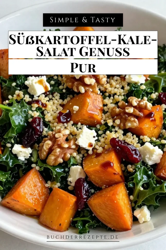 Entdecken Sie unser köstliches Rezept für gerösteten Süßkartoffel-Kale-Salat, der nicht nur gesund ist, sondern auch voller Geschmack steckt. Dieser gesunde Salat mit Süßkartoffeln und getrockneten Cranberries ist perfekt für ein leichtes Mittagessen oder eine Beilage. Kombiniert mit Quinoa und Feta ist es ein wunderbares veganes Quinoa-Salatrezept. Probieren Sie es aus und speichern Sie es für eine gesunde Mahlzeit! #Süßkartoffelsalat #Kale #VeganeRezepte #GesundeErnährung