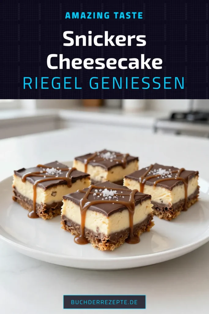 Entdecken Sie die köstlichen Snickers Cheesecake Riegel! Dieses einfache Cheesecake Riegel Rezept vereint den cremigen Genuss von Snickers mit der Einfachheit eines No-Bake Cheesecake. Perfekt, um Ihre Gäste zu beeindrucken oder einfach nur zu naschen. Folgen Sie unserem Schritt-für-Schritt-Rezept und genießen Sie ein traumhaftes Snickers Dessert! Speichern Sie sich dieses Rezept und teilen Sie es jetzt! #SnickersCheesecakeRiegel #SnickersDessertRezept #EinfacheCheesecakeRiegel #NoBakeCheesecakeRiegel