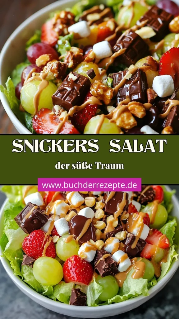 Entdecken Sie dieses köstliche Snickers Salat Rezept! Dieser erfrischende Nuss-Salat kombiniert grünen Blattsalat mit süßem Snickers, Trauben und Erdbeeren – perfekt für besondere Anlässe oder einfach als cremiger Erdnussbutter Salat. Mit einfachen Dessertsalat Ideen ist dieser Salat schnell zubereitet und begeistert jeden. Probieren Sie es aus und bringen Sie Farbe auf Ihren Tisch! #SnickersSalat #NussSalat #DessertSalat #Erdnussbutter