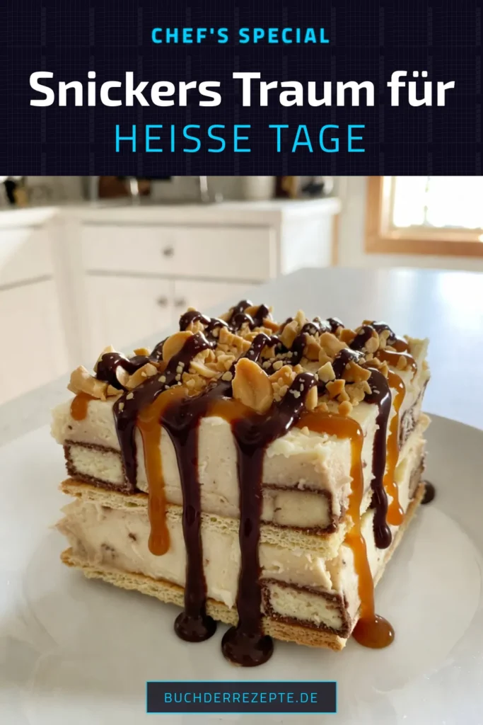Erleben Sie den köstlichen Snickers Eiskuchen, ein einfaches Rezept, das perfekt für jede Gelegenheit ist! Diese Kühlschrank Torte kombiniert die cremige Füllung aus Schlagsahne und Frischkäse mit knackigen Snickers und Honig-Graham-Crackern. Ideal für alle, die no-bake Kuchen lieben! Speichern Sie dieses einfache Dessertrezept und überraschen Sie Ihre Gäste. Jetzt ausprobieren! #SnickersEiskuchen #KühlschrankTorte #SnickersRezept #NoBakeKuchen