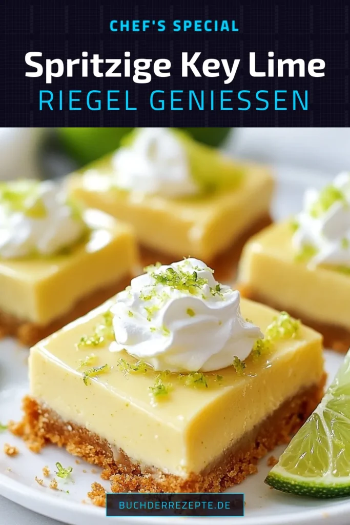 Entdecken Sie unser einfaches Dessert Rezept für spritzige Key Lime Pie Riegel, die Ihre Geschmacksnerven begeistern werden! Diese limetten Riegel sind der perfekte Abschluss für jede Mahlzeit. Mit frischen Zutaten und einem köstlichen Crunch sind sie ein Muss bei jeder Gelegenheit. Bereiten Sie sie einfach zu und beeindrucken Sie Ihre Gäste! Speichern Sie dieses Rezept für frische Dessert Ideen jetzt! #KeyLimePieRiegel #DessertRezept #Leckereien #Backen
