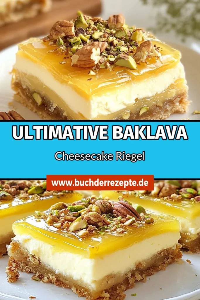 Entdecke unsere köstlichen Baklava Käsekuchen Riegel! Diese unwiderstehlichen Filoteig Desserts kombinieren die Cremigkeit eines griechischen Joghurt Käsekuchens mit dem crunchigen Nuss Dessert Rezept und süßem Honig. Perfekt für jede Gelegenheit und einfach zuzubereiten, werden sie deine Gäste begeistern! Probiere dieses Rezept aus und teile deine Ergebnisse! #BaklavaKäsekuchenRiegel #FiloteigDesserts #NussDessertRezept #HonigKäsekuchenBars