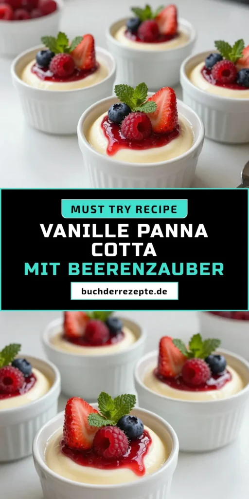 Entdecken Sie dieses köstliche Vanille-Bohnen Panna Cotta Rezept, das perfekt für Liebhaber italienischer Desserts ist. Mit einer samtigen Konsistenz und einer fruchtigen Beerensauce wird dieses Dessert mit Beeren zum Highlight jeder Feier. Probieren Sie unser einfaches Beerensauce Rezept und genießen Sie ein elegantes, selbstgemachtes Dessert! Speichern Sie das Rezept für Ihre nächste Dinnerparty! #DessertMitBeeren #PannaCottaRezept #VanilleBohnenPannaCotta #ItalienischesDessertRezept