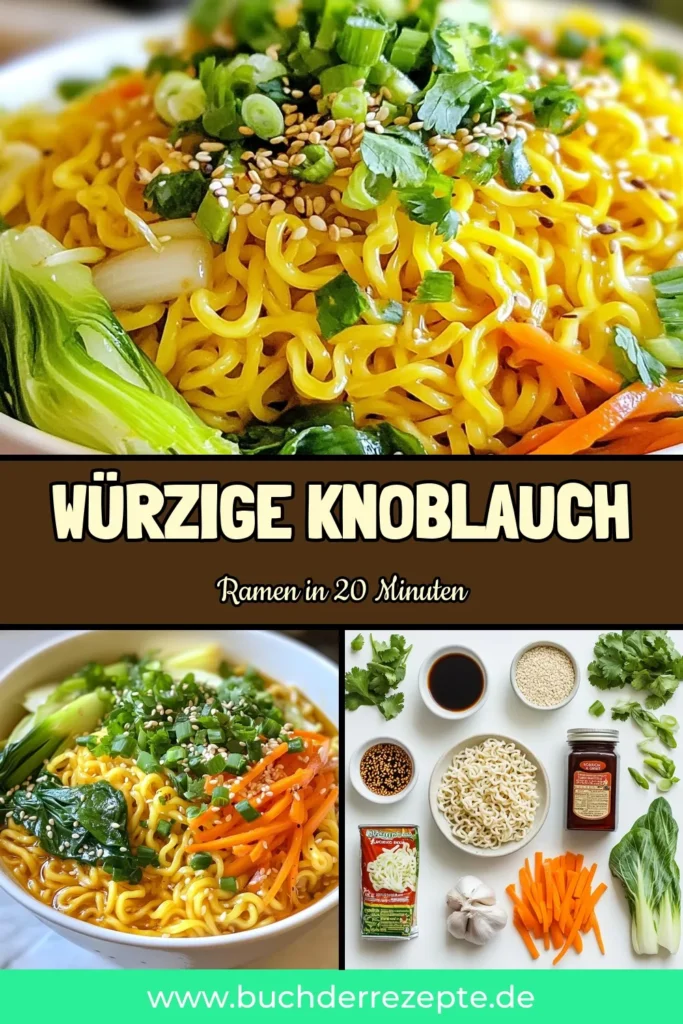Entdecke dieses köstliche Knoblauch Ramen Rezept für würzige Ramen Nudeln, die in nur 20 Minuten zubereitet sind! Ideal für eine schnelle Ramen mit Gemüse, die dich sättigt und begeistert. Mit frischem Ingwer und einer aromatischen Brühe, sind diese Ramen Nudeln selbstgemacht ein echter Genuss. Perfekt für alle, die asiatische Nudelsuppe Rezepte lieben! Lass dir dieses einfache Rezept nicht entgehen! #RamenRezept #Knoblauch #WürzigeNudeln #SchnellUndLecker