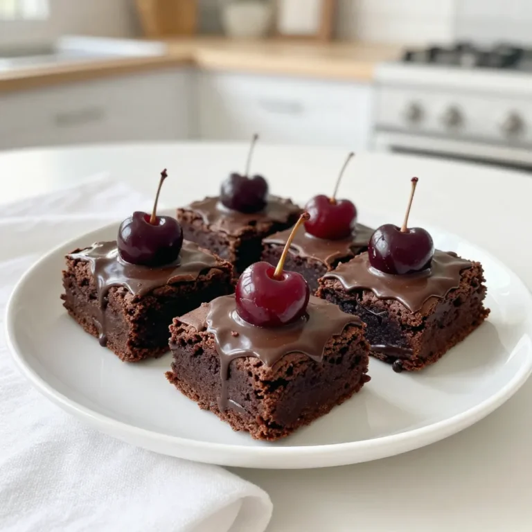Für köstliche Schokoladenüberzogene Kirschbrownies brauchst du: - 1 Tasse ungesalzene Butter (2 Sticks) - 2 Tassen Kristallzucker - 4 große Eier - 1 Teelöffel Vanilleextrakt - 1 Tasse Weizenmehl - 1 Tasse ungesüßtes Kakaopulver - 1/2 Teelöffel Salz - 1 Tasse halbherbe Schokoladenstückchen - 1 Tasse Kirschen, entkernt und halbiert (frisch oder gefroren) - 1 Tasse geschmolzene Zartbitterschokolade zum Überziehen der Kirschen - Optional: Schlagsahne zum Servieren Diese Zutaten bieten eine perfekte Balance von Süße und Schokolade. Die Kirschen geben einen frischen Geschmack. Wähle die besten Zutaten für dein Rezept. Hier sind einige Tipps: - Butter: Nutze hochwertige, ungesalzene Butter. Sie gibt den Brownies Geschmack und Textur. - Zucker: Kristallzucker sorgt für die richtige Süße. Brauner Zucker kann auch verwendet werden, um mehr Feuchtigkeit hinzuzufügen. - Eier: Frische Eier sind wichtig. Sie helfen, die Brownies fluffig zu machen. - Kakaopulver: Verwende ungesüßtes Kakaopulver für den besten Schokoladengeschmack. - Kirschen: Frische Kirschen sind ideal, aber gefrorene sind eine gute Alternative. Achte auf Qualität. Das macht einen großen Unterschied im Geschmack. Du kannst diese Brownies leicht anpassen. Hier sind einige Alternativen: - Glutenfrei: Ersetze das Weizenmehl durch glutenfreies Mehl. Es gibt viele gute Mischungen. - Vegan: Nutze pflanzliche Butter und Eierersatzprodukte wie Apfelmus oder Leinsamen. - Zuckerfrei: Verwende einen Zuckerersatz wie Stevia oder Erythrit, um die Süße zu regulieren. Diese Optionen ermöglichen dir, köstliche Brownies zu genießen, egal welche Diät du befolgst. {{ingredient_image_2}} Heize deinen Ofen auf 175 °C vor. Fette eine 23x33 cm große Backform ein. So bleibt der Teig nicht kleben. Du kannst auch Backpapier verwenden. Das macht das Herausnehmen der Brownies einfacher. Schmelze die Butter in einem mittelgroßen Topf bei niedriger Hitze. Nimm den Topf vom Herd und rühre den Kristallzucker gut unter. Lass die Mischung kurz abkühlen. Füge nun die Eier einzeln hinzu und verrühre sie gut. Gib den Vanilleextrakt dazu. In einer anderen Schüssel siebe das Mehl, Kakaopulver und Salz zusammen. Füge dann die trockenen Zutaten nach und nach zu den nassen Zutaten. Rühre nur so lange, bis alles vermischt ist. Zu langes Rühren macht die Brownies hart. Füge nun die Schokoladenstückchen und die halbierten Kirschen vorsichtig unter. Gieße den Teig in die vorbereitete Form. Backe die Brownies 25-30 Minuten lang. Prüfe mit einem Zahnstocher, ob sie fertig sind. Wenn der Zahnstocher mit ein paar feuchten Krümeln herauskommt, sind sie perfekt. Lass die Brownies etwa 10 Minuten in der Form abkühlen. Schneide sie dann in Quadrate. Dekoriere jedes Stück mit einer schokoladenüberzogenen Kirsche. So sehen sie toll aus und schmecken köstlich! Ein häufiger Fehler ist, die Zutaten zu lange zu mischen. Rühren Sie nur, bis alles feucht ist. Zu langes Mischen macht die Brownies zäh. Ein weiterer Fehler ist, die Brownies zu lange zu backen. Überprüfen Sie sie bei 25 Minuten. Wenn ein Zahnstocher mit ein paar Krümeln herauskommt, sind sie fertig. Lassen Sie die Brownies in der Form etwas abkühlen, bevor Sie sie schneiden. So bleiben sie saftig. Die ideale Temperatur für Brownies ist 175 °C. Diese Temperatur sorgt für gleichmäßiges Backen. Die Backzeit liegt zwischen 25 und 30 Minuten. Achten Sie darauf, einen Zahnstocher zu verwenden. Er sollte mit feuchten Krümeln herauskommen. Wenn er sauber herauskommt, sind die Brownies zu lange gebacken. Lassen Sie sie dann etwas abkühlen. Für das Topping schmelzen Sie Zartbitterschokolade in der Mikrowelle. Nutzen Sie 30-Sekunden-Intervalle und rühren Sie gut um. So wird die Schokolade glatt und glänzend. Tauchen Sie jede Kirschhälfte in die Schokolade. Lassen Sie die überschüssige Schokolade abtropfen. Legen Sie die Kirschen auf Backpapier, um sie fest werden zu lassen. So bleibt das Topping schön und lecker. Pro Tipps Butter schmelzen: Verwenden Sie eine niedrige Hitze, um die Butter gleichmäßig zu schmelzen, und rühren Sie sie kontinuierlich, um ein Anbrennen zu vermeiden. Eier richtig einarbeiten: Achten Sie darauf, die Eier einzeln hinzuzufügen und gut zu verquirlen, um eine gleichmäßige Konsistenz zu gewährleisten. Teig nicht übermixen: Falten Sie die trockenen Zutaten vorsichtig unter, um die Brownies schön saftig und zart zu halten. Schokolade temperieren: Temperieren Sie die Zartbitterschokolade gut, um ein glänzendes Finish zu erzielen und ein schnelles Festwerden zu fördern. {{image_4}} Glutenfreie Brownies sind einfach und lecker. Verwende glutenfreies Mehl anstelle von Weizenmehl. Achte darauf, dass die anderen Zutaten auch glutenfrei sind. Viele Marken bieten gute glutenfreie Alternativen. So kannst du die gleichen köstlichen Brownies genießen, ohne Gluten zu verwenden. Für vegane Brownies ersetze die Eier durch Apfelmus oder Leinsamen. Mische einen Esslöffel Leinsamen mit drei Esslöffeln Wasser. Lass es einige Minuten stehen, bis es gelartig wird. Außerdem kannst du pflanzliche Butter oder Kokosöl verwenden. Nutze vegane Schokolade für das Topping. So bleiben deine Brownies rein pflanzlich und dennoch schokoladig. Füge Nüsse für extra Crunch hinzu. Walnüsse oder Mandeln passen gut. Du kannst auch aromatisierte Schokolade verwenden, wie Minze oder Orange, für besonderen Geschmack. Experimentiere mit verschiedenen Toppings wie Kokosraspeln oder Karamell. So machst du die Brownies einzigartig und ansprechend. Um die besten Schokoladenüberzogenen Kirschbrownies zu lagern, lege sie in einen luftdichten Behälter. Das hält sie frisch und saftig. Du kannst sie bei Raumtemperatur aufbewahren. Wenn du sie für mehrere Tage lagern möchtest, lege sie in den Kühlschrank. Achte darauf, dass der Behälter gut verschlossen ist, um Feuchtigkeit zu vermeiden. Gebackene Brownies halten sich bei Raumtemperatur etwa 3 bis 4 Tage. Im Kühlschrank bleiben sie bis zu einer Woche frisch. Wenn du sie länger aufbewahren möchtest, ist das Einfrieren die beste Option. So bleiben Geschmack und Textur erhalten. Du kannst die Brownies problemlos einfrieren. Schneide sie in Portionen und lege sie in einen gefrierfesten Behälter. Trenne die Schichten mit Backpapier, damit sie nicht zusammenkleben. Zum Auftauen nimm sie einfach aus dem Gefrierfach und lasse sie bei Raumtemperatur stehen. Alternativ kannst du sie kurz in der Mikrowelle erwärmen. So schmecken sie fast wie frisch gebacken! Um deine Brownies schokoladiger zu machen, füge mehr Kakaopulver hinzu. Du kannst auch extra Schokoladenstückchen verwenden. Es ist einfach, die Menge in deinem Rezept zu erhöhen. Eine weitere Option ist, etwas geschmolzene Schokolade direkt in den Teig zu mischen. Diese kleinen Anpassungen bringen mehr Schokoladengeschmack in deine Brownies. Ja, du kannst die Kirschen durch andere Früchte ersetzen. Himbeeren, Erdbeeren oder sogar Bananen sind gute Alternativen. Achte darauf, dass die Früchte gut zum Schokoladengeschmack passen. Frische oder gefrorene Früchte funktionieren gut. Experimentiere mit verschiedenen Früchten, um deinen eigenen Lieblingsgeschmack zu finden. Um die Brownies glutenfrei zu machen, ersetze das Weizenmehl durch eine glutenfreie Mehlmischung. Diese Mischungen sind in vielen Geschäften erhältlich. Achte darauf, dass die Mischung für Backwaren geeignet ist. So bleibt die Textur der Brownies gut. Auch hier kannst du weitere Anpassungen vornehmen, um den besten Geschmack zu erreichen. Diese Anleitung zu schokoladenüberzogenen Kirschbrownies zeigt, wie einfach es ist. Wir haben die Hauptzutaten besprochen und Tipps gegeben, um die besten auszuwählen. Schritt für Schritt haben wir die Zubereitung klar erklärt. Ich habe Fehler beim Brownies machen und deren Vermeidung sowie Lagerung behandelt. Experimentiere mit Variationen für mehr Geschmack. Mit diesen Infos schaffst du gesunde Brownies. Probier es aus und genieße!