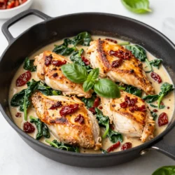 Für das Sonnengetrocknete Tomaten-Hähnchen benötigst du: - 4 Hähnchenbrustfilets, ohne Haut und Knochen - 1 Tasse in Öl eingelegte, sonnengetrocknete Tomaten, abgetropft und grob gehackt - 1 Tasse frischer Spinat, grob gehackt - 1/2 Tasse Hühnerbrühe - 1/2 Tasse frische Sahne - 3 Knoblauchzehen, fein gehackt - 1 Teelöffel getrockneter Oregano - 1 Teelöffel getrocknetes Basilikum - Salz und Pfeffer nach Geschmack - 2 Esslöffel Olivenöl - Frische Basilikumblätter zum Garnieren Die Gewürze geben dem Gericht den besonderen Kick. Oregano und Basilikum sind klassisch und harmonieren gut mit dem Hähnchen und den Tomaten. Achte darauf, frischen Knoblauch zu verwenden, da er den besten Geschmack bringt. Salz und Pfeffer sind wichtig, um das Gericht zu würzen. Die Kombination der Gewürze sorgt für ein ausgewogenes Aroma. Wähle frische Hähnchenbrustfilets aus. Achte darauf, dass sie rosa und saftig sind. Bei den sonnengetrockneten Tomaten wähle solche, die in Öl eingelegt sind. Sie haben mehr Geschmack und eine bessere Textur. Der Spinat sollte knackig und frisch sein. Vermeide welke oder vergilbte Blätter. Frische Sahne macht die Sauce cremig und reichhaltig. Achte darauf, die besten Zutaten zu wählen, um dein Gericht zu verbessern. {{ingredient_image_2}} Zuerst benötigst du vier Hähnchenbrustfilets. Diese sollten haut- und knochenfrei sein. Nimm sie und würze sie gut. Nutze Salz, Pfeffer, Oregano und Basilikum. So bekommt das Hähnchen einen tollen Geschmack. Erhitze zwei Esslöffel Olivenöl in einer großen Pfanne. Die Hitze sollte mittel bis hoch sein. Wenn das Öl heiß ist, lege das Hähnchen in die Pfanne. Brate es etwa sechs bis sieben Minuten auf jeder Seite. Achte darauf, dass das Hähnchen goldbraun und durchgegart ist. Die innere Temperatur sollte 75°C erreichen. Nimm das Hähnchen danach aus der Pfanne und lege es warm auf einen Teller. Gib drei fein gehackte Knoblauchzehen in die Pfanne. Brate den Knoblauch für etwa 30 Sekunden an. Er wird schnell aromatisch. Füge dann die in Öl eingelegten, grob gehackten sonnengetrockneten Tomaten hinzu. Lass sie zwei Minuten mit dem Knoblauch vermischen. Danach gieße eine halbe Tasse Hühnerbrühe hinein. Kratze die angebratenen Reste vom Boden ab. Lass die Brühe zwei bis drei Minuten köcheln. Füge nun eine halbe Tasse frische Sahne hinzu. Rühre gut um, bis alles vermischt ist. Lass die Sauce zwei Minuten köcheln, bis sie leicht eindickt. Gib das gebratene Hähnchen zurück in die Pfanne. Füge auch einen Becher grob gehackten frischen Spinat hinzu. Decke die Pfanne ab und lasse alles zwei bis drei Minuten garen. Der Spinat wird schnell zusammenfallen. Schmecke die Sauce ab. Passe die Würze mit Salz und Pfeffer an. Serviere das Hähnchen heiß. Beträufle es mit der cremigen Sauce und garniere es mit frischen Basilikumblättern. Ein häufiger Fehler ist, das Hähnchen zu lange zu braten. Achte darauf, dass die Hähnchenbrustfilets goldbraun sind, aber nicht austrocknen. Die Innentemperatur sollte 75°C erreichen. Wenn du das Hähnchen nach dem Braten auf einen Teller legst, decke es mit Folie ab. Dadurch bleibt es warm und saftig. Für eine großartige Sauce musst du die Hühnerbrühe gut reduzieren. Lass sie für 2-3 Minuten köcheln, bevor du die Sahne hinzufügst. Das gibt der Sauce mehr Geschmack. Rühre die Sahne ein, bis alles gut vermischt ist. Wenn du die Sauce dicker möchtest, lasse sie länger köcheln. Vergiss nicht, die Sauce am Ende abzuschmecken! Um Zeit zu sparen, schneide alle Zutaten vor dem Kochen. Bereite das Hähnchen und die Tomaten während der Wartezeit vor. Während das Hähnchen brät, kannst du den Knoblauch und den Spinat vorbereiten. Diese Schritte helfen dir, die Gesamtzeit im Blick zu behalten und das Gericht schnell zu genießen. Pro Tipps Hähnchen marinieren: Lasse die Hähnchenbrustfilets vor dem Braten mindestens 30 Minuten in einer Marinade aus Olivenöl, Zitronensaft und Gewürzen ziehen, um den Geschmack zu intensivieren. Frische Kräuter verwenden: Für ein noch intensiveres Aroma kannst du frische Kräuter wie Basilikum und Oregano anstelle von getrockneten verwenden. Füge sie am Ende der Garzeit hinzu, um ihren Geschmack zu bewahren. Die Sauce anpassen: Wenn du es cremiger magst, erhöhe die Menge an Sahne oder füge einen Schuss Frischkäse hinzu, um die Konsistenz der Sauce zu verfeinern. Gemüsevariationen: Ergänze das Gericht mit anderen Gemüsesorten wie Zucchini oder Paprika, um zusätzliche Farb- und Geschmacksnuancen zu erzielen. {{image_4}} Wenn du eine vegane oder vegetarische Version machen möchtest, ersetze das Hähnchen. Nutze stattdessen Tofu oder Tempeh. Diese Proteine sind großartig in der Pfanne. Mariniere sie mit den gleichen Gewürzen, um den Geschmack zu verstärken. Auch Kichererbsen sind eine tolle Option. Sie bieten eine gute Textur und viel Protein. Du kannst viele Gemüsesorten verwenden, um das Gericht anzupassen. Zucchini, Paprika oder Brokkoli passen gut dazu. Diese Gemüse bringen Farbe und Geschmack. Füge sie einfach in der gleichen Phase wie den Spinat hinzu. Sie brauchen etwas mehr Zeit zum Garen, also achte darauf. Falls du kein Hähnchen magst, probiere andere Proteine. Pute ist eine gute Wahl für einen ähnlichen Geschmack. Auch Garnelen sind lecker in dieser Sauce. Sie kochen schnell und nehmen die Aromen gut auf. Du kannst sogar Lachs verwenden, um einen anderen Twist zu geben. Wenn du Reste von der Sonnengetrockneten Tomaten-Hähnchen-Pfanne hast, kannst du sie einfrieren. - Lass das Gericht zuerst auf Raumtemperatur abkühlen. - Teile es in Portionen auf. - Verwende luftdichte Behälter oder Gefrierbeutel. - Achte darauf, die Luft herauszudrücken, bevor du sie verschließt. So bleibt der Geschmack erhalten, und du kannst es bis zu drei Monate lagern. Um die Pfanne im Kühlschrank aufzubewahren, geh so vor: - Lass das Gericht ebenfalls abkühlen. - Fülle es in einen luftdichten Behälter. - Du kannst es bis zu vier Tage im Kühlschrank lassen. Vor dem Servieren, prüfe den Geruch und die Konsistenz. Das Aufwärmen ist einfach und schnell. - Mikrowelle: Stelle die Portion in eine Schüssel. Decke sie mit einem feuchten Papiertuch ab und erhitze sie in 1-2 Minuten. - Herd: Erhitze eine Pfanne bei mittlerer Hitze. Füge etwas Wasser oder Brühe hinzu, damit es nicht austrocknet. Rühre gut um und erwärme es für 5-7 Minuten. Achte darauf, dass das Hähnchen eine Temperatur von 75°C erreicht, bevor du es servierst. Um die Kochzeit zu verkürzen, schneide die Hähnchenbrustfilets in kleinere Stücke. Kleinere Stücke garen schneller. Außerdem kannst du das Hähnchen vorher anbraten und dann im Ofen fertig garen. Stelle den Ofen auf 180°C und gare es für 15-20 Minuten. Achte darauf, dass die Innentemperatur 75°C erreicht. Ja, du kannst frische Tomaten verwenden, aber der Geschmack wird anders sein. Frische Tomaten sind saftig und weniger intensiv. Du kannst sie klein schneiden und mit dem Knoblauch anbraten. Füge etwas mehr Gewürze hinzu, um den fehlenden Geschmack auszugleichen. Denke daran, dass frische Tomaten mehr Flüssigkeit abgeben. Vielleicht musst du die Hühnerbrühe reduzieren. Zu dieser Hähnchenpfanne passen viele Beilagen gut. Hier sind einige Ideen: - Reis oder Quinoa - Nudeln, besonders mit Pesto - Ein frischer grüner Salat - Knoblauchbrot - Gedämpftes Gemüse, wie Brokkoli oder grüne Bohnen Diese Beilagen ergänzen das Gericht und machen es noch schmackhafter. In diesem Artikel haben wir die besten Zutaten, die Zubereitung und wertvolle Tipps behandelt. Du hast erfahren, wie man häufige Fehler vermeidet und die Sauce perfektioniert. Es gibt auch leckere Varianten für Veganer und Vegetarier. Denke daran, wie wichtig die richtige Lagerung ist, um dein Gericht frisch zu halten. Experimentiere mit den Tipps, die du gelernt hast, und genieße deine Kochkünste. Mit diesen Infos bist du gut gerüstet für deine nächste Küche. Viel Spaß beim Kochen!