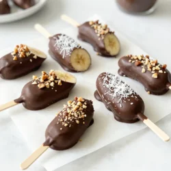 Für diese leckeren Schokoladenüberzogenen Bananenlutscher brauchst du: - 2 reife Bananen - 1 Tasse halbsüße Schokoladenstückchen - 1 Esslöffel Kokosöl - 1/2 Tasse gehackte Nüsse (z.B. Mandeln, Walnüsse oder Pekannüsse) - 1/4 Tasse ungesüßte Kokosraspel - Lutscher-Sticks Jede Zutat spielt eine wichtige Rolle. Die Bananen geben Süße und Frische. Schokolade sorgt für einen reichen Geschmack. Kokosöl macht die Schokolade schön glatt. Nüsse und Kokosraspel bringen Crunch und zusätzlichen Geschmack. Du kannst kreativ werden mit den Toppings! Nüsse und Kokosraspel sind tolle Optionen. - Nüsse: Sie geben einen nussigen Geschmack. Mandeln, Walnüsse oder Pekannüsse sind perfekt. - Kokosraspel: Sie bringen einen exotischen Touch. Der Geschmack von Kokos passt gut zu Bananen. Du kannst auch andere Toppings ausprobieren, wie bunte Streusel oder gehackte Schokolade. Wähle die Bananen mit Bedacht aus. Sie sollten reif, aber nicht zu weich sein. - Achte auf eine gelbe Farbe mit kleinen braunen Flecken. Diese Bananen sind süß und perfekt für das Rezept. - Vermeide grüne oder sehr braune Bananen. Grüne sind zu fest und braune sind oft matschig. Mit diesen Tipps hast du die besten Bananen für deine Lutscher! {{ingredient_image_2}} Zuerst schälen Sie die reifen Bananen. Diese Bananen sorgen für den besten Geschmack. Schneiden Sie die Bananen in der Mitte durch. Stecken Sie einen Lutscher-Stick in die abgeschnittenen Enden. So entsteht ein stabiler Lutscher. Legen Sie die Bananenlutscher auf ein Backblech mit Backpapier. Jetzt frieren Sie sie für etwa 1 Stunde ein. Das macht die Bananen fest und bereit für die Schokolade. In einer mikrowellenfesten Schüssel geben Sie die halbsüßen Schokoladenstückchen und das Kokosöl. Das Kokosöl hilft, die Schokolade cremig zu machen. Stellen Sie die Schüssel in die Mikrowelle. Erhitzen Sie die Mischung in 30-Sekunden-Intervallen. Rühren Sie zwischendurch um. So vermeiden Sie verbrannte Schokolade. Warten Sie, bis die Mischung glatt und vollständig geschmolzen ist. Nehmen Sie die gefrorenen Bananenlutscher aus dem Gefrierfach. Tauchen Sie jeden Lutscher in die geschmolzene Schokolade. Achten Sie darauf, dass die Bananen vollständig bedeckt sind. Dies sorgt für einen leckeren Schokoladengeschmack. Rollen Sie die schokoladenüberzogenen Lutscher in gehackten Nüssen oder Kokosraspeln. Diese Toppings bringen mehr Textur und Geschmack. Legen Sie die Lutscher zurück auf das Backblech. Wiederholen Sie den Vorgang mit allen Lutschern. Stellen Sie das Blech erneut für 30 Minuten in den Gefrierschrank. So wird die Schokolade fest. Servieren Sie die Bananenlutscher gefroren oder lassen Sie sie kurz antauen. Genießen Sie diese leckere Süßigkeit! Um Schokolade perfekt zu schmelzen, benutze eine mikrowellenfeste Schüssel. Füge die Schokoladenstückchen und das Kokosöl hinzu. Erhitze die Mischung in 30-Sekunden-Intervallen. Rühre die Schokolade nach jedem Intervall um. So wird sie gleichmäßig schmelzen. Achte darauf, dass die Schokolade nicht zu heiß wird. Eine sanfte Hitze bewahrt den Geschmack. Klumpen in der Schokolade sind ärgerlich. Um dies zu verhindern, achte darauf, dass die Schüssel ganz trocken ist. Feuchtigkeit kann die Schokolade klumpig machen. Wenn du Klumpen entdeckst, rühre kräftig. Manchmal hilft es, ein wenig mehr Kokosöl hinzuzufügen. Dies sorgt für eine glatte Textur. Für die Garnitur gibt es viele Optionen. Du kannst gehackte Nüsse verwenden, wie Mandeln oder Walnüsse. Diese geben zusätzlichen Crunch. Ungesüßte Kokosraspel passen auch gut dazu. Sie fügen eine süße Note hinzu. Du kannst auch bunte Streusel oder getrocknete Früchte ausprobieren. Sei kreativ und finde deine Lieblingstoppings! Pro Tipps Wählen Sie reife Bananen: Je reifer die Bananen, desto süßer und geschmackvoller sind sie. Achten Sie darauf, dass sie keine braunen Flecken haben, um den besten Geschmack zu erzielen. Schokolade temperieren: Um ein glänzendes Finish zu erhalten, können Sie die Schokolade temperieren. Dadurch wird sie beim Abkühlen knuspriger und bleibt länger frisch. Variationen ausprobieren: Experimentieren Sie mit verschiedenen Toppings wie gehackten Keksen, Müsli oder getrockneten Früchten für eine interessante Geschmacksvielfalt. Einweichen für mehr Geschmack: Tauchen Sie die Bananenlutscher vor dem Überziehen in etwas Honig oder Erdnussbutter, um zusätzlichen Geschmack zu verleihen und die Toppings besser haften zu lassen. {{image_4}} Du kannst verschiedene Schokoladensorten für deine Bananenlutscher ausprobieren. Dunkle Schokolade gibt einen reichen Geschmack. Milchschokolade ist süß und cremig. Weiße Schokolade hat einen milden, süßen Geschmack. Du kannst auch vegane Schokolade nutzen, wenn du eine pflanzenbasierte Option möchtest. Jede Schokolade bringt einen anderen Geschmack. Experimentiere mit verschiedenen Sorten, um deinen Favoriten zu finden. Mach deine Lutscher noch leckerer mit zusätzlichen Toppings. Du kannst gehackte Nüsse wie Mandeln, Walnüsse oder Pekannüsse verwenden. Sie geben einen tollen Crunch. Ungesüßte Kokosraspel sind ebenfalls eine gute Wahl. Für mehr Süße kannst du bunte Streusel oder gefriergetrocknete Früchte verwenden. Probiere auch Kakaopulver oder Zimt für einen besonderen Touch. Die Möglichkeit, Toppings zu wählen, macht jeden Lutscher einzigartig. Wenn du gesunde Alternativen möchtest, gibt es viele Möglichkeiten. Du kannst Zartbitterschokolade mit hohem Kakaoanteil nutzen. Diese hat weniger Zucker und mehr Antioxidantien. Für Low-Carb Optionen, probiere zuckerfreie Schokolade. Diese hat den gleichen Geschmack, aber weniger Kohlenhydrate. Du kannst auch die Bananen durch Erdbeeren oder andere Früchte ersetzen. So erhältst du leckere Lutscher, die gut für dich sind. Um die Schokoladenüberzogenen Bananenlutscher frisch zu halten, solltest du sie im Gefrierschrank lagern. Das kältere Klima hilft, die Textur der Schokolade und die Bananen zu bewahren. Verwende einen luftdichten Behälter oder wickele sie in Frischhaltefolie. So bleibt auch der Geschmack erhalten. Die Haltbarkeit dieser Lutscher ist beeindruckend. Du kannst sie bis zu zwei Monate im Gefrierschrank aufbewahren. Achte darauf, dass die Lutscher gut verpackt sind. So vermeiden sie Gefrierbrand und bleiben lecker. Wenn du sie länger lagerst, achte auf die Qualität der Schokolade und der Bananen. Hast du noch Schokolade oder Nüsse übrig? Nutze sie kreativ! Du kannst die Schokolade für andere Desserts verwenden. Zum Beispiel, für Schokoladendip oder zum Backen. Die Nüsse sind perfekt für Müsli oder Joghurt. So vermeidest du Verschwendung und zauberst neue Leckereien. Schokoladenüberzogene Bananenlutscher halten sich gut im Gefrierschrank. Sie bleiben bis zu zwei Monate frisch. Verpacken Sie sie in einem luftdichten Behälter. So bleibt die Schokolade knusprig. Wenn Sie sie im Kühlschrank aufbewahren, essen Sie sie innerhalb einer Woche. Sie verlieren schneller ihre Textur und Frische. Ja, Sie können viele Früchte verwenden. Erdbeeren, Ananas oder Äpfel sind tolle Alternativen. Schneiden Sie die Früchte in Stücke, die gut auf einen Lutscher-Stick passen. Jedes Stück sollte stabil genug sein, um die Schokolade zu halten. Experimentieren Sie mit verschiedenen Früchten. Das macht die Lutscher spannend und lecker. Kokosöl hilft, die Schokolade geschmeidig zu machen. Es sorgt dafür, dass die Schokolade gleichmäßig schmilzt und besser haftet. Wenn Sie kein Kokosöl haben, können Sie es weglassen. Die Lutscher schmecken auch ohne gut. Sie können stattdessen auch ein anderes Pflanzenöl verwenden, aber der Geschmack wird leicht anders sein. Schokoladenüberzogene Bananenlutscher sind einfach und lecker. Wir haben die Zutaten, die Anleitung und viele Tipps besprochen. Zum Beispiel, wie man perfekte Schokolade schmilzt und köstliche Variationen ausprobiert. Diese Lutscher sind ein toller Snack für jeden Anlass. Du kannst sie leicht anpassen und aufbewahren. Probiere sie aus und teile sie mit Freunden. So machst du jeden Tag ein wenig süßer!