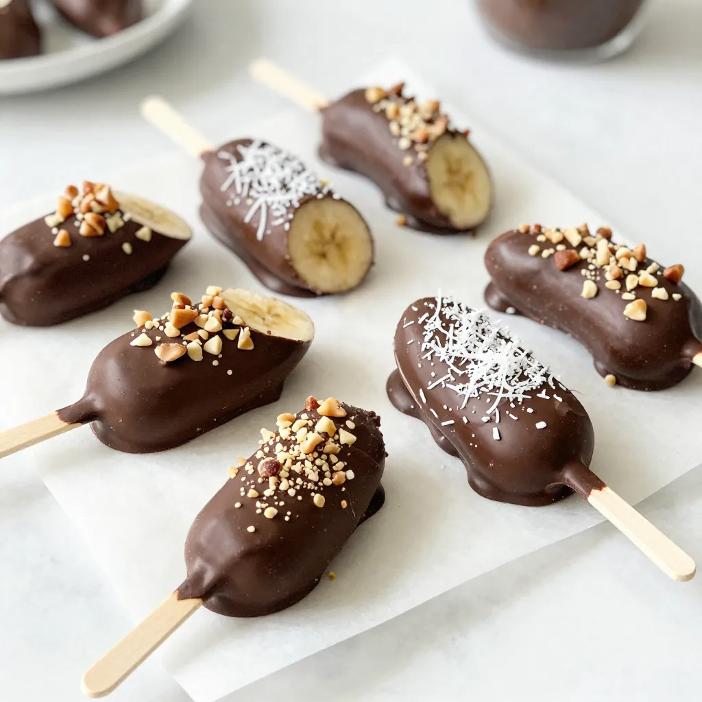 Für diese leckeren Schokoladenüberzogenen Bananenlutscher brauchst du: - 2 reife Bananen - 1 Tasse halbsüße Schokoladenstückchen - 1 Esslöffel Kokosöl - 1/2 Tasse gehackte Nüsse (z.B. Mandeln, Walnüsse oder Pekannüsse) - 1/4 Tasse ungesüßte Kokosraspel - Lutscher-Sticks Jede Zutat spielt eine wichtige Rolle. Die Bananen geben Süße und Frische. Schokolade sorgt für einen reichen Geschmack. Kokosöl macht die Schokolade schön glatt. Nüsse und Kokosraspel bringen Crunch und zusätzlichen Geschmack. Du kannst kreativ werden mit den Toppings! Nüsse und Kokosraspel sind tolle Optionen. - Nüsse: Sie geben einen nussigen Geschmack. Mandeln, Walnüsse oder Pekannüsse sind perfekt. - Kokosraspel: Sie bringen einen exotischen Touch. Der Geschmack von Kokos passt gut zu Bananen. Du kannst auch andere Toppings ausprobieren, wie bunte Streusel oder gehackte Schokolade. Wähle die Bananen mit Bedacht aus. Sie sollten reif, aber nicht zu weich sein. - Achte auf eine gelbe Farbe mit kleinen braunen Flecken. Diese Bananen sind süß und perfekt für das Rezept. - Vermeide grüne oder sehr braune Bananen. Grüne sind zu fest und braune sind oft matschig. Mit diesen Tipps hast du die besten Bananen für deine Lutscher! {{ingredient_image_2}} Zuerst schälen Sie die reifen Bananen. Diese Bananen sorgen für den besten Geschmack. Schneiden Sie die Bananen in der Mitte durch. Stecken Sie einen Lutscher-Stick in die abgeschnittenen Enden. So entsteht ein stabiler Lutscher. Legen Sie die Bananenlutscher auf ein Backblech mit Backpapier. Jetzt frieren Sie sie für etwa 1 Stunde ein. Das macht die Bananen fest und bereit für die Schokolade. In einer mikrowellenfesten Schüssel geben Sie die halbsüßen Schokoladenstückchen und das Kokosöl. Das Kokosöl hilft, die Schokolade cremig zu machen. Stellen Sie die Schüssel in die Mikrowelle. Erhitzen Sie die Mischung in 30-Sekunden-Intervallen. Rühren Sie zwischendurch um. So vermeiden Sie verbrannte Schokolade. Warten Sie, bis die Mischung glatt und vollständig geschmolzen ist. Nehmen Sie die gefrorenen Bananenlutscher aus dem Gefrierfach. Tauchen Sie jeden Lutscher in die geschmolzene Schokolade. Achten Sie darauf, dass die Bananen vollständig bedeckt sind. Dies sorgt für einen leckeren Schokoladengeschmack. Rollen Sie die schokoladenüberzogenen Lutscher in gehackten Nüssen oder Kokosraspeln. Diese Toppings bringen mehr Textur und Geschmack. Legen Sie die Lutscher zurück auf das Backblech. Wiederholen Sie den Vorgang mit allen Lutschern. Stellen Sie das Blech erneut für 30 Minuten in den Gefrierschrank. So wird die Schokolade fest. Servieren Sie die Bananenlutscher gefroren oder lassen Sie sie kurz antauen. Genießen Sie diese leckere Süßigkeit! Um Schokolade perfekt zu schmelzen, benutze eine mikrowellenfeste Schüssel. Füge die Schokoladenstückchen und das Kokosöl hinzu. Erhitze die Mischung in 30-Sekunden-Intervallen. Rühre die Schokolade nach jedem Intervall um. So wird sie gleichmäßig schmelzen. Achte darauf, dass die Schokolade nicht zu heiß wird. Eine sanfte Hitze bewahrt den Geschmack. Klumpen in der Schokolade sind ärgerlich. Um dies zu verhindern, achte darauf, dass die Schüssel ganz trocken ist. Feuchtigkeit kann die Schokolade klumpig machen. Wenn du Klumpen entdeckst, rühre kräftig. Manchmal hilft es, ein wenig mehr Kokosöl hinzuzufügen. Dies sorgt für eine glatte Textur. Für die Garnitur gibt es viele Optionen. Du kannst gehackte Nüsse verwenden, wie Mandeln oder Walnüsse. Diese geben zusätzlichen Crunch. Ungesüßte Kokosraspel passen auch gut dazu. Sie fügen eine süße Note hinzu. Du kannst auch bunte Streusel oder getrocknete Früchte ausprobieren. Sei kreativ und finde deine Lieblingstoppings! Pro Tipps Wählen Sie reife Bananen: Je reifer die Bananen, desto süßer und geschmackvoller sind sie. Achten Sie darauf, dass sie keine braunen Flecken haben, um den besten Geschmack zu erzielen. Schokolade temperieren: Um ein glänzendes Finish zu erhalten, können Sie die Schokolade temperieren. Dadurch wird sie beim Abkühlen knuspriger und bleibt länger frisch. Variationen ausprobieren: Experimentieren Sie mit verschiedenen Toppings wie gehackten Keksen, Müsli oder getrockneten Früchten für eine interessante Geschmacksvielfalt. Einweichen für mehr Geschmack: Tauchen Sie die Bananenlutscher vor dem Überziehen in etwas Honig oder Erdnussbutter, um zusätzlichen Geschmack zu verleihen und die Toppings besser haften zu lassen. {{image_4}} Du kannst verschiedene Schokoladensorten für deine Bananenlutscher ausprobieren. Dunkle Schokolade gibt einen reichen Geschmack. Milchschokolade ist süß und cremig. Weiße Schokolade hat einen milden, süßen Geschmack. Du kannst auch vegane Schokolade nutzen, wenn du eine pflanzenbasierte Option möchtest. Jede Schokolade bringt einen anderen Geschmack. Experimentiere mit verschiedenen Sorten, um deinen Favoriten zu finden. Mach deine Lutscher noch leckerer mit zusätzlichen Toppings. Du kannst gehackte Nüsse wie Mandeln, Walnüsse oder Pekannüsse verwenden. Sie geben einen tollen Crunch. Ungesüßte Kokosraspel sind ebenfalls eine gute Wahl. Für mehr Süße kannst du bunte Streusel oder gefriergetrocknete Früchte verwenden. Probiere auch Kakaopulver oder Zimt für einen besonderen Touch. Die Möglichkeit, Toppings zu wählen, macht jeden Lutscher einzigartig. Wenn du gesunde Alternativen möchtest, gibt es viele Möglichkeiten. Du kannst Zartbitterschokolade mit hohem Kakaoanteil nutzen. Diese hat weniger Zucker und mehr Antioxidantien. Für Low-Carb Optionen, probiere zuckerfreie Schokolade. Diese hat den gleichen Geschmack, aber weniger Kohlenhydrate. Du kannst auch die Bananen durch Erdbeeren oder andere Früchte ersetzen. So erhältst du leckere Lutscher, die gut für dich sind. Um die Schokoladenüberzogenen Bananenlutscher frisch zu halten, solltest du sie im Gefrierschrank lagern. Das kältere Klima hilft, die Textur der Schokolade und die Bananen zu bewahren. Verwende einen luftdichten Behälter oder wickele sie in Frischhaltefolie. So bleibt auch der Geschmack erhalten. Die Haltbarkeit dieser Lutscher ist beeindruckend. Du kannst sie bis zu zwei Monate im Gefrierschrank aufbewahren. Achte darauf, dass die Lutscher gut verpackt sind. So vermeiden sie Gefrierbrand und bleiben lecker. Wenn du sie länger lagerst, achte auf die Qualität der Schokolade und der Bananen. Hast du noch Schokolade oder Nüsse übrig? Nutze sie kreativ! Du kannst die Schokolade für andere Desserts verwenden. Zum Beispiel, für Schokoladendip oder zum Backen. Die Nüsse sind perfekt für Müsli oder Joghurt. So vermeidest du Verschwendung und zauberst neue Leckereien. Schokoladenüberzogene Bananenlutscher halten sich gut im Gefrierschrank. Sie bleiben bis zu zwei Monate frisch. Verpacken Sie sie in einem luftdichten Behälter. So bleibt die Schokolade knusprig. Wenn Sie sie im Kühlschrank aufbewahren, essen Sie sie innerhalb einer Woche. Sie verlieren schneller ihre Textur und Frische. Ja, Sie können viele Früchte verwenden. Erdbeeren, Ananas oder Äpfel sind tolle Alternativen. Schneiden Sie die Früchte in Stücke, die gut auf einen Lutscher-Stick passen. Jedes Stück sollte stabil genug sein, um die Schokolade zu halten. Experimentieren Sie mit verschiedenen Früchten. Das macht die Lutscher spannend und lecker. Kokosöl hilft, die Schokolade geschmeidig zu machen. Es sorgt dafür, dass die Schokolade gleichmäßig schmilzt und besser haftet. Wenn Sie kein Kokosöl haben, können Sie es weglassen. Die Lutscher schmecken auch ohne gut. Sie können stattdessen auch ein anderes Pflanzenöl verwenden, aber der Geschmack wird leicht anders sein. Schokoladenüberzogene Bananenlutscher sind einfach und lecker. Wir haben die Zutaten, die Anleitung und viele Tipps besprochen. Zum Beispiel, wie man perfekte Schokolade schmilzt und köstliche Variationen ausprobiert. Diese Lutscher sind ein toller Snack für jeden Anlass. Du kannst sie leicht anpassen und aufbewahren. Probiere sie aus und teile sie mit Freunden. So machst du jeden Tag ein wenig süßer!