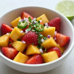 - 1 Tasse Erdbeeren, geputzt und gewürfelt - 1 Tasse Mango, geschält und gewürfelt - 1/2 rote Zwiebel, fein gehackt Die Hauptzutaten sind die Stars dieser Salsa. Erdbeeren bringen Süße. Mango fügt eine tropische Note hinzu. Rote Zwiebel gibt einen schönen Crunch. Diese Kombination macht die Salsa frisch und lebhaft. - 1 Jalapeño, entkernt und fein gehackt - 1/4 Tasse frischer Koriander, gehackt - Saft von 1 Limette Die Jalapeño bringt eine angenehme Schärfe. Du kannst die Menge anpassen, um die Schärfe zu steuern. Der frische Koriander fügt ein tolles Aroma hinzu. Der Limettensaft gibt der Salsa eine spritzige Frische. Diese Zutaten machen die Salsa wirklich besonders. - Salz nach Geschmack Salz ist wichtig, um die Aromen zu verstärken. Du kannst es nach Belieben hinzufügen. Es hilft, die Süße von Erdbeeren und Mango hervorzuheben. Ein wenig Salz macht einen großen Unterschied. Diese Zutaten vereinen sich zu einer köstlichen Salsa. Sie ist perfekt für Partys oder entspannte Abende. {{ingredient_image_2}} - 1 Tasse Erdbeeren, geputzt und gewürfelt - 1 Tasse Mango, geschält und gewürfelt - 1/2 rote Zwiebel, fein gehackt - 1 Jalapeño, entkernt und fein gehackt - 1/4 Tasse frischer Koriander, gehackt - Saft von 1 Limette - Salz nach Geschmack Die Vorbereitung der Zutaten ist einfach. Beginne mit den Erdbeeren und der Mango. Wasche die Erdbeeren gut und schneide sie klein. Schäle die Mango und würfle sie. Diese beiden Früchte geben der Salsa ihren frischen Geschmack. Hacke die rote Zwiebel fein. Wenn du es würziger magst, nimm eine Jalapeño. Entferne die Kerne und hacke sie gut. Sei vorsichtig mit der Menge, um die Schärfe zu steuern. Den Koriander hackst du ebenfalls klein. Beginne mit den ersten Mischschritten. Nimm eine mittelgroße Rührschüssel. Gib die gewürfelten Erdbeeren und Mango in die Schüssel. Mische sie vorsichtig, damit sie nicht zerdrückt werden. Füge die gehackte Zwiebel und die Jalapeño hinzu. Vermenge alles gut. Jetzt kommt die Aromatisierung. Hebe den frischen Koriander unter die Mischung. Presse den Saft einer Limette über die Zutaten. Das gibt Frische und hilft, die Aromen zu verbinden. Würze mit Salz nach Geschmack. Mische alles behutsam, damit die Früchte ganz bleiben. Lass die Salsa etwa 10 Minuten ruhen. Diese Zeit hilft den Aromen, sich zu entfalten. Dadurch wird die Salsa noch köstlicher. Serviere sie in einer bunten Schüssel. Eine Garnitur mit frischem Koriander und einem Limettenstück macht das Gericht schön. Erdbeer-Mango-Salsa ist perfekt als Dip oder als Beilage. Sie wird deine Gäste beeindrucken! - Zutaten frisch verwenden: Frische Zutaten machen einen großen Unterschied. Wählen Sie reife Erdbeeren und saftige Mangos. Das sorgt für einen tollen Geschmack. - Schärfe anpassen: Mögen Sie es scharf? Fügen Sie mehr Jalapeño hinzu. Für eine mildere Salsa lassen Sie die Samen weg oder verwenden Sie weniger. - Übermischen der Zutaten: Seien Sie vorsichtig beim Mischen. Wenn Sie die Zutaten zu stark vermengen, zerdrücken die Früchte. Das macht die Salsa matschig. Mischen Sie sanft, um die Textur zu bewahren. - Anrichten und Präsentationstipps: Servieren Sie die Salsa in einer bunten Schüssel. Garnieren Sie mit frischem Koriander und einem Limettenstück. So sieht die Salsa ansprechend aus. Dieses Gericht passt gut zu Tortilla-Chips oder gegrilltem Fisch. Pro Tipps Frische Zutaten: Verwenden Sie nur frische und reife Erdbeeren und Mangos für den besten Geschmack und Aroma. Schärfe anpassen: Die Menge der Jalapeños kann je nach gewünschtem Schärfegrad erhöht oder verringert werden. Ruhezeit: Die Salsa sollte mindestens 10 Minuten ruhen, damit sich die Aromen gut entfalten können. Serviervorschlag: Servieren Sie die Salsa mit Tortilla-Chips oder als Beilage zu gegrilltem Fisch oder Hähnchen für ein perfektes Geschmackserlebnis. {{image_4}} Fügen Sie weitere Früchte hinzu, um die Salsa zu bereichern. Probieren Sie Ananas oder Kiwi. Diese Früchte bringen eine neue Süße und Textur. Sie können auch Papaya oder Pfirsiche verwenden. Jede Frucht hat ihren eigenen Geschmack, der gut harmoniert. Experimentieren Sie mit verschiedenen Kombinationen. So bleiben die Aromen frisch und spannend. Die Schärfe können Sie nach Ihrem Geschmack anpassen. Verwenden Sie verschiedene Peperonisorten. Eine milde Poblano-Paprika gibt weniger Hitze. Für mehr Schärfe probieren Sie Serrano-Paprika. Diese bringt einen schönen Biss. Wenn Sie es sehr scharf mögen, nutzen Sie Habanero. Achten Sie darauf, die Kerne zu entfernen, um die Schärfe zu reduzieren. So stellen Sie sicher, dass die Salsa für jeden geeignet ist. Alternativen für Dressings bringen neue Geschmäcker. Sie können Olivenöl und Honig hinzufügen. Dies schafft eine süßere und reichhaltigere Salsa. Ein Spritzer Balsamico-Essig bringt Tiefe in den Geschmack. Probieren Sie auch Kokosnusscreme für eine cremige Note. Seien Sie kreativ und finden Sie Ihre Lieblingskombination. Jede Variante macht das Gericht einzigartig und lecker. Die Erdbeer-Mango-Salsa bleibt im Kühlschrank etwa 3 bis 5 Tage frisch. Lagern Sie sie in einem luftdichten Behälter. So bleibt der Geschmack gut erhalten. Vor dem Servieren, prüfen Sie die Salsa. Wenn sie einen seltsamen Geruch hat oder die Farbe sich ändert, sollten Sie sie nicht essen. Sie können die Salsa auch einfrieren, um sie länger zu lagern. Füllen Sie sie in einen gefriergeeigneten Behälter und lassen Sie etwas Platz für die Ausdehnung. So bleibt die Salsa bis zu 3 Monate frisch. Denken Sie daran, sie langsam im Kühlschrank aufzutauen, bevor Sie sie verwenden. Sie können die Salsa in vielen Gerichten verwenden. Mischen Sie sie in Salaten für einen frischen Geschmack. Sie passt auch gut zu gegrilltem Fleisch oder Fisch. Oder verwenden Sie sie als Dip für Tortilla-Chips. So geben Sie Ihren Gerichten einen fruchtigen Kick! Um die Salsa schärfer zu machen, füge mehr Jalapeños hinzu. Du kannst sie ganz oder in Stücke schneiden. Wenn du eine extrem scharfe Note möchtest, nutze die Kerne der Jalapeños. Diese enthalten viel Schärfe. Ein weiterer Tipp: Probiere andere Peperonis, wie Serrano oder Habanero. Beginne mit einer kleinen Menge und taste dich langsam voran. So behältst du die Kontrolle über den Geschmack. Erdbeer-Mango-Salsa passt zu vielen Gerichten. Sie ist ein toller Dip für Tortilla-Chips. Du kannst sie auch zu gegrilltem Hähnchen oder Fisch servieren. Diese Salsa bringt frische Aromen auf den Teller und ergänzt die Gerichte perfekt. Ein weiteres leckeres Pairing ist Tacos. Die süßen und scharfen Aromen machen jedes Gericht besonders. Ja, du kannst die Zutaten anpassen. Wenn du keine Erdbeeren magst, probiere Ananas oder Pfirsiche. Diese Früchte bringen auch viel Geschmack. Für mehr Crunch kannst du Paprika hinzufügen. Wenn du keinen Koriander magst, ersetze ihn durch Petersilie. Sei kreativ und finde deine perfekte Mischung! Erdbeer-Mango-Salsa ist eine einfache, frische Option. Wir haben die Hauptzutaten, Gewürze und verschiedene Tipps behandelt. Du kennst nun die Zubereitungsschritte und die besten Praktiken. Achte darauf, frische Zutaten zu nutzen und beim Mischen vorsichtig zu sein. Denk auch an Variationen, um deinen Geschmack zu treffen. Diese Salsa passt wunderbar zu vielen Gerichten. Nutze die Aufbewahrungstipps, um sie länger frisch zu halten. Jetzt kannst du kreativ werden und deine eigene Version dieser köstlichen Salsa machen!