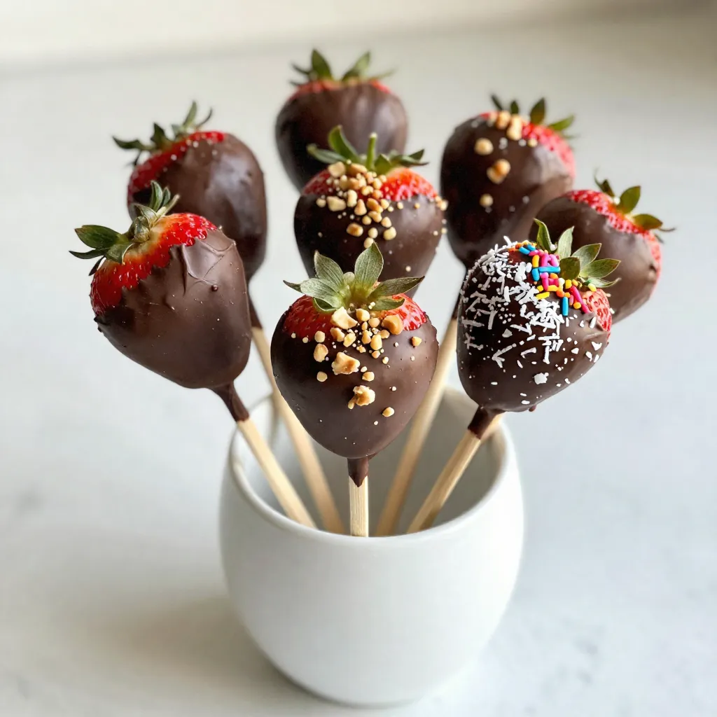 - 12 große Erdbeeren, gewaschen und gründlich getrocknet - 1 Tasse Zartbitterschokoladenstückchen - 1 Esslöffel Kokosöl - 12 Holzstäbchen oder Spieße Die Hauptzutaten sind einfach. Du brauchst frische Erdbeeren, die saftig sind. Die Zartbitterschokolade sorgt für einen reichen Geschmack. Das Kokosöl macht die Schokolade glatt und glänzend. Holzstäbchen helfen dir, die Erdbeeren einfach zu halten. - 1/4 Tasse gehackte Nüsse (z.B. Mandeln oder Pistazien) - 1/4 Tasse ungesüßte Kokosraspeln - Streusel (optional, zur Dekoration) Für die Dekoration kannst du kreativ sein. Gehackte Nüsse geben Crunch und Geschmack. Kokosraspeln bieten eine tropische Note. Streusel sind bunt und machen deine Pops lustig und einladend. Wähle Erdbeeren mit leuchtend roter Farbe. Sie sollten fest und saftig sein. Vermeide schrumplige Erdbeeren, da sie oft überreif sind. Achte darauf, dass keine Flecken oder Druckstellen vorhanden sind. Wenn du sie im Supermarkt kaufst, rieche daran. Ein süßer Duft zeigt, dass sie frisch und lecker sind. {{ingredient_image_2}} Zuerst wähle große, reife Erdbeeren aus. Wasche sie gründlich und trockne sie gut ab. Trockene Erdbeeren sind wichtig. Die Schokolade haftet besser, wenn die Erdbeeren trocken sind. Du kannst sie auf ein Küchentuch legen, um sicherzustellen, dass sie wirklich trocken sind. Nimm eine mikrowellengeeignete Schüssel. Gib die Zartbitterschokoladenstückchen und das Kokosöl hinein. Erhitze die Mischung in der Mikrowelle. Mach das in 30-Sekunden-Intervallen. Rühre nach jedem Intervall um. So wird die Schokolade gleichmäßig warm und glatt. Stecke vorsichtig einen Holzstab in das Stilende jeder Erdbeere. Der Stab sollte bis zur Hälfte eindringen. Halte die Erdbeere am Stab und tauche sie in die geschmolzene Schokolade. Schwenke die Erdbeere leicht, um sie gleichmäßig zu beschichten. Lass die überschüssige Schokolade abtropfen. Jetzt kannst du die Erdbeeren dekorieren! Während die Schokolade noch feucht ist, bestreue sie mit gehackten Nüssen oder Kokosraspeln. Lege die überzogenen Erdbeeren auf ein Backblech, das mit Backpapier ausgelegt ist. Wiederhole den Eintauch- und Dekorationsprozess mit allen Erdbeeren. Stelle das Backblech dann für etwa 30 Minuten in den Kühlschrank. Die Schokolade sollte fest werden. So hast du leckere, schokoladenüberzogene Erdbeer-Pops! Ein häufiger Fehler ist, die Erdbeeren nicht richtig zu trocknen. Wenn sie feucht sind, haftet die Schokolade nicht gut. Überprüfen Sie jede Erdbeere. Stellen Sie sicher, dass sie komplett trocken sind, bevor Sie eintauchen. Ein weiterer Fehler ist, die Schokolade zu heiß zu machen. Sie sollte sanft schmelzen. Wenn sie zu heiß ist, wird sie klumpig und schwer zu handhaben. Achten Sie darauf, alle Schritte langsam und vorsichtig durchzuführen. Wenn Sie Zartbitterschokolade nicht mögen, gibt es viele Alternativen. Weiße Schokolade ist eine süße Option, die gut mit Erdbeeren harmoniert. Sie können auch Vollmilchschokolade verwenden, wenn Sie es cremiger mögen. Für eine gesunde Option probieren Sie dunkle Schokolade mit hohem Kakaoanteil. Diese hat weniger Zucker und mehr Geschmack. Für vegane Varianten gibt es auch pflanzliche Schokoladenprodukte. Diese können genauso schmelzen und schmecken. Die richtige Konsistenz ist wichtig für einen guten Überzug. Mischen Sie die Zartbitterschokoladenstückchen mit einem Esslöffel Kokosöl. Das Kokosöl sorgt für eine glattere Schokolade. Erwärmen Sie die Mischung in der Mikrowelle in kurzen Intervallen. Rühren Sie nach jedem Intervall gut um. Die Schokolade sollte flüssig und glänzend sein, nicht klumpig oder fest. Wenn sie zu dick ist, fügen Sie etwas mehr Kokosöl hinzu. So gelingt Ihnen der perfekte Überzug für Ihre Erdbeer-Pops. Pro Tipps Erdbeeren trocken halten: Stellen Sie sicher, dass die Erdbeeren komplett trocken sind, um ein Ablösen der Schokolade zu verhindern. Kokosöl hinzufügen: Das Kokosöl macht die Schokolade geschmeidiger und sorgt für einen schönen Glanz. Variationen ausprobieren: Experimentieren Sie mit verschiedenen Toppings wie gehackten Nüssen, Keksbröseln oder verschiedenen Schokoladensorten. Richtige Kühlung: Stellen Sie sicher, dass die Erdbeer-Pops gut gekühlt werden, damit die Schokolade fest wird und nicht schmilzt. {{image_4}} Du kannst diese Erdbeer-Pops ganz einfach anpassen. Benutze verschiedene Beeren wie Himbeeren, Blaubeeren oder Brombeeren. Diese Früchte sind ebenfalls süß und saftig. Halte die Beeren so trocken wie möglich, bevor du sie in die Schokolade tauchst. Jede Beere hat ihren eigenen Geschmack, was die Pops aufregend macht. Das Eintauchen und Dekorieren bleibt gleich. Experimentiere mit verschiedenen Beeren und finde deinen Favoriten. Für vegane Schokoladenüberzogene Pops gibt es tolle Alternativen. Du kannst dunkle Schokolade aus Pflanzenfetten verwenden. Achte darauf, dass sie vegan ist. Statt Kokosöl kannst du Mandel- oder Sonnenblumenöl nutzen. Die Toppings sind ebenfalls wichtig. Nüsse, Samen oder getrocknete Früchte passen gut. Ungesüßte Kokosraspeln sind auch eine gute Wahl. Diese Variationen machen die Pops gesund und lecker. Wenn du einen besonderen Kick willst, füge Alkohol hinzu. Du kannst die geschmolzene Schokolade mit einem Schuss Rum oder Likör verfeinern. Das gibt den Pops einen aufregenden Geschmack. Denk daran, dass diese Version nur für Erwachsene ist. Du kannst die Pops auch mit einem Spritzer Likör dekorieren, bevor die Schokolade fest wird. Diese alkoholischen Variationen sind perfekt für Partys oder besondere Anlässe. Um die Schokoladenüberzogenen Erdbeer-Pops frisch zu halten, lege sie in einen luftdichten Behälter. Achte darauf, dass die Erdbeeren nicht übereinander liegen. Das könnte die Schokolade zerkratzen. Du kannst auch ein Stück Backpapier zwischen die Schichten legen. So bleibt alles schön. Du kannst die Erdbeer-Pops bis zu vier Tage im Kühlschrank lagern. Nach drei Tagen können sie jedoch an Frische verlieren. Überprüfe immer den Geruch und das Aussehen der Erdbeeren. Wenn sie matschig oder unangenehm riechen, ist es besser, sie wegzuwerfen. Wenn du überschüssige Schokolade hast, lass sie abkühlen und bewahre sie in einem Behälter auf. Du kannst sie für andere Rezepte wiederverwenden. Schmelze sie einfach erneut in der Mikrowelle. Achte darauf, die Schokolade nicht zu überhitzen, damit sie nicht anbrennt. Die Schokolade braucht etwa 30 Minuten, um fest zu werden. Dies hängt von der Temperatur ab. Wenn es kühl ist, kann es schneller gehen. Achten Sie darauf, die Erdbeer-Pops im Kühlschrank zu lassen. So bleibt die Schokolade schön knusprig. Ja, Sie können die Pops im Voraus machen. Lagern Sie sie im Kühlschrank bis zu zwei Tage. Wenn Sie sie länger aufbewahren, kann die Schokolade weich werden. Achten Sie darauf, die Pops gut zu verpacken, um sie frisch zu halten. Wenn die Schokolade nicht gut haftet, kann es an der Feuchtigkeit liegen. Stellen Sie sicher, dass die Erdbeeren trocken sind. Wenn die Schokolade zu dick ist, fügen Sie etwas mehr Kokosöl hinzu. Dies macht die Schokolade flüssiger und leichter zu handhaben. Ja, Sie können viele Früchte verwenden. Bananen, Ananas oder Trauben sind tolle Alternativen. Denken Sie daran, die Früchte gut zu trocknen. Dies hilft der Schokolade, besser zu haften. Experimentieren Sie mit verschiedenen Früchten für neue Geschmäcker! Schokoladenüberzogene Erdbeer-Pops sind einfach zu machen und lecker. Wir haben die Zutaten, die Zubereitung und Tipps besprochen. Ich habe auch Variationen vorgestellt, um jedem Geschmack gerecht zu werden. Wichtig ist, dass du die besten Erdbeeren auswählst und häufige Fehler vermeidest. Mit den richtigen Methoden bleiben die Pops frisch und lecker. Experimentiere mit den Tipps und finde deine Lieblingsversion. Viel Spaß beim Zubereiten!