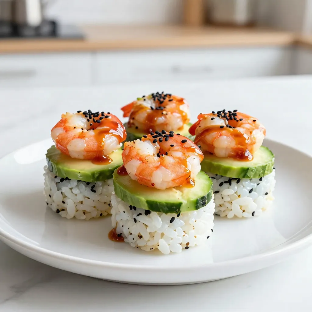 - 1 Tasse Sushi-Reis - 1 ¼ Tassen Wasser - ½ Teelöffel Salz - 225 Gramm Garnelen, geschält und entdarmt - ½ Avocado, in Scheiben geschnitten - ½ Gurke, dünn geschnitten - 2 Blätter Nori (Seetang), in kleine Quadrate geschnitten Sushi-Reis ist wichtig für die Basis. Er gibt dem Gericht die richtige Konsistenz. Wasser und Salz helfen, den Reis perfekt zu kochen. Garnelen bringen den Geschmack. Sie sind proteinreich und lecker. Frische Avocado und Gurke sorgen für eine tolle Textur. Der Nori fügt einen leichten Geschmack hinzu und sieht hübsch aus. - 1 Esslöffel Reisessig - 1 Esslöffel Zucker - 1 Esslöffel Sriracha-Sauce (nach Geschmack anpassen) - 1 Teelöffel Sesamöl - Sojasauce, zum Servieren - Eingelegter Ingwer, zum Garnieren Die Sriracha-Sauce bringt die Schärfe. Sie kann nach Geschmack angepasst werden. Reisessig und Zucker helfen, den Reis zu würzen. Sesamöl fügt einen nussigen Geschmack hinzu. Sojasauce ist perfekt zum Dippen. Eingelegter Ingwer bringt einen frischen Kick. {{ingredient_image_2}} Um perfekten Sushi-Reis zu machen, beginne mit 1 Tasse Sushi-Reis. Vermische den Reis mit 1 ¼ Tassen Wasser und ½ Teelöffel Salz in einem mittelgroßen Topf. Bringe die Mischung zum Kochen. Reduziere die Hitze und decke den Topf ab. Lass den Reis 18-20 Minuten köcheln, bis das Wasser weg ist. Nimm den Topf vom Herd und lass den Reis 10 Minuten ruhen. In einer kleinen Schüssel mische 1 Esslöffel Reisessig mit 1 Esslöffel Zucker. Rühre, bis der Zucker sich auflöst. Nimm den gekochten Reis und hebe die Mischung vorsichtig mit einem Gummispatel unter. Achte darauf, die Reiskörner nicht zu zerdrücken. Lass den gewürzten Reis auf Zimmertemperatur abkühlen. Erhitze 1 Teelöffel Sesamöl in einer Pfanne bei mittlerer Hitze. Füge 225 Gramm geschälte und entdarmte Garnelen hinzu. Brate die Garnelen 2-3 Minuten auf jeder Seite, bis sie rosa sind. Nimm die Pfanne vom Herd und mische die Garnelen mit 1 Esslöffel Sriracha-Sauce, sodass sie gleichmäßig bedeckt sind. Verwende einen Ringausstecher oder eine kleine Schüssel mit einem Durchmesser von etwa 8 cm. Beginne mit 2 Esslöffeln des gewürzten Sushi-Reis und drücke ihn leicht an. Füge eine Schicht geschnittener Avocado und dann die würzigen Garnelen hinzu. Danach kommt eine Schicht Gurke. Wiederhole den Schichtprozess und beende ihn mit einer Schicht Sushi-Reis. Hebe den Ausstecher vorsichtig an, um die Sushi-Stapel zu enthüllen. Garniere die Oberseite mit schwarzen Sesamkörnern und einem kleinen Stück Nori. Serviere das Gericht mit Sojasauce und eingelegtem Ingwer an der Seite. Um den besten Sushi-Reis zu machen, achte auf die Verhältnisse. Verwende eine Tasse Sushi-Reis und 1 ¼ Tassen Wasser. Das Wasser hilft dem Reis, weich zu werden. Kochen Sie den Reis, bis das Wasser ganz weg ist. Danach lasse den Reis zehn Minuten ruhen. Diese Zeit ist wichtig für die perfekte Konsistenz. Die Garnelen brauchen guten Geschmack. Sriracha-Sauce macht die Garnelen scharf und lecker. Du kannst die Menge nach deinem Geschmack anpassen. Wenn du es weniger scharf magst, benutze weniger Sriracha. Probiere auch andere Gewürze wie Knoblauchpulver oder Paprika. Diese bringen neue Aromen in dein Gericht. Um den Sushi-Stapel schön zu machen, benutze einen Ringausstecher. Er hilft, die Schichten gleichmäßig zu stapeln. Beginne mit Sushi-Reis, dann Avocado und Garnelen. Wiederhole das, bis alles fertig ist. Zum Garnieren kannst du schwarze Sesamkörner und kleine Nori-Stücke verwenden. Das sieht nicht nur gut aus, sondern schmeckt auch toll! Pro Tipps Reis richtig kochen: Achten Sie darauf, den Sushi-Reis genau nach Anleitung zu kochen, um die perfekte Konsistenz zu erreichen. Zu viel Wasser kann den Reis matschig machen. Garnelen marinieren: Lassen Sie die Garnelen für ein paar Minuten in der Sriracha-Sauce marinieren, bevor Sie sie anbraten, um den Geschmack zu intensivieren. Schichten gleichmäßig anordnen: Drücken Sie jede Schicht im Ringausstecher gleichmäßig an, um ein schönes und stabiles Sushi-Stapel zu erhalten. Garnierung: Experimentieren Sie mit verschiedenen Garnierungen wie Koriander oder Frischkäse, um Ihrem Sushi-Stapel eine persönliche Note zu verleihen. {{image_4}} Wenn Sie Garnelen nicht mögen oder einfach eine vegetarische Option suchen, gibt es tolle Alternativen. - Ersatz für Garnelen: Sie können gebratene Tofuwürfel verwenden. Sie sind eine gute Proteinquelle. Seitan ist auch eine leckere Option. - Verwendung von Gemüse und Tofu: Kombinieren Sie gebratenen Tofu mit geschnittenem Gemüse. Zucchini, Paprika oder Karotten passen gut. Die Sauce kann den Geschmack stark verändern. - Verschiedene Sriracha-Varianten: Probieren Sie verschiedene Sriracha-Sorten aus. Es gibt scharfe, süßere und sogar fruchtige Optionen. - Andere Dips ausprobieren: Neben Sojasauce können Sie auch Erdnusssauce verwenden. Eine Wasabi-Mayonnaise bringt einen tollen Kick! Einige kleine Änderungen können viel bewirken. - Zusätzliche Gemüseoptionen: Fügen Sie Blätter von Spinat oder Rucola hinzu. Sie sind frisch und gesund. - Variationen beim Reis: Statt Sushi-Reis können Sie Quinoa verwenden. Es hat eine nussige Note und ist glutenfrei. Um Sushi-Stapel frisch zu halten, ist die Lagerung wichtig. Bewahre die Sushi-Stapel in einem luftdichten Behälter auf. Das schützt sie vor Austrocknung und Gerüchen. Lege ein feuchtes Papiertuch über die Stapel, um die Feuchtigkeit zu bewahren. Stelle den Behälter in den Kühlschrank. So bleiben die Zutaten frisch und lecker. Wie lange sind die Zutaten haltbar? Sushi-Reis hält sich im Kühlschrank etwa 3 Tage. Garnelen sollten innerhalb von 1-2 Tagen gegessen werden. Die Avocado bleibt frisch, wenn du sie in Zitronensaft tauchst. So bräunt sie nicht. Gurken sind am besten innerhalb von 3 Tagen. Für das Einfrieren ist der richtige Weg wichtig. Du kannst die Garnelen vor dem Braten einfrieren. Lasse sie dann im Kühlschrank auftauen. So bleibt der Geschmack erhalten. Die Sushi-Stapel selbst sollten nicht eingefroren werden. Das wird die Textur ruinieren. Um Sushi-Reis selbst zu machen, brauchst du nur drei Zutaten: Sushi-Reis, Wasser und Salz. Zuerst vermischt du eine Tasse Sushi-Reis mit 1 ¼ Tassen Wasser und ½ Teelöffel Salz in einem Topf. Bring das Ganze zum Kochen. Reduziere dann die Hitze und decke den Topf ab. Lasse den Reis 18 bis 20 Minuten köcheln, bis das Wasser aufgesogen ist. Nimm den Topf vom Herd und lasse den Reis 10 Minuten ruhen. Danach kannst du ihn mit Reisessig und Zucker würzen, um den perfekten Geschmack zu erzielen. Frische Garnelen sind oft die beste Wahl, wenn du die Textur und den Geschmack verbessern möchtest. Achte darauf, dass sie rosa und fest sind. Gefrorene Garnelen sind eine praktische und oft günstigere Option. Sie sind oft gleich nach dem Fang gefroren und behalten so ihre Frische. Wenn du gefrorene Garnelen verwendest, tau sie vollständig auf, bevor du sie zubereitest. Ja, du kannst die Sushi-Stapel im Voraus zubereiten. Bereite die einzelnen Zutaten vor und lagere sie getrennt. Der Sushi-Reis kann im Kühlschrank für bis zu zwei Tage aufbewahrt werden. Die Garnelen sollten frisch zubereitet werden, um den besten Geschmack zu erhalten. Baue die Sushi-Stapel kurz vor dem Servieren auf, damit sie frisch und knackig bleiben. Um die Sushi-Stapel schön zu präsentieren, verwende einen Ringausstecher. Schichte die Zutaten sorgfältig und drücke sie leicht an. Garniere die Oberseite mit schwarzen Sesamkörnern und einem kleinen Stück Nori für einen schönen Look. Serviere die Sushi-Stapel mit einer kleinen Schale Sojasauce und eingelegtem Ingwer an der Seite. So können deine Gäste nach Belieben dippen und genießen. Zum Schluss haben wir gelernt, wie man leckere Spicy Shrimp Sushi Stacks zubereitet. Wir begannen mit den Hauptzutaten wie Sushi-Reis, Garnelen und frischem Gemüse. Die Schritte zur Zubereitung, vom Kochen des Reises bis zum Anrichten der Stapel, machten es leicht. Unsere Tipps helfen, die perfekte Konsistenz und Würze zu erreichen. Variationen bieten viele Möglichkeiten, auch für Vegetarier. Beachte die Lagerungstipps, um die Frische zu bewahren. Probiere die verschiedenen Zutaten und Saucen aus, um dein perfektes Sushi zu finden!