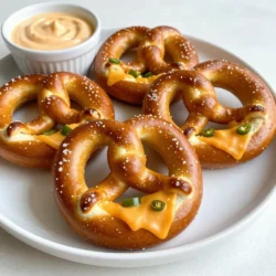 Für die Füllung brauchst du: - 1 Tasse scharfer Cheddar, gerieben - 1-2 frische Jalapeños, gewürfelt (Kerne entfernt für weniger Schärfe) Die Menge der Jalapeños kannst du anpassen. Mehr Jalapeños machen die Pretzels schärfer. Wenn du es milder magst, nimm einfach einen. Der scharfe Cheddar gibt Geschmack und eine schöne Konsistenz. Frische Jalapeños sind super für dieses Rezept. Achte darauf, sie gut zu wählen. Sie sollten fest und glänzend sein. Vermeide schrumpelige oder braune. Um die Schärfe zu kontrollieren, entferne die Kerne und die weißen Innenwände. Diese Teile sind sehr scharf. Wenn du die Jalapeños in kleine Stücke schneidest, verteilen sich die Aromen besser in der Füllung. Wenn du keinen scharfen Cheddar magst, gibt es tolle Alternativen: - Milden Cheddar für weniger Schärfe - Gouda für einen anderen Geschmack - Mozzarella für eine cremige Füllung Jede dieser Optionen gibt den Pretzels einen einzigartigen Charakter. Experimentiere mit verschiedenen Käsesorten, um deinen Favoriten zu finden. {{ingredient_image_2}} Um den Teig zu machen, müssen wir zuerst die Hefe aktivieren. In einer großen Schüssel mische warmes Wasser, Hefe und braunen Zucker. Lass die Mischung fünf Minuten stehen. Sie sollte schaumig werden. Das zeigt, dass die Hefe aktiv ist. Dann füge nach und nach das Mehl und das Salz hinzu. Knete alles gut für etwa fünf bis sieben Minuten. Der Teig sollte glatt und elastisch sein. Jetzt kommt der spannende Teil. Gib den Teig in eine gefettete Schüssel. Decke ihn mit einem sauberen Tuch ab und lass ihn an einem warmen Ort für etwa eine Stunde ruhen. Der Teig sollte sich verdoppeln. Während der Teig geht, bereite die Füllung vor. Vermenge den geriebenen Cheddar und die gewürfelten Jalapeños in einer Schüssel. Stelle die Füllung beiseite, bis der Teig bereit ist. Wenn der Teig aufgegangen ist, drücke ihn mit der Faust durch. Lege den Teig auf eine bemehlte Fläche. Teile ihn in acht gleichgroße Stücke. Rolle jedes Stück zu einem langen Seil von etwa 60 cm. Drücke das Seil leicht flach. Jetzt kommt die Füllung! Lege einen Löffel der Käse-Jalapeño-Mischung in die Mitte jedes Teigseils. Klappe die Seiten über die Füllung und drücke sie gut zu. Drehe dann das Teigstück, um die typische Pretzel-Form zu erhalten. Heize den Ofen auf 230°C vor. Koche in einem großen Topf etwa 2,5 Liter Wasser und füge das Natron hinzu. Tauche jeden Pretzel für 30 Sekunden in das kochende Wasser. Nimm sie dann mit einer Schaumkelle heraus und lege sie auf ein mit Backpapier ausgelegtes Blech. Bestreiche jeden Pretzel mit dem geschlagenen Ei und streue grobes Meersalz darüber. Backe die Pretzels 12-15 Minuten lang, bis sie goldbraun sind. Für extra Geschmack kannst du sie nach dem Backen mit geschmolzener Butter bestreichen. Um den besten Teig zu machen, achte auf die Wasser- und Mehlmenge. Das Wasser sollte warm sein, aber nicht heiß. Zu heiß kann die Hefe töten. Wenn der Teig zu klebrig ist, füge mehr Mehl hinzu. Wenn er zu trocken ist, gib einen Esslöffel Wasser dazu. Knete den Teig gut, bis er glatt ist. Dies hilft, die perfekte Konsistenz zu erreichen. Die goldbraune Farbe kommt vom Kochen in Natronwasser. Das Natron gibt den Pretzeln nicht nur die Farbe, sondern auch den typischen Geschmack. Achte darauf, dass das Wasser sprudelnd kocht, bevor du die Pretzels hineinlegst. Lasse sie 30 Sekunden in dem Wasser. So bekommen sie die richtige Textur und Farbe nach dem Backen. Serviere die warmen Pretzels auf einem rustikalen Holzbrett. Als Dip empfehle ich scharfen Senf oder einen cremigen Käsedip. Das passt perfekt zur Schärfe der Jalapeños. Du kannst auch frische Jalapeño-Scheiben als Garnitur verwenden. Sie sehen toll aus und geben zusätzlichen Geschmack. Pro Tipps Teigtemperatur: Achten Sie darauf, dass das Wasser nicht zu heiß ist, um die Hefe nicht abzutöten. Die ideale Temperatur liegt zwischen 43°C und 46°C. Jalapeño-Option: Für weniger Schärfe entfernen Sie die Kerne und die weißen Membranen der Jalapeños. So können auch schärfeempfindliche Personen die Pretzels genießen. Füllung variieren: Experimentieren Sie mit verschiedenen Käsesorten oder fügen Sie zusätzliche Zutaten wie Speck oder Zwiebeln hinzu, um neue Geschmacksrichtungen zu kreieren. Frisch servieren: Genießen Sie die Pretzels direkt nach dem Backen, um die beste Textur und den besten Geschmack zu erleben. Sie sind am köstlichsten, wenn sie warm sind! {{image_4}} Zimtzucker-Pretzeln sind eine großartige süße Variante. Sie verwenden die gleiche Teigbasis. Anstatt Cheddar und Jalapeños zu füllen, mischen Sie Zucker und Zimt. Rollen Sie den Teig nach dem Formen in der Zimt-Zucker-Mischung. Backen Sie sie wie die herzhaften Pretzeln. Diese süßen Snacks passen gut zu Kaffee oder Tee. Für vegane Pretzeln können Sie den Cheddar ersetzen. Nutzen Sie pflanzliche Käsesorten, die gut schmelzen. Viele Marken bieten jetzt leckere Optionen. Fügen Sie gewürfelte Jalapeños hinzu, um die Schärfe zu erhalten. So genießen Sie eine vegane Version ohne Geschmackseinbußen. Die Möglichkeiten für Füllungen sind endlos. Probieren Sie Spinat und Feta für einen herzhaften Snack. Oder verwenden Sie Pizza-Zutaten wie Mozzarella und Peperoni. Auch eine süße Füllung mit Schokolade und Nüssen ist eine tolle Idee. Seien Sie kreativ und finden Sie Ihre Lieblingskombination! Wenn Sie einige Pretzeln übrig haben, lagern Sie sie in einem luftdichten Behälter. So bleiben sie frisch. Sie können auch ein Papiertuch hinzufügen, um die Feuchtigkeit zu regulieren. Lagern Sie sie nicht im Kühlschrank, da dies die Konsistenz verändert. Bei Raumtemperatur bleiben sie 1 bis 2 Tage genießbar. Um die Pretzeln einzufrieren, lassen Sie sie zuerst ganz abkühlen. Wickeln Sie sie dann einzeln in Frischhaltefolie. Legen Sie die eingewickelten Pretzeln in einen Gefrierbeutel. So halten sie bis zu 3 Monate frisch. Beschriften Sie den Beutel mit dem Datum. So wissen Sie immer, wie lange sie schon im Gefrierfach sind. Um die gefrorenen Pretzeln wieder aufzuwärmen, nehmen Sie sie aus dem Gefrierfach. Lassen Sie sie zuerst im Kühlschrank über Nacht auftauen. Danach können Sie sie bei 180°C im Ofen für 10 Minuten aufwärmen. So werden sie wieder knusprig. Alternativ können Sie sie auch in der Mikrowelle für 30 Sekunden erwärmen, aber der Ofen ist besser für die Konsistenz. Jalapeño Cheddar Stuffed Pretzels sind frisch am besten. Sie bleiben 2 bis 3 Tage in einem luftdichten Behälter gut. Wenn du sie länger aufbewahren möchtest, friere sie ein. In einem Gefrierbeutel bleiben sie bis zu 3 Monate frisch. Stelle sicher, dass sie gut verpackt sind, um Gefrierbrand zu vermeiden. Vor dem Essen kannst du sie im Ofen oder in der Mikrowelle aufwärmen. So schmecken sie fast wie frisch gebacken. Ja, du kannst eingelegte Jalapeños verwenden. Sie bieten eine milde Schärfe und einen leckeren Geschmack. Überlege, die Menge etwas zu erhöhen, da eingelegte Jalapeños oft weniger intensiv sind. Entferne die Kerne, um die Schärfe weiter zu reduzieren, falls gewünscht. Eingelegte Jalapeños sind eine tolle Option, wenn frische nicht verfügbar sind. Sie bringen auch eine schöne Textur in die Füllung. Die Schärfe der Pretzels lässt sich leicht anpassen. Entferne die Kerne und das weiße Innere der Jalapeños, um die Schärfe zu verringern. Du kannst auch weniger Jalapeños verwenden. Wenn du es schärfer magst, füge mehr hinzu oder wähle schärfere Sorten. Eine weitere Idee ist, zusätzlich etwas Cayennepfeffer oder Paprika in die Füllung zu mischen. So findest du die perfekte Balance für deinen Geschmack. Jalapeño Cheddar Pretzels sind ein echter Genuss. In diesem Blogbeitrag haben wir die Zutaten, die Schritt-für-Schritt-Anleitung, nützliche Tipps und Variationen behandelt. Bereiten Sie die Füllung, den Teig und die perfekte Farbe der Pretzels sorgfältig vor. Denken Sie auch an die Aufbewahrung. Genießen Sie Ihre Kreationen frisch oder gewärmt. Experimentieren Sie mit verschiedenen Füllungen und Dips. Diese Pretzels bieten viele Möglichkeiten. Sie sind nicht nur lecker, sondern auch vielseitig. Viel Spaß beim Ausprobieren!