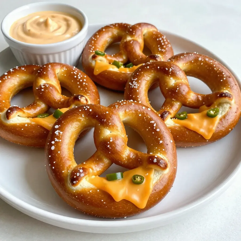 Für die Füllung brauchst du: - 1 Tasse scharfer Cheddar, gerieben - 1-2 frische Jalapeños, gewürfelt (Kerne entfernt für weniger Schärfe) Die Menge der Jalapeños kannst du anpassen. Mehr Jalapeños machen die Pretzels schärfer. Wenn du es milder magst, nimm einfach einen. Der scharfe Cheddar gibt Geschmack und eine schöne Konsistenz. Frische Jalapeños sind super für dieses Rezept. Achte darauf, sie gut zu wählen. Sie sollten fest und glänzend sein. Vermeide schrumpelige oder braune. Um die Schärfe zu kontrollieren, entferne die Kerne und die weißen Innenwände. Diese Teile sind sehr scharf. Wenn du die Jalapeños in kleine Stücke schneidest, verteilen sich die Aromen besser in der Füllung. Wenn du keinen scharfen Cheddar magst, gibt es tolle Alternativen: - Milden Cheddar für weniger Schärfe - Gouda für einen anderen Geschmack - Mozzarella für eine cremige Füllung Jede dieser Optionen gibt den Pretzels einen einzigartigen Charakter. Experimentiere mit verschiedenen Käsesorten, um deinen Favoriten zu finden. {{ingredient_image_2}} Um den Teig zu machen, müssen wir zuerst die Hefe aktivieren. In einer großen Schüssel mische warmes Wasser, Hefe und braunen Zucker. Lass die Mischung fünf Minuten stehen. Sie sollte schaumig werden. Das zeigt, dass die Hefe aktiv ist. Dann füge nach und nach das Mehl und das Salz hinzu. Knete alles gut für etwa fünf bis sieben Minuten. Der Teig sollte glatt und elastisch sein. Jetzt kommt der spannende Teil. Gib den Teig in eine gefettete Schüssel. Decke ihn mit einem sauberen Tuch ab und lass ihn an einem warmen Ort für etwa eine Stunde ruhen. Der Teig sollte sich verdoppeln. Während der Teig geht, bereite die Füllung vor. Vermenge den geriebenen Cheddar und die gewürfelten Jalapeños in einer Schüssel. Stelle die Füllung beiseite, bis der Teig bereit ist. Wenn der Teig aufgegangen ist, drücke ihn mit der Faust durch. Lege den Teig auf eine bemehlte Fläche. Teile ihn in acht gleichgroße Stücke. Rolle jedes Stück zu einem langen Seil von etwa 60 cm. Drücke das Seil leicht flach. Jetzt kommt die Füllung! Lege einen Löffel der Käse-Jalapeño-Mischung in die Mitte jedes Teigseils. Klappe die Seiten über die Füllung und drücke sie gut zu. Drehe dann das Teigstück, um die typische Pretzel-Form zu erhalten. Heize den Ofen auf 230°C vor. Koche in einem großen Topf etwa 2,5 Liter Wasser und füge das Natron hinzu. Tauche jeden Pretzel für 30 Sekunden in das kochende Wasser. Nimm sie dann mit einer Schaumkelle heraus und lege sie auf ein mit Backpapier ausgelegtes Blech. Bestreiche jeden Pretzel mit dem geschlagenen Ei und streue grobes Meersalz darüber. Backe die Pretzels 12-15 Minuten lang, bis sie goldbraun sind. Für extra Geschmack kannst du sie nach dem Backen mit geschmolzener Butter bestreichen. Um den besten Teig zu machen, achte auf die Wasser- und Mehlmenge. Das Wasser sollte warm sein, aber nicht heiß. Zu heiß kann die Hefe töten. Wenn der Teig zu klebrig ist, füge mehr Mehl hinzu. Wenn er zu trocken ist, gib einen Esslöffel Wasser dazu. Knete den Teig gut, bis er glatt ist. Dies hilft, die perfekte Konsistenz zu erreichen. Die goldbraune Farbe kommt vom Kochen in Natronwasser. Das Natron gibt den Pretzeln nicht nur die Farbe, sondern auch den typischen Geschmack. Achte darauf, dass das Wasser sprudelnd kocht, bevor du die Pretzels hineinlegst. Lasse sie 30 Sekunden in dem Wasser. So bekommen sie die richtige Textur und Farbe nach dem Backen. Serviere die warmen Pretzels auf einem rustikalen Holzbrett. Als Dip empfehle ich scharfen Senf oder einen cremigen Käsedip. Das passt perfekt zur Schärfe der Jalapeños. Du kannst auch frische Jalapeño-Scheiben als Garnitur verwenden. Sie sehen toll aus und geben zusätzlichen Geschmack. Pro Tipps Teigtemperatur: Achten Sie darauf, dass das Wasser nicht zu heiß ist, um die Hefe nicht abzutöten. Die ideale Temperatur liegt zwischen 43°C und 46°C. Jalapeño-Option: Für weniger Schärfe entfernen Sie die Kerne und die weißen Membranen der Jalapeños. So können auch schärfeempfindliche Personen die Pretzels genießen. Füllung variieren: Experimentieren Sie mit verschiedenen Käsesorten oder fügen Sie zusätzliche Zutaten wie Speck oder Zwiebeln hinzu, um neue Geschmacksrichtungen zu kreieren. Frisch servieren: Genießen Sie die Pretzels direkt nach dem Backen, um die beste Textur und den besten Geschmack zu erleben. Sie sind am köstlichsten, wenn sie warm sind! {{image_4}} Zimtzucker-Pretzeln sind eine großartige süße Variante. Sie verwenden die gleiche Teigbasis. Anstatt Cheddar und Jalapeños zu füllen, mischen Sie Zucker und Zimt. Rollen Sie den Teig nach dem Formen in der Zimt-Zucker-Mischung. Backen Sie sie wie die herzhaften Pretzeln. Diese süßen Snacks passen gut zu Kaffee oder Tee. Für vegane Pretzeln können Sie den Cheddar ersetzen. Nutzen Sie pflanzliche Käsesorten, die gut schmelzen. Viele Marken bieten jetzt leckere Optionen. Fügen Sie gewürfelte Jalapeños hinzu, um die Schärfe zu erhalten. So genießen Sie eine vegane Version ohne Geschmackseinbußen. Die Möglichkeiten für Füllungen sind endlos. Probieren Sie Spinat und Feta für einen herzhaften Snack. Oder verwenden Sie Pizza-Zutaten wie Mozzarella und Peperoni. Auch eine süße Füllung mit Schokolade und Nüssen ist eine tolle Idee. Seien Sie kreativ und finden Sie Ihre Lieblingskombination! Wenn Sie einige Pretzeln übrig haben, lagern Sie sie in einem luftdichten Behälter. So bleiben sie frisch. Sie können auch ein Papiertuch hinzufügen, um die Feuchtigkeit zu regulieren. Lagern Sie sie nicht im Kühlschrank, da dies die Konsistenz verändert. Bei Raumtemperatur bleiben sie 1 bis 2 Tage genießbar. Um die Pretzeln einzufrieren, lassen Sie sie zuerst ganz abkühlen. Wickeln Sie sie dann einzeln in Frischhaltefolie. Legen Sie die eingewickelten Pretzeln in einen Gefrierbeutel. So halten sie bis zu 3 Monate frisch. Beschriften Sie den Beutel mit dem Datum. So wissen Sie immer, wie lange sie schon im Gefrierfach sind. Um die gefrorenen Pretzeln wieder aufzuwärmen, nehmen Sie sie aus dem Gefrierfach. Lassen Sie sie zuerst im Kühlschrank über Nacht auftauen. Danach können Sie sie bei 180°C im Ofen für 10 Minuten aufwärmen. So werden sie wieder knusprig. Alternativ können Sie sie auch in der Mikrowelle für 30 Sekunden erwärmen, aber der Ofen ist besser für die Konsistenz. Jalapeño Cheddar Stuffed Pretzels sind frisch am besten. Sie bleiben 2 bis 3 Tage in einem luftdichten Behälter gut. Wenn du sie länger aufbewahren möchtest, friere sie ein. In einem Gefrierbeutel bleiben sie bis zu 3 Monate frisch. Stelle sicher, dass sie gut verpackt sind, um Gefrierbrand zu vermeiden. Vor dem Essen kannst du sie im Ofen oder in der Mikrowelle aufwärmen. So schmecken sie fast wie frisch gebacken. Ja, du kannst eingelegte Jalapeños verwenden. Sie bieten eine milde Schärfe und einen leckeren Geschmack. Überlege, die Menge etwas zu erhöhen, da eingelegte Jalapeños oft weniger intensiv sind. Entferne die Kerne, um die Schärfe weiter zu reduzieren, falls gewünscht. Eingelegte Jalapeños sind eine tolle Option, wenn frische nicht verfügbar sind. Sie bringen auch eine schöne Textur in die Füllung. Die Schärfe der Pretzels lässt sich leicht anpassen. Entferne die Kerne und das weiße Innere der Jalapeños, um die Schärfe zu verringern. Du kannst auch weniger Jalapeños verwenden. Wenn du es schärfer magst, füge mehr hinzu oder wähle schärfere Sorten. Eine weitere Idee ist, zusätzlich etwas Cayennepfeffer oder Paprika in die Füllung zu mischen. So findest du die perfekte Balance für deinen Geschmack. Jalapeño Cheddar Pretzels sind ein echter Genuss. In diesem Blogbeitrag haben wir die Zutaten, die Schritt-für-Schritt-Anleitung, nützliche Tipps und Variationen behandelt. Bereiten Sie die Füllung, den Teig und die perfekte Farbe der Pretzels sorgfältig vor. Denken Sie auch an die Aufbewahrung. Genießen Sie Ihre Kreationen frisch oder gewärmt. Experimentieren Sie mit verschiedenen Füllungen und Dips. Diese Pretzels bieten viele Möglichkeiten. Sie sind nicht nur lecker, sondern auch vielseitig. Viel Spaß beim Ausprobieren!