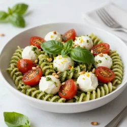 Für einen leckeren Pesto Caprese Nudelsalat benötigst du einige frische Zutaten. Die Hauptzutaten sind: - 225 g Pasta (Fusilli oder Farfalle) - 250 g Kirschtomaten, halbiert - 250 g frische Mozzarellakugeln (Bocconcini) - 1 Tasse frische Basilikumblätter, gut gepackt - 60 g Pinienkerne (geröstet) - 80 ml extra natives Olivenöl - 2 Knoblauchzehen, fein gehackt - 1/4 Teelöffel Salz - 1/4 Teelöffel schwarzer Pfeffer - Abrieb von 1 Zitrone - 1 Esslöffel Zitronensaft Um den Geschmack deines Salats zu verbessern, kannst du ein paar zusätzliche Zutaten hinzufügen. Diese machen den Salat noch interessanter: - Frischer Rucola für einen pfeffrigen Kick - Oliven für eine salzige Note - Gehackte Nüsse für mehr Crunch - Parmesan für einen herzhaften Geschmack Die Auswahl frischer Zutaten ist wichtig. Hier sind einige Tipps: - Wähle die Pasta, die du magst, aber achte auf die Form. - Achte darauf, dass die Kirschtomaten reif und süß sind. - Kaufe frische Mozzarella, die weich ist und gut schmeckt. - Nutze frische Basilikumblätter. Sie geben dem Pesto ein intensives Aroma. - Achte darauf, dass die Pinienkerne frisch und geröstet sind. So entfalten sie ihren vollen Geschmack. {{ingredient_image_2}} Kochen Sie 225 g Pasta in einem großen Topf mit gesalzenem Wasser. Warten Sie, bis die Pasta al dente ist. Das dauert meist 8 bis 10 Minuten. Gießen Sie die Pasta ab und spülen Sie sie unter kaltem Wasser ab. So stoppen Sie den Kochprozess. Lassen Sie die Pasta kurz abkühlen und stellen Sie sie dann beiseite. Für das Pesto benötigen Sie frische Basilikumblätter. Nehmen Sie eine Tasse gut gepackte Blätter. Geben Sie die Blätter zusammen mit 60 g gerösteten Pinienkernen, 2 fein gehackten Knoblauchzehen, 80 ml Olivenöl, 1/4 Teelöffel Salz und 1/4 Teelöffel schwarzem Pfeffer in eine Küchenmaschine. Fügen Sie auch den Abrieb einer Zitrone und 1 Esslöffel Zitronensaft hinzu. Pürieren Sie alles zu einer glatten Paste. Wenn das Pesto zu dick ist, können Sie etwas Wasser hinzufügen. Nehmen Sie eine große Rührschüssel. Geben Sie die gekochte Pasta, 250 g halbierte Kirschtomaten und 250 g Mozzarellakugeln hinein. Gießen Sie das Pesto über die Zutaten. Mischen Sie alles vorsichtig, bis die Pasta gleichmäßig mit der Sauce bedeckt ist. Decken Sie die Schüssel mit Frischhaltefolie ab und lassen Sie den Salat mindestens 30 Minuten im Kühlschrank ruhen. Servieren Sie den Salat kalt oder bei Raumtemperatur. Um die perfekte Konsistenz für dein Pesto zu bekommen, ist es wichtig, die richtigen Zutaten zu nutzen. Verwende frische Basilikumblätter und hochwertige Pinienkerne. Wenn dein Pesto zu dick wird, füge einen Esslöffel Wasser hinzu. Dadurch wird es cremiger und leichter. Achte darauf, dass das Olivenöl gut eingearbeitet wird, um eine glatte Paste zu erzeugen. Ein häufiger Fehler ist, zu viel Knoblauch zu verwenden. Dies kann den Geschmack überwältigen. Halte dich an zwei Zehen für das Rezept. Außerdem solltest du die Pasta gut abspülen, damit sie nicht klebrig wird. Das Abkühlen im kalten Wasser stoppt den Kochprozess und bewahrt die Textur. Vergiss nicht, das Pesto gut zu würzen, damit die Aromen lebendig bleiben. Serviere deinen Pesto Caprese Nudelsalat in einer großen, bunten Schüssel. Das sieht toll aus und lädt zum Essen ein. Garniere den Salat mit zusätzlichen Pinienkernen und frischen Basilikumblättern. Vor dem Servieren kannst du noch etwas schwarzen Pfeffer oder einen Spritzer Olivenöl hinzufügen. So wird das Gericht noch schmackhafter und ansprechender! Profi-Tipps Pasta Al Dente Kochen: Achten Sie darauf, die Pasta nur bis zu einem 'al dente' Zustand zu kochen, damit sie beim Mischen mit dem Pesto nicht matschig wird. Frisches Pesto Aufbewahren: Wenn Sie das Pesto im Voraus zubereiten, können Sie es in einem luftdichten Behälter im Kühlschrank aufbewahren. Fügen Sie einen dünnen Film Olivenöl obenauf hinzu, um es frisch zu halten. Variationen Ausprobieren: Experimentieren Sie mit verschiedenen Nüssen wie Walnüssen oder Mandeln für das Pesto, um neue Geschmacksrichtungen zu entdecken. Servieren Mit Stil: Garnieren Sie den Salat mit extra frischen Basilikumblättern und einem Spritzer Balsamico-Essig für eine ansprechende Präsentation. {{image_4}} Möchten Sie den Pesto Caprese Nudelsalat anpassen? Es gibt viele Wege! Hier sind einige Ideen: - Mediterraner Stil: Fügen Sie schwarze Oliven und Artischockenherzen hinzu. - Schärfe: Geben Sie eine Prise rote Pfefferflocken ins Pesto. - Pasta-Alternativen: Probieren Sie z.B. Zucchini-Nudeln oder Quinoa für eine andere Textur. Zusätzliche Zutaten können den Salat noch besser machen. Hier sind einige Vorschläge: - Bohnen: Kichererbsen oder grüne Bohnen sind nahrhaft und lecker. - Nüsse: Walnüsse oder Mandeln geben einen tollen Crunch. - Gemüse: Fügen Sie Paprika oder Gurken für mehr Frische hinzu. Für vegane oder glutenfreie Varianten machen Sie so: - Vegan: Ersetzen Sie den Mozzarella durch Tofu oder Cashew-Creme. - Glutenfrei: Verwenden Sie glutenfreie Pasta aus Reis oder Linsen. Diese Optionen machen es möglich, dass jeder genießen kann! Um den Pesto Caprese Nudelsalat frisch zu halten, lege ihn in eine luftdichte Schüssel. Achte darauf, die Schüssel gut zu verschließen. So bleibt der Salat knackig. Der Kühlschrank ist der beste Ort, um den Salat kühl zu lagern. Er sollte in den kältesten Bereich des Kühlschranks gestellt werden. Wenn du Reste hast, stelle sicher, dass du den Salat rasch kühlst. Du kannst den Salat in kleine Portionen aufteilen. Das macht es einfach, ihn später zu genießen. Wenn du das Pesto separat aufbewahrst, bleibt der Geschmack besser erhalten. Denke daran, die restlichen Kirschtomaten und Mozzarella separat zu lagern, um ihre Frische zu bewahren. Der Pesto Caprese Nudelsalat hält sich gut für etwa drei Tage im Kühlschrank. Nach dieser Zeit können die Aromen verblassen. Die Pasta kann weich werden, und die Tomaten verlieren ihren Biss. Achte darauf, ihn gut zu überprüfen, bevor du ihn isst. Wenn der Salat komisch riecht oder aussieht, wirf ihn weg. Du kannst den Pesto Caprese Nudelsalat bis zu drei Tage im Kühlschrank aufbewahren. Stelle sicher, dass du ihn in einem luftdichten Behälter lagerst. So bleibt er frisch und lecker. Vor dem Servieren empfehle ich, ihn kurz zu vermischen. So verteilt sich das Pesto wieder gut. Ja, du kannst andere Nudelsorten verwenden! Fusilli oder Farfalle sind ideal, aber auch Spaghetti oder Penne passen gut. Achte darauf, dass die Nudeln gut die Sauce aufnehmen können. Koche die Nudeln nach deinen Vorlieben. Bedenke, dass die Garzeit je nach Sorte variieren kann. Zu diesem Rezept passen viele Gewürze gut. Du kannst zum Beispiel frischen Oregano oder Thymian hinzufügen. Auch ein Hauch von Chili gibt dem Salat einen tollen Kick. Experimentiere mit verschiedenen Kräutern und Gewürzen, um deinen perfekten Geschmack zu finden! Pesto Caprese Nudelsalat ist einfach zuzubereiten und lecker. Wir haben die besten Zutaten, Zubereitungsschritte und Tipps besprochen. Dein Salat wird durch frischen Basilikum und hochwertige Pasta besser. Variationen machen das Gericht vielseitig. Lagere Reste richtig für optimale Frische. Mit diesen Informationen machst du jeden Bissen besonder. Verwende deine Kreativität und genieße deinen köstlichen Salat!