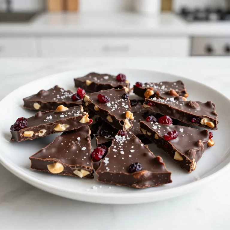 - 225 g Zartbitterschokolade (70 % Kakao oder mehr) - 1 Tasse gemischte Nüsse (Mandeln, Walnüsse und Pistazien) - 125 g getrocknete Cranberries oder Kirschen - 50 g flaumiges Meersalz (wie Fleur de Sel) Die Hauptzutaten für diese köstliche Barke sind einfach zu finden. Ich wähle immer Zartbitterschokolade mit mindestens 70 % Kakao. Diese sorgt für einen intensiven Geschmack. Gemischte Nüsse bringen Crunch und gesunde Fette. Mandeln, Walnüsse und Pistazien machen die Barke besonders lecker. Getrocknete Cranberries oder Kirschen geben einen süßen, fruchtigen Kontrast. Das flaumige Meersalz ist das i-Tüpfelchen. Es hebt den Geschmack der Schokolade hervor und gibt einen feinen Salzkick. - Backpapier - Mikrowellengeeignete Schüssel - Spatel Für die Zubereitung brauchst du einige einfache Hilfsmittel. Backpapier ist wichtig, damit die Barke nicht anklebt. Eine mikrowellengeeignete Schüssel macht das Schmelzen der Schokolade leicht. Ein Spatel hilft dir, die Mischung gleichmäßig zu verteilen. Mit diesen Hilfsmitteln wird der Prozess schnell und einfach. Wenn du alles bereit hast, kannst du gleich loslegen. {{ingredient_image_2}} Lege zuerst ein Backblech mit Backpapier aus. Achte darauf, dass das gesamte Blech bedeckt ist. Das Backpapier verhindert, dass die Schokolade anklebt. So bleibt die Reinigung einfach. Breche die Zartbitterschokolade in kleine Stücke. Gib die Stücke in eine mikrowellengeeignete Schüssel. Erwärme die Schokolade in der Mikrowelle. Nutze 30-Sekunden-Intervalle. Rühre nach jedem Intervall um. So wird die Schokolade gleichmäßig geschmolzen. Achte darauf, die Schokolade nicht zu überhitzen. Sobald die Schokolade geschmolzen ist, nimm die Schüssel aus der Mikrowelle. Füge die gemischten Nüsse und getrockneten Cranberries hinzu. Rühre gut um, bis alles mit der Schokolade bedeckt ist. Gieße die Mischung auf das Backblech. Verwende einen Spatel, um sie gleichmäßig zu verteilen. Die Dicke sollte etwa 0,5 cm betragen. Streue das flaumige Meersalz gleichmäßig über die geschmolzene Schokolade. Drücke das Salz leicht an, damit es haftet. So bekommst du den perfekten salzigen Kick. Stelle das Backblech dann für etwa 1 bis 2 Stunden in den Kühlschrank. So wird die Schokolade fest. Für beste Ergebnisse lasse die Bark vollständig aushärten. Sobald die Bark fest ist, nimm das Blech aus dem Kühlschrank. Breche die Bark in unregelmäßige Stücke. Das gibt ihr einen rustikalen Look und macht sie besonders ansprechend. Um Klumpen zu vermeiden, achte darauf, die Schokolade in kleine Stücke zu brechen. So schmilzt sie gleichmäßiger. Wenn du die Mikrowelle nutzt, stelle die Leistung auf niedrig. Erhitze die Schokolade in 30-Sekunden-Intervallen und rühre nach jedem Intervall. Das verhindert Überhitzung und hilft, die Schokolade glatt zu halten. Du kannst die Nüsse variieren. Probiere Cashews, Haselnüsse oder sogar Macadamianüsse. Diese geben deiner Barke einen neuen Geschmack. Für mehr Süße füge etwas Honig oder Agavensirup hinzu. Gewürze wie Zimt oder Chili können eine tolle Note bringen. Trockenfrüchte wie Aprikosen oder Mango sind ebenfalls eine gute Wahl. Sie sorgen für einen fruchtigen Kontrast zur dunklen Schokolade. Um die Barke schön zu präsentieren, lege die Stücke auf eine dekorative Platte. Für einen festlichen Look kannst du die Stücke in Zellophan einpacken. Binde sie mit einem schönen Band zusammen. Das macht sie ideal als Geschenk oder für Partys. Pro Tipps Schokolade richtig schmelzen: Achte darauf, die Schokolade in kurzen Intervallen zu schmelzen und regelmäßig umzurühren, um ein Überhitzen zu vermeiden. Nüsse rösten: Röste die Nüsse leicht in einer Pfanne, bevor du sie zur Schokolade gibst, um ihren Geschmack zu intensivieren. Variationen ausprobieren: Du kannst die getrockneten Früchte variieren, z.B. durch Verwendung von getrockneten Feigen oder Aprikosen für einen anderen Geschmack. Geschenktipp: Verpacke die Barke in einer schönen Box oder in Zellophan mit einem Band, um sie als selbstgemachtes Geschenk zu präsentieren. {{image_4}} Für eine vegane Variante benutze vegane Schokolade. Achte darauf, dass die Schokolade keine Milchprodukte enthält. Viele Marken bieten köstliche, dunkle Schokoladen an, die 70 % Kakao oder mehr haben. Diese Optionen sind oft reich an Geschmack und gut für vegane Rezepte. Mit dieser Wahl kannst du die Barke trotzdem genießen. Um die Barke noch interessanter zu machen, füge zusätzliche Toppings hinzu. Kakaonibs verleihen einen knackigen Biss und einen intensiven Schokoladengeschmack. Du kannst auch Kokosraspel verwenden, um eine tropische Note zu erzielen. Diese Zutaten bringen neue Texturen und Aromen in dein Rezept. Experimentiere mit verschiedenen Kombinationen, um deinen persönlichen Favoriten zu finden. Füge gesunde Ergänzungen hinzu, um die Barke nahrhafter zu machen. Superfoods wie Chiasamen oder Leinsamen sind eine gute Wahl. Diese Samen sind reich an Ballaststoffen und Omega-3-Fettsäuren. Sie geben der Barke auch einen leichten Crunch. Streue sie einfach in die geschmolzene Schokolade, bevor du die Nüsse und Früchte hinzufügst. So machst du einen leckeren Snack noch gesünder. Bewahre die Dunkle Schokoladen-Meersalz-Barke in einem luftdichten Behälter auf. So bleibt sie frisch und lecker. Achte darauf, dass die Behälter nicht zu klein sind, damit die Barke nicht zerbricht. Vermeide direkte Sonne oder Wärmequellen. Ein kühler, trockener Ort ist ideal. Die Barke hält sich etwa zwei Wochen, wenn sie richtig gelagert wird. Um die Frische zu verlängern, kannst du die Barke auch im Kühlschrank aufbewahren. Das hilft, die Schokolade fest und knackig zu halten. Prüfe regelmäßig, ob die Barke noch gut riecht und aussieht. Wenn sie trüb wird oder komisch riecht, solltest du sie besser wegwerfen. Wenn du Reste hast, lass deiner Kreativität freien Lauf. Zerbrich die Barke in kleine Stücke und füge sie zu Joghurt oder Müsli hinzu. Du kannst sie auch in Backwaren wie Muffins oder Brownies verwenden. So verleihst du deinen Rezepten einen schokoladigen Kick. Die Dunkle Schokoladen-Meersalz-Barke bleibt frisch, wenn du sie richtig lagerst. Bewahre sie in einem luftdichten Behälter auf. So bleibt sie bis zu zwei Wochen gut. Achte darauf, sie an einem kühlen, trockenen Ort zu lagern. Hohe Temperaturen können die Schokolade weich machen und den Geschmack beeinträchtigen. Ja, du kannst andere Schokoladensorten verwenden. Milchschokolade und weiße Schokolade sind beliebte Alternativen. Milchschokolade hat einen süßeren Geschmack. Sie schmilzt auch schneller. Weiße Schokolade bringt eine cremige Note. Beachte jedoch, dass sie weniger Antioxidantien hat als dunkle Schokolade. Dunkle Schokolade hat viele Vorteile. Sie enthält Antioxidantien, die gut für das Herz sind. Diese helfen, den Blutdruck zu senken. Meersalz bietet auch Mineralien wie Magnesium und Kalzium. Diese sind wichtig für deinen Körper. In Maßen genossen, können beide Zutaten gesunde Snacks sein. Ja, du kannst die Barke auch ohne Mikrowelle zubereiten. Nutze dafür eine Schüssel über einem Wasserbad. Erhitze das Wasser in einem Topf und stelle die Schüssel darüber. Rühre die Schokolade langsam, bis sie schmilzt. Diese Methode verhindert, dass die Schokolade überhitzt. Diese Anleitung zeigt dir, wie du eine köstliche Dunkle Schokoladen-Meersalz-Barke selbst machst. Wir haben die besten Zutaten gewählt: Zartbitterschokolade, Nüsse und Trockenfrüchte. Die Schritt-für-Schritt-Anleitung stellt sicher, dass alles perfekt gelingt. Zudem teile ich Tipps für Variationen und Lagerung. Am Ende bleibt zu sagen: Die Barke ist einfach, lecker und vielseitig. Nutze deine Kreativität, um neue Geschmackskombinationen zu entdecken. Viel Spaß beim Ausprobieren!