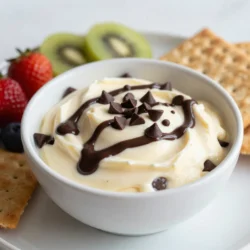 - 225 g Frischkäse, weich - 60 g Puderzucker - 120 g saure Sahne - 1 Teelöffel Vanilleextrakt - 85 g Mini-Schokoladenstückchen - 30 g gehackte Nüsse (optional, für den Crunch) - 1 Esslöffel Schokoladensirup zum Drizzeln Um diesen leckeren Schokoladenstückchen Cheesecake Dip zu machen, brauchen wir einige einfache Zutaten. Der Frischkäse gibt uns die cremige Basis. Wir verwenden 225 g weichen Frischkäse. Er sollte Raumtemperatur haben, damit er sich gut vermischt. Wir fügen dann 60 g Puderzucker hinzu. Der Puderzucker macht den Dip süß und glatt. Außerdem nehmen wir 120 g saure Sahne. Diese gibt dem Dip einen tollen, frischen Geschmack. Der Vanilleextrakt ist wichtig. Er bringt einen feinen Geschmack mit. Ein Teelöffel reicht aus. Dann kommen 85 g Mini-Schokoladenstückchen dazu. Diese sorgen für den Schokoladengenuss. Optional sind 30 g gehackte Nüsse. Sie geben einen tollen Crunch. Zum Schluss träufeln wir 1 Esslöffel Schokoladensirup obenauf. Das sieht hübsch aus und schmeckt fantastisch. Mit diesen Zutaten bist du bereit, einen köstlichen Dip zu zaubern. {{ingredient_image_2}} - Schritt 1: Frischkäse cremig schlagen Beginne mit 225 g weichem Frischkäse. Gib ihn in eine große Rührschüssel. Nutze einen elektrischen Mixer. Schlage den Frischkäse auf mittlerer Stufe, bis er cremig und glatt ist. - Schritt 2: Puderzucker hinzufügen und vermischen Nimm 60 g Puderzucker und füge ihn nach und nach hinzu. Mische weiter, bis der Puderzucker gut eingearbeitet ist. Dies gibt dem Dip eine süße Note. - Schritt 3: Saure Sahne und Vanilleextrakt einarbeiten Gib 120 g saure Sahne und 1 Teelöffel Vanilleextrakt hinzu. Schlage die Mischung, bis sie fluffig und gut vermischt ist. Diese Zutaten machen den Dip noch cremiger. - Schritt 4: Schokoladenstückchen und Nüsse unterheben Füge 85 g Mini-Schokoladenstückchen hinzu. Wenn du magst, kannst du auch 30 g gehackte Nüsse hinzufügen. Hebe alles vorsichtig unter, bis die Zutaten gleichmäßig verteilt sind. - Schritt 5: Dip dekorieren und kühlen Gib den Cheesecake Dip in eine Servierschüssel. Träufle 1 Esslöffel Schokoladensirup obenauf für eine schöne Dekoration. Lass den Dip für mindestens 30 Minuten im Kühlschrank ziehen. So können sich die Aromen entfalten und der Dip wird fester. Um die beste Konsistenz für deinen Dip zu erreichen, kühle ihn mindestens 30 Minuten im Kühlschrank. So verbinden sich die Aromen gut, und der Dip wird fester. Das ist wichtig, wenn du ihn servieren möchtest. Verwende einen elektrischen Mixer für die Zubereitung. Das macht die Mischung schön cremig und glatt. Mische den Frischkäse zuerst gut, bevor du den Puderzucker hinzufügst. Das sorgt für die perfekte Textur. Für leckere Beilagen empfehle ich frische Früchte wie Erdbeeren oder Äpfel. Graham-Cracker sind auch eine tolle Wahl. Brezeln bringen einen tollen Crunch. Dekoriere den Dip mit einem Schokoladensirup. Ein paar Tropfen auf dem Dip sehen super aus. Streue auch einige Mini-Schokoladenstückchen obenauf. Das macht den Dip nicht nur schöner, sondern auch noch leckerer! Pro Tipps Frischkäse Temperatur: Stellen Sie sicher, dass der Frischkäse zimmerwarm ist, damit er leichter cremig geschlagen werden kann. Variationen des Dips: Experimentieren Sie mit verschiedenen Schokoladensorten oder fügen Sie Aromen wie Mandel- oder Karamellextrakt hinzu. Serviervorschläge: Servieren Sie den Dip mit einer Vielzahl von Dippoptionen wie Obst, Keksen oder Pretzeln für mehr Abwechslung. Vorbereitung im Voraus: Bereiten Sie den Dip einen Tag im Voraus zu, um die Aromen noch besser zur Geltung zu bringen. {{image_4}} Du kannst den Schokoladenstückchen Cheesecake Dip leicht anpassen. Probiere einen Schokoladen-Nuss-Dip. Füge einfach gehackte Nüsse zu deiner Mischung hinzu. Die Nüsse geben einen tollen Crunch und einen neuen Geschmack. Ein fruchtiger Cheesecake Dip mit Beeren ist auch eine gute Idee. Verwende frische oder gefrorene Beeren. Mische sie unter den Dip, um eine süße und saftige Note zu erhalten. Himbeeren oder Erdbeeren passen besonders gut. Diese Variationen machen deinen Dip noch spannender. Wenn du Allergien hast, gibt es einfache Alternativen. Du kannst milchfreie Produkte verwenden. Für den Frischkäse nutze eine milchfreie Creme. Es gibt viele gute Optionen in Geschäften. Für nussfreie Varianten lasse die Nüsse einfach weg. Der Dip bleibt trotzdem lecker und cremig. So kannst du sicher sein, dass jeder genießen kann. Diese Anpassungen helfen, den Cheesecake Dip für alle zugänglich zu machen. Lagere den Schokoladenstückchen Cheesecake Dip immer im Kühlschrank. Verwende einen luftdichten Behälter. So bleibt er frisch und lecker. Die ideale Temperatur liegt zwischen 1 und 4 Grad Celsius. Achte darauf, dass der Dip gut abgedeckt ist. Dies schützt vor Gerüchen anderer Lebensmittel im Kühlschrank. Die Haltbarkeit des Dips beträgt etwa fünf bis sieben Tage. Nach dieser Zeit könnte der Geschmack nachlassen. Überprüfe immer, ob der Dip noch frisch riecht und gut aussieht, bevor du ihn isst. Wenn du Reste hast, nutze sie kreativ! Dieser Dip eignet sich hervorragend als Füllung für Desserts. Füge ihn in Muffins oder Torten ein. Du kannst ihn auch als Topping für Eis oder Pfannkuchen verwenden. So verwandelst du Reste in neue, leckere Snacks. Experimentiere und entdecke neue Kombinationen! Die Zubereitung dauert nur 10 Minuten. Die Gesamtzeit beträgt 40 Minuten, da der Dip 30 Minuten im Kühlschrank stehen sollte. So kann er fest werden und die Aromen entfalten sich. Ja, du kannst den Dip im Voraus machen. Bereite ihn einfach einen Tag vorher zu. Lagere ihn in einem luftdichten Behälter im Kühlschrank. Achte darauf, den Schokoladensirup erst kurz vor dem Servieren hinzuzufügen. So bleibt der Dip frisch und lecker. Wenn du keinen Frischkäse magst, gibt es Alternativen. Du kannst griechischen Joghurt verwenden. Er gibt eine ähnliche cremige Textur. Auch ein veganer Frischkäse funktioniert gut, wenn du eine pflanzliche Option suchst. Diese Anleitung hat dir gezeigt, wie du einen leckeren Cheesecake Dip zubereitest. Wir haben die Zutaten aufgelistet, dir Schritt für Schritt die Zubereitung erklärt und Tipps für die perfekte Konsistenz gegeben. Außerdem hast du Ideen für Variationen und Aufbewahrungshinweise erhalten. Mein abschließender Gedanke: Experimentiere mit verschiedenen Geschmäckern und genieße deinen Dip mit Freunden. Mach dir keine Sorgen über Reste – die kannst du einfach wiederverwenden! Viel Spaß beim Ausprobieren!