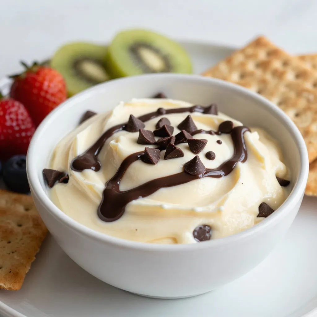 - 225 g Frischkäse, weich - 60 g Puderzucker - 120 g saure Sahne - 1 Teelöffel Vanilleextrakt - 85 g Mini-Schokoladenstückchen - 30 g gehackte Nüsse (optional, für den Crunch) - 1 Esslöffel Schokoladensirup zum Drizzeln Um diesen leckeren Schokoladenstückchen Cheesecake Dip zu machen, brauchen wir einige einfache Zutaten. Der Frischkäse gibt uns die cremige Basis. Wir verwenden 225 g weichen Frischkäse. Er sollte Raumtemperatur haben, damit er sich gut vermischt. Wir fügen dann 60 g Puderzucker hinzu. Der Puderzucker macht den Dip süß und glatt. Außerdem nehmen wir 120 g saure Sahne. Diese gibt dem Dip einen tollen, frischen Geschmack. Der Vanilleextrakt ist wichtig. Er bringt einen feinen Geschmack mit. Ein Teelöffel reicht aus. Dann kommen 85 g Mini-Schokoladenstückchen dazu. Diese sorgen für den Schokoladengenuss. Optional sind 30 g gehackte Nüsse. Sie geben einen tollen Crunch. Zum Schluss träufeln wir 1 Esslöffel Schokoladensirup obenauf. Das sieht hübsch aus und schmeckt fantastisch. Mit diesen Zutaten bist du bereit, einen köstlichen Dip zu zaubern. {{ingredient_image_2}} - Schritt 1: Frischkäse cremig schlagen Beginne mit 225 g weichem Frischkäse. Gib ihn in eine große Rührschüssel. Nutze einen elektrischen Mixer. Schlage den Frischkäse auf mittlerer Stufe, bis er cremig und glatt ist. - Schritt 2: Puderzucker hinzufügen und vermischen Nimm 60 g Puderzucker und füge ihn nach und nach hinzu. Mische weiter, bis der Puderzucker gut eingearbeitet ist. Dies gibt dem Dip eine süße Note. - Schritt 3: Saure Sahne und Vanilleextrakt einarbeiten Gib 120 g saure Sahne und 1 Teelöffel Vanilleextrakt hinzu. Schlage die Mischung, bis sie fluffig und gut vermischt ist. Diese Zutaten machen den Dip noch cremiger. - Schritt 4: Schokoladenstückchen und Nüsse unterheben Füge 85 g Mini-Schokoladenstückchen hinzu. Wenn du magst, kannst du auch 30 g gehackte Nüsse hinzufügen. Hebe alles vorsichtig unter, bis die Zutaten gleichmäßig verteilt sind. - Schritt 5: Dip dekorieren und kühlen Gib den Cheesecake Dip in eine Servierschüssel. Träufle 1 Esslöffel Schokoladensirup obenauf für eine schöne Dekoration. Lass den Dip für mindestens 30 Minuten im Kühlschrank ziehen. So können sich die Aromen entfalten und der Dip wird fester. Um die beste Konsistenz für deinen Dip zu erreichen, kühle ihn mindestens 30 Minuten im Kühlschrank. So verbinden sich die Aromen gut, und der Dip wird fester. Das ist wichtig, wenn du ihn servieren möchtest. Verwende einen elektrischen Mixer für die Zubereitung. Das macht die Mischung schön cremig und glatt. Mische den Frischkäse zuerst gut, bevor du den Puderzucker hinzufügst. Das sorgt für die perfekte Textur. Für leckere Beilagen empfehle ich frische Früchte wie Erdbeeren oder Äpfel. Graham-Cracker sind auch eine tolle Wahl. Brezeln bringen einen tollen Crunch. Dekoriere den Dip mit einem Schokoladensirup. Ein paar Tropfen auf dem Dip sehen super aus. Streue auch einige Mini-Schokoladenstückchen obenauf. Das macht den Dip nicht nur schöner, sondern auch noch leckerer! Pro Tipps Frischkäse Temperatur: Stellen Sie sicher, dass der Frischkäse zimmerwarm ist, damit er leichter cremig geschlagen werden kann. Variationen des Dips: Experimentieren Sie mit verschiedenen Schokoladensorten oder fügen Sie Aromen wie Mandel- oder Karamellextrakt hinzu. Serviervorschläge: Servieren Sie den Dip mit einer Vielzahl von Dippoptionen wie Obst, Keksen oder Pretzeln für mehr Abwechslung. Vorbereitung im Voraus: Bereiten Sie den Dip einen Tag im Voraus zu, um die Aromen noch besser zur Geltung zu bringen. {{image_4}} Du kannst den Schokoladenstückchen Cheesecake Dip leicht anpassen. Probiere einen Schokoladen-Nuss-Dip. Füge einfach gehackte Nüsse zu deiner Mischung hinzu. Die Nüsse geben einen tollen Crunch und einen neuen Geschmack. Ein fruchtiger Cheesecake Dip mit Beeren ist auch eine gute Idee. Verwende frische oder gefrorene Beeren. Mische sie unter den Dip, um eine süße und saftige Note zu erhalten. Himbeeren oder Erdbeeren passen besonders gut. Diese Variationen machen deinen Dip noch spannender. Wenn du Allergien hast, gibt es einfache Alternativen. Du kannst milchfreie Produkte verwenden. Für den Frischkäse nutze eine milchfreie Creme. Es gibt viele gute Optionen in Geschäften. Für nussfreie Varianten lasse die Nüsse einfach weg. Der Dip bleibt trotzdem lecker und cremig. So kannst du sicher sein, dass jeder genießen kann. Diese Anpassungen helfen, den Cheesecake Dip für alle zugänglich zu machen. Lagere den Schokoladenstückchen Cheesecake Dip immer im Kühlschrank. Verwende einen luftdichten Behälter. So bleibt er frisch und lecker. Die ideale Temperatur liegt zwischen 1 und 4 Grad Celsius. Achte darauf, dass der Dip gut abgedeckt ist. Dies schützt vor Gerüchen anderer Lebensmittel im Kühlschrank. Die Haltbarkeit des Dips beträgt etwa fünf bis sieben Tage. Nach dieser Zeit könnte der Geschmack nachlassen. Überprüfe immer, ob der Dip noch frisch riecht und gut aussieht, bevor du ihn isst. Wenn du Reste hast, nutze sie kreativ! Dieser Dip eignet sich hervorragend als Füllung für Desserts. Füge ihn in Muffins oder Torten ein. Du kannst ihn auch als Topping für Eis oder Pfannkuchen verwenden. So verwandelst du Reste in neue, leckere Snacks. Experimentiere und entdecke neue Kombinationen! Die Zubereitung dauert nur 10 Minuten. Die Gesamtzeit beträgt 40 Minuten, da der Dip 30 Minuten im Kühlschrank stehen sollte. So kann er fest werden und die Aromen entfalten sich. Ja, du kannst den Dip im Voraus machen. Bereite ihn einfach einen Tag vorher zu. Lagere ihn in einem luftdichten Behälter im Kühlschrank. Achte darauf, den Schokoladensirup erst kurz vor dem Servieren hinzuzufügen. So bleibt der Dip frisch und lecker. Wenn du keinen Frischkäse magst, gibt es Alternativen. Du kannst griechischen Joghurt verwenden. Er gibt eine ähnliche cremige Textur. Auch ein veganer Frischkäse funktioniert gut, wenn du eine pflanzliche Option suchst. Diese Anleitung hat dir gezeigt, wie du einen leckeren Cheesecake Dip zubereitest. Wir haben die Zutaten aufgelistet, dir Schritt für Schritt die Zubereitung erklärt und Tipps für die perfekte Konsistenz gegeben. Außerdem hast du Ideen für Variationen und Aufbewahrungshinweise erhalten. Mein abschließender Gedanke: Experimentiere mit verschiedenen Geschmäckern und genieße deinen Dip mit Freunden. Mach dir keine Sorgen über Reste – die kannst du einfach wiederverwenden! Viel Spaß beim Ausprobieren!