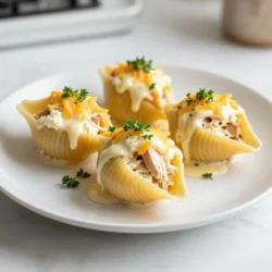 Für die Chicken Alfredo Stuffed Shells benötigst du: - 20 Jumbo-Pasta-Schalen - 2 Tassen gekochtes Hähnchen, zerrupft - 1 Tasse Ricotta-Käse - 1 Tasse Mozzarella-Käse, gerieben - 1/2 Tasse Parmesan-Käse, gerieben - 2 Tassen Alfredo-Sauce (fertig gekauft oder selbstgemacht) - 1 Teelöffel Knoblauchpulver - 1 Teelöffel italienische Kräuter - Salz und Pfeffer nach Geschmack - Frische Petersilie, gehackt (zum Garnieren) Diese Zutaten sorgen für einen tollen Geschmack und eine cremige Textur. Du kannst das gekochte Hähnchen ganz einfach vorbereiten. Reste von Hähnchen oder sogar Brathähnchen funktionieren gut. Um die Chicken Alfredo Stuffed Shells zu machen, benötigst du: - Einen großen Topf zum Kochen der Pasta - Eine große Rührschüssel zum Mischen der Füllung - Eine Auflaufform für das Backen - Einen Löffel oder einen Spatel zum Füllen der Schalen - Aluminiumfolie zum Abdecken der Auflaufform Mit diesen Geräten wird die Zubereitung schnell und einfach. Du musst nur aufmerksam sein, wenn du die Pasta kochst, damit sie nicht zu weich wird. Du kannst die Füllung ganz nach deinem Geschmack anpassen: - Fleisch: Verwende gekochte Pute oder sogar Rindfleisch für Abwechslung. - Käse: Probiere andere Käsesorten wie Gouda oder Feta. - Gemüse: Füge Spinat, Brokkoli oder Paprika für mehr Farben hinzu. Diese Variationen geben deinem Gericht einen eigenen Twist. Sei kreativ und finde deine Lieblingskombination! {{ingredient_image_2}} Zuerst heizen Sie Ihren Ofen auf 175 °C vor. Kochen Sie die Jumbo-Pasta-Schalen nach Packungsanleitung. Achten Sie darauf, dass sie al dente sind. Nach dem Kochen, lassen Sie die Schalen abtropfen und etwas abkühlen. Dies hilft, die Füllung später einfacher hineinzugeben. Für die Pasta verwenden Sie die Jumbo-Schalen. Diese großen Schalen sind perfekt für die Füllung. Kochen Sie sie in einem großen Topf mit gesalzenem Wasser. Rühren Sie gelegentlich um, damit sie nicht kleben. Wenn sie fertig sind, gießen Sie sie ab und stellen Sie sie auf eine Seite. In einer großen Schüssel vermischen Sie das zerrupfte Hähnchen, den Ricotta-Käse, die Hälfte des geriebenen Mozzarellas, den Parmesan, das Knoblauchpulver und die italienischen Kräuter. Fügen Sie Salz und Pfeffer hinzu. Mischen Sie alles gut, bis eine gleichmäßige Masse entsteht. Diese Füllung wird Ihre Schalen lecker machen! Jetzt füllen Sie jede Schale mit der Hähnchenmischung. Legen Sie die gefüllten Schalen in eine Auflaufform, mit der Öffnung nach oben. Gießen Sie die Alfredo-Sauce gleichmäßig darüber. Streuen Sie den restlichen Mozzarella-Käse obenauf. Decken Sie die Form mit Alufolie ab und backen Sie sie 25 Minuten. Entfernen Sie die Folie und backen Sie weitere 10-15 Minuten, bis der Käse goldbraun ist. Lassen Sie das Gericht etwas abkühlen, bevor Sie es servieren. Garnieren Sie es mit frischer Petersilie. Um die Chicken Alfredo Stuffed Shells perfekt zuzubereiten, sind ein paar einfache Tipps hilfreich. Kochen Sie die Jumbo-Pasta-Schalen nur bis zum al dente Punkt. So bleiben sie beim Füllen stabil. Lassen Sie sie nach dem Kochen etwas abkühlen, damit Sie sich nicht verbrennen. Achten Sie darauf, die Füllung gut zu mischen. So verteilt sich der Geschmack gleichmäßig. Füllen Sie die Schalen großzügig, aber nicht übermäßig, damit die Füllung beim Backen nicht herausquillt. Ein weiterer wichtiger Schritt ist das Abdecken der Auflaufform mit Folie. Das hilft, die Feuchtigkeit zu halten und die Schalen zart zu machen. Die Wahl der Zutaten ist entscheidend für den Geschmack. Verwenden Sie frisches Hähnchen, das Sie selbst kochen oder braten. So bleibt der Geschmack intensiv. Für die Käsesorten empfehle ich, hochwertigen Ricotta und echten Parmesan zu wählen. Diese Käsesorten geben der Füllung die beste Textur. Achten Sie auch auf eine gute Alfredo-Sauce. Sie können eine fertige Sauce verwenden, aber selbstgemachte Sauce hat oft den besten Geschmack. Die italienischen Kräuter und das Knoblauchpulver verleihen dem Gericht ein zusätzliches Aroma. Sehen Sie sich die Etiketten an und wählen Sie Produkte ohne unnötige Zusatzstoffe. Die Präsentation macht einen großen Unterschied beim Servieren. Platzieren Sie die gefüllten Schalen in einer großen Auflaufform. Streuen Sie den restlichen Mozzarella-Käse großzügig darüber, damit er schön schmilzt. Nach dem Backen garnieren Sie die Schalen mit frischer, gehackter Petersilie. Ein zusätzlicher Klecks Alfredo-Sauce auf jedem Teller macht das Gericht noch ansprechender. Servieren Sie die Schalen warm und genießen Sie den tollen Anblick. Pro Tipps Käsewahl: Verwenden Sie frischen Mozzarella und Parmesan für einen besseren Geschmack und eine cremigere Textur. Vorkochen: Kochen Sie die Pasta-Schalen nicht zu lange, da sie beim Backen weiter garen und sonst zerfallen können. Alfredo-Sauce: Wenn Sie die Sauce selbst machen, fügen Sie etwas Muskatnuss hinzu, um den Geschmack zu intensivieren. Garnierung: Frische Kräuter wie Basilikum oder Thymian können zusätzlich zur Petersilie für mehr Aroma und Farbe verwendet werden. {{image_4}} Wenn Sie spezielle Diäten haben, können Sie die Zutaten leicht anpassen. Zum Beispiel, wenn Sie glutenfrei essen, verwenden Sie glutenfreie Pasta. Wenn Sie laktosefrei sind, wählen Sie laktosefreien Käse. Für eine kalorienarme Version kann mageres Hähnchen oder weniger Käse verwendet werden. Diese Anpassungen helfen, das Gericht für alle Personen genießbar zu machen. Kräuter und Gewürze können den Geschmack stark verändern. Anstelle von italienischen Kräutern probieren Sie frischen Basilikum oder Oregano. Fügen Sie eine Prise rote Pfefferflocken für etwas Schärfe hinzu. Wenn Sie Knoblauch mögen, können Sie frischen Knoblauch anstelle von Pulver verwenden. Diese einfachen Änderungen verleihen Ihrem Gericht eine neue Note. Für eine vegetarische Version ersetzen Sie das Hähnchen durch Spinat oder Pilze. Diese Optionen sind nahrhaft und lecker. Wenn Sie vegane Varianten wünschen, verwenden Sie pflanzliche Käsealternativen und eine vegane Alfredo-Sauce. Diese Varianten sind ebenso schmackhaft und bieten eine tolle Möglichkeit, die Füllung zu variieren. Um die Chicken Alfredo Stuffed Shells frisch zu halten, lassen Sie sie zuerst abkühlen. Legen Sie die Schalen in einen luftdichten Behälter. Trennen Sie die Schalen von der Sauce, wenn Sie sie länger aufbewahren. So bleibt die Pasta nicht matschig. Sie können die gefüllten Schalen auch in Alufolie wickeln, wenn Sie keinen Behälter haben. Im Kühlschrank bleiben die Chicken Alfredo Stuffed Shells etwa 3-5 Tage frisch. Achten Sie darauf, dass der Behälter gut verschlossen ist. Im Gefrierschrank können sie bis zu 2 Monate halten. Zum Einfrieren legen Sie die Schalen in einen gefriergeeigneten Behälter oder wickeln Sie sie gut ein. Beschriften Sie den Behälter mit dem Datum für Ihre Aufzeichnungen. Zum Aufwärmen nehmen Sie die Schalen aus dem Kühlschrank oder Gefrierschrank. Bei Kühlschranklagerung können Sie sie direkt in den Ofen legen. Decken Sie die Schalen mit Folie ab, um ein Austrocknen zu vermeiden. Backen Sie sie bei 175 °C (350 °F) für etwa 20-25 Minuten. Wenn die Schalen gefroren sind, erhöhen Sie die Backzeit auf 30-40 Minuten. Überprüfen Sie, ob sie gut durchgewärmt sind, bevor Sie sie servieren. Die Zubereitung braucht etwa 20 Minuten. Das Backen dauert weitere 35 Minuten. Insgesamt sind das 55 Minuten von Anfang bis Ende. Es ist also ein schnelles und einfaches Gericht für jeden Tag. Ja, du kannst die Füllung im Voraus machen. Bereite sie einfach vor und stelle sie in den Kühlschrank. Du kannst die Füllung bis zu zwei Tage im Voraus zubereiten. Am Tag des Kochens musst du die Füllung nur noch in die Schalen geben und backen. Zu Chicken Alfredo Stuffed Shells passen viele Beilagen gut. Ein einfacher grüner Salat ist eine frische Wahl. Auch knuspriges Brot oder Knoblauchbrot sind tolle Optionen. Gemüse wie gedünsteter Brokkoli oder grüne Bohnen ergänzen das Gericht perfekt. In diesem Blogpost habe ich die Zutaten und deren Variationen erläutert. Sie haben gelernt, wie man Schritt für Schritt Chicken Alfredo Stuffed Shells zubereitet. Ich habe nützliche Tipps gegeben, um das beste Ergebnis zu erzielen. Auch die Aufbewahrung und Haltbarkeit wurden behandelt. Denken Sie daran, dass Anpassungen möglich sind und jeder die Füllung nach Geschmack gestalten kann. Experimentieren Sie mit den Zutaten und genießen Sie Ihre kreativ gestalteten Schalen. Die Freude am Kochen macht jedes Gericht besonders.
