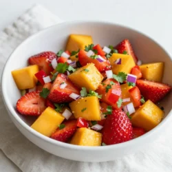 Für die perfekte Erdbeer-Mango-Salsa benötigen Sie einige frische Zutaten. Hier sind die Hauptbestandteile: - 1 Tasse Erdbeeren, entstielt und gewürfelt - 1 Tasse Mango, gewürfelt - 1/4 rote Zwiebel, fein gehackt - 1/2 rote Paprika, gewürfelt - 1 Jalapeño, entkernt und fein gehackt (optional) - 1/4 Tasse frischer Koriander, gehackt - Saft von 1 Limette - Salz und Pfeffer nach Geschmack Diese Zutaten bringen frische Aromen und Farben in Ihre Salsa. Erdbeeren und Mangos sind süß und saftig. Die Zwiebel und Paprika fügen einen knackigen Biss hinzu. Zusätzlich zu den Hauptzutaten können Sie mit Gewürzen arbeiten. Der Saft von einer Limette bringt eine schöne Säure. Salz und Pfeffer helfen, die Aromen zu betonen. Sie können die Jalapeño hinzufügen, wenn Sie etwas Schärfe mögen. Probieren Sie auch, etwas Knoblauch oder Kreuzkümmel für mehr Tiefe hinzuzufügen. Wählen Sie reife Erdbeeren und Mangos für den besten Geschmack. Achten Sie darauf, dass die Erdbeeren leuchtend rot und fest sind. Die Mangos sollten ebenfalls weich, aber nicht matschig sein. Wenn Sie die Früchte im Supermarkt kaufen, riechen Sie daran. Reife Früchte haben einen süßen Duft. Kaufen Sie frische Kräuter, die grün und knusprig sind. Diese Tipps helfen Ihnen, die besten Zutaten für Ihre Salsa auszuwählen. {{ingredient_image_2}} Um die Erdbeer-Mango-Salsa zuzubereiten, beginne mit frischen Zutaten. Du brauchst: - 1 Tasse Erdbeeren, entstielt und gewürfelt - 1 Tasse Mango, gewürfelt - 1/4 rote Zwiebel, fein gehackt - 1/2 rote Paprika, gewürfelt - 1 Jalapeño, entkernt und fein gehackt (optional) - 1/4 Tasse frischer Koriander, gehackt - Saft von 1 Limette - Salz und Pfeffer nach Geschmack Stelle sicher, dass die Erdbeeren und Mangos reif sind. So schmeckt die Salsa besser. Nun ist es Zeit, alles zusammenzubringen. Nimm eine große Schüssel und füge die gewürfelten Erdbeeren und die Mango hinzu. Rühre vorsichtig, um sie zu vermengen. Dann gib die fein gehackte rote Zwiebel und die gewürfelte Paprika in die Schüssel. Wenn du es scharf magst, füge die Jalapeño hinzu. Danach kommt der Koriander, gefolgt vom Limettensaft. Rühre alles gut um, sodass sich die Aromen verbinden. Zum Schluss mit Salz und Pfeffer abschmecken. Um die Salsa optimal zu kühlen, decke die Schüssel mit Frischhaltefolie ab. Lass die Salsa mindestens 30 Minuten im Kühlschrank ruhen. So können sich die Aromen gut entfalten. Wenn du die Salsa länger aufbewahren willst, lagere sie in einem luftdichten Behälter. So bleibt sie frisch. Wenn Sie mehr Schärfe möchten, fügen Sie mehr Jalapeños hinzu. Sie können auch etwas Chili-Pulver verwenden. Für weniger Schärfe entfernen Sie die Samen der Jalapeños. Probieren Sie auch, andere scharfe Paprikas zu verwenden. So können Sie die Schärfe an Ihren Geschmack anpassen. Diese Salsa passt hervorragend zu gegrilltem Fisch und Hähnchen. Sie ist auch ein toller Begleiter zu Tacos oder Burritos. Für eine einfache Vorspeise reichen Sie Tortilla-Chips dazu. Fügen Sie etwas Guacamole hinzu, um das Erlebnis zu verbessern. Ein frischer Salat ergänzt die Salsa ebenfalls gut. Bereiten Sie die Salsa bis zu einem Tag im Voraus zu. Stellen Sie sicher, dass Sie sie gut abdecken, damit die Aromen frisch bleiben. Lassen Sie die Salsa im Kühlschrank ruhen, damit die Aromen sich gut vermischen. Rühren Sie die Salsa vor dem Servieren leicht um, um die Zutaten aufzufrischen. Pro Tipps Frische Zutaten: Verwenden Sie frische, reife Früchte, um den besten Geschmack und die beste Textur in Ihrer Salsa zu erzielen. Schärfe anpassen: Die Menge der Jalapeño kann nach Ihrem persönlichen Geschmack angepasst werden. Beginnen Sie mit einer kleinen Menge und fügen Sie nach Bedarf mehr hinzu. Vorbereitung im Voraus: Bereiten Sie die Salsa bis zu 2 Stunden im Voraus vor und lassen Sie sie im Kühlschrank ziehen, um die Aromen zu intensivieren. Servieren mit Stil: Servieren Sie die Salsa in einer bunten Schüssel und garnieren Sie sie mit frischen Korianderblättern für einen ansprechenden Look. {{image_4}} Wenn du mit der Erdbeer-Mango-Salsa experimentieren möchtest, probiere andere Früchte. Du kannst zum Beispiel Ananas oder Kiwi verwenden. Diese Früchte bringen süße und saftige Aromen. Auch Pfirsiche oder Aprikosen passen gut. Sie verleihen der Salsa eine frische Note. Du kannst die gleiche Menge nehmen, also eine Tasse. Achte darauf, die Früchte gut zu schneiden, damit die Salsa eine schöne Textur hat. Die Erdbeer-Mango-Salsa ist bereits vegan. Du brauchst keine tierischen Produkte. Das macht sie perfekt für jeden. Auch glutenfrei ist sie, da keine glutenhaltigen Zutaten enthalten sind. Wenn du nach einer zusätzlichen Note suchst, kannst du Avocado hinzufügen. Sie gibt der Salsa eine cremige Konsistenz. Ein weiterer Tipp ist, Limette und Koriander frisch zu nutzen. So bleibt der Geschmack lebendig und frisch. Die Salsa ist sehr vielseitig. Du kannst sie als Dip für Tortilla-Chips servieren. Das ist ein Klassiker und immer beliebt. Auch zu gegrilltem Fleisch oder Fisch passt sie hervorragend. Die fruchtige Süße ergänzt die herzhaften Aromen gut. Ein weiterer Vorschlag ist, die Salsa auf Tacos zu geben. Das bringt einen tollen Geschmack und sieht auch gut aus. Denk daran, die Salsa in einer bunten Schüssel zu servieren. Das macht das Gericht noch einladender. Die Erdbeer-Mango-Salsa bleibt frisch, wenn Sie sie gut lagern. Verwenden Sie einen luftdichten Behälter. Stellen Sie sicher, dass der Deckel fest schließt. So bleibt die Salsa knackig und aromatisch. Stellen Sie den Behälter in den Kühlschrank. Dort hält sie bis zu fünf Tage. Nach ein paar Tagen kann die Salsa weicher werden. Wenn Sie Reste haben, verwenden Sie sie kreativ. Fügen Sie die Salsa zu Tacos oder Salaten hinzu. Sie passt auch gut zu gegrilltem Hähnchen oder Fisch. So genießen Sie den frischen Geschmack weiter. Einfrieren ist eine gute Option, wenn Sie viel Salsa haben. Füllen Sie die Salsa in einen gefrierfesten Behälter. Lassen Sie dabei etwas Platz, da die Salsa beim Gefrieren ausdehnt. So bleibt der Geschmack auch nach dem Auftauen frisch. Zum Auftauen stellen Sie die Salsa einfach über Nacht in den Kühlschrank. Erdbeer-Mango-Salsa bleibt frisch in einem geschlossenen Behälter etwa 3 bis 5 Tage im Kühlschrank. Die Aromen werden nach ein paar Stunden besser, also lassen Sie die Salsa ruhen. Nach ein paar Tagen kann die Salsa matschig werden. Das liegt an den saftigen Früchten. Wenn Sie die Salsa länger aufbewahren möchten, frieren Sie sie ein. So bleibt der Geschmack erhalten. Ja, Sie können die Salsa im Voraus zubereiten. Tatsächlich empfehle ich es! Die Aromen vermischen sich besser, wenn die Salsa etwas Zeit hat. Bereiten Sie die Salsa bis zu 24 Stunden im Voraus vor und stellen Sie sie in den Kühlschrank. Decken Sie die Schüssel gut ab, damit die Salsa frisch bleibt. Es gibt viele Optionen, um die Salsa zu verfeinern! Hier sind einige Ideen: - Avocado für Cremigkeit - Ananas für eine süßere Note - Limette oder Zitrone für mehr Frische - Mais für einen knackigen Biss - Bohnen für mehr Protein Experimentieren Sie mit verschiedenen Zutaten und finden Sie Ihre perfekte Mischung! Erdbeer-Mango-Salsa ist frisch, einfach und lecker. Du hast gelernt, was du brauchst und wie du es zubereitest. Wir haben auch über Tipps zur Anpassung der Schärfe und Lagerung gesprochen. Denke daran, frische und reife Früchte zu wählen. Probiere verschiedene Variationen aus, um deine Salsa zu gestalten. Mit diesen Ideen und Anleitungen kannst du jeden Snack oder jedes Essen aufpeppen. Jetzt bist du bereit, deine eigene köstliche Salsa zu machen!