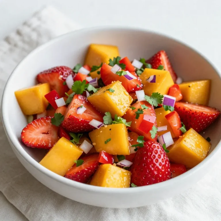 Für die perfekte Erdbeer-Mango-Salsa benötigen Sie einige frische Zutaten. Hier sind die Hauptbestandteile: - 1 Tasse Erdbeeren, entstielt und gewürfelt - 1 Tasse Mango, gewürfelt - 1/4 rote Zwiebel, fein gehackt - 1/2 rote Paprika, gewürfelt - 1 Jalapeño, entkernt und fein gehackt (optional) - 1/4 Tasse frischer Koriander, gehackt - Saft von 1 Limette - Salz und Pfeffer nach Geschmack Diese Zutaten bringen frische Aromen und Farben in Ihre Salsa. Erdbeeren und Mangos sind süß und saftig. Die Zwiebel und Paprika fügen einen knackigen Biss hinzu. Zusätzlich zu den Hauptzutaten können Sie mit Gewürzen arbeiten. Der Saft von einer Limette bringt eine schöne Säure. Salz und Pfeffer helfen, die Aromen zu betonen. Sie können die Jalapeño hinzufügen, wenn Sie etwas Schärfe mögen. Probieren Sie auch, etwas Knoblauch oder Kreuzkümmel für mehr Tiefe hinzuzufügen. Wählen Sie reife Erdbeeren und Mangos für den besten Geschmack. Achten Sie darauf, dass die Erdbeeren leuchtend rot und fest sind. Die Mangos sollten ebenfalls weich, aber nicht matschig sein. Wenn Sie die Früchte im Supermarkt kaufen, riechen Sie daran. Reife Früchte haben einen süßen Duft. Kaufen Sie frische Kräuter, die grün und knusprig sind. Diese Tipps helfen Ihnen, die besten Zutaten für Ihre Salsa auszuwählen. {{ingredient_image_2}} Um die Erdbeer-Mango-Salsa zuzubereiten, beginne mit frischen Zutaten. Du brauchst: - 1 Tasse Erdbeeren, entstielt und gewürfelt - 1 Tasse Mango, gewürfelt - 1/4 rote Zwiebel, fein gehackt - 1/2 rote Paprika, gewürfelt - 1 Jalapeño, entkernt und fein gehackt (optional) - 1/4 Tasse frischer Koriander, gehackt - Saft von 1 Limette - Salz und Pfeffer nach Geschmack Stelle sicher, dass die Erdbeeren und Mangos reif sind. So schmeckt die Salsa besser. Nun ist es Zeit, alles zusammenzubringen. Nimm eine große Schüssel und füge die gewürfelten Erdbeeren und die Mango hinzu. Rühre vorsichtig, um sie zu vermengen. Dann gib die fein gehackte rote Zwiebel und die gewürfelte Paprika in die Schüssel. Wenn du es scharf magst, füge die Jalapeño hinzu. Danach kommt der Koriander, gefolgt vom Limettensaft. Rühre alles gut um, sodass sich die Aromen verbinden. Zum Schluss mit Salz und Pfeffer abschmecken. Um die Salsa optimal zu kühlen, decke die Schüssel mit Frischhaltefolie ab. Lass die Salsa mindestens 30 Minuten im Kühlschrank ruhen. So können sich die Aromen gut entfalten. Wenn du die Salsa länger aufbewahren willst, lagere sie in einem luftdichten Behälter. So bleibt sie frisch. Wenn Sie mehr Schärfe möchten, fügen Sie mehr Jalapeños hinzu. Sie können auch etwas Chili-Pulver verwenden. Für weniger Schärfe entfernen Sie die Samen der Jalapeños. Probieren Sie auch, andere scharfe Paprikas zu verwenden. So können Sie die Schärfe an Ihren Geschmack anpassen. Diese Salsa passt hervorragend zu gegrilltem Fisch und Hähnchen. Sie ist auch ein toller Begleiter zu Tacos oder Burritos. Für eine einfache Vorspeise reichen Sie Tortilla-Chips dazu. Fügen Sie etwas Guacamole hinzu, um das Erlebnis zu verbessern. Ein frischer Salat ergänzt die Salsa ebenfalls gut. Bereiten Sie die Salsa bis zu einem Tag im Voraus zu. Stellen Sie sicher, dass Sie sie gut abdecken, damit die Aromen frisch bleiben. Lassen Sie die Salsa im Kühlschrank ruhen, damit die Aromen sich gut vermischen. Rühren Sie die Salsa vor dem Servieren leicht um, um die Zutaten aufzufrischen. Pro Tipps Frische Zutaten: Verwenden Sie frische, reife Früchte, um den besten Geschmack und die beste Textur in Ihrer Salsa zu erzielen. Schärfe anpassen: Die Menge der Jalapeño kann nach Ihrem persönlichen Geschmack angepasst werden. Beginnen Sie mit einer kleinen Menge und fügen Sie nach Bedarf mehr hinzu. Vorbereitung im Voraus: Bereiten Sie die Salsa bis zu 2 Stunden im Voraus vor und lassen Sie sie im Kühlschrank ziehen, um die Aromen zu intensivieren. Servieren mit Stil: Servieren Sie die Salsa in einer bunten Schüssel und garnieren Sie sie mit frischen Korianderblättern für einen ansprechenden Look. {{image_4}} Wenn du mit der Erdbeer-Mango-Salsa experimentieren möchtest, probiere andere Früchte. Du kannst zum Beispiel Ananas oder Kiwi verwenden. Diese Früchte bringen süße und saftige Aromen. Auch Pfirsiche oder Aprikosen passen gut. Sie verleihen der Salsa eine frische Note. Du kannst die gleiche Menge nehmen, also eine Tasse. Achte darauf, die Früchte gut zu schneiden, damit die Salsa eine schöne Textur hat. Die Erdbeer-Mango-Salsa ist bereits vegan. Du brauchst keine tierischen Produkte. Das macht sie perfekt für jeden. Auch glutenfrei ist sie, da keine glutenhaltigen Zutaten enthalten sind. Wenn du nach einer zusätzlichen Note suchst, kannst du Avocado hinzufügen. Sie gibt der Salsa eine cremige Konsistenz. Ein weiterer Tipp ist, Limette und Koriander frisch zu nutzen. So bleibt der Geschmack lebendig und frisch. Die Salsa ist sehr vielseitig. Du kannst sie als Dip für Tortilla-Chips servieren. Das ist ein Klassiker und immer beliebt. Auch zu gegrilltem Fleisch oder Fisch passt sie hervorragend. Die fruchtige Süße ergänzt die herzhaften Aromen gut. Ein weiterer Vorschlag ist, die Salsa auf Tacos zu geben. Das bringt einen tollen Geschmack und sieht auch gut aus. Denk daran, die Salsa in einer bunten Schüssel zu servieren. Das macht das Gericht noch einladender. Die Erdbeer-Mango-Salsa bleibt frisch, wenn Sie sie gut lagern. Verwenden Sie einen luftdichten Behälter. Stellen Sie sicher, dass der Deckel fest schließt. So bleibt die Salsa knackig und aromatisch. Stellen Sie den Behälter in den Kühlschrank. Dort hält sie bis zu fünf Tage. Nach ein paar Tagen kann die Salsa weicher werden. Wenn Sie Reste haben, verwenden Sie sie kreativ. Fügen Sie die Salsa zu Tacos oder Salaten hinzu. Sie passt auch gut zu gegrilltem Hähnchen oder Fisch. So genießen Sie den frischen Geschmack weiter. Einfrieren ist eine gute Option, wenn Sie viel Salsa haben. Füllen Sie die Salsa in einen gefrierfesten Behälter. Lassen Sie dabei etwas Platz, da die Salsa beim Gefrieren ausdehnt. So bleibt der Geschmack auch nach dem Auftauen frisch. Zum Auftauen stellen Sie die Salsa einfach über Nacht in den Kühlschrank. Erdbeer-Mango-Salsa bleibt frisch in einem geschlossenen Behälter etwa 3 bis 5 Tage im Kühlschrank. Die Aromen werden nach ein paar Stunden besser, also lassen Sie die Salsa ruhen. Nach ein paar Tagen kann die Salsa matschig werden. Das liegt an den saftigen Früchten. Wenn Sie die Salsa länger aufbewahren möchten, frieren Sie sie ein. So bleibt der Geschmack erhalten. Ja, Sie können die Salsa im Voraus zubereiten. Tatsächlich empfehle ich es! Die Aromen vermischen sich besser, wenn die Salsa etwas Zeit hat. Bereiten Sie die Salsa bis zu 24 Stunden im Voraus vor und stellen Sie sie in den Kühlschrank. Decken Sie die Schüssel gut ab, damit die Salsa frisch bleibt. Es gibt viele Optionen, um die Salsa zu verfeinern! Hier sind einige Ideen: - Avocado für Cremigkeit - Ananas für eine süßere Note - Limette oder Zitrone für mehr Frische - Mais für einen knackigen Biss - Bohnen für mehr Protein Experimentieren Sie mit verschiedenen Zutaten und finden Sie Ihre perfekte Mischung! Erdbeer-Mango-Salsa ist frisch, einfach und lecker. Du hast gelernt, was du brauchst und wie du es zubereitest. Wir haben auch über Tipps zur Anpassung der Schärfe und Lagerung gesprochen. Denke daran, frische und reife Früchte zu wählen. Probiere verschiedene Variationen aus, um deine Salsa zu gestalten. Mit diesen Ideen und Anleitungen kannst du jeden Snack oder jedes Essen aufpeppen. Jetzt bist du bereit, deine eigene köstliche Salsa zu machen!