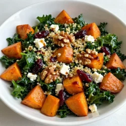 Für unseren Röstenden Süßkartoffel-Grünkohlsalat brauchen wir einige frische Zutaten. Hier sind die Hauptzutaten, die du sammeln solltest: - 2 mittelgroße Süßkartoffeln, geschält und gewürfelt - 4 Tassen frischer Grünkohl, Stiele entfernt und grob gehackt - 1/2 Tasse gekochte Quinoa - 1/4 Tasse getrocknete Cranberrys - 1/4 Tasse Walnüsse, grob gehackt - 1/3 Tasse Feta-Käse, zerbröselt Diese Zutaten geben dem Salat eine tolle Textur und Geschmack. Die Süßkartoffeln bringen Süße, während der Grünkohl einen nussigen Geschmack hat. Die richtigen Gewürze und Öle machen einen großen Unterschied. Für diesen Salat benötigst du: - 2 Esslöffel Olivenöl - Salz und Pfeffer nach Geschmack - Optional: 1/2 Teelöffel Chiliflocken für zusätzlichen Schwung Das Olivenöl hilft, die Süßkartoffeln beim Rösten knusprig zu machen. Salz und Pfeffer bringen die Aromen zusammen. Das Dressing rundet den Salat perfekt ab. Du benötigst: - 2 Esslöffel Balsamico-Essig - 1 Esslöffel Honig oder Ahornsirup für eine vegane Option - 1 Teelöffel Dijonsenf Diese Zutaten sorgen für eine ausgewogene Süße und Säure. Sie machen den Salat noch schmackhafter. {{ingredient_image_2}} Heize deinen Ofen auf 220°C vor. In einer großen Schüssel vermenge die gewürfelten Süßkartoffeln mit 2 Esslöffeln Olivenöl, Salz und Pfeffer. Achte darauf, dass die Stücke gleichmäßig bedeckt sind. Verteile die Süßkartoffeln auf einem Backblech in einer einzigen Schicht. Röste sie für 25-30 Minuten. Wende sie nach der Hälfte der Zeit, damit sie gleichmäßig garen. Sie sollten zart und leicht karamellisiert sein. Während die Süßkartoffeln rösten, nimm eine große Schüssel. Gib den grob gehackten Grünkohl hinein. Füge eine Prise Salz hinzu. Massiere den Grünkohl 2-3 Minuten lang mit den Händen. Dies macht ihn weich und schmackhafter. Der Grünkohl wird dadurch auch leichter verdaulich. Sobald der Grünkohl bereit ist, füge die gekochte Quinoa, getrocknete Cranberrys, gehackte Walnüsse und den zerbröselten Feta-Käse hinzu. In einer kleinen Schüssel bereite das Dressing vor. Vermische 2 Esslöffel Balsamico-Essig, 1 Esslöffel Honig oder Ahornsirup, 1 Teelöffel Dijonsenf und optional 1/2 Teelöffel Chiliflocken. Gut umrühren, bis alles vermischt ist. Lasse die Süßkartoffeln einige Minuten abkühlen, bevor du sie zum Salat gibst. Träufle das Dressing über den Salat und vermenge alles vorsichtig. Schmecke den Salat ab und passe die Gewürze nach deinem Geschmack an. Die Röstzeit ist der Schlüssel zu perfekt zarten Süßkartoffeln. Heize deinen Ofen auf 220°C vor. Die Süßkartoffeln brauchen 25-30 Minuten zum Rösten. Wende sie nach der Hälfte der Zeit, damit sie gleichmäßig bräunen. Sie sollten weich und leicht karamellisiert sein. Achte darauf, dass du sie in einer einzigen Schicht auf dem Blech verteilst. So bekommst du die besten Röstaromen. Grünkohl braucht eine kleine Behandlung, um weich und lecker zu werden. Nimm die gehackten Blätter und gib eine Prise Salz dazu. Massiere den Grünkohl 2-3 Minuten lang. Du wirst sehen, wie er welkt und weicher wird. Das hilft, den bitteren Geschmack zu reduzieren und macht ihn einfacher zu essen. Massiere ihn gut, damit er die Aromen des Dressings besser aufnimmt. Willst du einen veganen Salat? Kein Problem! Ersetze den Feta-Käse durch eine vegane Alternative oder lasse ihn ganz weg. Nutze Ahornsirup anstelle von Honig im Dressing. Achte darauf, dass alle anderen Zutaten, wie die Cranberrys und die Walnüsse, vegan sind. So bleibt der Salat lecker und entspricht deinen Ernährungswünschen. Pro Tipps Die Süßkartoffeln optimal rösten: Um die besten Röstaromen zu erzielen, achten Sie darauf, die Süßkartoffeln in einer einzigen Schicht auf dem Backblech zu verteilen und sie nicht zu überfüllen. Grünkohl richtig massieren: Das Massieren des Grünkohls mit einer Prise Salz macht ihn zarter und geschmackvoller, was den Salat angenehmer macht. Dressing anpassen: Probieren Sie verschiedene Kombinationen von Essig und Süßungsmitteln aus, um das Dressing nach Ihrem Geschmack zu personalisieren. Ahornsirup kann eine interessante Note hinzufügen. Feta-Käse variieren: Wenn Sie eine andere Käsesorte ausprobieren möchten, können Sie auch Ziegenkäse oder Blauschimmelkäse verwenden, um dem Salat eine andere Geschmacksdimension zu verleihen. {{image_4}} Um deinen Röstenden Süßkartoffel-Grünkohlsalat noch besser zu machen, füge mehr Zutaten hinzu. Probiere gebratene Zwiebeln oder Paprika für einen süßen und herzhaften Touch. Avocado gibt eine cremige Textur. Für mehr Crunch kannst du geröstete Kichererbsen verwenden. Sie sind gesund und lecker. Vergiss nicht, frische Kräuter wie Petersilie oder Minze hinzuzufügen. Sie bringen frische Aromen in den Salat. Das Dressing macht viel aus. Du kannst das Balsamico-Essig-Dressing durch ein Zitrus-Dressing ersetzen. Mische Olivenöl mit Zitronensaft und Honig. Das bringt Frische hinein. Für eine cremige Note probiere Tahini oder Joghurt. Diese Dressings passen gut zu den süßen Kartoffeln und dem bitteren Grünkohl. Experimentiere mit verschiedenen Geschmäckern, um deinen Favoriten zu finden. Dieser Salat ist vielseitig und saisonal anpassbar. Im Herbst kannst du geröstete Kürbisstücke hinzufügen. Im Winter passen frische Äpfel oder Birnen gut dazu. Sie bringen einen süßen, knackigen Biss. Im Frühling sind frische Erbsen oder Radieschen eine tolle Ergänzung. Im Sommer kannst du frische Tomaten oder Gurken verwenden. Sie sorgen für einen erfrischenden Geschmack. So bleibt der Salat das ganze Jahr über spannend und lecker! Lagere die Reste des Salats in einem luftdichten Behälter. So bleiben die Zutaten frisch. Du kannst den Salat bis zu drei Tage aufbewahren. Stelle sicher, dass der Salat gut abgekühlt ist, bevor du ihn in den Kühlschrank stellst. Im Kühlschrank bleibt der Salat etwa drei Tage haltbar. Die Süßkartoffeln und der Grünkohl behalten ihren Geschmack, wenn sie gut verpackt sind. Wenn der Salat anfängt, schlaff auszusehen, ist es Zeit, ihn zu essen oder wegzuwerfen. Wenn du die Reste aufwärmen möchtest, erwärme nur die Süßkartoffeln. Grünkohl wird beim Erhitzen weich. Du kannst die Süßkartoffeln in der Mikrowelle oder in einer Pfanne erhitzen. Füge das Dressing erst nach dem Erhitzen hinzu, um den Salat frisch zu halten. Ja, du kannst frischen Grünkohl verwenden. Achte darauf, die Blätter gut zu waschen. Entferne die harten Stiele. Schneide die Blätter in kleine Stücke. Frischer Grünkohl hat einen kräftigen Geschmack. Er wird in diesem Salat gut zur Geltung kommen. Du kannst den Grünkohl auch massieren, um ihn zarter zu machen. Das Rösten der Süßkartoffeln dauert etwa 25 bis 30 Minuten. Heize deinen Ofen auf 220°C vor. Würze die gewürfelten Süßkartoffeln mit Olivenöl, Salz und Pfeffer. Verteile sie gleichmäßig auf einem Blech. Wende sie nach der Hälfte der Zeit. Sie sind fertig, wenn sie zart und leicht karamellisiert sind. Dies gibt dem Salat einen tollen Geschmack. Ja, dieser Salat ist perfekt für Meal Prepping. Du kannst die Süßkartoffeln und das Dressing getrennt aufbewahren. So bleiben die Zutaten frisch. Der Salat hält sich im Kühlschrank etwa 3 bis 4 Tage. Wenn du ihn servieren möchtest, mische die Zutaten einfach zusammen. So hast du schnell eine gesunde Mahlzeit. In diesem Artikel haben wir die Hauptzutaten für einen leckeren Salat besprochen. Wir haben die Schritte zum Rösten von Süßkartoffeln und zur Vorbereitung des Grünkohls erklärt. Viele nützliche Tipps für die Zubereitung und Aufbewahrung wurden ebenfalls gegeben. Du kannst den Salat ganz nach deinem Geschmack anpassen. Experimentiere mit verschiedenen Dressings und zusätzlichen Zutaten. So bleibt dein Salat frisch und spannend! Probiere die Tipps aus, um dein Kochen zu verbessern. Viel Freude beim Zubereiten!