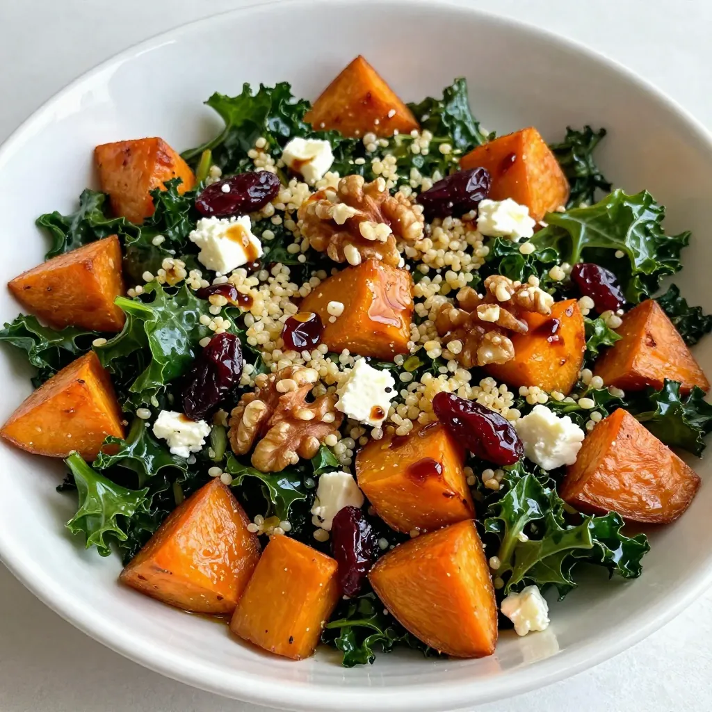 Für unseren Röstenden Süßkartoffel-Grünkohlsalat brauchen wir einige frische Zutaten. Hier sind die Hauptzutaten, die du sammeln solltest: - 2 mittelgroße Süßkartoffeln, geschält und gewürfelt - 4 Tassen frischer Grünkohl, Stiele entfernt und grob gehackt - 1/2 Tasse gekochte Quinoa - 1/4 Tasse getrocknete Cranberrys - 1/4 Tasse Walnüsse, grob gehackt - 1/3 Tasse Feta-Käse, zerbröselt Diese Zutaten geben dem Salat eine tolle Textur und Geschmack. Die Süßkartoffeln bringen Süße, während der Grünkohl einen nussigen Geschmack hat. Die richtigen Gewürze und Öle machen einen großen Unterschied. Für diesen Salat benötigst du: - 2 Esslöffel Olivenöl - Salz und Pfeffer nach Geschmack - Optional: 1/2 Teelöffel Chiliflocken für zusätzlichen Schwung Das Olivenöl hilft, die Süßkartoffeln beim Rösten knusprig zu machen. Salz und Pfeffer bringen die Aromen zusammen. Das Dressing rundet den Salat perfekt ab. Du benötigst: - 2 Esslöffel Balsamico-Essig - 1 Esslöffel Honig oder Ahornsirup für eine vegane Option - 1 Teelöffel Dijonsenf Diese Zutaten sorgen für eine ausgewogene Süße und Säure. Sie machen den Salat noch schmackhafter. {{ingredient_image_2}} Heize deinen Ofen auf 220°C vor. In einer großen Schüssel vermenge die gewürfelten Süßkartoffeln mit 2 Esslöffeln Olivenöl, Salz und Pfeffer. Achte darauf, dass die Stücke gleichmäßig bedeckt sind. Verteile die Süßkartoffeln auf einem Backblech in einer einzigen Schicht. Röste sie für 25-30 Minuten. Wende sie nach der Hälfte der Zeit, damit sie gleichmäßig garen. Sie sollten zart und leicht karamellisiert sein. Während die Süßkartoffeln rösten, nimm eine große Schüssel. Gib den grob gehackten Grünkohl hinein. Füge eine Prise Salz hinzu. Massiere den Grünkohl 2-3 Minuten lang mit den Händen. Dies macht ihn weich und schmackhafter. Der Grünkohl wird dadurch auch leichter verdaulich. Sobald der Grünkohl bereit ist, füge die gekochte Quinoa, getrocknete Cranberrys, gehackte Walnüsse und den zerbröselten Feta-Käse hinzu. In einer kleinen Schüssel bereite das Dressing vor. Vermische 2 Esslöffel Balsamico-Essig, 1 Esslöffel Honig oder Ahornsirup, 1 Teelöffel Dijonsenf und optional 1/2 Teelöffel Chiliflocken. Gut umrühren, bis alles vermischt ist. Lasse die Süßkartoffeln einige Minuten abkühlen, bevor du sie zum Salat gibst. Träufle das Dressing über den Salat und vermenge alles vorsichtig. Schmecke den Salat ab und passe die Gewürze nach deinem Geschmack an. Die Röstzeit ist der Schlüssel zu perfekt zarten Süßkartoffeln. Heize deinen Ofen auf 220°C vor. Die Süßkartoffeln brauchen 25-30 Minuten zum Rösten. Wende sie nach der Hälfte der Zeit, damit sie gleichmäßig bräunen. Sie sollten weich und leicht karamellisiert sein. Achte darauf, dass du sie in einer einzigen Schicht auf dem Blech verteilst. So bekommst du die besten Röstaromen. Grünkohl braucht eine kleine Behandlung, um weich und lecker zu werden. Nimm die gehackten Blätter und gib eine Prise Salz dazu. Massiere den Grünkohl 2-3 Minuten lang. Du wirst sehen, wie er welkt und weicher wird. Das hilft, den bitteren Geschmack zu reduzieren und macht ihn einfacher zu essen. Massiere ihn gut, damit er die Aromen des Dressings besser aufnimmt. Willst du einen veganen Salat? Kein Problem! Ersetze den Feta-Käse durch eine vegane Alternative oder lasse ihn ganz weg. Nutze Ahornsirup anstelle von Honig im Dressing. Achte darauf, dass alle anderen Zutaten, wie die Cranberrys und die Walnüsse, vegan sind. So bleibt der Salat lecker und entspricht deinen Ernährungswünschen. Pro Tipps Die Süßkartoffeln optimal rösten: Um die besten Röstaromen zu erzielen, achten Sie darauf, die Süßkartoffeln in einer einzigen Schicht auf dem Backblech zu verteilen und sie nicht zu überfüllen. Grünkohl richtig massieren: Das Massieren des Grünkohls mit einer Prise Salz macht ihn zarter und geschmackvoller, was den Salat angenehmer macht. Dressing anpassen: Probieren Sie verschiedene Kombinationen von Essig und Süßungsmitteln aus, um das Dressing nach Ihrem Geschmack zu personalisieren. Ahornsirup kann eine interessante Note hinzufügen. Feta-Käse variieren: Wenn Sie eine andere Käsesorte ausprobieren möchten, können Sie auch Ziegenkäse oder Blauschimmelkäse verwenden, um dem Salat eine andere Geschmacksdimension zu verleihen. {{image_4}} Um deinen Röstenden Süßkartoffel-Grünkohlsalat noch besser zu machen, füge mehr Zutaten hinzu. Probiere gebratene Zwiebeln oder Paprika für einen süßen und herzhaften Touch. Avocado gibt eine cremige Textur. Für mehr Crunch kannst du geröstete Kichererbsen verwenden. Sie sind gesund und lecker. Vergiss nicht, frische Kräuter wie Petersilie oder Minze hinzuzufügen. Sie bringen frische Aromen in den Salat. Das Dressing macht viel aus. Du kannst das Balsamico-Essig-Dressing durch ein Zitrus-Dressing ersetzen. Mische Olivenöl mit Zitronensaft und Honig. Das bringt Frische hinein. Für eine cremige Note probiere Tahini oder Joghurt. Diese Dressings passen gut zu den süßen Kartoffeln und dem bitteren Grünkohl. Experimentiere mit verschiedenen Geschmäckern, um deinen Favoriten zu finden. Dieser Salat ist vielseitig und saisonal anpassbar. Im Herbst kannst du geröstete Kürbisstücke hinzufügen. Im Winter passen frische Äpfel oder Birnen gut dazu. Sie bringen einen süßen, knackigen Biss. Im Frühling sind frische Erbsen oder Radieschen eine tolle Ergänzung. Im Sommer kannst du frische Tomaten oder Gurken verwenden. Sie sorgen für einen erfrischenden Geschmack. So bleibt der Salat das ganze Jahr über spannend und lecker! Lagere die Reste des Salats in einem luftdichten Behälter. So bleiben die Zutaten frisch. Du kannst den Salat bis zu drei Tage aufbewahren. Stelle sicher, dass der Salat gut abgekühlt ist, bevor du ihn in den Kühlschrank stellst. Im Kühlschrank bleibt der Salat etwa drei Tage haltbar. Die Süßkartoffeln und der Grünkohl behalten ihren Geschmack, wenn sie gut verpackt sind. Wenn der Salat anfängt, schlaff auszusehen, ist es Zeit, ihn zu essen oder wegzuwerfen. Wenn du die Reste aufwärmen möchtest, erwärme nur die Süßkartoffeln. Grünkohl wird beim Erhitzen weich. Du kannst die Süßkartoffeln in der Mikrowelle oder in einer Pfanne erhitzen. Füge das Dressing erst nach dem Erhitzen hinzu, um den Salat frisch zu halten. Ja, du kannst frischen Grünkohl verwenden. Achte darauf, die Blätter gut zu waschen. Entferne die harten Stiele. Schneide die Blätter in kleine Stücke. Frischer Grünkohl hat einen kräftigen Geschmack. Er wird in diesem Salat gut zur Geltung kommen. Du kannst den Grünkohl auch massieren, um ihn zarter zu machen. Das Rösten der Süßkartoffeln dauert etwa 25 bis 30 Minuten. Heize deinen Ofen auf 220°C vor. Würze die gewürfelten Süßkartoffeln mit Olivenöl, Salz und Pfeffer. Verteile sie gleichmäßig auf einem Blech. Wende sie nach der Hälfte der Zeit. Sie sind fertig, wenn sie zart und leicht karamellisiert sind. Dies gibt dem Salat einen tollen Geschmack. Ja, dieser Salat ist perfekt für Meal Prepping. Du kannst die Süßkartoffeln und das Dressing getrennt aufbewahren. So bleiben die Zutaten frisch. Der Salat hält sich im Kühlschrank etwa 3 bis 4 Tage. Wenn du ihn servieren möchtest, mische die Zutaten einfach zusammen. So hast du schnell eine gesunde Mahlzeit. In diesem Artikel haben wir die Hauptzutaten für einen leckeren Salat besprochen. Wir haben die Schritte zum Rösten von Süßkartoffeln und zur Vorbereitung des Grünkohls erklärt. Viele nützliche Tipps für die Zubereitung und Aufbewahrung wurden ebenfalls gegeben. Du kannst den Salat ganz nach deinem Geschmack anpassen. Experimentiere mit verschiedenen Dressings und zusätzlichen Zutaten. So bleibt dein Salat frisch und spannend! Probiere die Tipps aus, um dein Kochen zu verbessern. Viel Freude beim Zubereiten!