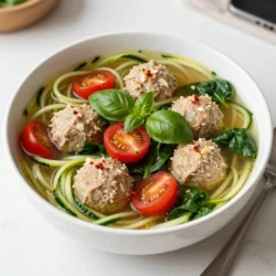 Für die Truthahn-Fleischbällchen brauchst du: - 450 g gemahlenes Truthahnfleisch - 30 g Semmelbrösel - 30 g frisch geriebener Parmesan - 1 Teelöffel italienische Gewürzmischung - 1 Ei, leicht geschlagen - Salz und Pfeffer nach Geschmack Diese Zutaten machen die Fleischbällchen saftig und schmackhaft. Das gemahlene Truthahnfleisch ist eine gute Proteinquelle. Die Semmelbrösel helfen, die Bällchen zusammenzuhalten. Parmesan gibt einen tollen Geschmack. Für die Brühe benötigst du: - 1 Liter Gemüsebrühe - 1 Knoblauchzehe, fein gehackt - 1/2 Teelöffel rote Chiliflocken (optional) Die Gemüsebrühe sorgt für eine herzhafte Basis. Frischer Knoblauch bringt ein tolles Aroma in die Suppe. Die Chiliflocken fügen eine leichte Schärfe hinzu, wenn du es magst. Für das frische Gemüse und die Garnitur brauchst du: - 2 mittelgroße Zucchinis, zu Zoodles spiralisiert - 150 g Cherrytomaten, halbiert - 150 g Babyspinat - Frisches Basilikum zur Garnitur Zoodles aus Zucchini sind eine tolle, gesunde Alternative zu Nudeln. Cherrytomaten geben süße Frische. Babyspinat bringt Farbe und viele Nährstoffe. Das frische Basilikum rundet die Suppe perfekt ab. {{ingredient_image_2}} Um die Fleischbällchen zuzubereiten, brauchst du eine Rührschüssel. Gib das gemahlene Truthahnfleisch hinein. Füge die Semmelbrösel und den Parmesan hinzu. Die italienische Gewürzmischung sorgt für viel Geschmack. Schlage das Ei leicht und füge es zur Mischung hinzu. Würze mit Salz und Pfeffer. Mische alles gut. Forme kleine Bällchen, etwa 2,5 cm groß. Erhitze etwas Olivenöl in einem großen Topf. Die Hitze sollte mittlerer Stärke sein. Wenn das Öl heiß ist, lege die Fleischbällchen hinein. Brate sie von allen Seiten goldbraun an. Dies dauert etwa 5 bis 7 Minuten. Nimm die Fleischbällchen dann aus dem Topf und stelle sie beiseite. Im selben Topf fügst du den gehackten Knoblauch hinzu. Wenn du magst, kommen auch die roten Chiliflocken dazu. Brate beides 1 bis 2 Minuten an, bis es gut riecht. Gieße die Gemüsebrühe hinein und bringe sie zum Köcheln. Gib die angebratenen Fleischbällchen und die halbierten Cherrytomaten dazu. Lass alles etwa 10 Minuten köcheln. Kurz vor dem Servieren rührst du die Zoodles und den Babyspinat unter. Koche für 2 bis 3 Minuten. Prüfe dann den Geschmack und würze nach Bedarf. Serviere die heiße Suppe in Schalen und garniere sie mit frischem Basilikum. Um perfekte Fleischbällchen zu machen, mische das gemahlene Truthahnfleisch gut. Füge Semmelbrösel, Parmesan, italienische Gewürzmischung und das Ei hinzu. Vergiss nicht, Salz und Pfeffer für den Geschmack einzustreuen. Forme kleine Bällchen, etwa 2,5 cm groß. Die Mischung sollte nicht zu locker sein. Das hilft, die Bällchen stabil zu halten. Zucchini sind die Basis für die Zoodles. Spiralisiere die Zucchini mit einem Spiralschneider. Verwende frische, feste Zucchini für den besten Geschmack. Wenn du die Zoodles in die Suppe gibst, koche sie nur kurz. So bleiben sie knackig und verlieren nicht ihre Form. Überkoche sie nicht, da sie matschig werden können. Um den Geschmack zu verbessern, nutze frische Gewürze. Knoblauch bringt viel Aroma. Rote Chiliflocken geben eine leichte Schärfe. Experimentiere mit anderen Kräutern wie Oregano oder Thymian. Frisches Basilikum passt auch gut zur Garnitur. Es verleiht der Suppe eine frische Note und sieht toll aus! Pro Tipps Fleischbällchen gut würzen: Achte darauf, das Fleisch mit ausreichend Salz und Pfeffer zu würzen, um den besten Geschmack zu erzielen. Zoodles nicht zu lange kochen: Um die Zucchini-Nudeln knackig zu halten, füge sie erst kurz vor dem Servieren hinzu und koche sie nur 2-3 Minuten. Gemüsebrühe selbst machen: Verwende für einen intensiveren Geschmack selbstgemachte Gemüsebrühe anstelle von fertiger Brühe. Frisches Basilikum hinzufügen: Frisches Basilikum kurz vor dem Servieren hinzufügen, um das Aroma zu intensivieren. {{image_4}} Du kannst die Truthahnfleischbällchen leicht ändern. Probiere mageres Rinderhack oder Hähnchen. Auch pflanzliche Alternativen sind möglich. Verwende zum Beispiel schwarze Bohnen oder Kichererbsen. Diese sind proteinreich und gesund. Achte darauf, die Gewürze anzupassen, um den Geschmack zu verbessern. Die Zoodle-Suppe ist sehr flexibel. Füge mehr Gemüse hinzu, um sie bunter und gesünder zu machen. Möhren in feine Streifen geschnitten, Paprika oder Brokkoli passen gut dazu. Auch grüne Bohnen können einen schönen Crunch geben. Experimentiere mit dem, was du magst oder was du zu Hause hast. Für eine ketofreundliche Version kannst du die Semmelbrösel weglassen. Stattdessen nimm gemahlene Mandeln oder Kokosmehl. Diese halten die Suppe niedrig in Kohlenhydraten. Achte darauf, dass alle Zutaten glutenfrei sind, wenn du das brauchst. So bleibt die Suppe für alle genießbar. Um die Truthahn-Fleischbällchen-Zoodle-Suppe frisch zu halten, lasse sie zuerst abkühlen. Fülle sie dann in einen luftdichten Behälter. Du kannst die Suppe im Kühlschrank oder Gefrierfach aufbewahren. Achte darauf, dass du die Suppe nicht länger als nötig offen stehen lässt. Wenn du bereit bist, die Suppe zu genießen, kannst du sie leicht wiedererwärmen. Gib die Suppe in einen Topf und erhitze sie bei mittlerer Hitze. Rühre regelmäßig um, um ein Anbrennen zu vermeiden. Achte darauf, dass die Zoodles nicht zu lange kochen, sonst werden sie matschig. Im Kühlschrank bleibt die Suppe bis zu drei Tage frisch. Wenn du die Suppe länger aufbewahren möchtest, friere sie ein. Sie kann bis zu drei Monate im Gefrierfach bleiben. Achte darauf, die Suppe in Portionen zu teilen, damit du nur das auftauen musst, was du brauchst. Um Zoodles selbst zu machen, brauchst du eine Zucchini. Nimm einen Spiralschneider oder einen Gemüseschäler. Schneide die Zucchini in lange Streifen. Du kannst sie auch in dünne Scheiben schneiden, wenn du keinen Spiralschneider hast. Zoodles sind einfach und schnell. Du kannst sie roh essen oder kurz kochen. Ein leichtes Blanchieren macht sie zart, aber behält den Biss. Ja, du kannst die Fleischbällchen im Voraus machen. Bereite sie einfach zu und forme die Bällchen. Lege sie auf ein Backblech und friere sie ein. Wenn du sie brauchst, hol sie heraus und koche sie direkt in der Suppe. Das spart Zeit und macht das Kochen einfacher. Du kannst die Fleischbällchen auch im Kühlschrank aufbewahren. Achte darauf, sie innerhalb von zwei Tagen zu verwenden. Du kannst viele Gewürze hinzufügen, um den Geschmack zu ändern. Probiere Knoblauchpulver oder Zwiebelpulver für mehr Tiefe. Paprika gibt eine süße Note. Wenn du es schärfer magst, füge mehr Chiliflocken hinzu. Frische Kräuter wie Thymian oder Oregano sind auch toll. Sie bringen frische Aromen in die Suppe. Experimentiere mit Gewürzen, um deine perfekte Mischung zu finden! Diese Anleitung zeigt Ihnen, wie Sie köstliche Truthahn-Fleischbällchen und Zoodle-Suppe zubereiten. Wir haben die wichtigsten Zutaten und eine Schritt-für-Schritt-Anleitung geteilt. Die Tipps helfen, den Geschmack zu verbessern und die Rezepte zu variieren. Denken Sie an die Variationen, um neue Geschmäcker zu entdecken. Die Lagerinformationen sorgen dafür, dass Ihr Gericht frisch bleibt. Kochen macht Spaß! Nutzen Sie diese Informationen für Ihre nächste Mahlzeit und genießen Sie das Ergebnis.