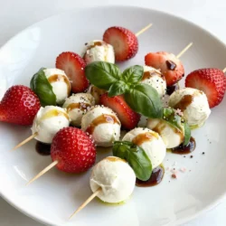 Für die Erdbeer-Basilikum-Mozzarella-Spieße benötigst du einige frische und köstliche Zutaten. Hier ist die Liste: - 1 Pint frische Erdbeeren, entstielt - 225 g frische Mozzarellakugeln (Bocconcini) - 1 Tasse frische Basilikumblätter Diese Zutaten bilden die Grundlage für jeden Biss. Die süßen Erdbeeren, der zarte Mozzarella und das frische Basilikum passen perfekt zusammen. Um den Geschmack zu intensivieren, fügen wir einige Gewürze und Öle hinzu: - 2 Esslöffel Balsamico-Glasur - 1 Esslöffel natives Olivenöl extra - Pinkes Himalaya-Salz, nach Geschmack - Frisch gemahlener schwarzer Pfeffer, nach Geschmack Diese Gewürze und Öle verleihen den Spießen den letzten Schliff. Die Balsamico-Glasur bringt eine süße Note, während das Olivenöl die Aromen verbindet. Für die Spieße empfehle ich eine Länge von 20-25 cm. Diese Größe ist ideal, um die Zutaten gut zu halten. Du kannst Holzspieße oder wiederverwendbare Metallspieße verwenden. Holzspieße bieten einen rustikalen Look, während Metallspieße umweltfreundlicher sind. Wähle, was dir besser gefällt! {{ingredient_image_2}} Zuerst waschen Sie die Erdbeeren und Basilikumblätter. Nutzen Sie kaltes Wasser, um alles gründlich zu reinigen. Tupfen Sie die Zutaten vorsichtig mit einem Papiertuch trocken. Wenn Ihre Mozzarellakugeln größer sind als Kirschtomaten, schneiden Sie sie in zwei Hälften. So erhalten Sie einheitliche Stücke. Nehmen Sie nun die Spieße. Beginnen Sie mit einer Erdbeere. Fädeln Sie dann ein Basilikumblatt und eine Mozzarellakugel auf. Wiederholen Sie dieses Muster. Ziel ist es, drei Kombinationen pro Spieß zu machen. Lassen Sie am Ende Platz, damit Sie die Spieße gut halten können. Richten Sie die Spieße auf einem schönen Teller an. Träufeln Sie die Balsamico-Glasur und das Olivenöl gleichmäßig darüber. Bestreuen Sie die Spieße mit pinkem Himalaya-Salz und frisch gemahlenem Pfeffer. Lassen Sie die Spieße etwa zehn Minuten ruhen. So können sich die Aromen entfalten. Servieren Sie diese leckeren Spieße und genießen Sie den frischen Geschmack! Wählen Sie frische Erdbeeren für die Spieße. Achten Sie auf die Farbe. Sie sollten rot und glänzend sein. Vermeiden Sie schwammige oder braune Stellen. Der Duft ist wichtig. Gute Erdbeeren riechen süß. Wenn möglich, kaufen Sie sie auf einem Markt. Dort sind sie oft frischer. Die Balsamico-Glasur kann den Geschmack stark verbessern. Wählen Sie eine dunkle, dicke Glasur. Sie sollte süß und sauer zugleich sein. Testen Sie verschiedene Marken, um die beste zu finden. Wenn Sie es selbst machen möchten, kochen Sie Balsamico-Essig langsam ein. So wird er dicker und konzentrierter. Achten Sie darauf, die Glasur gleichmäßig über die Spieße zu träufeln. Präsentation ist wichtig, um Gäste zu beeindrucken. Nutzen Sie ein schönes Holzbrett oder eine große Platte. Stellen Sie die Spieße aufrecht auf oder in eine Schale mit Reis. Das sieht einladend aus. Garnieren Sie mit frischen Basilikumblättern. Diese verleihen den Spießen Farbe und Frische. Achten Sie darauf, die Spieße gleichmäßig zu verteilen. So wirkt das Gesamtbild harmonisch. Pro Tipps Frische Zutaten: Verwenden Sie möglichst frische Erdbeeren und Basilikum, um den besten Geschmack zu erzielen. Varianten der Balsamico-Glasur: Experimentieren Sie mit verschiedenen Geschmäckern von Balsamico-Glasur, um den Spießen eine persönliche Note zu verleihen. Vorbereitung im Voraus: Bereiten Sie die Spieße bis zu 2 Stunden im Voraus vor und lagern Sie sie im Kühlschrank, um Zeit zu sparen. Servierideen: Servieren Sie die Spieße als Teil eines Buffets oder als erfrischenden Snack bei einer Sommerparty. {{image_4}} Wenn du keinen Mozzarella magst, probiere Feta oder Ziegenkäse. Diese Käse geben den Spießen einen anderen Geschmack. Feta ist salzig und krümelig. Ziegenkäse hat einen cremigen, kräftigen Geschmack. Du kannst auch veganen Käse verwenden, um die Spieße pflanzenbasiert zu machen. Die Kombination von Erdbeeren mit anderen Früchten kann spannend sein. Du kannst Trauben, Melone oder Ananas verwenden. Trauben sind süß und knackig. Melone bringt eine frische Note, und Ananas hat einen tropischen Geschmack. Diese Früchte ergänzen die Basilikumblätter gut. Experimentiere mit verschiedenen Früchten für mehr Abwechslung. Für vegane Spieße benutze einfach frische Früchte und Kräuter. Statt Mozzarella kannst du Avocado oder marinierten Tofu verwenden. Avocado macht die Spieße cremig und nussig. Tofu gibt eine herzliche Note und kann gut gewürzt werden. Träufle etwas Balsamico-Glasur darüber. Das gibt den Spießen extra Geschmack und Süße. Wenn Sie Spieße übrig haben, lagern Sie sie in einem luftdichten Behälter. Das hilft, die Frische zu bewahren. Trennen Sie die Spieße, wenn möglich, um den Geschmack zu schützen. Es ist wichtig, die Spieße innerhalb von zwei Tagen zu essen. So bleibt der Geschmack der Erdbeeren und des Basilikums am besten. Bewahren Sie die Spieße im Kühlschrank auf. Stellen Sie sicher, dass sie gut abgedeckt sind. So vermeiden Sie, dass sie austrocknen. Vor dem Servieren lassen Sie die Spieße etwa 10 Minuten bei Raumtemperatur stehen. Dadurch kommen die Aromen besser zur Geltung. Erdbeeren sind frisch am besten. Sie halten sich im Kühlschrank etwa drei bis fünf Tage. Mozzarella hält sich in der Regel eine Woche, wenn er ungeöffnet bleibt. Basilikum sollte frisch verwendet werden, da es schnell welkt. Lagern Sie es in Wasser, um die Haltbarkeit zu verlängern. Du kannst die Spieße bis zu 4 Stunden im Voraus zubereiten. Stelle sicher, dass du sie im Kühlschrank lagerst. So bleiben die Erdbeeren frisch und die Aromen gut erhalten. Wenn du sie länger aufbewahren möchtest, kannst du die einzelnen Zutaten getrennt lagern. Ja, du kannst die Spieße grillen! Das Grillen bringt den Geschmack der Zutaten hervor. Lege die Spieße auf den Grill für 2-3 Minuten pro Seite. Achte darauf, dass die Erdbeeren nicht zu weich werden. Du kannst sie auch mit etwas Olivenöl bestreichen, bevor du sie grillst. Zu diesen Spießen passen viele Dips. Eine gute Wahl ist Balsamico-Dip oder ein Joghurt-Dip. Auch ein einfaches Olivenöl mit Kräutern passt gut. Experimentiere mit verschiedenen Dips, um deinen Geschmack zu finden. Erdbeer-Basilikum-Mozzarella-Spieße sind einfach und lecker. Wir haben die besten Zutaten, die genaue Anleitung und viele Tipps geteilt. Denke daran, frische Erdbeeren zu wählen und deine Spieße ansprechend zu präsentieren. Variiere die Zutaten nach Saison und Vorliebe. Lagere Restbestände gut, damit sie frisch bleiben. So zauberst du immer wieder köstliche Snacks. Viel Spaß beim Ausprobieren!
