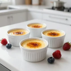 - 500 ml Schlagsahne - 1 Vanilleschote oder 2 Teelöffel reines Vanilleextrakt - 5 große Eigelb - 100 g Zucker (plus zusätzlich für die Oberfläche) - 1/4 Teelöffel Salz Die Hauptzutaten sind einfach, aber wichtig. Schlagsahne liefert die Cremigkeit. Vanille gibt den tollen Geschmack. Wenn du die Vanilleschote verwendest, kratze die Samen heraus. Sie sind der Schlüssel zu einem reichen Aroma. Eigelb macht die Creme schön dick. Zucker süßt und hilft, die Kruste zu karamellisieren. Ein wenig Salz verstärkt die Aromen. - Frische Beeren Frische Beeren sind eine tolle Ergänzung. Sie bringen Farbe und Frische. Du kannst sie nach deinem Geschmack wählen. Himbeeren, Erdbeeren oder Blaubeeren passen gut. Sie machen das Dessert noch schöner und leckerer. {{ingredient_image_2}} Zuerst heizen Sie Ihren Ofen auf 160°C vor. Dies ist wichtig für das Backen. Während der Ofen heizt, nehmen Sie 500 ml Schlagsahne und eine Vanilleschote. Schneiden Sie die Schote auf und kratzen Sie die Samen heraus. Geben Sie beides in einen Topf. Erhitzen Sie die Sahne bei mittlerer Hitze. Rühren Sie dabei gut um. Wenn die Sahne köchelt, nehmen Sie den Topf vom Herd. Lassen Sie die Mischung für 15 Minuten ziehen. Nun geht es an die Eigelbe. Nehmen Sie 5 große Eigelb und geben Sie diese in eine Rührschüssel. Fügen Sie 100 g Zucker und 1/4 Teelöffel Salz hinzu. Verrühren Sie alles gut, bis die Mischung glatt und hell ist. So sorgt die Mischung für die richtige Süße und Konsistenz. Jetzt wird es spannend! Gießen Sie die warme Sahne langsam in die Eigelbmasse. Rühren Sie dabei ständig, um ein Gerinnen zu vermeiden. Danach nehmen Sie ein feines Sieb und seihen die Mischung in eine große Messkanne oder Schüssel ab. So entfernen Sie Klumpen und die Vanilleschote. Füllen Sie die abgeseihte Mischung vorsichtig in 4 bis 6 Ramekins. Diese sollten etwa 3/4 voll sein. Stellen Sie die Ramekins in eine Auflaufform. Fügen Sie heißes Wasser hinzu, bis es bis zur Hälfte der Ramekins reicht. Backen Sie die Ramekins im Ofen für 30 bis 35 Minuten. Die Ränder sollten fest sein, während die Mitte leicht wackelt. Nehmen Sie die Ramekins aus dem Wasserbad und lassen Sie sie auf Zimmertemperatur abkühlen. Stellen Sie sie dann für mindestens 4 Stunden oder über Nacht in den Kühlschrank. Jetzt haben Sie die Basis für Ihre köstliche Vanille Bean Crème Brûlée! Um die perfekte Konsistenz für deine Crème Brûlée zu erreichen, sind zwei Dinge wichtig: Temperaturkontrolle und richtiges Abkühlen. - Temperaturkontrolle: Achte darauf, die Sahne nicht zu stark zu erhitzen. Sie sollte nur sanft köcheln. Zu hohe Hitze kann die Eier gerinnen lassen. Das macht die Creme klumpig statt cremig. - Richtiges Abkühlen: Lass die Ramekins nach dem Backen auf Zimmertemperatur abkühlen. Danach sollten sie für mindestens vier Stunden in den Kühlschrank. Das hilft, die Creme fest und cremig zu machen. Die Karamellisierung macht die Crème Brûlée besonders lecker. Du kannst dafür zwei Methoden nutzen: ein Küchengerät oder die Grillmethode. - Küchengerät: Mit einem Küchenbrenner kannst du den Zucker gleichmäßig karamellisieren. Halte ihn etwa 5 cm über der Zuckerschicht und bewege ihn langsam. - Grillmethode: Alternativ kannst du die Ramekins unter den Grill stellen. Achte jedoch darauf, sie nicht zu lange dort zu lassen. Der Zucker kann schnell verbrennen. Die Präsentation macht viel aus. Hier sind ein paar Ideen, wie du deine Crème Brûlée anrichten kannst. - Mit Beeren garnieren: Frische Beeren wie Himbeeren oder Erdbeeren passen perfekt. Sie bringen Farbe und Frische auf den Teller. - Präsentationstipps: Verwende schöne Teller oder Schalen. Ein wenig Minze als Dekoration sieht toll aus. So wird dein Dessert ein echter Hingucker. Pro Tipps Die richtige Temperatur: Stellen Sie sicher, dass die Sahne nicht zu stark kocht, da dies die Textur Ihrer Crème brûlée beeinträchtigen kann. Sanftes Erhitzen ist der Schlüssel. Langsame Mischung: Gießen Sie die Sahne langsam in die Eigelbmasse, während Sie ständig rühren, um ein Gerinnen zu verhindern. Dies sorgt für eine glatte und gleichmäßige Creme. Wasserbad: Das Backen im Wasserbad hilft, eine gleichmäßige Temperatur zu gewährleisten und ein Austrocknen der Crème zu verhindern. Achten Sie darauf, dass das Wasser heiß, aber nicht kochend ist. Perfekte Karamellisierung: Wenn Sie den Zucker karamellisieren, bewegen Sie das Küchengerät gleichmäßig über die Oberfläche, um ein gleichmäßiges Schmelzen und eine gleichmäßige Kruste zu erreichen. {{image_4}} Crème Brûlée ist sehr vielseitig. Du kannst mit verschiedenen Aromen spielen, um neue Geschmäcker zu entdecken. - Schokoladen-Crème Brûlée: Verwende 100 g geschmolzene Zartbitterschokolade. Mische sie mit der warmen Sahne. Du erhältst eine reichhaltige und schokoladige Version. - Kaffeegeschmack: Füge 2-3 Esslöffel frisch gebrühten Kaffee zur Sahne hinzu. Der Kaffee gibt der Crème Brûlée eine tolle Tiefe und Aromatik. Für eine leichtere Version verwende alternative Süßstoffe. - Verwendung von steviagesüßten Rezepten: Ersetze den Zucker durch Stevia. Achte darauf, die richtige Menge zu verwenden, da Stevia viel süßer ist. So bleibt der Genuss ohne viele Kalorien. Mit diesen Variationen kannst du dein Crème Brûlée ganz nach deinem Geschmack anpassen. Die Crème Brûlée bleibt im Kühlschrank frisch. Decke die Ramekins mit Frischhaltefolie ab. So bleibt der Geschmack gut. Sie hält sich etwa drei Tage. Nach drei Tagen kann der Geschmack nachlassen. Wenn du sie länger aufbewahren möchtest, friere sie ein. Achte darauf, die Ramekins gut zu verpacken. So vermeidest du Frostgeschmack. Karamellisiere die Crème Brûlée kurz vor dem Servieren. Streue Zucker gleichmäßig auf die Oberfläche. Verwende einen Bunsenbrenner oder den Grill. Halte den Brenner einige Zentimeter über die Oberfläche. Bewege ihn langsam, um eine gleichmäßige Schicht zu erhalten. Der Zucker sollte schmelzen und eine goldene Kruste bilden. Warte eine Minute, bevor du die Crème Brûlée servierst. Dann genieße das knusprige Topping mit der samtigen Füllung. Die Crème Brûlée braucht mindestens vier Stunden, um gut abzukühlen. Nach dem Backen lasse ich sie auf Zimmertemperatur abkühlen. Danach stelle ich sie in den Kühlschrank. Über Nacht kühlen ist sogar noch besser. So wird die Textur perfekt. Ja, du kannst andere Aromen verwenden! Hier sind einige Ideen: - Schokolade: Füge geschmolzene Schokolade zur Sahne hinzu. - Kaffee: Verwende starken Kaffee anstelle von Sahne. - Zitrusfrüchte: Nutze abgeriebene Schale von Limetten oder Orangen. Experimentiere mit diesen Aromen, um deine eigene Note zu finden. Die Crème Brûlée hat eine cremige, feste Textur. Pudding ist oft weicher und weniger fest. Die Zubereitung ist unterschiedlich. Crème Brûlée wird im Wasserbad gebacken. Pudding wird meist gekocht. Diese Unterschiede machen jedes Dessert einzigartig. Die Crème Brûlée ist ein leckeres Dessert, das mit wenigen Zutaten entsteht. Du hast gelernt, wie man sie zubereitet und welche Tipps für die perfekte Konsistenz wichtig sind. Auch Variationen und Ideen für die Lagerung wurden besprochen. Denke daran, die Crème vor dem Servieren frisch zu karamellisieren. Experimentiere mit neuen Geschmäckern, um deine Gäste zu beeindrucken. Mit diesen Schritten gelingt dir ein tolles Dessert, das viele genießt!