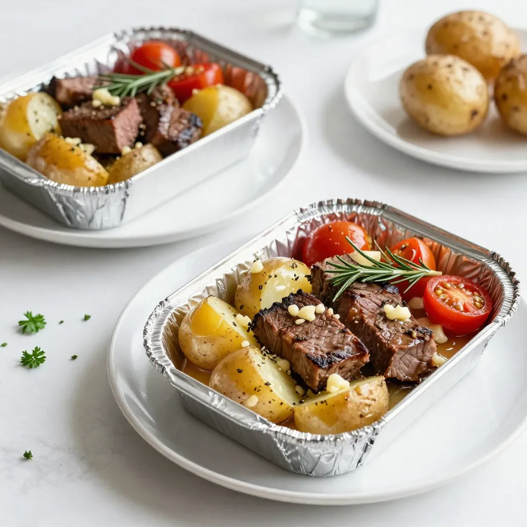 Um ein köstliches Gericht zu zaubern, benötigen Sie: - 450 g Sirloin Steak, in 2,5 cm große Würfel geschnitten - 450 g Baby-Kartoffeln, halbiert - 60 g ungesalzene Butter, geschmolzen - 4 Knoblauchzehen, fein gehackt - 240 g Kirschtomaten, halbiert Diese Zutaten bilden die Grundlage für den vollen Geschmack. Das Steak sorgt für die Proteinquelle, während die Kartoffeln eine cremige Basis bieten. Die richtigen Gewürze machen den Unterschied. Hier sind die Gewürze, die Sie brauchen: - 1 Teelöffel getrockneter Rosmarin - 1 Teelöffel getrockneter Thymian - Salz und Pfeffer nach Geschmack - 1 Esslöffel Olivenöl Die Kombination aus Rosmarin und Thymian gibt dem Gericht ein wunderbares Aroma. Das Olivenöl hilft, die Kartoffeln schön knusprig zu machen. Für den letzten Schliff verwenden Sie: - Frische Petersilie, gehackt Die Petersilie bringt Farbe und einen frischen Geschmack ins Spiel. Sie ist die perfekte Garnierung für Ihren Teller. {{ingredient_image_2}} Heize deinen Ofen auf 200°C vor. Du kannst auch den Grill nutzen. Beide Wege sorgen für tolle Ergebnisse. Nimm eine kleine Schüssel. Vermische die geschmolzene Butter mit den fein gehackten Knoblauchzehen. Füge Rosmarin, Thymian, Salz und Pfeffer hinzu. Rühre alles gut um und stelle es beiseite. In einer großen Schüssel legst du die halbierten Baby-Kartoffeln. Gib etwas Olivenöl, Salz und Pfeffer dazu. Mische alles gut, bis die Kartoffeln gleichmäßig bedeckt sind. Jetzt kommen die gewürfelten Steak-Stücke dazu. Gieße die Hälfte der Knoblauchbutter-Mischung darüber und vermenge alles gut. Schneide vier große Stücke Aluminiumfolie ab. Jedes Stück sollte etwa 30x30 cm groß sein. Teile die Mischung gleichmäßig auf und lege sie in die Mitte jedes Folienstücks. Leg auf jede Portion einen kleinen Haufen halbierter Kirschtomaten. Gieße die restliche Knoblauchbutter-Mischung darüber. Falte die Seiten der Folie über die Füllung und rolle die Oberseite fest zu. So bleibt der Dampf im Päckchen. Lege die Päckchen auf ein Backblech. Backe sie im Ofen für 25-30 Minuten. Die Kartoffeln sollen zart sein und das Steak nach deinem Wunsch gegart. Öffne vorsichtig jedes Folienpäckchen. Pass auf den heißen Dampf auf! Garniere die Päckchen mit frischer, gehackter Petersilie. Jetzt sind sie bereit zum Servieren. Genieße dein leckeres Gericht! Für dieses Rezept empfehle ich Sirloin Steak. Es hat den perfekten Mix aus Zartheit und Geschmack. Alternativ kannst du auch Ribeye oder Filet verwenden. Diese schneiden leicht und bleiben saftig. Wenn keine frischen Kräuter zur Hand sind, benutze getrocknete Kräuter. Rosmarin und Thymian passen gut. Auch italienische Gewürzmischungen sind eine tolle Wahl. Sie geben dem Gericht einen neuen Geschmack. Grillen ist eine wunderbare Option für diese Päckchen. Bereite die Folienpäckchen wie beschrieben vor. Lege sie dann auf den heißen Grill. Die Kochzeit bleibt gleich, etwa 25 bis 30 Minuten. Achte darauf, die Päckchen regelmäßig zu wenden. So garen sie gleichmäßig und bekommen einen leckeren Grillgeschmack. Pro Tipps Keine Überfüllung der Päckchen: Achten Sie darauf, die Päckchen nicht zu überfüllen, damit die Zutaten gleichmäßig garen können. Frische Kräuter: Verwenden Sie frische Kräuter, wenn möglich, für einen intensiveren Geschmack in Ihrem Gericht. Garzeit Überwachen: Prüfen Sie nach 25 Minuten die Garzeit, um sicherzustellen, dass das Steak und die Kartoffeln perfekt gegart sind. Resteverwertung: Nutzen Sie Reste, um köstliche Sandwiches oder Salate am nächsten Tag zu kreieren. {{image_4}} Du kannst das Rezept leicht anpassen, indem du Gemüse hinzufügst. Zucchini, Paprika oder Karotten passen gut. Schneide das Gemüse in kleine Stücke. Füge es einfach zu den Kartoffeln und dem Steak in der Schüssel hinzu. Das Gemüse wird beim Kochen zart und nimmt die Aromen auf. Variiere die Marinade für neuen Geschmack! Du kannst Sojasauce, Honig oder Senf nutzen. Mische die Marinade mit der Butter und dem Knoblauch. So bekommst du einen ganz anderen Geschmack. Experimentiere mit verschiedenen Kräutern und Gewürzen für mehr Vielfalt. Für eine Low-Carb-Variante lasse die Kartoffeln weg. Ersetze sie durch Blumenkohl oder Brokkoli. Diese Gemüsesorten sind kohlenhydratarm und passen gut zu Steak. Du hast immer noch ein leckeres Gericht, das gesund und nahrhaft ist. Um die Knoblauchbutter Steak und Kartoffel-Päckchen frisch zu halten, lege die Reste in einen luftdichten Behälter. Stelle sicher, dass die Päckchen vollständig abgekühlt sind, bevor du sie lagerst. Diese Methode hilft, den Geschmack zu bewahren. Du kannst die Reste auch in der Aluminiumfolie aufbewahren, aber achte darauf, dass sie gut verschlossen ist. Wenn du die Reste aufwärmen möchtest, mache das am besten im Ofen oder in der Mikrowelle. Für den Ofen, heize ihn auf 180°C vor. Lege die Päckchen auf ein Backblech und backe sie 10-15 Minuten lang, bis sie warm sind. Wenn du die Mikrowelle verwendest, decke die Päckchen ab und erwärme sie in Intervallen von 1 Minute. Überprüfe, ob sie gleichmäßig warm sind. Die Päckchen halten sich im Kühlschrank etwa 3-4 Tage. Für eine längere Haltbarkeit kannst du die Päckchen einfrieren. Wickele sie gut in Aluminiumfolie ein und lege sie in einen Gefrierbeutel. So bleiben sie bis zu 3 Monate frisch. Zum Auftauen, lasse sie über Nacht im Kühlschrank oder erhitze sie direkt, ohne die Folie zu entfernen, im Ofen. Die Päckchen sollten 25 bis 30 Minuten im Ofen bleiben. Dies hängt von der Größe der Kartoffeln und dem gewünschten Gargrad des Steaks ab. Wenn die Kartoffeln zart sind, ist das Gericht fertig. Ja, Sie können die Menge der Zutaten einfach verdoppeln oder verdreifachen. Achten Sie darauf, die Kochzeit nicht zu ändern, wenn Sie die Päckchen im Ofen backen. Wenn Sie mehr Päckchen machen, verwenden Sie einfach größere Folienstücke. Zu Steak und Kartoffeln passen frische Salate oder gedünstetes Gemüse hervorragend. Auch ein cremiger Dip oder eine würzige Sauce können das Gericht abrunden. Probieren Sie einen frischen Gurkensalat oder gedünsteten Brokkoli. Knoblauchbutter Steak und Kartoffel-Päckchen sind einfach zuzubereiten und sehr lecker. Wir haben die wichtigsten Zutaten, Gewürze und die Schritte zur Zubereitung besprochen. Es gibt viele Tipps für das perfekte Steak und kreative Variationen für deine Päckchen. Lagerung und Aufwärmung sind ebenfalls wichtig. Insgesamt kannst du mit diesem Rezept Abwechslung in deine Küche bringen. Probiere es aus und genieße die einzelnen Geschmäcker!
