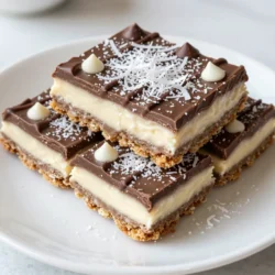 - 1 Tasse Graham-Cracker-Brösel - 1/2 Tasse ungesüßte Kokosraspel - 1/2 Tasse ungesalzene Butter, geschmolzen Die Hauptzutaten sind einfach. Graham-Cracker-Brösel geben den Riegeln eine knusprige Basis. Ungesüßte Kokosraspel sorgen für einen tollen Kokosgeschmack. Die Butter macht die Mischung reichhaltig und gut haftend. - 1 Dose (14 oz) gesüßte Kondensmilch - 1 Tasse halbsüße Schokoladenstückchen - 1/2 Tasse weiße Schokoladenstückchen - 1/2 Tasse gehackte Nüsse (optional) Die gesüßte Kondensmilch verbindet alles. Sie macht die Riegel schön süß und cremig. Halbsüße Schokoladenstückchen bringen einen herzhaften Geschmack. Die weißen Schokoladenstückchen bieten einen schönen Kontrast. Nüsse sind optional, aber sie fügen einen tollen Crunch hinzu. - 1/4 Teelöffel Meersalz - Präsentationstipps: Servieren Sie die Riegel auf einem dekorativen Tablett, bestreut mit etwas zusätzlicher Kokosraspel und einem Schuss geschmolzener Schokolade obenauf. Das Meersalz hebt die süßen Aromen hervor. Es ist wichtig, die Riegel schön zu präsentieren. Eine dekorative Anordnung macht sie noch verlockender. Ein wenig zusätzliche Kokosraspel und geschmolzene Schokolade obenauf machen eine schöne Note. {{ingredient_image_2}} Heize deinen Ofen auf 180°C vor. Fette eine Backform von 23x23 cm gut ein. Ich benutze dazu oft Backspray. So bleibt der Boden nicht kleben. Vermenge in einer Schüssel die Graham-Cracker-Brösel mit geschmolzener Butter. Rühre gut um, bis alles feucht ist. Drücke die Mischung gleichmäßig auf den Boden der Backform. Nutze dafür den Boden eines Glases, um es fest zu drücken. Mische die gesüßte Kondensmilch mit Meersalz in einer anderen Schüssel. Gieße die Hälfte der Mischung gleichmäßig über die Kruste. Streue die Kokosraspel darüber. Dann verteile die halbsüßen und weißen Schokoladenstückchen gleichmäßig. Falls du Nüsse magst, streue sie jetzt auch darauf. Gieße die restliche Kondensmilch-Mischung gleichmäßig über alles. Backe die Riegel für 25-30 Minuten. Die Ränder sollten goldbraun sein, und die Mitte muss fest werden. Lass die Riegel etwa 15 Minuten in der Form abkühlen. Danach lege sie auf ein Kuchengitter, um vollständig abzukühlen. Schneide sie in gleichmäßige Quadrate, wenn sie kalt sind. Die Kruste ist das Fundament Ihres Schokoladenkokos-Magie-Riegels. Hier sind einige Tipps, um die perfekte Konsistenz zu erreichen: - Verwenden Sie frische Graham-Cracker-Brösel. Sie sollten gut zerbröckelt sein. - Mischen Sie die Brösel gründlich mit der geschmolzenen Butter. Die Mischung muss feucht, aber nicht matschig sein. - Drücken Sie die Kruste gleichmäßig in die Form. Nutzen Sie den Boden eines Glases, um die Kruste fest zu drücken. Die Backzeit ist wichtig für den Erfolg Ihrer Riegel. Achten Sie auf diese Punkte: - Stellen Sie den Timer auf 25 Minuten und überprüfen Sie die Riegel. - Die Ränder sollten goldbraun sein. Die Mitte darf leicht wackelig sein, sie festigt sich beim Abkühlen. - Wenn die Riegel zu lange backen, werden sie trocken und hart. Kontrollieren Sie regelmäßig! Die Schokoladenkokos-Magie-Riegel sind sehr anpassungsfähig. Hier sind einige Ideen für Variationen: - Nüsse: Fügen Sie gehackte Walnüsse oder Pekannüsse hinzu für zusätzlichen Crunch. - Süßstoffe: Verwenden Sie Honig oder Agavendicksaft anstelle von gesüßter Kondensmilch. - Alternative Zutaten: Probieren Sie Mandel- oder Erdnussbutter für eine andere Geschmacksrichtung. Probieren Sie diese Variationen aus, um Ihre Riegel zu personalisieren! Pro Tipps Die richtige Konsistenz: Stellen Sie sicher, dass die Graham-Cracker-Brösel gut mit der geschmolzenen Butter vermischt sind, um eine gleichmäßige und knusprige Kruste zu erhalten. Kokosraspel Auswahl: Für einen intensiveren Kokosgeschmack verwenden Sie ungesüßte Kokosraspel. Diese geben den Riegeln eine authentische Note. Schokoladenvariationen: Experimentieren Sie mit verschiedenen Schokoladensorten, wie z.B. Zartbitter oder Milchschokolade, um den Riegeln eine persönliche Note zu verleihen. Nach dem Abkühlen schneiden: Warten Sie, bis die Riegel vollständig abgekühlt sind, bevor Sie sie schneiden, um ein sauberes und gleichmäßiges Ergebnis zu erzielen. {{image_4}} Du kannst diese Riegel noch schokoladiger machen. Verwende Vollmilchschokolade für mehr Süße. Zartbitterschokolade gibt einen tollen, intensiven Geschmack. Misch beide Sorten, um ein neues Erlebnis zu schaffen. Die Schokolade schmilzt beim Backen und sorgt für eine schöne, cremige Schicht. Dies ist eine einfache Möglichkeit, deinen Riegeln einen neuen Twist zu geben. Kokos ist der Star in diesen Riegeln. Du kannst noch mehr Kokos hinzufügen, um den Geschmack zu verstärken. Probiere geröstete Kokosraspel für einen knusprigen Effekt. Ein Hauch von Vanille oder Mandelextrakt kann den Kokosgeschmack ergänzen. Diese kleinen Zusätze machen einen großen Unterschied. Du kannst auch Kokoscreme verwenden, um die Schichten cremiger zu machen. Nüsse bringen Crunch und Geschmack in deine Riegel. Verwende Mandeln, Walnüsse oder Pistazien. Jedes Nussart hat seinen eigenen Charakter. Du kannst die Nüsse grob hacken und gleichmäßig verteilen. Wenn du mehr Abwechslung möchtest, mische verschiedene Nüsse. Dies wird deine Schokoladenkokos-Magie-Riegel noch köstlicher machen. Um die Schokoladenkokos-Magie-Riegel frisch zu halten, lege sie in einen luftdichten Behälter. So bleiben sie weich und lecker. Lagere die Riegel bei Raumtemperatur. Sie sind so bis zu einer Woche haltbar. Für eine längere Haltbarkeit kannst du die Riegel einfrieren. Schneide sie in Stücke und lege sie in einen Gefrierbeutel. Vergiss nicht, die Luft herauszudrücken. So bleiben sie bis zu drei Monate frisch. Wenn du sie essen willst, lasse sie im Kühlschrank auftauen. Wähle einen stabilen Behälter, der gut schließt. Ein Glasbehälter hilft, die Feuchtigkeit zu bewahren. Achte darauf, die Riegel nicht direkt der Sonne auszusetzen. Die ideale Lagerbedingung ist kühl und trocken. Die Schokoladen-Kokos-Magie-Riegel halten sich in einem luftdichten Behälter bis zu einer Woche. Lagern Sie sie bei Raumtemperatur. Wenn Sie sie länger aufbewahren möchten, können Sie sie auch im Kühlschrank lagern. So bleiben sie frisch und lecker. Ja, Sie können die Riegel glutenfrei machen. Verwenden Sie glutenfreie Graham-Cracker oder eine alternative Mischung aus Nüssen und Hafer. Diese Optionen schmecken ebenso gut und bringen eine ähnliche Textur. Wenn Sie keine Graham-Cracker haben, können Sie auch zerbröselte Kekse oder Haferflocken verwenden. Eine Mischung aus zerdrückten Keksen und Nüssen funktioniert ebenfalls gut. So können Sie kreativ sein und nach Ihrem Geschmack anpassen. In diesem Artikel haben wir die besten Zutaten für Schokoladen-Kokos-Magie-Riegel besprochen. Du hast gelernt, wie man die Kruste vorbereitet und die Schichten hinzufügt. Wir haben Tipps gegeben, um Fehler zu vermeiden und Variationen auszuprobieren. Denke daran, die Riegel richtig zu lagern, um ihre Frische zu erhalten. Experimentiere mit verschiedenen Zutaten, um deinen perfekten Riegel zu finden. Viel Spaß beim Backen!