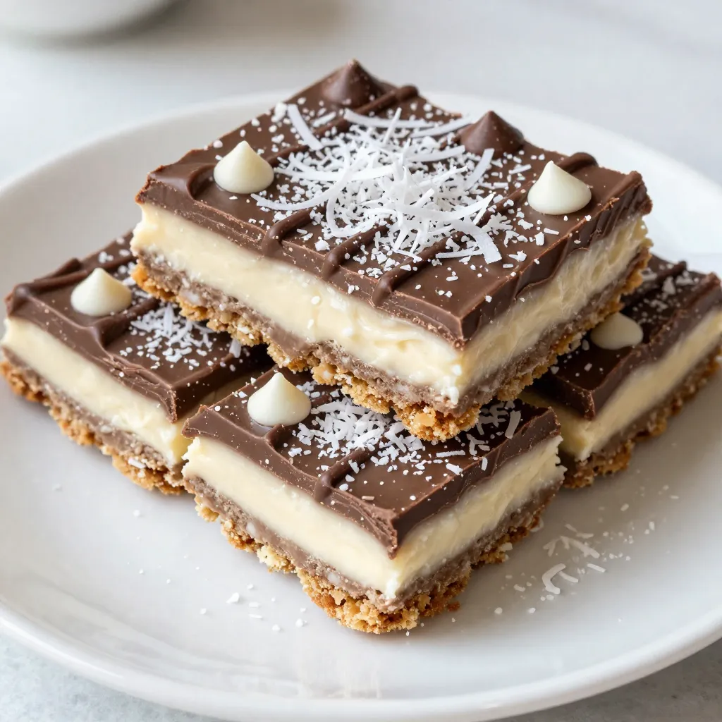 - 1 Tasse Graham-Cracker-Brösel - 1/2 Tasse ungesüßte Kokosraspel - 1/2 Tasse ungesalzene Butter, geschmolzen Die Hauptzutaten sind einfach. Graham-Cracker-Brösel geben den Riegeln eine knusprige Basis. Ungesüßte Kokosraspel sorgen für einen tollen Kokosgeschmack. Die Butter macht die Mischung reichhaltig und gut haftend. - 1 Dose (14 oz) gesüßte Kondensmilch - 1 Tasse halbsüße Schokoladenstückchen - 1/2 Tasse weiße Schokoladenstückchen - 1/2 Tasse gehackte Nüsse (optional) Die gesüßte Kondensmilch verbindet alles. Sie macht die Riegel schön süß und cremig. Halbsüße Schokoladenstückchen bringen einen herzhaften Geschmack. Die weißen Schokoladenstückchen bieten einen schönen Kontrast. Nüsse sind optional, aber sie fügen einen tollen Crunch hinzu. - 1/4 Teelöffel Meersalz - Präsentationstipps: Servieren Sie die Riegel auf einem dekorativen Tablett, bestreut mit etwas zusätzlicher Kokosraspel und einem Schuss geschmolzener Schokolade obenauf. Das Meersalz hebt die süßen Aromen hervor. Es ist wichtig, die Riegel schön zu präsentieren. Eine dekorative Anordnung macht sie noch verlockender. Ein wenig zusätzliche Kokosraspel und geschmolzene Schokolade obenauf machen eine schöne Note. {{ingredient_image_2}} Heize deinen Ofen auf 180°C vor. Fette eine Backform von 23x23 cm gut ein. Ich benutze dazu oft Backspray. So bleibt der Boden nicht kleben. Vermenge in einer Schüssel die Graham-Cracker-Brösel mit geschmolzener Butter. Rühre gut um, bis alles feucht ist. Drücke die Mischung gleichmäßig auf den Boden der Backform. Nutze dafür den Boden eines Glases, um es fest zu drücken. Mische die gesüßte Kondensmilch mit Meersalz in einer anderen Schüssel. Gieße die Hälfte der Mischung gleichmäßig über die Kruste. Streue die Kokosraspel darüber. Dann verteile die halbsüßen und weißen Schokoladenstückchen gleichmäßig. Falls du Nüsse magst, streue sie jetzt auch darauf. Gieße die restliche Kondensmilch-Mischung gleichmäßig über alles. Backe die Riegel für 25-30 Minuten. Die Ränder sollten goldbraun sein, und die Mitte muss fest werden. Lass die Riegel etwa 15 Minuten in der Form abkühlen. Danach lege sie auf ein Kuchengitter, um vollständig abzukühlen. Schneide sie in gleichmäßige Quadrate, wenn sie kalt sind. Die Kruste ist das Fundament Ihres Schokoladenkokos-Magie-Riegels. Hier sind einige Tipps, um die perfekte Konsistenz zu erreichen: - Verwenden Sie frische Graham-Cracker-Brösel. Sie sollten gut zerbröckelt sein. - Mischen Sie die Brösel gründlich mit der geschmolzenen Butter. Die Mischung muss feucht, aber nicht matschig sein. - Drücken Sie die Kruste gleichmäßig in die Form. Nutzen Sie den Boden eines Glases, um die Kruste fest zu drücken. Die Backzeit ist wichtig für den Erfolg Ihrer Riegel. Achten Sie auf diese Punkte: - Stellen Sie den Timer auf 25 Minuten und überprüfen Sie die Riegel. - Die Ränder sollten goldbraun sein. Die Mitte darf leicht wackelig sein, sie festigt sich beim Abkühlen. - Wenn die Riegel zu lange backen, werden sie trocken und hart. Kontrollieren Sie regelmäßig! Die Schokoladenkokos-Magie-Riegel sind sehr anpassungsfähig. Hier sind einige Ideen für Variationen: - Nüsse: Fügen Sie gehackte Walnüsse oder Pekannüsse hinzu für zusätzlichen Crunch. - Süßstoffe: Verwenden Sie Honig oder Agavendicksaft anstelle von gesüßter Kondensmilch. - Alternative Zutaten: Probieren Sie Mandel- oder Erdnussbutter für eine andere Geschmacksrichtung. Probieren Sie diese Variationen aus, um Ihre Riegel zu personalisieren! Pro Tipps Die richtige Konsistenz: Stellen Sie sicher, dass die Graham-Cracker-Brösel gut mit der geschmolzenen Butter vermischt sind, um eine gleichmäßige und knusprige Kruste zu erhalten. Kokosraspel Auswahl: Für einen intensiveren Kokosgeschmack verwenden Sie ungesüßte Kokosraspel. Diese geben den Riegeln eine authentische Note. Schokoladenvariationen: Experimentieren Sie mit verschiedenen Schokoladensorten, wie z.B. Zartbitter oder Milchschokolade, um den Riegeln eine persönliche Note zu verleihen. Nach dem Abkühlen schneiden: Warten Sie, bis die Riegel vollständig abgekühlt sind, bevor Sie sie schneiden, um ein sauberes und gleichmäßiges Ergebnis zu erzielen. {{image_4}} Du kannst diese Riegel noch schokoladiger machen. Verwende Vollmilchschokolade für mehr Süße. Zartbitterschokolade gibt einen tollen, intensiven Geschmack. Misch beide Sorten, um ein neues Erlebnis zu schaffen. Die Schokolade schmilzt beim Backen und sorgt für eine schöne, cremige Schicht. Dies ist eine einfache Möglichkeit, deinen Riegeln einen neuen Twist zu geben. Kokos ist der Star in diesen Riegeln. Du kannst noch mehr Kokos hinzufügen, um den Geschmack zu verstärken. Probiere geröstete Kokosraspel für einen knusprigen Effekt. Ein Hauch von Vanille oder Mandelextrakt kann den Kokosgeschmack ergänzen. Diese kleinen Zusätze machen einen großen Unterschied. Du kannst auch Kokoscreme verwenden, um die Schichten cremiger zu machen. Nüsse bringen Crunch und Geschmack in deine Riegel. Verwende Mandeln, Walnüsse oder Pistazien. Jedes Nussart hat seinen eigenen Charakter. Du kannst die Nüsse grob hacken und gleichmäßig verteilen. Wenn du mehr Abwechslung möchtest, mische verschiedene Nüsse. Dies wird deine Schokoladenkokos-Magie-Riegel noch köstlicher machen. Um die Schokoladenkokos-Magie-Riegel frisch zu halten, lege sie in einen luftdichten Behälter. So bleiben sie weich und lecker. Lagere die Riegel bei Raumtemperatur. Sie sind so bis zu einer Woche haltbar. Für eine längere Haltbarkeit kannst du die Riegel einfrieren. Schneide sie in Stücke und lege sie in einen Gefrierbeutel. Vergiss nicht, die Luft herauszudrücken. So bleiben sie bis zu drei Monate frisch. Wenn du sie essen willst, lasse sie im Kühlschrank auftauen. Wähle einen stabilen Behälter, der gut schließt. Ein Glasbehälter hilft, die Feuchtigkeit zu bewahren. Achte darauf, die Riegel nicht direkt der Sonne auszusetzen. Die ideale Lagerbedingung ist kühl und trocken. Die Schokoladen-Kokos-Magie-Riegel halten sich in einem luftdichten Behälter bis zu einer Woche. Lagern Sie sie bei Raumtemperatur. Wenn Sie sie länger aufbewahren möchten, können Sie sie auch im Kühlschrank lagern. So bleiben sie frisch und lecker. Ja, Sie können die Riegel glutenfrei machen. Verwenden Sie glutenfreie Graham-Cracker oder eine alternative Mischung aus Nüssen und Hafer. Diese Optionen schmecken ebenso gut und bringen eine ähnliche Textur. Wenn Sie keine Graham-Cracker haben, können Sie auch zerbröselte Kekse oder Haferflocken verwenden. Eine Mischung aus zerdrückten Keksen und Nüssen funktioniert ebenfalls gut. So können Sie kreativ sein und nach Ihrem Geschmack anpassen. In diesem Artikel haben wir die besten Zutaten für Schokoladen-Kokos-Magie-Riegel besprochen. Du hast gelernt, wie man die Kruste vorbereitet und die Schichten hinzufügt. Wir haben Tipps gegeben, um Fehler zu vermeiden und Variationen auszuprobieren. Denke daran, die Riegel richtig zu lagern, um ihre Frische zu erhalten. Experimentiere mit verschiedenen Zutaten, um deinen perfekten Riegel zu finden. Viel Spaß beim Backen!