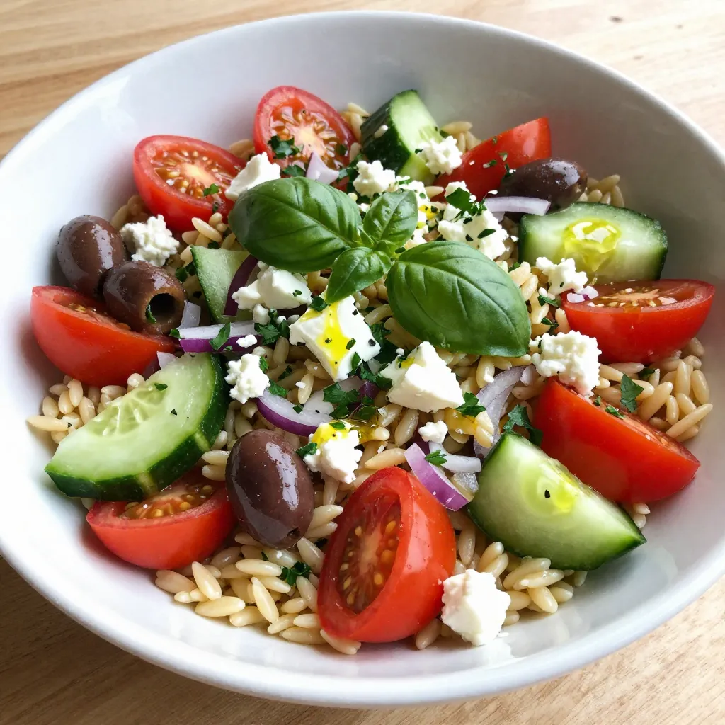 Für diesen griechischen Orzo Pasta Salat brauchen Sie: - 1 Tasse Orzo-Nudeln - 1 ½ Tassen Kirschtomaten, halbiert - 1 Gurke, gewürfelt - ½ Tasse rote Zwiebel, fein gehackt - ½ Tasse Kalamata-Oliven, entsteint und in Scheiben geschnitten - 1 Tasse Feta-Käse, zerbröselt - ¼ Tasse frische Petersilie, gehackt - ¼ Tasse frisches Basilikum, gehackt Diese Zutaten bringen frische und Farbe in Ihren Salat. Sie sind einfach zu finden und machen den Salat gesund und lecker. Für das Dressing verwenden Sie: - 3 Esslöffel Olivenöl - 2 Esslöffel Zitronensaft - 1 Teelöffel getrockneter Oregano - Salz und Pfeffer nach Geschmack Das Dressing ist einfach, aber sehr geschmackvoll. Es verbindet die Aromen der Zutaten und macht den Salat besonders. Um den Salat noch nährstoffreicher zu machen, können Sie Folgendes hinzufügen: - Gehackte Paprika für mehr Vitamine - Avocado für gesunde Fette - Kichererbsen für mehr Protein Diese Optionen machen den Salat nicht nur bunter, sondern auch sättigender und gesünder. So haben Sie eine tolle Mahlzeit, die einfach zuzubereiten ist. {{ingredient_image_2}} Bringen Sie einen großen Topf mit gesalzenem Wasser zum Kochen. Fügen Sie eine Tasse Orzo-Nudeln hinzu. Kochen Sie die Nudeln nach Packungsanweisung al dente, etwa 8 bis 10 Minuten. Gießen Sie die Nudeln ab und spülen Sie sie unter kaltem Wasser ab. Dies stoppt den Kochprozess und hält die Nudeln schön bissfest. Während die Nudeln kochen, bereiten Sie das Gemüse vor. Halbieren Sie 1 ½ Tassen Kirschtomaten. Würfeln Sie eine Gurke und hacken Sie eine halbe Tasse rote Zwiebel fein. Schneiden Sie auch eine halbe Tasse Kalamata-Oliven in Scheiben. Geben Sie alles in eine große Rührschüssel. Fügen Sie die abgekühlten Orzo-Nudeln zu Ihrem Gemüse in die Schüssel hinzu. Mischen Sie vorsichtig, damit alles gut verteilt ist. Dies sorgt dafür, dass jeder Biss voll von Geschmack ist. Nehmen Sie eine kleine Schüssel. Geben Sie 3 Esslöffel Olivenöl, 2 Esslöffel Zitronensaft und 1 Teelöffel getrockneten Oregano hinein. Fügen Sie eine Prise Salz und Pfeffer hinzu. Vermengen Sie alles gut, bis das Dressing cremig aussieht. Gießen Sie das Dressing über die Mischung aus Orzo und Gemüse. Rühren Sie alles leicht um, damit sich das Dressing gut verteilt. Es ist wichtig, dass jede Zutat etwas von dem Dressing abbekommt. Lassen Sie den Salat mindestens 30 Minuten im Kühlschrank ziehen. Dies hilft, die Aromen zu verbinden. Servieren Sie den Salat in einer großen Schüssel. Garnieren Sie ihn mit ganzen Oliven und frischen Kräutern. So wird der Salat noch ansprechender. Um die besten Orzo-Nudeln zu kochen, gibt es einige einfache Tipps. - Verwenden Sie viel Wasser. Das hilft, die Nudeln gleichmäßig zu garen. - Salzen Sie das Wasser gut. Das gibt den Nudeln Geschmack. - Kochen Sie die Orzo-Nudeln al dente. Sie sollten weich, aber noch bissfest sein. - Spülen Sie die Nudeln nach dem Kochen sofort ab. So stoppen Sie den Garprozess. - Lassen Sie die Nudeln abkühlen, bevor Sie sie zum Salat geben. Das verhindert, dass der Salat warm wird. Das Dressing ist der Schlüssel zu einem leckeren Salat. Hier sind einige Ideen zur Anpassung: - Fügen Sie mehr Zitronensaft hinzu für extra Frische. - Probieren Sie einen Spritzer Balsamico-Essig. Das gibt eine süße Note. - Verwenden Sie frische Kräuter wie Dill oder Minze. Das bringt einen neuen Geschmack. - Experimentieren Sie mit verschiedenen Ölen. Nussöl kann eine tolle Ergänzung sein. - Für eine cremige Version können Sie Joghurt hinzufügen. Das macht das Dressing reichhaltiger. Ein schön angerichteter Salat macht mehr Spaß. Hier sind einige Tipps zur Präsentation: - Servieren Sie den Salat in einer großen, bunten Schüssel. Das sieht einladend aus. - Garnieren Sie den Salat mit ganzen Oliven und frischen Kräutern. Das bringt Farbe. - Verwenden Sie einen großen Löffel, um den Salat zu servieren. So bleibt er schön vermischt. - Stellen Sie ihn auf eine schöne Tischdecke. Das macht das Essen festlicher. - Lassen Sie den Salat kurz im Kühlschrank ruhen, bevor Sie ihn servieren. So schmecken die Aromen besser. Pro Tipps Orzo richtig kochen: Achten Sie darauf, die Orzo-Nudeln in ausreichend gesalzenem Wasser zu kochen, um den besten Geschmack zu erzielen. Spülen Sie die Nudeln nach dem Kochen unter kaltem Wasser ab, um das Kochen zu stoppen und die Textur zu bewahren. Frische Zutaten verwenden: Für das beste Geschmackserlebnis sollten Sie frisches Gemüse und Kräuter verwenden. Saisonale Produkte machen den Salat besonders aromatisch und ansprechend. Dressing anpassen: Passen Sie das Dressing Ihrem Geschmack an, indem Sie mehr Zitronensaft oder Gewürze hinzufügen. Probieren Sie es einfach aus, um die perfekte Balance für Ihren Gaumen zu finden. Vor dem Servieren kühlen: Lassen Sie den Salat vor dem Servieren mindestens 30 Minuten im Kühlschrank ziehen. Dadurch können sich die Aromen entfalten und der Salat wird erfrischender. {{image_4}} Für eine vegetarische Variante können Sie einige Zutaten leicht ändern. Ersetzen Sie den Feta-Käse durch eine vegane Käsealternative. Das gibt dem Salat einen tollen Geschmack und bleibt gesund. Fügen Sie auch mehr Gemüse hinzu, wie zum Beispiel Paprika oder Zucchini. Diese Gemüse sind knackig und lecker. Möchten Sie mehr Protein in den Salat bringen? Fügen Sie gegrilltes Hühnchen oder Kichererbsen hinzu. Hühnchen gibt einen herzhaften Geschmack. Kichererbsen sind eine großartige pflanzliche Proteinquelle. Beide Optionen machen den Salat sättigender und nahrhafter. Passen Sie den Salat an die Saison an. Im Frühling können Sie Spargel oder Erbsen hinzufügen. Im Sommer sind frische Paprika und Zucchini perfekt. Im Herbst passen geröstete Kürbiswürfel gut dazu. Im Winter können Sie auch Rote Beete oder Grünkohl verwenden. Jede Saison bringt neue Aromen und Farben in Ihren Salat. Um den griechischen Orzo Pasta Salat frisch zu halten, bewahre ihn in einem luftdichten Behälter auf. So bleibt der Salat bis zu drei Tage lecker. Stelle sicher, dass der Behälter gut verschlossen ist, um Gerüche zu vermeiden. Vor dem Servieren kannst du den Salat kurz umrühren, um die Aromen wieder aufzufrischen. Wenn du Reste hast, probiere sie in Wraps oder als Füllung für Omeletts. Du kannst auch die Orzo-Nudeln in einer Suppe verwenden. So wird nichts verschwendet. Füge einfach Brühe und weiteres Gemüse hinzu, um eine nahrhafte Mahlzeit zu kreieren. Die Zutaten sollten separat gelagert werden, wenn du sie nicht sofort verwendest. Lagere frisches Gemüse im Kühlschrank, um die Frische zu erhalten. Der Feta-Käse hält sich gut in seiner Originalverpackung oder in einem luftdichten Behälter. Oliven können ebenfalls in einem geschlossenen Glas aufbewahrt werden. So hast du alles bereit, wenn du Lust auf diesen köstlichen Salat hast! Sie können den Salat bis zu fünf Tage im Kühlschrank aufbewahren. Stellen Sie sicher, dass er in einem luftdichten Behälter ist. So bleibt der Salat frisch und lecker. Wenn er länger steht, kann die Textur der Zutaten leiden. Ja, das ist eine tolle Idee! Sie können Paprika, Zucchini oder Spinat hinzufügen. Jede Gemüsesorte bringt ihren eigenen Geschmack und Nährstoffe mit. Experimentieren Sie mit dem, was Ihnen gefällt oder was Sie zur Hand haben. Definitiv! Der Salat ist ideal für Meal Prep. Sie können ihn in Portionen aufteilen und für die Woche vorbereiten. So haben Sie gesunde Mahlzeiten bereit, die schnell zu genießen sind. Achten Sie darauf, das Dressing getrennt zu halten, bis Sie bereit sind, ihn zu essen. Zu diesem Salat passen viele gesunde Beilagen. Sie können gegrilltes Hähnchen, Garnelen oder Tofu servieren. Auch ein Stück Vollkornbrot ist eine gute Wahl. Diese Beilagen ergänzen den Salat perfekt und machen das Essen noch nahrhafter. Der griechische Orzo-Salat ist einfach lecker und gesund. Wir haben die besten Zutaten und eine einfache Schritt-für-Schritt-Anleitung behandelt. Tipps zur Zubereitung und Lagerung helfen dir, deine Mahlzeit frisch zu halten. Denke daran, den Salat nach deinem Geschmack anzupassen. So kannst du ihn immer wieder neu genießen. Sei kreativ mit den Variationen und lasse nichts verschwenden. Jetzt hast du alles, um einen köstlichen Salat zu machen. Viel Spaß beim Zubereiten und Servieren!