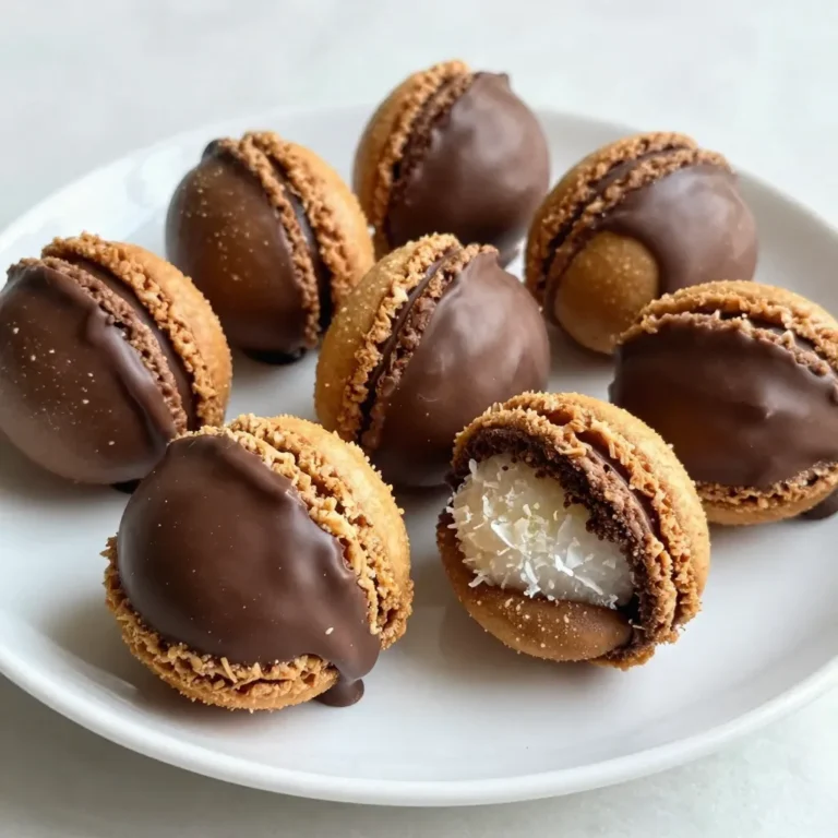 Für köstliche Schokoladenglasierte Kokosmakronen benötigst du die folgenden Hauptzutaten: - 3 Tassen süßliche, geraspelte Kokosnuss - 2/3 Tasse gesüßte Kondensmilch - 1 Teelöffel Vanilleextrakt - 1/4 Teelöffel Salz - 2 große Eiweiße - 1/4 Tasse Kristallzucker - 1 Tasse Zartbitter-Schokoladenstückchen - 1 Esslöffel Kokosöl Diese Zutaten bilden die Basis für deine leckeren Makronen. Die Kokosnuss sorgt für das typische Aroma, während die Kondensmilch die Süße bringt. Der Vanilleextrakt rundet den Geschmack ab. Du kannst deine Makronen noch vielfältiger gestalten, indem du einige optionale Zutaten hinzufügst: - Nüsse wie Mandeln oder Haselnüsse - Zusätzliche Aromen wie Mandelessenz oder Orangenabrieb - Kokosraspeln in verschiedenen Formen (z. B. ungesüßt) Mit diesen Zutaten kannst du neue Geschmäcker entdecken und den Makronen eine persönliche Note geben. Die Auswahl der richtigen Zutaten macht viel aus. Hier sind einige Tipps: - Kokosnuss: Achte auf frische, süßliche Kokosnüsse. Sie sollten aromatisch riechen. - Kondensmilch: Verwende hochwertige gesüßte Kondensmilch für den besten Geschmack. - Eier: Frische Eier geben das beste Volumen. Achte darauf, dass die Eiweiße Zimmertemperatur haben. - Schokolade: Wähle gute Zartbitter-Schokolade. Sie sollte einen hohen Kakaoanteil haben. - Kokosöl: Nutze hochwertiges Kokosöl, um den Geschmack zu verstärken. Mit diesen Tipps stellst du sicher, dass deine Schokoladenglasierte Kokosmakronen immer köstlich schmecken! {{ingredient_image_2}} Heize deinen Ofen auf 163°C vor. Nimm ein Backblech und lege es mit Backpapier aus. So bleiben die Makronen nicht kleben und lassen sich leicht abnehmen. In einer großen Schüssel vermische die geraspelte Kokosnuss, gesüßte Kondensmilch, Vanilleextrakt und Salz. Rühre alles gut um, bis die Mischung gleichmäßig aussieht. Diese Basis bringt den süßen Kokosgeschmack. Schlage die Eiweiße in einer anderen Schüssel mit einem Handmixer schaumig. Füge langsam den Kristallzucker hinzu und schlage weiter, bis steife Spitzen entstehen. Das ist wichtig für die Textur. Mische die geschlagenen Eiweiße vorsichtig mit der Kokosmischung. Achte darauf, die Luftigkeit nicht zu verlieren. Verwende einen kleinen Ausstecher oder Esslöffel, um kleine Häufchen der Mischung auf das Backblech zu setzen. Lass genug Platz zwischen den Häufchen. Backe die Makronen 15 bis 20 Minuten, bis sie leicht goldbraun sind. Danach lasse sie 10 Minuten auf dem Blech abkühlen. Während die Makronen abkühlen, schmelze die Schokoladenstückchen und das Kokosöl. Verwende dafür eine mikrowellenfeste Schüssel. Mache das in 30-Sekunden-Intervallen und rühre dazwischen um. Wenn die Schokolade glatt ist, tauche die unteren Hälften der Makronen hinein. Lass den Überschuss abtropfen und lege sie dann auf ein Kuchengitter. Du kannst auch etwas Schokolade drüber träufeln, wenn du magst. Lass alles fest werden, bevor du die Makronen servierst. Um die perfekte Konsistenz zu erreichen, ist die Mischung entscheidend. Mischen Sie die geraspelte Kokosnuss, die gesüßte Kondensmilch und den Vanilleextrakt gut. Fügen Sie das Salz hinzu, um den Geschmack zu heben. Schlagen Sie die Eiweiße steif. Dies gibt den Makronen eine luftige Textur. Fügen Sie die Eiweiße vorsichtig in die Kokosmischung ein. Achten Sie darauf, nicht zu rühren, damit die Luftigkeit bleibt. Ein häufiger Fehler ist, die Eiweiße nicht fest genug zu schlagen. Dies kann die Makronen schwer machen. Verwenden Sie eine saubere Schüssel und Rührgeräte. Ein weiterer Fehler ist, die Makronen zu nah beieinander zu setzen. Lassen Sie ausreichend Platz, damit sie gleichmäßig backen. Vermeiden Sie auch, die Makronen zu lange zu backen. Sie sollten goldbraun, aber nicht verbrannt sein. Servieren Sie die Makronen auf einem schönen Teller. Sie sehen toll aus, wenn Sie sie in einer kleinen Papiertüte präsentieren. Für einen besonderen Touch können Sie die restliche geschmolzene Schokolade über die Makronen träufeln. Dies fügt nicht nur Geschmack hinzu, sondern macht sie auch ansprechender. Pairen Sie die Makronen mit einer Tasse Kaffee oder Tee für einen perfekten Snack. Pro Tipps Frische Zutaten: Verwende frische und hochwertige Kokosnüsse für den besten Geschmack und die beste Textur deiner Makronen. Eiweiße richtig schlagen: Achte darauf, dass keine Eigelbreste in den Eiweißen sind und dass die Schüssel sauber und trocken ist, um die bestmögliche Stabilität zu erreichen. Schokolade temperieren: Wenn du die Schokolade temperierst, wird sie glänzender und bricht beim Schneiden nicht so leicht. Aufbewahrung: Bewahre die Makronen in einem luftdichten Behälter auf, um ihre Frische zu erhalten. Sie sind auch im Kühlschrank haltbar. {{image_4}} Du kannst die Schokolade für die Makronen anpassen. Verwende Vollmilch-, Zartbitter- oder weiße Schokolade. Jede Sorte gibt einen anderen Geschmack. Das variieren macht die Makronen spannend. Du kannst auch Schokoladensplitter oder Stücke hinzufügen. So erhältst du knusprige Überraschungen in jeder Makrone. Probiere, verschiedene Nüsse zu verwenden. Mandeln oder Haselnüsse passen gut zu Kokosnuss. Du kannst sie klein hacken und zur Mischung geben. Auch Aromen sind eine tolle Idee. Füge etwas Mandel- oder Orangenextrakt hinzu. Dadurch erhältst du einen neuen Geschmack. So machst du deine Makronen einzigartig. Mach die Makronen glutenfrei, indem du die richtigen Zutaten wählst. Die Hauptzutaten sind ohnehin glutenfrei. Für eine vegane Variante ersetze die Eier mit einer Banane oder Apfelmus. Auch pflanzliche Kondensmilch ist eine gute Wahl. So können viele Menschen die Makronen genießen. Sei kreativ und finde deinen Lieblingsgeschmack! Um deine Schokoladenglasierte Kokosmakronen frisch zu halten, lagere sie in einem luftdichten Behälter. Du kannst die Makronen zwischen Lagen von Backpapier schichten. So bleiben sie knusprig und kleben nicht zusammen. Stelle den Behälter an einen kühlen Ort, fern von Sonnenlicht. Vermeide die Lagerung im Kühlschrank, da die Makronen ihre Textur verlieren können. Die Schokolade auf deiner Makrone kann schmelzen oder sich verformen. Lagere die Makronen an einem kühlen, trockenen Ort. Wenn du die Schokolade getrennt aufbewahren willst, stelle sicher, dass sie in einem luftdichten Behälter ist. So bleibt die Schokolade frisch. Du kannst sie auch im Kühlschrank lagern, aber lass sie vorher auf Raumtemperatur kommen, bevor du sie verwendest. Schokoladenglasierte Kokosmakronen halten sich etwa eine Woche, wenn sie richtig gelagert sind. Wenn du sie einfrierst, halten sie bis zu drei Monate. Achte darauf, sie in einem festen Behälter einzufrieren, damit sie ihren Geschmack behalten. Wenn du sie auftauen möchtest, lass sie einfach bei Raumtemperatur stehen. So bleiben sie lecker und frisch. Du kannst die Kokosmakronen bis zu einer Woche aufbewahren. Am besten legst du sie in eine luftdichte Box. So bleiben sie frisch und lecker. Wenn du sie kühler lagerst, halten sie sogar bis zu zwei Wochen. Achte darauf, dass die Schokolade nicht schmilzt. Ja, du kannst die Eier durch Chia- oder Leinsamen ersetzen. Nimm dafür einen Esslöffel gemahlene Samen und drei Esslöffel Wasser. Mische sie und lass die Mischung für fünf Minuten stehen. Diese Mischung bindet gut und gibt den Makronen eine ähnliche Textur. Du kannst die Makronen einfrieren, um sie länger frisch zu halten. Lass sie zuerst vollständig abkühlen. Dann lege sie in einen Gefrierbeutel oder eine Box. Du kannst sie bis zu drei Monate einfrieren. Zum Servieren nimm sie einfach heraus und lass sie bei Raumtemperatur auftauen. Die Zutaten findest du in jedem Supermarkt. Die geraspelte Kokosnuss gibt es oft in der Backwaren-Abteilung. Gesüßte Kondensmilch findest du bei den Milchprodukten. Zartbitter-Schokoladenstückchen gibt es im Süßwarenbereich. Für spezielle Zutaten wie Kokosöl schaue in der Bio-Abteilung nach. Zusammenfassend haben wir die Hauptzutaten für schokoladenglasierte Kokosmakronen besprochen. Die Schritt-für-Schritt-Anleitung hilft Ihnen beim Backen. Tipps und Tricks geben Ihnen die besten Ergebnisse. Sie können auch kreative Variationen ausprobieren. Denken Sie an die richtigen Lagerungshinweise, um die Haltbarkeit zu verlängern. Selbstgemachte Kokosmakronen sind lecker und vielseitig. Ich hoffe, Sie genießen das Backen und Probieren!