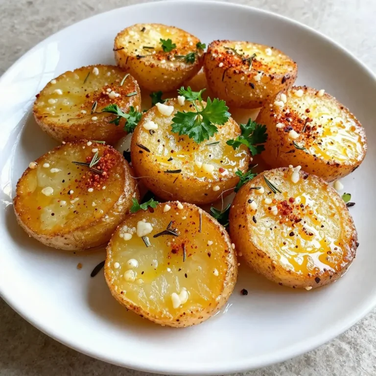 Für die Crispy Garlic Smash Potatoes brauchst du: - 680 g Babykartoffeln - 60 ml Olivenöl - 4 Knoblauchzehen, fein gehackt Diese Zutaten sind einfach zu finden und perfekt für den Geschmack, den du suchst. Die Babykartoffeln sind klein und zart. Das macht sie ideal zum Zerdrücken und für die knusprige Textur. Hier sind die Gewürze, die du benötigst: - 1 Teelöffel Knoblauchpulver - 1 Teelöffel getrockneter Rosmarin - 1 Teelöffel Paprikapulver - Salz und Pfeffer nach Geschmack Die Kombination dieser Gewürze bringt einen tollen Geschmack. Das Olivenöl hilft, die Kartoffeln knusprig zu machen. Frische Kräuter machen das Gericht noch besser. Ich empfehle dir, frische Petersilie zu verwenden. Sie bringt Farbe und einen frischen Geschmack. Einfach vor dem Servieren über die Kartoffeln streuen. So erhältst du ein schönes Finish und einen tollen Geschmack. {{ingredient_image_2}} Heize deinen Ofen auf 220°C vor. Das ist wichtig, um die Kartoffeln knusprig zu machen. Nimm 680 g Babykartoffeln und lege sie in einen großen Topf. Bedecke die Kartoffeln mit Wasser. Bring das Wasser zum Kochen. Koche die Kartoffeln für etwa 15 bis 20 Minuten. Sie sollen weich sein und sich leicht mit einer Gabel durchstechen lassen. Sobald die Kartoffeln gar sind, gieße sie ab. Lass sie für 5 Minuten abkühlen. Diese kurze Wartezeit hilft, die Kartoffeln etwas auszutrocknen. Das sorgt für eine extra knusprige Textur beim Backen. Lege die abgekühlten Kartoffeln auf ein mit Backpapier ausgelegtes Blech. Nimm den Boden eines Glases oder einen Kartoffelstampfer. Drücke jede Kartoffel vorsichtig flach, bis sie etwa 1,5 cm dick ist. Diese Form sorgt dafür, dass die Kartoffeln gleichmäßig backen und knusprig werden. Um die perfekte Knusprigkeit zu erreichen, ist die Vorbereitung entscheidend. Beginne mit kleinen Babykartoffeln. Sie garen schneller und haben mehr Geschmack. Koche sie bis sie weich sind, aber nicht zu lange. Wenn sie gar sind, lasse sie kurz abkühlen. Das hilft, die Feuchtigkeit zu reduzieren. Zerdrücke die Kartoffeln vorsichtig. Achte darauf, dass sie nicht zerfallen. Jedes Stück sollte gleichmäßig flach sein, etwa 1,5 cm dick. Träufle die Knoblauchöl-Mischung großzügig über jede Kartoffel. So erhalten sie den besten Geschmack und die schönste Farbe. Crispy Garlic Smash Potatoes sind perfekt für viele Anlässe. Sie passen gut zu Grillfesten, Familienessen oder sogar als Snack. Du kannst sie leicht vorbereiten und im Ofen backen. Sie sind auch ein Hit auf Partys. Jeder liebt den knusprigen Biss und den starken Knoblauchgeschmack. Du kannst sie mit verschiedenen Dips servieren oder einfach so genießen. Die Vielfalt macht sie sehr beliebt. Die Vorbereitungszeit für diese Kartoffeln ist kurz. Du brauchst nur etwa 10 Minuten, um sie vorzubereiten. Während die Kartoffeln kochen, kannst du die Knoblauchöl-Mischung zubereiten. Das spart Zeit. Wenn die Kartoffeln abkühlen, bereite deinen Ofen vor. Heize ihn auf 220°C vor, während du die Kartoffeln zerdrückst. So nutzt du die gesamte Zeit effizient. Diese Tipps helfen dir, das Beste aus deiner Kochzeit herauszuholen. Pro Tipps Die richtige Kartoffelsorte wählen: Für die besten Ergebnisse verwende festkochende Babykartoffeln, da sie beim Kochen ihre Form behalten und eine bessere Textur bieten. Für extra Knusprigkeit: Lasse die zerdrückten Kartoffeln vor dem Backen etwas abkühlen, damit sie trockener werden und beim Backen knuspriger sind. Variationen hinzufügen: Experimentiere mit verschiedenen Kräutern und Gewürzen, wie Thymian oder Chili-Flocken, um den Geschmack nach deinem Belieben anzupassen. Serviervorschlag: Diese knusprigen Kartoffeln passen hervorragend als Beilage zu Fleischgerichten oder als Snack mit einem Dip wie Aioli oder Sour Cream. {{image_4}} Du kannst die Crispy Garlic Smash Potatoes leicht abwandeln. Eine großartige Idee ist, sie mit Käse zu überbacken. Nachdem du die Kartoffeln zerdrückt hast, streue eine Schicht deines Lieblingskäses darüber. Mozzarella ist eine gute Wahl. Der Käse schmilzt und gibt einen tollen Geschmack. Lass die Kartoffeln im Ofen backen, bis der Käse goldbraun ist. Diese Variante macht die Kartoffeln noch köstlicher. Diese Kartoffeln passen gut zu vielen Gemüsebeilagen oder Dips. Du könntest zum Beispiel einen frischen Salat mit Tomaten und Gurken machen. Auch ein Dip aus Joghurt und Kräutern ist eine tolle Wahl. Dieser Dip bringt Frische und passt gut zu den knusprigen Kartoffeln. Versuche auch einen scharfen Salsa-Dip. Die Würze wird die Aromen der Kartoffeln ergänzen. Wenn du spezielle Ernährungsbedürfnisse hast, kannst du die Rezeptur leicht anpassen. Für eine glutenfreie Version, achte darauf, dass alle Zutaten glutenfrei sind. Du kannst auch das Olivenöl durch ein anderes Öl ersetzen, wenn du das möchtest. Für eine vegane Option, stelle sicher, dass du keinen Käse verwendest. Diese Anpassungen machen die Kartoffeln für alle zugänglich. Um die restlichen Crispy Garlic Smash Potatoes frisch zu halten, lasse sie zuerst auf Raumtemperatur abkühlen. Dann lege sie in einen luftdichten Behälter. Dies schützt die Kartoffeln vor Luft und Feuchtigkeit. Du kannst sie auch in Frischhaltefolie wickeln. So bleiben sie länger knusprig. Wenn du die Kartoffeln aufwärmen möchtest, heize deinen Ofen auf 190°C vor. Lege die Kartoffeln auf ein Backblech. Backe sie für etwa 10-15 Minuten. Dies stellt sicher, dass sie wieder knusprig werden. Du kannst auch eine Pfanne auf mittlerer Hitze verwenden. Ein wenig Olivenöl hilft, die Knusprigkeit zurückzubringen. Im Kühlschrank halten die Kartoffeln 3-4 Tage. Achte darauf, sie in einem luftdichten Behälter zu lagern. Im Gefrierfach kannst du sie bis zu 2 Monate aufbewahren. Friere die Kartoffeln in einem einzigen Schicht auf einem Blech ein, bevor du sie in einen Behälter umfüllst. So kleben sie nicht zusammen. Du kannst die Crispy Garlic Smash Potatoes bis zu drei Tage im Kühlschrank aufbewahren. Stelle sicher, dass sie in einem luftdichten Behälter sind. Es ist wichtig, die Kartoffeln gut abkühlen zu lassen, bevor du sie lagerst. So bleiben sie frisch und lecker. Wenn du die Kartoffeln aufwärmen möchtest, kannst du sie im Ofen oder in einer Pfanne erhitzen. Dies hilft, die Knusprigkeit zurückzubringen. Ja, du kannst andere Kartoffelsorten verwenden. Festkochende Kartoffeln sind ideal für dieses Rezept. Sie behalten ihre Form beim Kochen und Zerdrücken. Du kannst auch kleine Kartoffeln wie Yukon Gold oder sogar rote Kartoffeln verwenden. Achte darauf, die Kochzeit anzupassen, wenn die Kartoffeln größer oder kleiner sind. Jeder Kartoffeltyp bringt seinen eigenen Geschmack mit, also experimentiere ruhig! Crispy Garlic Smash Potatoes passen gut zu vielen Gerichten. Du kannst sie als Beilage zu Fleisch, Fisch oder Gemüse servieren. Sie eignen sich gut zu gegrilltem Hähnchen oder Steak. Auch ein frischer Salat macht das Essen leicht und gesund. Du kannst auch Dips wie Sour Cream oder Aioli anbieten. Das macht die Kartoffeln noch leckerer! Wir haben die Zutaten und die einfache Schritt-für-Schritt-Anleitung für Crispy Garlic Smash Potatoes erkundet. Die Tipps helfen dir, die perfekte Knusprigkeit zu erreichen und verschiedene Variationen auszuprobieren. Außerdem hast du gelernt, wie du Reste richtig lagerst und aufwärmst. Insgesamt sind diese Kartoffeln perfekt für jeden Anlass. Sie sind lecker und vielseitig. Probier sie aus und verwandele deine nächsten Mahlzeiten in etwas Besonderes!