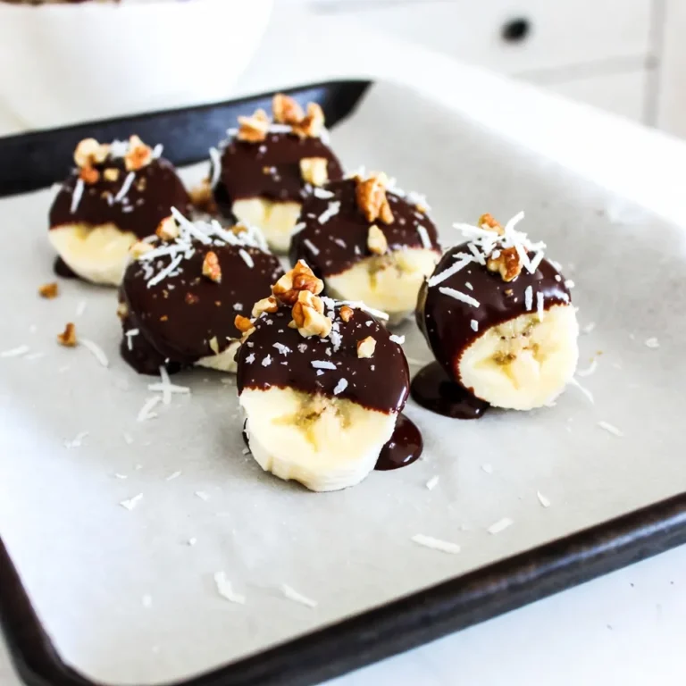 Für diese leckeren Snacks brauchst du nur wenige Zutaten. Hier ist, was du benötigst: - 2 reife Bananen - 1 Tasse Zartbitterschokoladenstückchen - 2 Esslöffel Kokosöl Mit diesen Hauptzutaten bereitest du die schokoladigen Bananenbisse zu. Die reifen Bananen geben eine süße Basis. Die Zartbitterschokolade sorgt für den schokoladigen Geschmack, während das Kokosöl die Schokolade schön geschmeidig macht. Um deinen Bananenbissen mehr Textur zu geben, kannst du einige gesunde Zusätze hinzufügen. Ich empfehle: - 1/4 Tasse gehackte Nüsse (Mandeln, Walnüsse oder Haselnüsse) - 1/4 Tasse ungesüßte Kokosraspeln - Meersalz, zum Bestreuen Diese Zutaten bringen nicht nur Crunch. Sie fügen auch gesunde Fette und Ballaststoffe hinzu. Die Nüsse bringen einen tollen Biss. Die Kokosraspeln geben ein tropisches Aroma. Ein Hauch von Meersalz hebt den Geschmack der Schokolade hervor. Schokolade ist der Schlüssel zu diesem Rezept. Wähle eine gute Qualität. Achte auf: - Zartbitterschokolade mit mindestens 70% Kakao - Bio- oder Fair-Trade-Schokolade für nachhaltige Optionen Hochwertige Schokolade hat einen reicheren Geschmack. Sie schmilzt auch besser. Das macht das Eintauchen der Bananen einfacher. Wenn du Milchschokolade magst, kannst du diese auch verwenden. Sie wird süßer sein, aber trotzdem lecker. {{ingredient_image_2}} Zuerst nimmst du zwei reife Bananen. Schäle sie und schneide sie in 2,5 cm dicke Scheiben. Lege die Bananenscheiben gleichmäßig auf ein mit Backpapier ausgelegtes Backblech. Jetzt ist es Zeit, die Bananen in das Gefrierfach zu stellen. Lass sie dort für etwa 30 Minuten. So werden sie fest und leicht zu handhaben. Während die Bananen gefrieren, kannst du die Schokolade vorbereiten. Nimm eine mikrowellengeeignete Schüssel. Füge 1 Tasse Zartbitterschokoladenstückchen und 2 Esslöffel Kokosöl hinzu. Stelle die Schüssel in die Mikrowelle. Erhitze die Mischung in 30-Sekunden-Intervallen. Rühre zwischendurch um, bis die Schokolade glatt und vollständig geschmolzen ist. Sobald die Bananenscheiben fest sind, nimm das Blech aus dem Gefrierfach. Jetzt tauchst du jede Bananenscheibe in die geschmolzene Schokolade. Verwende eine Gabel, um die Bananen gleichmäßig zu ummanteln. Lass überschüssige Schokolade abtropfen, bevor du die Scheiben zurück auf das Blech legst. Während die Schokolade noch feucht ist, streue die gehackten Nüsse und die Kokosraspeln darüber. Eine Prise Meersalz verleiht dem Ganzen den letzten Schliff. Stelle das Blech für 15-20 Minuten wieder ins Gefrierfach, bis die Schokolade hart ist. Voilà, deine schokoladenüberzogenen Bananenbisse sind fertig! Um perfekte Schokoladenüberzogene Bananenbisse zu machen, beachte diese Tipps: - Wähle reife, aber feste Bananen. Sie sind süß und leicht zu schneiden. - Gefriere die Bananenscheiben gut, damit sie beim Tauchen in die Schokolade nicht zerfallen. - Schmelze die Schokolade langsam. Benutze die Mikrowelle in kurzen Intervallen. - Tauche die Bananen vollständig in die Schokolade für einen tollen Geschmack. Es gibt einige häufige Fehler, die du vermeiden solltest: - Wenn du die Bananen nicht gefrierst, können sie matschig werden. - Verwende keine zu hohe Wärme zum Schmelzen der Schokolade. Sie kann anbrennen. - Lasse die Schokolade nicht zu lange stehen, bevor du die Toppings hinzufügst. Sie muss feucht sein, damit alles gut haftet. Du kannst deine Bananenbisse leicht anpassen: - Probiere verschiedene Nüsse wie Mandeln oder Walnüsse für neuen Crunch. - Füge Gewürze wie Zimt oder Chili für einen besonderen Kick hinzu. - Nutze verschiedene Schokoladen wie weiße oder Vollmilchschokolade für andere Geschmäcker. - Verwende getrocknete Früchte oder Müsli als Topping für mehr Textur. Pro Tipps Die richtige Banane wählen: Achte darauf, dass die Bananen reif, aber nicht überreif sind, um die beste Textur und Süße zu erzielen. Schokolade temperieren: Für einen schönen Glanz und eine bessere Konsistenz kannst du die Schokolade temperieren, bevor du die Bananen tauchst. Variationen ausprobieren: Experimentiere mit verschiedenen Nüssen oder füge Gewürze wie Zimt oder Vanille zu der Schokolade hinzu, um neue Geschmackskombinationen zu entdecken. Richtig lagern: Bewahre die Bananenbisse in einem luftdichten Behälter im Gefrierfach auf, um die Frische zu bewahren und ein Zusammenkleben zu verhindern. {{image_4}} Ich liebe es, mit verschiedenen Nüssen zu experimentieren. Du kannst Mandeln, Walnüsse oder Haselnüsse verwenden. Diese Nüsse geben den Bananenbissen einen tollen Crunch. Wenn du die Nüsse klein hackst, kannst du sie am besten auf die Bananenbisse streuen. Sie sorgen für einen schönen Kontrast zur weichen Banane und zur Schokolade. Kokosraspeln sind eine weitere leckere Option. Ich empfehle ungesüßte Kokosraspeln. Sie haben einen natürlichen Geschmack. Diese Raspeln geben den Bananenbissen eine besondere Note. Du kannst sie einfach auf die noch feuchte Schokolade streuen. Das sieht auch toll aus! Du kannst deinem Rezept auch andere Aromen hinzufügen. Zum Beispiel: - Zimt: Ein Hauch Zimt macht alles besser. - Erdnussbutter: Ein Klecks Erdnussbutter gibt einen tollen Geschmack. - Honig: Ein wenig Honig bringt Süße in die Mischung. Alle diese Ideen machen deine Bananenbisse einzigartig. Experimentiere und finde deine Lieblingsversion! Schokoladenüberzogene Bananenbisse sind im Gefrierfach bis zu zwei Monate haltbar. Die Bananen bleiben frisch und lecker, wenn du sie richtig lagerst. Achte darauf, dass sie in einem luftdichten Behälter sind. So schütze ich sie vor Frostbrand und vermeide, dass sie ihren Geschmack verlieren. Die besten Lagerbedingungen für deine Bananenbisse sind im Gefrierfach. Ich empfehle, die Bananenbisse auf ein Backblech zu legen und einzufrieren. Nach dem Aushärten kannst du sie in einen Behälter umfüllen. So bleiben sie fest und klumpen nicht zusammen. Halte die Temperatur konstant bei -18 °C oder kälter. Um die Bananenbisse richtig einzufrieren, folge diesen Schritten: - Schneide die Bananen in dicke Scheiben. - Lege sie zuerst auf ein Backblech. - Friere sie für 30 Minuten ein, bis sie fest sind. - Tauche sie in Schokolade und dekoriere sie. - Lass sie erneut 15-20 Minuten gefrieren, bis die Schokolade fest ist. - Fülle die Bananenbisse in einen luftdichten Behälter. So bleiben die Bananenbisse knackig und köstlich. Um Schokoladenüberzogene Bananenbisse zu machen, folge diesen Schritten: 1. Bananen vorbereiten: Schäle zwei reife Bananen und schneide sie in 2,5 cm dicke Scheiben. 2. Bananen einfrieren: Lege die Scheiben auf ein mit Backpapier ausgelegtes Blech. Stelle das Blech für 30 Minuten ins Gefrierfach. 3. Schokolade schmelzen: Vermenge 1 Tasse Zartbitterschokoladenstückchen mit 2 Esslöffeln Kokosöl. Erhitze die Mischung in der Mikrowelle in 30-Sekunden-Intervallen. 4. Bananen tauchen: Nimm die gefrorenen Bananenscheiben. Tauche jede Scheibe in die geschmolzene Schokolade und lasse den Überschuss abtropfen. 5. Dekorieren: Streue gehackte Nüsse und Kokosraspeln auf die noch feuchte Schokolade. 6. Fertigstellen: Stelle das Blech wieder ins Gefrierfach für 15-20 Minuten, bis die Schokolade hart ist. Für Schokoladenüberzogene Bananenbisse sind Mandeln, Walnüsse oder Haselnüsse am besten geeignet. Diese Nüsse bringen einen tollen Crunch und Geschmack. Du kannst die Nüsse grob hacken und sie nach Belieben in die Schokolade streuen. Ja, du kannst auch andere Fette verwenden. Butter oder pflanzliches Öl sind gute Alternativen zu Kokosöl. Sie helfen der Schokolade, glatt zu werden und erleichtern das Eintauchen der Bananen. Achte darauf, dass das Fett einen neutralen Geschmack hat, um den Schokoladengeschmack nicht zu überdecken. Bananenbisse in Schokolade sind einfach zuzubereiten und schmecken köstlich. Wir haben die Hauptzutaten betrachtet und wie man sie kombiniert. Die Schritt-für-Schritt-Anleitung sorgt für Erfolg. Mit unseren Tipps vermeidest du Fehler und findest kreative Variationen. Wenn du die Bananenbisse richtig lagerst, bleiben sie frisch. Nutze diese Informationen, um leckere Snacks zu kreieren, die jeder liebt. Damit kannst du jede Gelegenheit versüßen. Viel Spaß beim Ausprobieren!