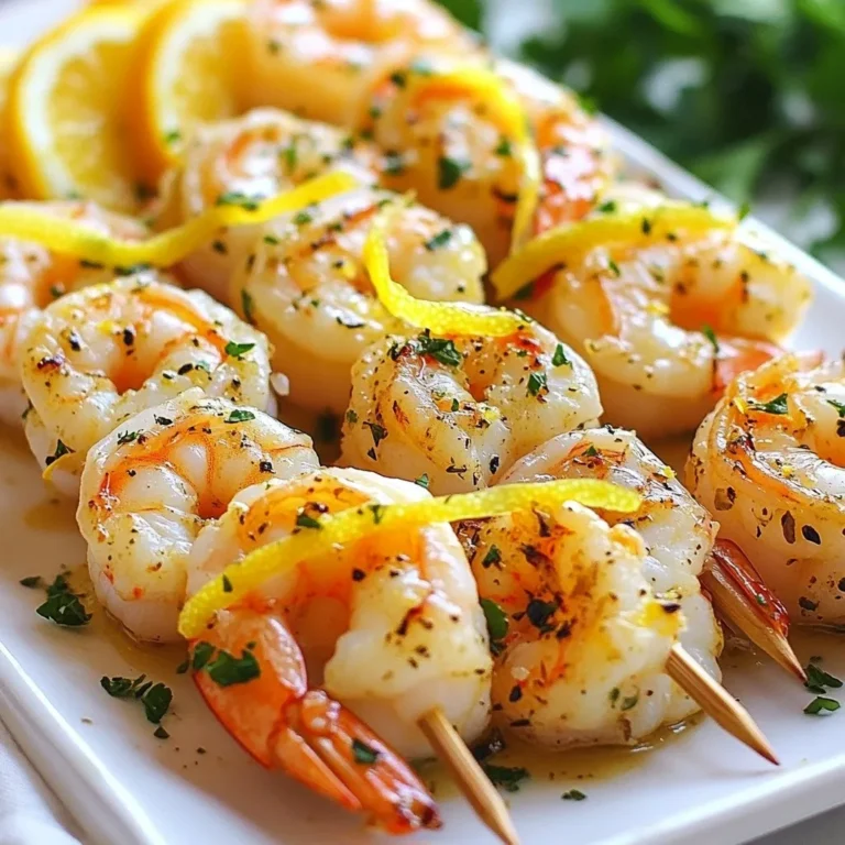 Für die Knoblauch Butter Zitronen Garnelen Spieße brauchst du: - 450 g große Garnelen, geschält und entdarmt - 60 g ungesalzene Butter, geschmolzen - 4 Knoblauchzehen, fein gehackt - Abgeriebene Schale von 1 Zitrone - 2 Esslöffel frischer Zitronensaft - 1 Teelöffel Paprika - 1 Teelöffel getrocknete Petersilie - Salz und Pfeffer nach Geschmack - Holzspieße (für 30 Minuten in Wasser eingeweicht) Du kannst die Zutaten leicht anpassen. Wenn du keinen Knoblauch magst, verwende Zwiebeln. Für mehr Schärfe füge frischen Chili hinzu. Du kannst auch andere Kräuter wie Basilikum oder Thymian ausprobieren, um neue Aromen zu entdecken. Anstelle von Garnelen kannst du Hähnchen oder Tofu verwenden. Diese Optionen sind ebenso lecker! Frische Garnelen sind der Schlüssel für tolle Spieße. Achte auf folgende Punkte: - Sie sollten fest und glänzend sein. - Der Geruch sollte mild und frisch nach Meer riechen, nicht fischig. - Die Schale sollte klar und nicht verfärbt sein. - Wenn möglich, kaufe sie bei lokalen Fischmärkten oder vertrauenswürdigen Anbietern. Mit diesen Tipps hast du die besten Garnelen für deine Spieße! {{ingredient_image_2}} Um die Knoblauch-Butter-Mischung zu machen, nimm eine kleine Schüssel. Gib die geschmolzene Butter hinein. Füge die fein gehackten Knoblauchzehen dazu. Dann kommt die abgeriebene Zitronenschale hinein. Gieße den frischen Zitronensaft dazu. Streue Paprika und Petersilie darüber. Vergiss nicht, Salz und Pfeffer nach deinem Geschmack hinzuzufügen. Rühre alles gut um, bis die Mischung gleichmäßig ist. Jetzt kommen die Garnelen ins Spiel. Nimm eine größere Schüssel und lege die geschälten und entdarmten Garnelen hinein. Gieße die Knoblauch-Butter-Mischung über die Garnelen. Mische alles sanft. Achte darauf, dass jede Garnele gut bedeckt ist. Lass die Garnelen mindestens 15 Minuten marinieren. So nehmen sie den vollen Geschmack auf und werden zart und lecker. Nimm die eingeweichten Holzspieße und stecke die marinierten Garnelen auf. Verwende etwa 4-5 Garnelen pro Spieß. Achte darauf, Platz zwischen den Garnelen zu lassen. Das hilft beim Grillen. Jetzt ist es Zeit, den Grill vorzubereiten. Heize ihn auf mittelhohe Hitze vor. Wenn der Grill heiß ist, lege die Spieße auf den Grill. Gare sie etwa 2-3 Minuten pro Seite. Die Garnelen sollten pink und durchscheinend sein. Achte darauf, sie nicht zu lange zu garen, sonst werden sie zäh. Nach dem Grillen lass die Spieße eine Minute ruhen. Serviere sie warm mit der restlichen Knoblauch-Butter-Sauce für extra Geschmack. Um perfekte Garnelen zu grillen, sollten einige Dinge beachtet werden. Verwende große, frische Garnelen für den besten Geschmack. Achte darauf, dass du die Garnelen gut marinierst. Eine gute Marinade macht viel aus. Lasse die Garnelen mindestens 30 Minuten in der Marinade. So nehmen sie mehr Geschmack auf. Grille die Garnelen bei mittelhoher Hitze. Dies sorgt für eine gleichmäßige Garung. Wende die Spieße nur einmal. So bleiben die Garnelen saftig und zart. Übergartest du die Garnelen, werden sie zäh und trocken. Ein häufiger Fehler ist, die Garnelen zu lange auf dem Grill zu lassen. Garnele brauchen nur 2-3 Minuten pro Seite. Wenn sie pink und durchscheinend sind, sind sie fertig. Ein weiterer Fehler ist, die Garnelen auf zu hoher Hitze zu grillen. Hohe Hitze kann die Außenseite schnell verbrennen, während das Innere roh bleibt. Die besten Methoden für Garnelenspieße sind das direkte Grillen und die Nutzung einer Grillpfanne. Bei beiden Methoden ist es wichtig, die Spieße vorher einzuweichen. So verhindern wir, dass sie im Grill verbrennen. Achte darauf, die Spieße locker zu bestücken. So kann die Hitze gleichmäßig zirkulieren. Wenn du eine Grillpfanne verwendest, achte darauf, dass sie gut eingeölt ist. Dies verhindert das Ankleben der Garnelen. Mit diesen Tipps kannst du leckere Knoblauch Butter Zitronen Garnelen Spieße grillen. Pro Tipps Frische Garnelen wählen: Achten Sie darauf, frische oder gut gefrorene Garnelen zu verwenden, um den besten Geschmack zu erzielen. Knoblauch nicht verbrennen: Fügen Sie den gehackten Knoblauch erst in die Butter hinzu, wenn diese etwas abgekühlt ist, um ein Verbrennen zu vermeiden. Richtige Grilltemperatur: Stellen Sie sicher, dass der Grill heiß genug ist, bevor Sie die Garnelen auflegen, damit sie gleichmäßig garen und nicht anhaften. Garnelen nicht übergaren: Achten Sie darauf, die Garnelen nur bis zur perfekten Garstufe zu grillen, da sie sonst zäh werden. {{image_4}} Du kannst die Knoblauch-Butter-Zitronen-Garnelen-Spieße leicht anpassen. Füge neue Aromen hinzu, um jedem Biss einen besonderen Twist zu geben. Probiere zum Beispiel: - Chili-Flocken: Ein bisschen Schärfe macht das Gericht aufregend. - Kreuzkümmel: Dies gibt eine erdige Note, die gut zu Garnelen passt. - Frische Kräuter: Basilikum oder Dill können frische Akzente setzen. Mit diesen Variationen kannst du die Spieße ganz nach deinem Geschmack gestalten. Auch ohne Garnelen kannst du leckere Spieße machen. Hier sind einige tolle Alternativen: - Zucchini: In Scheiben geschnitten und mariniert, wird sie zart und schmackhaft. - Aubergine: Sie absorbiert die Aromen gut und hat eine fleischige Textur. - Tofu: Festen Tofu in Würfel schneiden und marinieren, um einen herzhaften Protein-Ersatz zu schaffen. Diese Optionen sind perfekt für Vegetarier und bieten einen tollen Geschmack. Die richtigen Beilagen heben dein Gericht hervor. Hier sind einige Ideen: - Frischer grüner Salat: Ein leichter, knackiger Salat bringt Frische. - Gegrilltes Gemüse: Paprika, Zucchini und Spargel passen gut zu den Garnelen. - Reis oder Quinoa: Diese Beilagen sind nahrhaft und füllen gut. Mit diesen Kombinationen wird dein Essen noch köstlicher. Wenn du Garnelenspieße übrig hast, lagere sie richtig. Lege die Spieße in einen luftdichten Behälter. Du kannst auch Frischhaltefolie verwenden. So bleiben die Spieße frisch. Stelle den Behälter in den Kühlschrank. Sie halten sich dort bis zu zwei Tage. Vor dem Essen, überprüfe den Geruch. Wenn sie seltsam riechen, wirf sie weg. Möchtest du die Spieße länger aufbewahren? Dann friere sie ein. Zuerst lasse die Garnelen abkühlen. Lege sie in einen Gefrierbeutel oder einen luftdichten Behälter. Stelle sicher, dass du die Luft herausdrückst. So bleiben sie frisch. Du kannst sie bis zu drei Monate einfrieren. Um die Garnelen zu verwenden, lasse sie über Nacht im Kühlschrank auftauen. Wenn du die Garnelenspieße wieder aufwärmen möchtest, gehe vorsichtig vor. Du kannst sie in einer Pfanne bei mittlerer Hitze erwärmen. Füge etwas Butter oder Öl hinzu, um die Garnelen feucht zu halten. Alternativ kannst du sie auch in der Mikrowelle aufwärmen. Stelle die Mikrowelle auf niedrige Leistung und erhitze die Spieße für 30 Sekunden. Überprüfe die Garnelen, um sicherzustellen, dass sie nicht überhitzen. Sie sollten warm und saftig bleiben. Grillen Sie die Garnelen für etwa 2-3 Minuten pro Seite. Achten Sie darauf, dass sie pink und durchscheinend werden. Überprüfen Sie die Garnelen oft, um ein Übergaren zu vermeiden. Zu langes Grillen macht sie zäh und trocken. Ja, die Garnelen können auch im Ofen zubereitet werden. Heizen Sie den Ofen auf 200 Grad Celsius vor. Legen Sie die Garnelen auf ein Backblech und backen Sie sie für 8-10 Minuten. Drehen Sie sie nach der Hälfte der Zeit um. Achten Sie darauf, dass sie nicht zu lange im Ofen bleiben. Zu diesen Garnelenspießen passen frischer grüner Salat und gegrilltes Gemüse gut. Auch Reis oder Quinoa sind tolle Optionen. Sie können auch ein leichtes Brot anbieten, um die köstliche Knoblauch-Butter-Sauce aufzutunken. Du kannst mit frischen Zutaten leckere Garnelenspieße zubereiten. Die Schritt-für-Schritt-Anleitung zeigt dir, wie einfach es geht. Mit einigen Tipps grillst du die perfekten Garnelen und vermeidest häufige Fehler. Variationen bringen neuen Geschmack in dein Gericht. Nutze die Aufbewahrungstipps, um Reste geschickt zu lagern. So bleibt der Genuss lange erhalten. Guten Appetit bei deinen selbstgemachten Garnelenspießen!