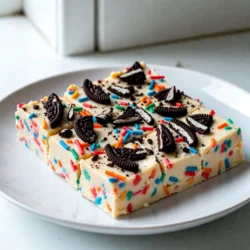 - 2 Tassen weiße Schokoladenstückchen - 1 Dose (400 g) gesüßte Kondensmilch - 60 g ungesalzene Butter - 1/2 Teelöffel Vanilleextrakt - 120 g Regenbogenstreusel - 10 Oreo-Kekse, zerbröselt - Eine Prise Salz Um Funfetti Oreo Fudge zu machen, brauchst du einige einfache Sachen. Diese leckeren Zutaten machen den Fudge bunt und süß. Weiße Schokoladenstückchen sind die Basis. Sie geben dem Fudge eine cremige Textur. Gesüßte Kondensmilch sorgt für die süße Note. Ungesalzene Butter hilft beim Schmelzen der Schokolade und macht alles reichhaltig. Der Vanilleextrakt bringt den Geschmack hervor. Die Regenbogenstreusel machen den Fudge fröhlich und bunt. Oreo-Kekse geben einen knusprigen Biss, den jeder liebt. Zum Schluss kommt eine Prise Salz, die die Aromen verstärkt. Jede Zutat spielt eine wichtige Rolle. Wenn du alle Zutaten hast, bist du bereit für das Rezept! {{ingredient_image_2}} - Schmelzen der weißen Schokoladenmasse: Nimm einen mittelgroßen Topf. Bei niedriger Hitze füge die weißen Schokoladenstückchen, gesüßte Kondensmilch und ungesalzene Butter hinzu. Rühre ständig, bis die Mischung glatt ist. Achte darauf, dass die Schokolade nicht anbrennt. - Hinzufügen von Vanille und Salz: Sobald die Masse cremig ist, nimm den Topf vom Herd. Jetzt füge den Vanilleextrakt und eine Prise Salz hinzu. Das Salz verstärkt die Süße und bringt die Aromen zur Geltung. Rühre gut um, bis alles gleichmäßig vermischt ist. - Unterheben der Streusel und Oreo-Kekse: Jetzt kommt der spannende Teil. Füge die zerbröselten Oreo-Kekse und die Regenbogenstreusel zur Schokoladenmasse hinzu. Hebe alles vorsichtig unter, damit die Streusel und Kekse gleichmäßig verteilt sind. Es sollte bunt und fröhlich aussehen! - Einfüllen in die Backform: Lege eine 20x20 cm große Backform mit Backpapier aus. Lass die Ränder überstehen, um später das Herausnehmen zu erleichtern. Gieße die Fudge-Mischung gleichmäßig in die Form. Verwende einen Spatel, um die Oberfläche glatt zu streichen. - Dekorieren der Fudge-Oberfläche: Jetzt wird es dekorativ. Streue zusätzliche Regenbogenstreusel und zerbröselte Oreos auf die Oberfläche. Das macht die Fudge noch ansprechender und leckerer! - Kühlen und Schneiden des Fudges: Decke die Backform mit Frischhaltefolie ab. Stelle sie für 2-3 Stunden in den Kühlschrank, bis die Fudge fest wird. Nach dem Abkühlen nimm die Fudge mit dem überstehenden Backpapier aus der Form. Schneide sie in kleine, mundgerechte Quadrate. Jetzt hast du einen tollen Snack, den jeder lieben wird! Um die perfekte Konsistenz für deinen Funfetti Oreo Fudge zu erreichen, ist die Temperaturkontrolle wichtig. Schmelze die weißen Schokoladenstückchen bei niedriger Hitze. So vermeidest du, dass die Schokolade anbrennt. Rühre ständig, bis die Mischung glatt ist. Verwende hochwertige Schokolade für den besten Geschmack. Gute Schokolade macht den Fudge cremiger und reicher. Präsentiere deinen Fudge auf buntem Geschirr. Die Farben der Streusel und Oreos heben sich schön ab. Du kannst auch mit zusätzlichen Zutaten spielen. Füge mehr Streusel oder ganze Oreo-Kekse hinzu, um ein verspieltes Aussehen zu erzielen. So wird dein Fudge nicht nur lecker, sondern sieht auch toll aus. Pro Tipps Schokoladenqualität: Verwenden Sie hochwertige weiße Schokolade für den besten Geschmack und eine cremige Textur. Variationen hinzufügen: Experimentieren Sie mit verschiedenen Keksarten oder Streuseln, um Ihrem Fudge eine persönliche Note zu verleihen. Fudge richtig lagern: Bewahren Sie den Fudge in einem luftdichten Behälter im Kühlschrank auf, damit er frisch bleibt. Vorbereitung der Form: Fetten Sie die Backform leicht ein, bevor Sie das Backpapier einlegen, um ein Ankleben zu verhindern. {{image_4}} - Dunkle Schokolade verwenden: Wenn du Schokolade magst, probiere dunkle Schokolade. Sie gibt dem Fudge einen reichhaltigen Geschmack. Mische sie mit der weißen Schokolade für mehr Tiefe. - Verschiedene Keksvarianten ausprobieren: Du kannst auch andere Kekse verwenden. Probier zum Beispiel Schokoladenkekse oder Nusskekse. Diese geben deinem Fudge einen neuen Twist. - Erdnussbutter hinzufügen: Erdnussbutter bringt einen tollen Geschmack. Mische einen Esslöffel in die warme Schokoladenmasse. Das macht deinen Fudge cremiger und leckerer. - Mit Nüssen oder Trockenfrüchten kombinieren: Füge gehackte Nüsse oder Trockenfrüchte hinzu. Mandeln oder Cranberries passen gut. Das gibt deinem Fudge mehr Biss und macht ihn interessanter. Um den Funfetti Oreo Fudge frisch zu halten, empfehle ich, ihn im Kühlschrank zu lagern. Die Kälte hält die Fudge-Masse fest und lecker. Du solltest den Fudge in einem luftdichten Behälter aufbewahren. So bleibt er vor Gerüchen und Feuchtigkeit geschützt. Der Fudge hält sich gut, wenn du ihn richtig lagerst. Er bleibt bis zu zwei Wochen frisch. Achte darauf, ihn vor dem Verzehr zu prüfen. Wenn er hart oder bröckelig wird, ist es Zeit, ihn zu essen. Ein guter Tipp ist, den Fudge innerhalb einer Woche zu genießen. So schmeckt er am besten und ist noch soft. Der Fudge braucht etwa 2 bis 3 Stunden im Kühlschrank, um fest zu werden. Die Kälte hilft, die Schokolade und die Kondensmilch zu binden. Wenn du es eilig hast, kannst du die Zeit verkürzen, aber der Fudge wird vielleicht nicht so fest. Ja, du kannst den Fudge vegan machen. Verwende vegane Schokolade und pflanzliche Butter. Suche nach einer veganen Kondensmilch oder mache sie selbst mit Kokosmilch und Zucker. Diese Alternativen machen den Fudge ebenso lecker und cremig. Wenn du keine Oreo-Kekse magst, gibt es viele Optionen. Du kannst andere Kekse wie Chips Ahoy oder sogar Graham Crackers verwenden. Auch Nüsse oder Trockenfrüchte passen gut in den Fudge. Sei kreativ und finde deinen Favoriten! Um den Fudge einzufrieren, schneide ihn in Stücke. Lege die Stücke in einen luftdichten Behälter oder wickle sie in Frischhaltefolie ein. So bleibt der Fudge bis zu drei Monate frisch. Zum Auftauen einfach im Kühlschrank lassen, bis er weich ist. Zusammengefasst bietet dieses Rezept alles, was Sie brauchen, um köstlichen Fudge zu machen. Sie verwenden einfache Zutaten wie weiße Schokolade und Oreo-Kekse. Die Schritt-für-Schritt-Anleitung sorgt dafür, dass jeder die perfekte Konsistenz erreicht. Wenn Sie kreativ werden wollen, probieren Sie Variationen mit dunkler Schokolade oder Nüssen aus. Mit ein paar Tipps zur Lagerung bleibt Ihr Fudge frisch und lecker. Nutzen Sie diese Anleitung, um Ihren eigenen Fudge herzustellen und ihn mit anderen zu teilen. Es ist einfach und macht Spaß!