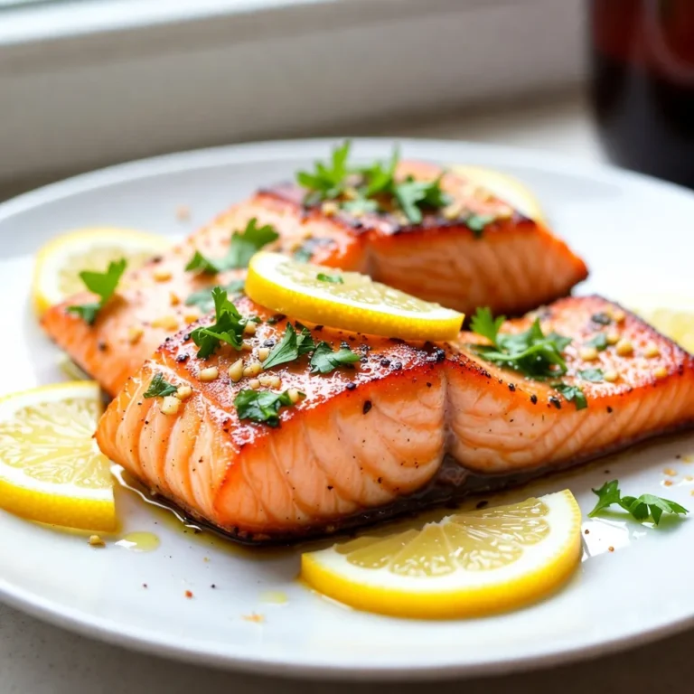 - 4 Lachsfilets (je 170 g) - 3 Esslöffel Olivenöl - 4 Knoblauchzehen, fein gehackt Die Hauptzutat hier ist der Lachs. Der Lachs ist reich an Omega-3-Fettsäuren. Dies macht ihn gesund und lecker. Olivenöl bringt einen schönen Geschmack. Es hilft auch, dass der Lachs saftig bleibt. Der Knoblauch fügt einen tollen, würzigen Geschmack hinzu. - Frische Zitronen - Frische Petersilie Frische Zitronen sind wichtig für diesen Rezept. Sie geben dem Gericht die zesty Note. Die Zitronenschale und der Saft machen den Lachs frisch. Frische Petersilie ist nicht nur hübsch, sondern auch gesund. Sie bringt Farbe und einen frischen Geschmack. - Dijon-Senf - Honig - Salz und Pfeffer Dijon-Senf fügt eine leichte Schärfe hinzu. Der Honig bringt eine süße Note. Diese Aromen arbeiten gut zusammen. Salz und Pfeffer sind wichtig für den Geschmack. Sie helfen, die Aromen im Lachs zu verstärken. {{ingredient_image_2}} Heize deinen Ofen auf 200°C vor. Das ist wichtig für die richtige Garzeit. Nimm ein Backblech und lege es mit Backpapier aus. So bleibt die Reinigung einfach. In einer kleinen Schüssel kombinierst du die folgenden Zutaten: - 3 Esslöffel Olivenöl - 4 Knoblauchzehen, fein gehackt - Schale von 1 Zitrone - 3 Esslöffel frischer Zitronensaft - 1 Teelöffel Honig - 1 Teelöffel Dijon-Senf - Salz und schwarzer Pfeffer nach Geschmack Rühre alles gut um, bis die Mischung gleichmäßig ist. Diese Marinade bringt viel Geschmack in deinen Lachs. Lege die Lachsfilets mit der Hautseite nach unten auf das Backblech. Bestreiche jedes Filet großzügig mit der Marinade. Lass die Lachsfilets etwa 15 Minuten bei Raumtemperatur marinieren. Das hilft, die Aromen besser aufzunehmen. Backe den Lachs im vorgeheizten Ofen für 12-15 Minuten. Achte darauf, dass der Lachs leicht zerfällt, wenn du ihn mit einer Gabel berührst. Nach dem Backen nimmst du den Lachs aus dem Ofen und garnierst ihn mit frischer Petersilie und Zitronenscheiben. Serviere ihn sofort, vielleicht mit gedämpftem Spargel oder einem leichten Salat. Um den idealen Garpunkt für Lachs zu finden, achte auf die Farbe. Der Lachs sollte leicht durchscheinend und rosa in der Mitte sein. Wenn du mit einer Gabel leicht in den Lachs stichst, sollte er sich leicht zerlegen lassen. Das ist ein gutes Zeichen, dass er fertig ist. Wenn du den Lachs übergarst, wird er trocken. Die Backzeit variiert, aber 12-15 Minuten bei 200°C sind ideal. Um den Geschmack zu verbessern, kannst du verschiedene Gewürze hinzufügen. Probiere etwas Paprika für eine rauchige Note oder frischen Dill für eine kühlende Frische. Du kannst auch etwas Chili hinzufügen, wenn du es scharf magst. Experimentiere mit Kräutern wie Thymian oder Oregano. Diese Aromen passen gut zu Lachs und machen das Gericht noch interessanter. Für die Garnierung empfehle ich frische Petersilie und Zitronenscheiben. Diese verleihen dem Gericht Farbe und Frische. Serviere den Lachs mit gedämpftem Spargel oder einem leichten Salat. Du kannst auch Quinoa oder Reis als Beilage wählen, um das Gericht zu ergänzen. Achte darauf, die Beilagen einfach zu halten, damit der Lachs im Mittelpunkt bleibt. Pro Tipps Frische Zutaten verwenden: Achten Sie darauf, frische Lachsfilets und frische Kräuter zu verwenden, um den besten Geschmack zu erzielen. Marinierzeit einhalten: Lassen Sie die Lachsfilets mindestens 15 Minuten marinieren, damit die Aromen gut einziehen können. Backzeit beachten: Überprüfen Sie den Lachs nach 12 Minuten; er sollte leicht zerfallen, aber nicht übergart sein. Beilagen anpassen: Servieren Sie den Lachs mit verschiedenen Beilagen wie Gemüse oder Salat, um die Mahlzeit zu variieren. {{image_4}} Für eine fettärmere Zubereitung können Sie den Lachs grillen oder dämpfen. Diese Methoden nutzen weniger Öl und behalten den Geschmack. Nutzen Sie zum Marinieren weniger Olivenöl, etwa zwei Esslöffel. Fügen Sie mehr frische Kräuter hinzu, um den Geschmack zu intensivieren. Verwenden Sie auch Zitronensaft, um den Lachs frisch und lecker zu halten. Wenn Sie Abwechslung wollen, probieren Sie Forelle oder Kabeljau. Diese Fische sind ebenfalls reich an Omega-3-Fettsäuren. Die Marinade passt gut zu beiden Fischsorten. Backen Sie die Forelle oder den Kabeljau genauso wie den Lachs. Achten Sie auf die Garzeiten, da diese variieren können. Die Forelle braucht etwa 10-12 Minuten, während Kabeljau möglicherweise 15-18 Minuten benötigt. Möchten Sie eine vegetarische Alternative? Verwenden Sie gegrilltes Gemüse oder Tofu anstelle von Fisch. Tofu nimmt die Marinade gut auf und wird sehr schmackhaft. Schneiden Sie den Tofu in dicke Scheiben und marinieren Sie ihn wie den Lachs. Backen Sie ihn für etwa 20 Minuten im Ofen. Servieren Sie das Gericht mit frischen Zitronenscheiben und Petersilie für einen frischen Touch. Nach dem Kochen bleibt oft Lachs übrig. Bewahren Sie die Reste in einem luftdichten Behälter auf. Stellen Sie sicher, dass der Behälter gut schließt, um den Geschmack zu halten. Im Kühlschrank hält sich der Lachs bis zu drei Tage. Sie können die Reste kalt genießen oder für ein schnelles Mittagessen verwenden. Eine leckere Idee sind Lachs-Salate oder Wraps. Wenn Sie mehr Lachs haben, können Sie ihn einfrieren. Wickeln Sie die Lachsfilets in Frischhaltefolie. Danach legen Sie sie in einen gefriergeeigneten Beutel. So bleibt der Lachs bis zu drei Monate frisch. Achten Sie darauf, die Luft aus dem Beutel zu drücken. So vermeiden Sie Gefrierbrand, der den Geschmack beeinträchtigen kann. Um den Lachs wieder aufzuwärmen, nutzen Sie den Ofen. Heizen Sie ihn auf 150°C vor. Legen Sie den Lachs auf ein Backblech und decken Sie ihn mit Folie ab. So bleibt er saftig. Erwärmen Sie ihn für etwa 10 Minuten. Alternativ können Sie den Lachs in der Mikrowelle erhitzen. Stellen Sie die Mikrowelle auf niedrige Stufe, um ein Austrocknen zu vermeiden. Du kannst den Lachs im Kühlschrank bis zu drei Tage aufbewahren. Achte darauf, ihn gut abzudecken oder in einem luftdichten Behälter zu lagern. So bleibt er frisch und lecker. Wenn du den Lachs länger aufbewahren möchtest, ist das Einfrieren eine gute Option. Ja, du kannst den Lachs auch grillen! Stelle den Grill auf mittlere Hitze. Lege die Lachsfilets auf ein gut geöltes Grillrost. Grill den Lachs für etwa 5-7 Minuten pro Seite. Achte darauf, dass er leicht zerfällt, wenn du ihn mit einer Gabel berührst. Diese Methode gibt dem Lachs ein tolles Aroma und eine schöne Grillmarkierung. Für die perfekte Beilage empfehle ich gedämpften Spargel oder einen leichten Salat. Auch Quinoa oder Reis sind tolle Optionen. Sie passen gut zu den frischen Aromen des Lachsgerichts. Denke daran, dass frische Petersilie und Zitronenscheiben eine schöne Garnitur abgeben und zusätzlichen Geschmack bringen. Lachs ist eine einfache und köstliche Wahl für jede Mahlzeit. Wir haben die Hauptzutaten wie Lachs, Olivenöl und Knoblauch behandelt. Auch die Marinade und Tipps für die perfekte Zubereitung waren wichtig. Vergessen Sie nicht die Variationen, falls Sie etwas anderes ausprobieren möchten. Achten Sie auf die Aufbewahrung und Resteverwendung. Mit diesen Hinweisen gelingt Ihnen das Gericht mühelos. Kochen Sie mit Freude und experimentieren Sie. Ihr Lachs wird köstlich schmecken!