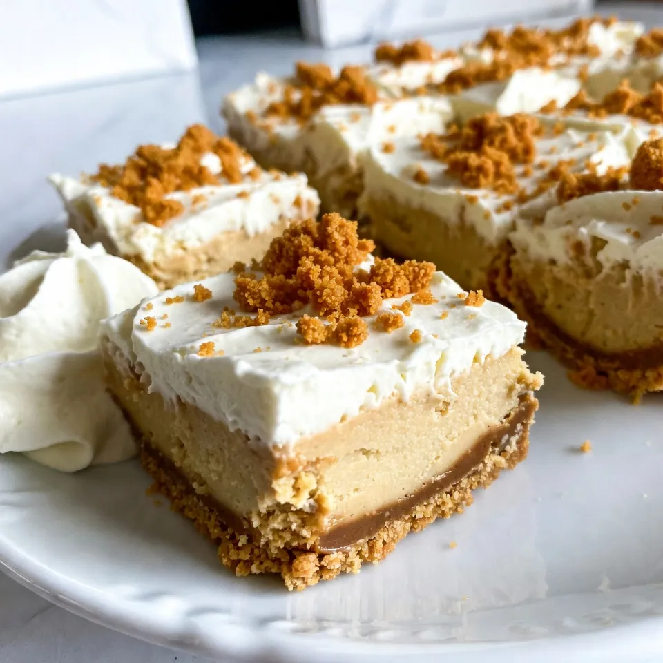 Die Hauptzutaten für die Biscoff Cheesecake Bars sind einfach und lecker. Hier sind sie: - 1 ½ Tassen Biscoff-Kekskrümel - ½ Tasse ungesalzene Butter, geschmolzen - 1 Tasse Frischkäse, weich - ¾ Tasse Puderzucker - ½ Tasse Biscoff-Kekspaste - 1 Teelöffel Vanilleextrakt - 1 Tasse Schlagsahne - 1 Esslöffel Biscoff-Krümel zum Bestreuen Die Biscoff-Kekskrümel bilden die Basis und geben einen tollen Geschmack. Die geschmolzene Butter hilft, alles zusammenzuhalten. Frischkäse sorgt für die cremige Füllung. Puderzucker süßt und macht die Bars lecker. Biscoff-Kekspaste und Vanilleextrakt fügen zusätzlichen Geschmack hinzu. Schlagsahne macht die Füllung leicht und luftig. Schließlich runden die Biscoff-Krümel das Ganze ab. Zusätzliche Zutaten sind wichtig für die Textur und den Geschmack. Schlagsahne ist entscheidend. Sie gibt der Füllung eine fluffige Konsistenz. Wenn du sie selbst machst, achte darauf, sie nicht zu lange zu schlagen. Übergeschlagene Sahne wird butterartig. Die Biscoff-Kekspaste ist ein Muss. Sie bringt den einzigartigen Karamellgeschmack in die Bars. Vanilleextrakt verstärkt die Aromen. Diese Zutaten sind nicht nur lecker, sie machen die Bars auch besonders. Wähle Biscoff-Produkte mit Bedacht. Achte darauf, echte Biscoff-Kekse zu nehmen. Die Originale haben den besten Geschmack. Für die Kekspaste, suche nach einer, die cremig und glatt ist. Lesen die Etiketten. Vermeide Produkte mit vielen Zusatzstoffen. Die besten Biscoff-Kekse und -Pasten sind einfach und rein. Sie bieten den besten Geschmack für deine Cheesecake Bars. {{ingredient_image_2}} Heize deinen Ofen auf 175°C vor. Nimm eine 20x20 cm große Backform. Lege die Form mit Backpapier aus. So kannst du die Riegel später leicht herausnehmen. Nimm eine Schüssel und vermenge 1 ½ Tassen Biscoff-Kekskrümel mit ½ Tasse geschmolzener Butter. Mische alles gut, bis es feucht ist. Drücke die Mischung gleichmäßig auf den Boden der Backform. Backe die Kruste 10 Minuten lang. Lass sie danach etwas abkühlen. In einer anderen Schüssel rühre 1 Tasse weichen Frischkäse mit einem elektrischen Mixer glatt. Füge ¾ Tasse Puderzucker nach und nach hinzu. Mixe weiter, bis alles gut vermischt ist. Gebe ½ Tasse Biscoff-Kekspaste und 1 Teelöffel Vanilleextrakt hinzu. Schlage, bis die Mischung cremig ist. Jetzt kommt der spaßige Teil! Hebe 1 Tasse Schlagsahne vorsichtig unter die Frischkäsemischung. Mische, bis keine Streifen mehr sichtbar sind. Verteile die Cheesecake-Füllung gleichmäßig über die abgekühlte Biscoff-Kruste. Benutze einen Spatel, um die Oberfläche glatt zu streichen. Kühle die Mischung mindestens 4 Stunden, besser über Nacht. Nach dem Kühlen hebe die Riegel mit dem Backpapier aus der Form. Schneide sie in gleichmäßige Riegel. Bestreue die Ränder mit 1 Esslöffel Biscoff-Krümeln. Um die perfekte Konsistenz zu erreichen, benutze weichen Frischkäse. Er muss Zimmertemperatur haben. So wird die Füllung schön glatt. Mische den Frischkäse gut, bevor du andere Zutaten hinzufügst. Achte darauf, dass die Biscoff-Kekspaste gut eingearbeitet ist. Wenn die Füllung zu dick ist, kann sie beim Kühlen bröckelig werden. Die Schlagsahne ist sehr wichtig für die Füllung. Sie sorgt für Luftigkeit und Leichtigkeit. Du kannst sie selbst machen oder kaufen. Wenn du sie selbst machst, schlage sie bis sie steif ist. Sei vorsichtig, wenn du die Schlagsahne unter die Frischkäsemischung hebst. Verwende einen großen Löffel und mache es sanft. So bleibt die Füllung schön luftig. Risse können bei Cheesecake-Füllungen entstehen. Um dies zu vermeiden, kühle die Riegel langsam. Stelle sie in den Kühlschrank, aber nicht zu nah an die Kältequelle. Decke die Form mit Frischhaltefolie ab, damit die Füllung nicht austrocknet. Lass die Cheesecake-Riegel nach dem Kühlen vollständig auskühlen, bevor du sie schneidest. So bleibt die Oberfläche glatt und schön. Pro Tipps Die richtige Konsistenz: Stelle sicher, dass der Frischkäse gut weich und glatt ist, damit die Füllung keine Klumpen hat. Füllung gleichmäßig verteilen: Verwende einen Spatel, um die Cheesecake-Füllung gleichmäßig auf der Kruste zu verteilen und eine schöne Oberfläche zu erzielen. Kühlen ist wichtig: Für das beste Ergebnis lasse die Cheesecake-Riegel über Nacht im Kühlschrank, damit sie gut fest werden. Präsentation: Serviere die Riegel auf einem hübschen Teller und garnieren sie mit Schlagsahne und Biscoff-Kekspaste für einen eleganten Look. {{image_4}} Um glutenfreie Biscoff Cheesecake Bars zu machen, ersetze die Biscoff-Kekse. Nutze glutenfreie Kekse, die gut zerkrümelbar sind. Diese Kekse können eine ähnliche Struktur und Geschmack bieten. Achte darauf, dass alle anderen Zutaten ebenfalls glutenfrei sind. So kannst du diese Köstlichkeit genießen, ohne dir Sorgen zu machen. Du kannst die Bars nach deinem Geschmack anpassen. Füge Schokoladenstückchen in die Füllung hinzu, um einen schokoladigen Kick zu bekommen. Karamellsoße kann auch unter die Füllung gemischt werden. Für einen besonderen Touch, träufle Karamellsoße über die gekühlten Riegel. Das gibt ihnen eine süße Note und einen tollen Look. Für eine vegane Version kannst du die folgenden Alternativen verwenden. Ersetze den Frischkäse durch pflanzlichen Frischkäse. Nutze Kokoscreme oder Aquafaba für die Schlagsahne. Die Biscoff-Kekse sind oft vegan, aber überprüfe die Zutaten. So machst du ein leckeres Dessert, das für alle geeignet ist. Biscoff Cheesecake Bars brauchen eine ordentliche Kühlung. Nach der Zubereitung stelle die Riegel in den Kühlschrank. So bleiben sie fest und frisch. Lasse sie mindestens vier Stunden kühlen. Am besten ist es, sie über Nacht zu kühlen. Das sorgt für die perfekte Textur. Um die Riegel zu lagern, lege sie in einen luftdichten Behälter. Im Kühlschrank halten sie sich bis zu fünf Tage. Wenn du die Riegel länger aufbewahren möchtest, kannst du sie einfrieren. Wickele sie gut in Frischhaltefolie. Dann lege sie in einen gefrierfesten Behälter. So bleiben sie bis zu drei Monate frisch. Die beste Zeit, um die Biscoff Cheesecake Bars zu genießen, ist innerhalb der ersten Woche. Sie schmecken frisch und cremig. Nach ein paar Tagen können sie etwas weicher werden. Das ist normal, aber der Geschmack bleibt lecker. Wenn du sie gefroren hast, lasse sie vor dem Servieren im Kühlschrank auftauen. Die Biscoff Cheesecake Bars brauchen mindestens 4 Stunden im Kühlschrank. Ich empfehle, sie über Nacht zu kühlen. So wird die Füllung schön fest. Die Zeit bleibt wichtig, damit die Riegel gut schneiden lassen. Ja, du kannst Biscoff-Kekspaste selbst machen. Nimm einfach Biscoff-Kekse und mahl sie gut. Füge etwas Öl hinzu, bis die Mischung cremig wird. Es ist einfach und schmeckt toll! Biscoff-Produkte findest du in vielen Supermärkten. Auch online gibt es sie oft. Beliebte Online-Shops bieten Biscoff-Kekse und Kekspaste an. Schau in der Backabteilung oder bei den internationalen Lebensmitteln nach. Leider sind Biscoff Cheesecake Bars nicht von Natur aus glutenfrei. Die Kekse enthalten Gluten. Du kannst glutenfreie Kekse verwenden, um eine glutenfreie Version zu machen. Achte darauf, dass die anderen Zutaten auch glutenfrei sind. In diesem Artikel haben wir die wichtigsten Zutaten für Biscoff Cheesecake Bars besprochen. Ich gab Tipps zur Auswahl der besten Biscoff-Produkte und wie man jede Schicht perfekt zubereitet. Wir schauten uns auch Variationen an, um verschiedene Geschmäcker zu integrieren. Die richtige Lagerung ist ebenfalls wichtig, um die Frische zu erhalten. Denken Sie daran, die Bars sorgfältig zu kühlen und kreativ zu sein. Diese Leckereien sind ein Hit, egal ob für eine Feier oder einfach für sich selbst. Genießen Sie jeden Bissen!