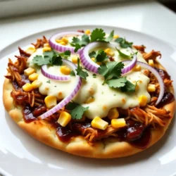 Für ein leckeres BBQ Chicken Flatbread brauchst du folgende Hauptzutaten: - 1 großes Fladenbrot oder Naan - 2 Tassen gekochtes Hähnchen, zerrupft - 1/2 Tasse BBQ-Sauce (deiner Lieblingsmarke) - 1 Tasse geriebener Mozzarella-Käse - 1/2 rote Zwiebel, dünn geschnitten - 1/2 Tasse Maiskörner (frisch oder aus der Dose) - 1/4 Tasse frischer Koriander, gehackt - 1 Esslöffel Olivenöl - Salz und Pfeffer nach Geschmack Diese Zutaten vereinen sich zu einem großartigen Geschmack. Das gegrillte Hähnchen und die süße BBQ-Sauce passen perfekt zusammen. Der geschmolzene Käse macht das Flatbread besonders lecker. Du kannst dein BBQ Chicken Flatbread auch anpassen. Hier sind einige optionale Zutaten: - Avocado-Scheiben für Cremigkeit - Jalapeños für einen scharfen Kick - Paprika für mehr Farbe und Geschmack - Frischkäse als Basis für eine cremige Schicht - Ananasstücke für eine süße Note Diese Zutaten bringen neue Aromen und machen das Gericht spannend. Die Wahl der Zutaten macht einen großen Unterschied. Hier sind einige Tipps: - Wähle frisches Hähnchen aus der Theke, wenn möglich. - Suche nach hochwertiger BBQ-Sauce ohne künstliche Zusatzstoffe. - Verwende echten Mozzarella-Käse für den besten Schmelz. - Kaufe frisches Gemüse, das knackig aussieht. - Achte auf Bio-Zutaten, wenn du sie findest. Hochwertige Zutaten sorgen für einen besseren Geschmack und ein besseres Essgefühl. So wird dein BBQ Chicken Flatbread ein Hit! {{ingredient_image_2}} Um lecker BBQ Chicken Flatbread zu machen, beginne mit den Vorbereitungen. Heize deinen Ofen auf 232°C (450°F) vor. So wird das Flatbread schön knusprig. Nimm alle Zutaten bereit. Du brauchst: - 1 großes Fladenbrot oder Naan - 2 Tassen gekochtes Hähnchen, zerrupft - 1/2 Tasse BBQ-Sauce - 1 Tasse geriebener Mozzarella-Käse - 1/2 rote Zwiebel, dünn geschnitten - 1/2 Tasse Maiskörner - 1/4 Tasse frischer Koriander, gehackt - 1 Esslöffel Olivenöl - Salz und Pfeffer nach Geschmack Nimm eine Schüssel und gib das zerrupfte Hähnchen hinein. Füge die BBQ-Sauce hinzu. Mische alles gut durch, bis das Hähnchen gleichmäßig bedeckt ist. Schmecke es mit etwas Salz und Pfeffer ab. Das Hähnchen wird dann schön saftig und aromatisch. Lege das Fladenbrot auf ein Backblech. Bestreiche die Oberfläche leicht mit Olivenöl. So wird das Brot knusprig. Verteile die BBQ-Hähnchenmischung gleichmäßig. Achte darauf, dass das Brot gut bedeckt ist. Jetzt kommt der Spaß! Belege das Hähnchen mit den roten Zwiebeln und den Maiskörnern. Streue dann den Mozzarella-Käse über alles. Schiebe das Backblech in den Ofen. Backe das Flatbread für etwa 12-15 Minuten. Der Käse sollte schmelzen und blubbern. Die Ränder des Fladenbrotes sollten goldbraun sein. Nach dem Backen nimm das Flatbread aus dem Ofen. Lass es kurz abkühlen. Bestreue es dann mit dem gehackten Koriander. Das sieht toll aus und schmeckt frisch! Schneide das Flatbread in Stücke und serviere es warm. Um die perfekte Käseschmelze zu erreichen, wähle frischen Mozzarella. Der Käse sollte gut gerieben sein, damit er gleichmäßig schmilzt. Verteile ihn großzügig über das Hähnchen. Backe das Flatbread bei 232°C für 12-15 Minuten. Achte darauf, dass der Käse blubbert und goldbraun wird. So wird dein Flatbread extra lecker. Du kannst das BBQ Chicken Flatbread kreativ abwandeln. Probiere, geröstete Paprika oder Jalapeños hinzuzufügen. Diese Zutaten geben einen würzigen Kick. Auch Feta-Käse oder Gouda sind tolle Alternativen zu Mozzarella. Wenn du frische Kräuter magst, dann füge Basilikum oder Thymian hinzu. Sie bringen eine frische Note in dein Gericht. Ein häufiger Fehler ist, das Flatbread zu lange zu backen. Achte darauf, dass der Käse schmilzt, aber nicht verbrennt. Auch das Überladen des Belags kann problematisch sein. Zu viel Belag kann das Flatbread matschig machen. Halte die Mengen im Gleichgewicht. So bleibt die Knusprigkeit erhalten und jeder Biss ist ein Genuss. Pro Tipps Hähnchen marinieren: Lass das zerrupfte Hähnchen mindestens 30 Minuten in der BBQ-Sauce marinieren, um den Geschmack zu intensivieren. Knuspriges Fladenbrot: Backe das Fladenbrot vor dem Belegen für 3-5 Minuten bei 200°C vor, um eine noch knusprigere Textur zu erhalten. Gemüse variieren: Füge zusätzliches Gemüse wie Paprika oder Jalapeños hinzu, um mehr Geschmack und Textur zu erzielen. Servieren mit Dip: Biete zusätzlich eine kleine Schüssel Ranch-Dressing oder einen anderen Dip an, um das Flatbread noch schmackhafter zu machen. {{image_4}} Für eine vegetarische Version kannst du das Hähnchen ersetzen. Nutze frisches Gemüse wie Paprika, Zucchini und Spinat. Diese Zutaten bringen Farbe und Geschmack. Mische das Gemüse mit etwas BBQ-Sauce. So bekommst du den gleichen köstlichen Geschmack. Achte darauf, das Gemüse vorher zu dünsten. Das macht es zart und lecker. Wenn du es scharf magst, füge Jalapeños oder Chilis hinzu. Schneide sie in kleine Stücke und streue sie auf das Flatbread. Du kannst auch scharfe BBQ-Sauce verwenden. So wird dein Flatbread richtig feurig. Eine Prise Cayennepfeffer in die Hähnchenmischung bringt einen extra Kick. Experimentiere mit verschiedenen Saucen! Neben BBQ-Sauce kannst du auch Honig-Senf oder Ranch-Dressing nutzen. Diese Saucen geben deinem Flatbread einen neuen Geschmack. Probiere auch eine Kombination aus BBQ und scharfer Sauce. Das sorgt für eine spannende Geschmackskombination. Sei kreativ und finde deine Lieblingssauce! Wenn du nach dem Essen noch Flatbread übrig hast, lagere es gut. Wickele das Flatbread in Frischhaltefolie oder lege es in einen luftdichten Behälter. So bleibt es frisch und lecker. Du kannst es auch in Aluminiumfolie einwickeln. Lagere das Flatbread dann im Kühlschrank. Um das Flatbread wieder aufzuwärmen, benutze den Ofen. Heize den Ofen auf 180°C vor. Lege das Flatbread auf ein Backblech. Erwärme es etwa 8 bis 10 Minuten. So wird der Käse wieder schön schmelzig und das Brot knusprig. Du kannst auch eine Pfanne verwenden. Erhitze die Pfanne und lege das Flatbread für ein paar Minuten hinein. Im Kühlschrank hält sich das Flatbread etwa 3 bis 4 Tage. Wenn du es länger aufbewahren möchtest, friere es ein. Wickele es gut in Frischhaltefolie und lege es in einen Gefrierbeutel. So bleibt es bis zu 3 Monate frisch. Wenn du es auftauen möchtest, lasse es einfach im Kühlschrank über Nacht. So bleibt der Geschmack gut erhalten. Die Zubereitung von BBQ Chicken Flatbread dauert insgesamt nur 25 Minuten. Die Vorbereitungszeit beträgt etwa 10 Minuten, und das Backen braucht 12-15 Minuten. So hast du schnell ein leckeres Gericht auf dem Tisch! Ja, du kannst das Rezept im Voraus zubereiten. Du kannst das Hähnchen mit der BBQ-Sauce ein paar Stunden vorher mischen. Das Fladenbrot kannst du auch schon belegen und dann bis zum Backen im Kühlschrank aufbewahren. So sparst du Zeit, wenn Gäste kommen! Hier sind einige tolle Beilagen für dein BBQ Chicken Flatbread: - Salat: Ein frischer grüner Salat passt gut dazu. - Gemüsesticks: Karotten und Sellerie bringen Crunch. - Dips: Guacamole oder Salsa sind leckere Ergänzungen. - Getränke: Probiere Limonade oder ein kühles Bier. Diese Beilagen machen das Essen noch besser! Zusammenfassend haben wir gelernt, wie man BBQ Chicken Flatbread zubereitet. Wir haben die Haupt- und optionale Zutaten sowie Tipps zur Auswahl hochwertiger Produkte besprochen. Die Schritt-für-Schritt-Anleitung hat gezeigt, wie einfach das Belegen und Backen ist. Mit vielen Tipps und Variationen, z.B. einer vegetarischen Option, bleibt das Gericht spannend. Zuletzt haben wir die richtige Lagerung und häufige Fragen behandelt. Experimentiere und finde deinen Lieblingsgeschmack!