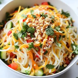 Für deinen Thai Sweet Chili Noodle Salad brauchst du die folgenden Hauptzutaten: - 200 g Reisnudeln - 1 Tasse geraspelte Karotten - 1 rote Paprika, dünn geschnitten - 1 Gurke, in Julienne geschnitten - 1 Tasse Sojasprossen - 3 Frühlingszwiebeln, gehackt - 1/4 Tasse frischer Koriander, gehackt - 1/4 Tasse geröstete Erdnüsse, zerdrückt Diese Mischung aus Gemüse und Nudeln sorgt für einen frischen, knackigen Geschmack. Die Reisnudeln sind weich und nehmen die Aromen gut auf. Das Dressing bringt den Salat zum Leben. Hier sind die Zutaten: - 3 Esslöffel süße Chilisauce - 2 Esslöffel Sojasauce - 1 Esslöffel Limettensaft - 1 Teelöffel Sesamöl - 1 Teelöffel geriebener Ingwer Dieses Dressing ist süß und würzig. Es passt perfekt zu den frischen Zutaten und verleiht dem Salat das gewisse Etwas. Du kannst auch andere frische Zutaten hinzufügen, um deinen Salat zu variieren. Hier sind einige Vorschläge: - Avocado für Cremigkeit - Mango für Süße - Radieschen für einen scharfen Crunch Diese Zutaten bringen neue Geschmäcker und Texturen in deinen Salat. Experimentiere mit dem, was du magst! {{ingredient_image_2}} Beginne mit den Reisnudeln. Koche sie nach Anleitung auf der Verpackung. Meistens musst du sie 8-10 Minuten in heißem Wasser einweichen. Sie sollten weich, aber nicht matschig sein. Nach dem Kochen gieße die Nudeln ab und spüle sie mit kaltem Wasser. Dies stoppt den Kochprozess und macht sie schön elastisch. Jetzt ist es Zeit für das Gemüse. Nimm eine große Schüssel und füge die folgenden Zutaten hinzu: - 1 Tasse geraspelte Karotten - 1 rote Paprika, dünn geschnitten - 1 Gurke, in Julienne geschnitten - 1 Tasse Sojasprossen - 3 Frühlingszwiebeln, gehackt - 1/4 Tasse frischer Koriander, gehackt Mische alles gut, damit die Farben und Texturen gleichmäßig verteilt sind. Das sieht einfach toll aus! Für das Dressing nimm eine kleine Schüssel. Mische die Zutaten: - 3 Esslöffel süße Chilisauce - 2 Esslöffel Sojasauce - 1 Esslöffel Limettensaft - 1 Teelöffel Sesamöl - 1 Teelöffel geriebener Ingwer Rühre alles gut um, bis es eine glatte Konsistenz hat. Das Dressing gibt dem Salat einen tollen Geschmack! Jetzt kommt der spannende Teil! Gib die gekochten Nudeln in die Schüssel mit dem Gemüse. Gieße das Dressing darüber. Mische vorsichtig, bis alles gut verbunden ist. Achte darauf, die Nudeln nicht zu zerreißen. Um den Salat zu servieren, platziere ihn auf einer großen Servierplatte. Streue die zerdrückten Erdnüsse darüber. Sie geben einen schönen Crunch und zusätzlichen Geschmack. Du kannst auch einen Zweig frischen Koriander für die Garnitur hinzufügen. Voilà, dein Thai Sweet Chili Noodle Salad ist bereit! Die Kochzeit für Reisnudeln ist wichtig. Normalerweise sollten sie 8-10 Minuten in heißem Wasser einweichen. Die Nudeln sind fertig, wenn sie weich und zart sind. Achte darauf, sie danach unter kaltem Wasser abzuspülen. So stoppst du den Kochprozess und die Nudeln bleiben perfekt al dente. Du kannst die Gemüsezutaten nach Belieben ändern. Karotten, Paprika und Gurken sind echte Klassiker. Du kannst auch andere knackige Gemüsesorten verwenden. Probiere Zucchini, Brokkoli oder sogar Edamame. Diese Variationen bringen neue Farben und Texturen in deinen Salat. Das Dressing ist der Schlüssel zu diesem Salat. Mische die süße Chilisauce gut mit Sojasauce und Limettensaft. Füge dann Sesamöl und Ingwer hinzu. Probiere das Dressing, bevor du es über die Nudeln gießt. Wenn du mehr Schärfe willst, füge mehr süße Chilisauce hinzu. Gieße es gleichmäßig über die Nudeln und das Gemüse. So bleibt jeder Bissen geschmackvoll! Pro Tipps Frische Zutaten: Verwenden Sie frisches Gemüse und Kräuter, um den besten Geschmack und die beste Textur zu erzielen. Nudeln richtig zubereiten: Achten Sie darauf, die Reisnudeln nicht zu lange einzuweichen, um eine matschige Konsistenz zu vermeiden. Dressing anpassen: Passen Sie die Süße und Schärfe des Dressings nach Ihrem Geschmack an, indem Sie mehr oder weniger Chilisauce hinzufügen. Variation der Zutaten: Fühlen Sie sich frei, andere Gemüsesorten wie Brokkoli oder Zuckerschoten hinzuzufügen, um den Salat nach Ihrem Geschmack zu variieren. {{image_4}} Wenn du eine vegane Variante des Thai Sweet Chili Noodle Salads möchtest, gibt es viele Optionen. Ersetze die Sojasauce durch Tamari, um glutenfrei zu sein. Du kannst auch Tofu hinzufügen. Brate den Tofu vorher an, damit er knusprig wird. Nutze Avocado für eine cremige Textur. Frische Kräuter wie Basilikum oder Minze bringen zusätzlichen Geschmack. Für einen proteinreicheren Salat kannst du gegrilltes Hähnchen oder Garnelen hinzufügen. Diese Zutaten bieten dir mehr Biss und machen das Gericht sättigender. Auch Kichererbsen sind eine gute Wahl. Sie sind lecker und fügen viele Proteine hinzu. Du kannst sie einfach abspülen und in den Salat geben. Wenn du es schärfer magst, füge frische Chilis oder Sriracha zum Dressing hinzu. Das bringt einen tollen Kick. Du kannst auch eingelegte Chilis verwenden, um den Geschmack zu verstärken. Eine Prise Cayennepfeffer gibt dem Salat eine feurige Note. Probiere verschiedene Schärfen aus, um deine perfekte Mischung zu finden. Bewahre deinen Thai Sweet Chili Noodle Salad in einem luftdichten Behälter auf. So bleibt der Salat frisch. Stelle sicher, dass der Behälter gut verschlossen ist. Das schützt vor Gerüchen aus dem Kühlschrank. Der Salat bleibt bis zu drei Tage frisch. Nach dieser Zeit kann die Qualität abnehmen. Die Nudeln können matschig werden und das Gemüse verliert seine Knackigkeit. Trenne die Dressing-Zutaten von den Nudeln und dem Gemüse. Mische sie erst kurz vor dem Servieren. So bleiben die Zutaten frisch und knackig. Wenn du den Salat länger aufbewahren möchtest, lagere die Erdnüsse separat. So bleiben sie schön knusprig. Du kannst den Salat im Kühlschrank bis zu drei Tage aufbewahren. Achte darauf, ihn in einem luftdichten Behälter zu lagern. Der Salat bleibt frisch, solange die Zutaten knackig sind. Nach ein paar Tagen kann das Gemüse weich werden. Ja, du kannst andere Nudelsorten verwenden. Reisnudeln sind ideal, aber auch Glasnudeln oder sogar Spaghetti passen gut. Achte darauf, die Kochzeit an die jeweilige Nudelsorte anzupassen. Jede Sorte bringt ihren eigenen Geschmack mit. Ja, dieser Salat ist vegan. Die Zutaten enthalten keine tierischen Produkte. Sojasauce und süße Chilisauce sind pflanzlich, was den Salat perfekt für Veganer macht. Du kannst also ohne Bedenken genießen! Ja, du kannst das Dressing im Voraus machen. Es hält sich bis zu einer Woche im Kühlschrank. Mische einfach alle Zutaten und bewahre sie in einem Glas. Vor dem Servieren gut schütteln, um alles zu vermengen. Der Salat ist einfach und reich an frischen Zutaten. Wir haben die Hauptzutaten, das Dressing und Variationen besprochen. Tipps helfen dir, die perfekten Reisnudeln zu kochen und frische Zutaten zu nutzen. Vergiss nicht, den Salat richtig zu lagern, damit er lange hält. Diese Schritte machen deinen Salat lecker und gesund. Experimentiere mit neuen Zutaten und genieße die Vielfalt bei jedem Biss. Mit ein paar einfachen Tricks kannst du dein Gericht anpassen und jeden Tag genießen.