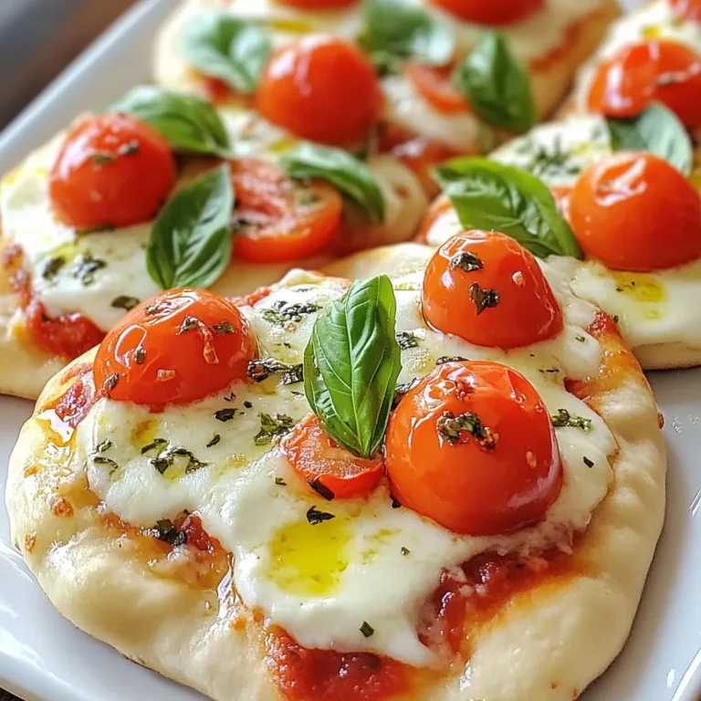 Für die Margherita Naan-Pizzas brauchst du folgende Hauptzutaten: - 4 Naan-Brote (fertig gekauft oder selbstgemacht) - 1 Tasse Marinara-Soße - 1 ½ Tassen frischer Mozzarella-Käse, in Scheiben geschnitten - 1 Tasse Kirschtomaten, halbiert - 1/4 Tasse frische Basilikumblätter Diese Zutaten sind einfach zu finden. Der frische Mozzarella gibt den Pizzas ihren köstlichen Geschmack. Kirschtomaten fügen eine süße Note hinzu. Frischer Basilikum sorgt für den typischen italienischen Duft. Ich empfehle, Naan-Brote aus dem Supermarkt zu kaufen. Sie sind schnell, einfach und lecker. Du kannst auch dein eigenes Naan-Brot machen, wenn du Zeit hast. Achte darauf, dass die Brote dünn und weich sind. Das hilft beim Backen und sorgt für eine perfekte Textur. Für die Würze verwende: - 2 Esslöffel natives Olivenöl extra - Salz und Pfeffer nach Geschmack - 1 Teelöffel italienische Gewürze (optional) Natives Olivenöl extra bringt reichhaltigen Geschmack. Salz und Pfeffer sind wichtig, um die Aromen hervorzuheben. Die italienischen Gewürze sind eine schöne Ergänzung, aber nicht zwingend nötig. Sie bringen einen zusätzlichen Kick in dein Gericht. {{ingredient_image_2}} Um Margherita Naan-Pizzas zuzubereiten, müssen Sie einige einfache Schritte befolgen. Zuerst heizen Sie Ihren Ofen auf 220°C vor. Dies sorgt dafür, dass die Pizzas gleichmäßig backen. Während der Ofen heizt, legen Sie ein Backblech mit Backpapier aus. Dies hilft, dass die Naan-Brote nicht ankleben. Nun sind Sie bereit, die Naan-Pizzas zusammenzustellen. Nehmen Sie die Naan-Brote und legen Sie sie gleichmäßig auf das Backblech. Nehmen Sie eine Tasse Marinara-Soße und verteilen Sie sie großzügig auf jedem Naan-Brot. Lassen Sie dabei einen kleinen Rand an den Kanten. Dies gibt der Pizza eine schöne Form. Jetzt kommt der beste Teil! Belegen Sie die Soße gleichmäßig mit 1 ½ Tassen in Scheiben geschnittenem Mozzarella-Käse. Streuen Sie dann 1 Tasse halbierte Kirschtomaten über den Käse. Diese geben der Pizza Farbe und Geschmack. Beträufeln Sie die Pizzas mit 2 Esslöffeln nativem Olivenöl extra. Fügen Sie nach Belieben Salz, Pfeffer und 1 Teelöffel italienische Gewürze hinzu. Diese Gewürze bringen den Geschmack zum Leben. Jetzt sind die Pizzas bereit für den Ofen. Backen Sie die Naan-Pizzas im vorgeheizten Ofen für etwa 10-12 Minuten. Achten Sie darauf, dass der Käse sprudelnd und leicht goldbraun ist. Nach dem Backen nehmen Sie die Pizzas aus dem Ofen. Lassen Sie sie eine Minute abkühlen. Jetzt können Sie die frischen Basilikumblätter darüber legen. Das sieht nicht nur toll aus, sondern schmeckt auch frisch und lecker. Schneiden Sie die Pizzas in Viertel. Servieren Sie sie heiß als Vorspeise oder Hauptgericht. Genießen Sie Ihre köstlichen Margherita Naan-Pizzas! Die ideale Temperatur für Naan-Pizzas ist 220°C. Diese Temperatur sorgt für eine perfekte Kombination aus Wärme und gleichmäßiger Hitze. Backen Sie die Pizzas 10 bis 12 Minuten. Achten Sie darauf, dass der Käse sprudelnd und leicht goldbraun ist. Überprüfen Sie die Pizzas gegen Ende der Backzeit. So vermeiden Sie, dass sie zu dunkel werden. Für die perfekte Margherita Naan-Pizza sind frische Zutaten wichtig. Beginnen Sie mit einer guten Marinara-Soße. Diese gibt Geschmack und Feuchtigkeit. Verwenden Sie frischen Mozzarella-Käse. Er schmilzt gut und schmeckt herrlich. Kirschtomaten bringen eine süße Note. Frische Basilikumblätter verleihen einen tollen Duft. Seien Sie kreativ! Fügen Sie Ihre Lieblingszutaten hinzu. Achten Sie jedoch darauf, dass die Pizzas nicht zu schwer werden. Um eine knusprige Kruste zu bekommen, achten Sie auf zwei Dinge. Erstens, verwenden Sie Olivenöl. Beträufeln Sie die Pizzas vor dem Backen leicht damit. Zweitens, backen Sie die Pizzas auf einem heißen Blech. Das hilft, die Unterseite knusprig zu machen. Lassen Sie die Pizzas nach dem Backen kurz abkühlen. So bleibt die Kruste knusprig, während der Käse schmilzt. Pro Tipps Frische Zutaten wählen: Verwenden Sie frischen Mozzarella und reife Kirschtomaten für den besten Geschmack. Ofen richtig vorheizen: Stellen Sie sicher, dass der Ofen vollständig vorgeheizt ist, um eine gleichmäßige Bräunung des Käses zu gewährleisten. Variationen ausprobieren: Fügen Sie andere Toppings wie Oliven, Paprika oder Spinat hinzu, um Ihre Naan-Pizzas zu variieren. Richtige Garzeit beachten: Beobachten Sie die Pizzas während des Backens, da die Garzeit je nach Ofen variieren kann. {{image_4}} Gemüse macht Naan-Pizzas bunt und gesund. Du kannst viele Sorten verwenden. Zucchini, Paprika oder Spinat passen gut. Schneide das Gemüse klein, damit es gleichmäßig gart. Du kannst das Gemüse vorab anbraten, um den Geschmack zu intensivieren. Lege das Gemüse einfach auf die Marinara-Soße, bevor du den Käse hinzufügst. So wird jede Pizza besonders lecker und frisch. Wenn du mehr Protein möchtest, füge Hähnchen, Schinken oder Tofu hinzu. Diese Zutaten machen die Naan-Pizzas herzhaft. Koche das Fleisch oder den Tofu zuerst. Schneide sie in kleine Stücke und verteile sie gleichmäßig auf der Pizza. Mit diesen proteinreichen Optionen wird jede Mahlzeit nahrhaft und sättigend. Regionale Aromen bringen Vielfalt auf deinen Tisch. Probiere, Feta, Oliven oder sogar Pesto zu verwenden. Diese Zutaten geben den Naan-Pizzas einen neuen Twist. Du kannst auch Gewürze wie Kurkuma oder Kreuzkümmel hinzufügen. Diese Aromen machen die Pizzas einzigartig und spannend. Erlaube deiner Kreativität freien Lauf und entdecke neue Geschmäcker. Um Reste der Margherita Naan-Pizzas gut zu lagern, lege sie in einen luftdichten Behälter. Achte darauf, die Pizzas vollständig abkühlen zu lassen, bevor du sie einpackst. So bleibt der Geschmack frisch. Du kannst auch jede Pizza in Alufolie wickeln. Das schützt sie vor dem Austrocknen. Wenn du die Naan-Pizzas aufwärmen möchtest, gibt es einige einfache Methoden. Die beste Methode ist, den Ofen auf 180°C vorzuheizen. Lege die Pizzas auf ein Backblech und erwärme sie für etwa 5-7 Minuten. Die Kruste bleibt so knusprig. Alternativ kannst du eine Pfanne nutzen. Erhitze sie auf mittlerer Hitze und lege die Pizza hinein. Decke die Pfanne ab, damit der Käse gut schmilzt. Die Haltbarkeit der Zutaten ist wichtig für leckere Pizzas. Frischer Mozzarella hält sich im Kühlschrank etwa eine Woche. Kirschtomaten sind bis zu einer Woche frisch, wenn sie kühl gelagert werden. Die Naan-Brote bleiben etwa 2-3 Tage frisch. Wenn du sie länger aufbewahren willst, kannst du sie einfrieren. Achte darauf, die Naan-Brote gut einzupacken, damit sie nicht gefrieren. Margherita Naan-Pizzas sind in vielen Supermärkten zu finden. Oft gibt es sie in der Kühlabteilung. Du kannst auch in speziellen Lebensmittelgeschäften nachsehen. Einige Pizzerien bieten Naan-Pizzas an. Überprüfe die Speisekarten in deiner Nähe. Du kannst auch Naan-Brote und Zutaten kaufen, um sie selbst zu machen. Ja, du kannst Naan-Pizzas im Voraus zubereiten. Bereite die Beläge vor und lagere sie im Kühlschrank. Du kannst die Pizzas auch unbacken einfrieren. Wenn du bereit bist, sie zu genießen, backe sie einfach im Ofen. Das spart Zeit und du hast immer eine schnelle Mahlzeit bereit. Ja, glutenfreies Naan ist eine gute Option. Du findest es in vielen Supermärkten. Achte darauf, dass die Zutaten glutenfrei sind. So kannst du die Naan-Pizzas auch genießen, wenn du Gluten meidest. Das Rezept funktioniert gut mit glutenfreiem Naan. Margherita Naan-Pizzas sind einfach und lecker. Wir haben die besten Zutaten, Schritte und Tipps behandelt. Wenn du die richtigen Gewürze und Naan-Brote wählst, gelingt dir die perfekte Pizza. Auch Variationen und Lagerung sind wichtig. Denke daran, dass frisches Gemüse und passende Kräuter den Geschmack heben. Lagere Reste gut für später. Mit diesen Infos wirst du ein Naan-Pizza-Profi. Viel Spaß beim Ausprobieren!