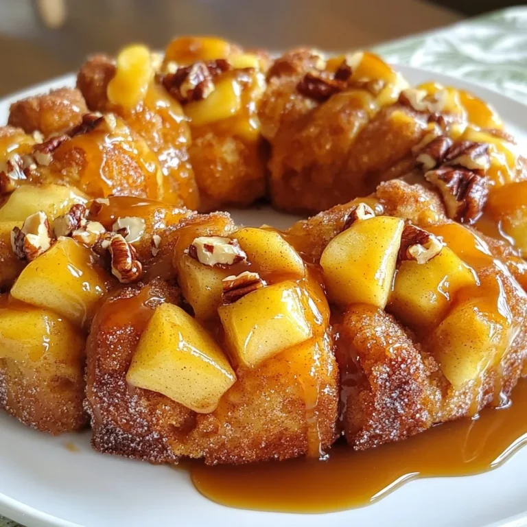 - 2 Dosen gekühlter Plätzchenteig - 2 mittelgroße Äpfel - Kristallzucker und gemahlener Zimt - Ungesalzene Butter und brauner Zucker - Vanilleextrakt und Karamellsoße - Optional: gehackte Nüsse Um Karamell-Apfel-Monkey Bread zu machen, brauchst du frische und einfache Zutaten. Der gekühlte Plätzchenteig ist der Star. Er ergibt die weichen Stücke, die wir lieben. Die Äpfel bringen Frische und Süße in das Rezept. Ich empfehle, zwei mittelgroße Äpfel zu wählen. Äpfel wie Granny Smith oder Honeycrisp sind ideal. Zucker und Zimt geben dem Teig den perfekten Geschmack. Die Mischung macht alles süß und aromatisch. Ungesalzene Butter und brauner Zucker sorgen für eine schöne Karamellisierung. Das macht das Monkey Bread besonders lecker. Vanilleextrakt fügt einen feinen Duft hinzu. Karamellsoße ist das Sahnehäubchen. Sie macht das Dessert unwiderstehlich. Wenn du es knackig magst, füge gehackte Nüsse hinzu. Walnüsse oder Pekannüsse sind perfekt. Sie geben dem Monkey Bread einen tollen Crunch. Achte darauf, alle Zutaten bereit zu haben. So wird das Kochen schnell und einfach. {{ingredient_image_2}} Heize deinen Ofen auf 175°C vor. Dies sorgt dafür, dass der Karamell-Apfel-Monkey Bread gleichmäßig backt. Fette eine Bundt-Form mit Antihaftspray oder Butter ein. Eine gut gefettete Form hilft, dass der Monkey Bread später leicht herauskommt. Öffne die Dosen mit dem Plätzchenteig. Schneide jedes Plätzchen in Viertel. Diese kleinen Stücke werden die Basis für dein Monkey Bread. Schäle und entkerne die Äpfel, dann würfle sie in kleine Stücke. So geben sie einen frischen Geschmack und eine schöne Textur. In einer großen Schüssel vermische den Kristallzucker mit dem Zimt. Diese Mischung fügt einen warmen, süßen Geschmack hinzu. Gib die Teigstücke in die Schüssel und schwenke sie gut, bis sie gleichmäßig bedeckt sind. Beginne, die Schichten in die Bundt-Form zu legen. Lege zuerst eine Schicht der beschichteten Teigstücke. Füge dann eine Schicht der gewürfelten Äpfel hinzu. Wenn du magst, streue ein paar gehackte Nüsse darüber. Wiederhole diesen Vorgang, bis alles in der Form ist. In einer separaten Schüssel mische die geschmolzene Butter, den braunen Zucker und den Vanilleextrakt. Gieße diese Mischung gleichmäßig über die Schichten in der Form. Stelle die Bundt-Form in den vorgeheizten Ofen und backe sie 30 bis 35 Minuten. Achte darauf, dass die Oberseite goldbraun wird. Wenn sie fertig sind, lass sie etwa 10 Minuten abkühlen. Drehe die Form vorsichtig auf einen Servierteller. Träufle Karamellsoße darüber, bevor du servierst. Um die perfekte Konsistenz zu erreichen, ist die Backzeit entscheidend. Heize den Ofen auf 175°C vor. Achte darauf, die Bundt-Form gut einzufetten. Backe das Monkey Bread für 30 bis 35 Minuten. Es sollte goldbraun aussehen. Wenn du einen Zahnstocher in die Mitte steckst, sollte er sauber herauskommen. So kannst du sicher sein, dass das Brot durchgebacken ist. Du kannst verschiedene Apfelsorten verwenden. Äpfel wie Granny Smith oder Gala bringen unterschiedliche Geschmäcker. Probiere auch Nüsse aus. Gehackte Walnüsse oder Pekannüsse geben einen tollen Crunch. Diese kleinen Änderungen machen das Rezept einzigartig. Spiele mit den Zutaten, um deinen perfekten Geschmack zu finden. Um dein Monkey Bread schön zu präsentieren, serviere es warm. Träufle etwas Karamellsoße darüber. Du kannst auch Puderzucker darüber sieben. Ein Klecks Schlagsahne macht es extra lecker. Verwende einen großen Teller, damit jeder gut zugreifen kann. Dieses Dessert sieht nicht nur gut aus, es schmeckt auch fantastisch! Pro Tipps Äpfel wählen: Verwenden Sie festere Apfelsorten wie Granny Smith oder Braeburn, um sicherzustellen, dass sie beim Backen nicht zerfallen. Karamellsoße anpassen: Für zusätzlichen Geschmack können Sie die Karamellsoße mit einem Schuss Meersalz oder einem Hauch von Bourbon verfeinern. Teig gleichmäßig verteilen: Stellen Sie sicher, dass die Teigstücke gleichmäßig in der Form verteilt sind, um ein gleichmäßiges Backen zu gewährleisten. Servieren: Servieren Sie das Monkey Bread warm, um den besten Geschmack und die besten Aromen zu genießen. {{image_4}} Fügen Sie ein paar Schokoladenstückchen hinzu. Diese kleine Änderung macht viel aus. Die süße Schokolade passt perfekt zu den Äpfeln. Sie können dunkle oder Milchschokolade verwenden. Einfach die Schokoladenstückchen zwischen die Schichten der Teigstücke und Äpfel streuen. Diese Variante wird Kinder und Erwachsene begeistern. Nüsse geben dem Monkey Bread einen tollen Crunch. Walnüsse oder Pekannüsse sind ideal. Hacken Sie die Nüsse grob und mischen Sie sie unter die Äpfel. Sie können auch Nüsse zwischen die Schichten legen. Diese Veränderung macht das Dessert noch interessanter. Zudem sind Nüsse eine gute Quelle für gesunde Fette. Gewürze machen Ihr Monkey Bread besonders aromatisch. Fügen Sie Zimt oder Muskatnuss hinzu. Diese Gewürze passen gut zu Äpfeln und Karamell. Experimentieren Sie mit Ingwer oder Nelken, wenn Sie es mögen. Streuen Sie die Gewürze in die Zimt-Zucker-Mischung. So wird jedes Stück voll von Geschmack. Das Karamell-Apfel-Monkey Bread bleibt im Kühlschrank etwa 3 bis 4 Tage frisch. Achten Sie darauf, es in einem luftdichten Behälter zu lagern. Dies hilft, die Feuchtigkeit zu bewahren und das Austrocknen zu verhindern. So bleibt der Geschmack und die Textur optimal. Wenn Sie das Monkey Bread länger aufbewahren möchten, können Sie es einfrieren. Lassen Sie das Gebäck zuerst ganz abkühlen. Wickeln Sie es dann gut in Frischhaltefolie ein und legen Sie es in einen Gefrierbeutel. So bleibt es bis zu 2 Monate haltbar. Zum Auftauen nehmen Sie es einfach aus dem Gefrierfach und lassen es über Nacht im Kühlschrank auftauen. Um das Monkey Bread wieder aufzuheizen, legen Sie es in den Ofen bei 150°C. Erwärmen Sie es für etwa 10 bis 15 Minuten. Dadurch bleibt es weich und lecker. Sie können auch etwas Karamellsoße dazugeben, um den Geschmack aufzufrischen. So genießen Sie jeden Bissen wie frisch gebacken! Die Zubereitung dauert insgesamt etwa 50 Minuten. Die Vorbereitungszeit beläuft sich auf 20 Minuten. Das Backen dauert 30 bis 35 Minuten. Diese Zeiten sind schnell, besonders für so ein leckeres Dessert. Ja, du kannst frische Äpfel verwenden. Frische Äpfel bringen mehr Geschmack und Textur. Achte darauf, sie gut zu schälen und zu entkernen. Verwende Äpfel wie Granny Smith oder Braeburn für einen tollen Geschmack. Diese Sorten sind knackig und süß. Wenn du glutenfreie Optionen benötigst, gibt es viele Möglichkeiten. Du kannst glutenfreien Plätzchenteig kaufen oder selbst machen. Eine Mischung aus glutenfreiem Mehl, Backpulver und einer Prise Salz funktioniert gut. Du kannst auch Hefeteig als Grundlage verwenden. Zusammenfassend haben wir die Zutaten und Schritte für köstliches Karamell-Apfel-Monkey Bread behandelt. Ich habe Tipps gegeben, um die perfekte Konsistenz zu erreichen und Variationen zu erkunden. Lagerungshinweise helfen dir, die Leckerei frisch zu halten. Denke daran, dass du mit verschiedenen Äpfeln und Nüssen experimentieren kannst. Dieses Dessert macht Spaß und schmeckt großartig. Probiere es aus und teile deine eigenen Kreationen!