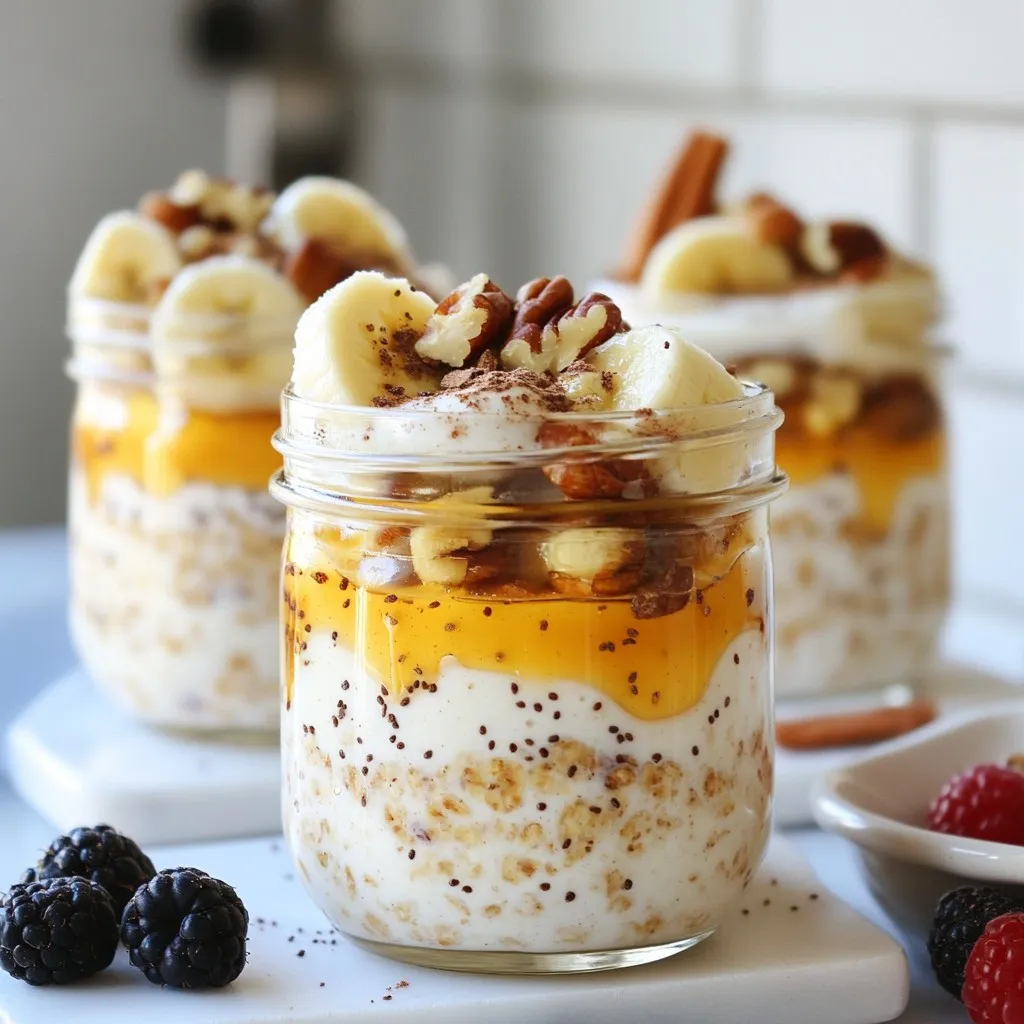 Für die Maple Pecan Overnight Oats benötigst du: - 1 Tasse Haferflocken (grobe Sorte) - 1 Tasse Mandelmilch (oder Milch deiner Wahl) - 2 Esslöffel reiner Ahornsirup - 1/4 Tasse griechischer Joghurt (optional für zusätzliche Cremigkeit) - 1/4 Tasse Pekannüsse, grob gehackt - 1 Teelöffel Vanilleextrakt - 1/2 Teelöffel gemahlener Zimt - Eine Prise Salz - Frisches Obst zum Garnieren (wie Banane oder Beeren) - Extra gehackte Pekannüsse zum Dekorieren Diese Overnight Oats sind nicht nur lecker, sondern auch nahrhaft. Eine Portion enthält: - Hoher Ballaststoffgehalt für eine gute Verdauung - Protein aus Hafer und Joghurt für mehr Energie - Gesunde Fette aus Pekannüssen für das Herz - Vitamine und Mineralien aus frischem Obst Die Kombination dieser Zutaten sorgt für eine ausgewogene Mahlzeit, die dich lange satt hält. Du kannst deine Overnight Oats ganz nach deinem Geschmack anpassen. Hier sind einige Ideen: - Füge ein paar Esslöffel Chiasamen hinzu für extra Omega-3-Fettsäuren. - Benutze Kokosmilch statt Mandelmilch für einen tropischen Geschmack. - Wechsel die Früchte je nach Saison. Äpfel oder Pfirsiche passen auch gut. - Ersetze den Zimt mit Muskatnuss für eine andere Note. Diese Variationen helfen dir, immer wieder neue Geschmäcker zu entdecken. {{ingredient_image_2}} Zuerst nimm eine mittelgroße Schüssel. Gib die Haferflocken hinein. Füge die Mandelmilch hinzu. Dann kommt der Ahornsirup dazu. Wenn du mehr Cremigkeit willst, gib den griechischen Joghurt dazu. Ein Teelöffel Vanilleextrakt bringt tollen Geschmack. Streue eine Prise Salz und gemahlenen Zimt hinein. Rühre alles gut um, bis die Mischung gleichmäßig aussieht. Jetzt ist es Zeit für die Pekannüsse. Hacke die Nüsse grob und füge sie zur Mischung hinzu. Rühre vorsichtig, damit die Nüsse knusprig bleiben. Teile die Mischung gleichmäßig auf zwei luftdicht verschließbare Behälter oder Gläser auf. Achte darauf, dass alles gut verteilt ist. Schließe die Behälter gut und stelle sie in den Kühlschrank. Lass die Mischung über Nacht ruhen. Die Aromen verbinden sich so gut. Am nächsten Morgen nimm die Behälter heraus. Rühre die Haferflocken gut um. Wenn sie zu dick sind, gib etwas mehr Mandelmilch dazu. Garniere deine Overnight Oats mit frischem Obst und weiteren Pekannüssen. So wird es noch leckerer! Ein häufiger Fehler ist, die Haferflocken nicht richtig zu mischen. Wenn du die Zutaten nicht gut vermengst, kann die Konsistenz klumpig werden. Achte darauf, dass alle Zutaten gleichmäßig verteilt sind. Auch das Verhältnis von Flüssigkeit zu Haferflocken ist wichtig. Zu wenig Flüssigkeit macht deine Haferflocken trocken. Verwende immer die richtige Menge Mandelmilch. Für die beste Konsistenz solltest du die Haferflocken über Nacht im Kühlschrank lassen. So saugen sie die Flüssigkeit optimal auf. Falls du am Morgen eine dicke Mischung hast, füge einen Schuss mehr Mandelmilch hinzu. Rühre gut um, um die Cremigkeit zu erhöhen. Ein Klecks griechischer Joghurt kann die Textur zusätzlich verbessern. Toppings machen deine Overnight Oats besonders lecker und schön. Frisches Obst wie Bananen oder Beeren sind ideal. Sie bringen Farbe und Frische. Extra gehackte Pekannüsse sorgen für einen tollen Crunch. Du kannst auch einen Spritzer mehr Ahornsirup darüber geben. Ein Minzblatt als Garnierung sieht toll aus und gibt einen frischen Geschmack. Pro Tipps Haferflockenwahl: Verwende grobe Haferflocken für eine bessere Textur und einen herzhaften Biss, anstatt Instant-Haferflocken, die zu mushy werden können. Joghurtoption: Füge griechischen Joghurt hinzu, um die Overnight Haferflocken cremiger zu machen und eine zusätzliche Proteinquelle bereitzustellen. Fruchtvariationen: Experimentiere mit verschiedenen Früchten wie Äpfeln, Birnen oder Beeren, um Abwechslung in deine Overnight Haferflocken zu bringen. Aufbewahrung: Bewahre die Overnight Haferflocken bis zu 3 Tage im Kühlschrank auf, um eine schnelle und gesunde Frühstücksoption zur Hand zu haben. {{image_4}} Du kannst viele Milchsorten verwenden. Mandelmilch ist eine tolle Wahl. Sie hat einen milden Geschmack. Auch Hafermilch passt gut. Sie macht die Haferflocken cremig. Wenn du Schafsmilch magst, probiere sie aus. Jede Milch hat ihren eigenen Charakter. So kannst du deine Overnight Oats anpassen. Du kannst die Basis mit weiteren Aromen bereichern. Schokolade ist eine beliebte Option. Füge einfach einen Esslöffel Kakaopulver hinzu. Das gibt einen süßen, schokoladigen Kick. Kokosnuss ist eine weitere tolle Wahl. Verwende Kokosmilch oder füge Kokosraspeln hinzu. Das bringt einen tropischen Geschmack. Du kannst auch Nüsse oder Trockenfrüchte hinzufügen. So wird jede Schicht spannend und bunt. Keine Sorge, wenn du vegan bist. Du kannst den Joghurt einfach weglassen. Die Mischung bleibt trotzdem cremig. Du kannst mehr Mandelmilch oder einen pflanzlichen Joghurt verwenden. Diese Varianten sind leicht zu finden. Sie machen das Rezept auch für Veganer lecker. So kannst du die Overnight Oats ganz nach deinen Wünschen gestalten. Um deine Maple Pecan Overnight Oats frisch zu halten, verwende luftdichte Behälter. Diese Behälter schützen deine Haferflocken vor Luft und Feuchtigkeit. Achte darauf, die Behälter gut zu verschließen, wenn du die Oats im Kühlschrank lagerst. Du kannst die Oats auch direkt in Gläsern aufbewahren. Das sieht schön aus und macht das Servieren einfach. Im Kühlschrank halten sich die Overnight Oats bis zu fünf Tage. Nach ein paar Tagen kann die Textur jedoch weicher werden. Wenn du den Joghurt hinzufügst, achte darauf, die Oats nicht länger als drei Tage zu lagern. Die frischen Zutaten wie Obst solltest du erst kurz vor dem Servieren hinzufügen. So bleibt alles knackig und frisch. Du kannst die Overnight Oats auch einfrieren. Fülle sie in gefrierfeste Behälter oder Beutel. Achte darauf, etwas Platz zu lassen, da die Oats beim Gefrieren ausdehnen. So bleiben sie bis zu drei Monate frisch. Um sie zu genießen, lasse sie einfach über Nacht im Kühlschrank auftauen oder erwärme sie kurz in der Mikrowelle. Overnight Oats sind im Kühlschrank etwa fünf Tage haltbar. Das gibt dir Zeit, sie zu genießen. Achte darauf, sie in einem luftdichten Behälter zu lagern. So bleiben sie frisch und lecker. Ja, du kannst Overnight Oats für bis zu fünf Tage vorbereiten. Das macht sie perfekt für eine schnelle Frühstücksoption. Bereite mehrere Portionen gleichzeitig vor und genieße jeden Morgen eine neue. Variiere die Toppings für Abwechslung. Overnight Oats sind nahrhaft und einfach zuzubereiten. Sie enthalten Ballaststoffe, die gut für die Verdauung sind. Außerdem sind sie eine tolle Energiequelle. Die Kombination aus Hafer, Joghurt und Nüssen sorgt für langanhaltende Sättigung. Zudem sind sie schnell und helfen dir, Zeit zu sparen. In diesem Artikel habe ich die besten Zutaten, die Zubereitung und die Tipps für Overnight Oats besprochen. Du hast erfahren, wie du häufige Fehler vermeidest und die perfekte Konsistenz erreichst. Variationen bringen neuen Geschmack und Optionen, während die richtigen Lagerungshinweise dir helfen, die Oats frisch zu halten. Denke daran, dass Overnight Oats gesund sind und sich leicht anpassen lassen. Probiere verschiedene Zutaten aus und finde deine Lieblingskombination. So wirst du jeden Morgen Freude daran haben!