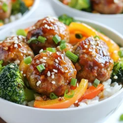 Für die saftigen Fleischbällchen brauchen wir folgende Zutaten: - 450 g gemahlenes Putenfleisch - 60 g Panko-Brösel - 60 g Frühlingszwiebeln, gehackt - 1 Ei, verquirlt - 2 Knoblauchzehen, gehackt - 1 Esslöffel frischer Ingwer, gerieben - 60 ml Teriyaki-Sauce (plus mehr zum Beträufeln) - 1 Esslöffel Sesamöl Diese Zutaten bringen viel Geschmack in die Fleischbällchen. Das Putenfleisch ist mager und gesund. Panko macht die Bällchen schön knusprig. Für das bunte Gemüse benötigen wir: - 480 g gekochter Reis (weiß oder braun) - 150 g Brokkoliröschen - 75 g Paprika, in Streifen geschnitten - 1 Esslöffel Pflanzenöl Das Gemüse bringt Farbe und Nährstoffe. Brokkoli ist reich an Vitaminen, und Paprika sorgt für einen süßen Crunch. Für die perfekte Präsentation brauchst du: - Sesamsamen zur Garnierung - Frühlingszwiebeln zum Bestreuen - Essstäbchen und Limettenviertel für einen frischen Kontrast Diese Extras machen die Bowls ansprechend und lecker. Die Limette bringt frische Aromen, und die Sesamsamen sind knusprig. {{ingredient_image_2}} Heize deinen Ofen auf 200°C vor. Lege ein Backblech mit Backpapier aus. So bleiben die Fleischbällchen nicht kleben. In einer großen Schüssel vermische das gemahlene Putenfleisch mit 60 g Panko-Bröseln. Füge die gehackten Frühlingszwiebeln, das verquirlte Ei, den gehackten Knoblauch und den geriebenen Ingwer hinzu. Gieße 60 ml Teriyaki-Sauce dazu. Mische alles gut, bis eine homogene Masse entsteht. Forme mit deinen Händen kleine Fleischbällchen, etwa 2,5 bis 4 cm groß. Lege sie gleichmäßig auf das Backblech. Backe die Fleischbällchen 20 Minuten im Ofen. Sie sind fertig, wenn sie durchgegart und leicht gebräunt sind. Du kannst sie während des Backens mit mehr Teriyaki-Sauce bestreichen, wenn du willst. Erhitze Pflanzenöl in einer Pfanne bei mittlerer Hitze. Füge 150 g Brokkoliröschen und 75 g Paprika in Streifen hinzu. Brate das Gemüse 5 bis 7 Minuten an, bis es bissfest ist. Nimm große Servierschalen und fülle sie mit 480 g gekochtem Reis. Platziere das sautierte Gemüse und die gebackenen Fleischbällchen oben drauf. Beträufle das Gericht mit zusätzlicher Teriyaki-Sauce. Streue Sesamsamen darüber. Füge nach Wunsch noch mehr Frühlingszwiebeln hinzu. Serviere die Bowls mit Essstäbchen und einem Limettenviertel für einen frischen Geschmack. - Wähle frisches Putenfleisch für besten Geschmack. - Mische die Zutaten gut, aber überarbeite den Teig nicht. - Feuchte deine Hände an, um die Fleischbällchen zu formen. So kleben sie nicht. - Backe die Bällchen bis sie leicht gebräunt sind, etwa 20 Minuten. - Bestreiche sie während des Backens mit mehr Teriyaki-Sauce für zusätzlichen Geschmack. - Verwende helle Schalen, um die Farben hervorzuheben. - Serviere die Bällchen mit Essstäbchen für ein authentisches Gefühl. - Füge einen Limettenviertel hinzu. Der frische Saft ist ein toller Kontrast. - Streue Sesamsamen über die Bowls. Sie geben einen schönen Crunch. - Frische Frühlingszwiebeln sorgen für einen knackigen Biss. - Gekochter Reis ist ideal. Wähle weißen oder braunen Reis. - Füge gedämpften Gemüse wie Karotten oder Zucchini hinzu. - Sauté Pilze oder Spinat für mehr Geschmack. - Ein einfacher grüner Salat ergänzt die Schalen gut. - Serviere eine leichte Sojasauce oder eine scharfe Sauce als Dip. Pro Tipps Fleischbällchen Feuchtigkeit: Um sicherzustellen, dass die Fleischbällchen saftig bleiben, fügen Sie einen Schuss Sojasauce oder etwas Brühe hinzu. Panko-Brösel Variationen: Experimentieren Sie mit verschiedenen Bröseln wie italienischen Semmelbröseln oder sogar nach Würze wie Knoblauch- oder Zwiebelpulver für zusätzlichen Geschmack. Gemüse Variationen: Fühlen Sie sich frei, das Gemüse zu variieren. Zucchini, Karotten oder Erbsen passen ebenfalls hervorragend zu diesen Schalen. Vorbereitung im Voraus: Bereiten Sie die Fleischbällchen und das Gemüse im Voraus vor und lagern Sie sie im Kühlschrank, um Zeit bei der Zubereitung des Abendessens zu sparen. {{image_4}} Wenn Sie eine neue Proteinquelle probieren möchten, können Sie Rinderhack oder Hähnchen verwenden. Diese Optionen bieten einen anderen Geschmack. Auch Tofu ist eine tolle Wahl für Vegetarier. Es hat eine weiche Textur und nimmt die Aromen gut auf. Für eine würzige Note können Sie auch Quorn verwenden. Das Gemüse in Ihren Schalen kann variieren. Sie können Zucchini, Karotten oder Erbsen verwenden. Diese Gemüsesorten sind knackig und gesund. Auch Spinat passt gut und bringt Farbe auf den Teller. Experimentieren Sie mit verschiedenen Sorten, um Ihren Favoriten zu finden. Die Teriyaki-Sauce kann leicht angepasst werden. Für weniger Süße können Sie die Menge an Honig oder Zucker verringern. Fügen Sie mehr Ingwer oder Knoblauch hinzu, um einen kräftigeren Geschmack zu erzielen. Sojasauce kann auch ersetzt werden durch Tamari für eine glutenfreie Option. Machen Sie Ihre Sauce einzigartig und finden Sie Ihre perfekte Mischung. Um die Teriyaki Putenfleischbällchen frisch zu halten, bewahre sie in einem luftdichten Behälter auf. Du kannst sie zusammen mit dem Gemüse lagern oder getrennt halten. Wenn du das Gemüse getrennt lagerst, bleibt es knackiger. Achte darauf, den gekochten Reis ebenfalls gut zu verpacken. So bleibt alles frisch und lecker. Im Kühlschrank halten sich die Fleischbällchen etwa 3 bis 4 Tage. Wenn du sie länger aufbewahren möchtest, friere sie ein. Im Gefrierschrank bleiben sie bis zu 3 Monate gut. Wenn du sie einfrierst, lege sie in einen gefriergeeigneten Behälter und beschrifte diesen. Das hilft dir, den Überblick zu behalten. Um die Fleischbällchen aufzuwärmen, nimm sie aus dem Kühlschrank oder Gefrierschrank und lasse sie etwas ruhen. Du kannst sie in der Mikrowelle erwärmen, aber das Backen im Ofen bringt den besten Geschmack zurück. Heize den Ofen auf 180°C vor und backe sie für etwa 10 bis 15 Minuten. So bleiben sie saftig und lecker. Vergiss nicht, etwas frische Teriyaki-Sauce draufzuträufeln, um den Geschmack aufzufrischen! Das Rezept ergibt vier Portionen. Jedes Gericht ist voll mit Geschmack und Nährstoffen. Die Größe der Portionen kann je nach Hunger variieren. Ja, du kannst die Fleischbällchen im Voraus machen. Bereite die Fleischbällchen und backe sie. Lass sie dann abkühlen und lagere sie im Kühlschrank. Sie halten sich dort bis zu drei Tage. Du kannst sie auch einfrieren. So hast du immer eine schnelle Mahlzeit bereit. Teriyaki-Sauce hat sowohl gute als auch weniger gesunde Aspekte. Sie enthält Zucker und Sojasauce, die viel Salz hat. Achte darauf, eine Sauce mit weniger Zucker zu wählen. Du kannst auch eine hausgemachte Version machen. Das gibt dir mehr Kontrolle über die Zutaten. Zu Teriyaki Putenfleischbällchen passen viele Beilagen gut. Hier sind einige Vorschläge: - Gedämpfter Brokkoli - Gegrillte Paprika - Gebratene Karotten - Salat mit Sesam-Dressing - Quinoa oder brauner Reis Diese Beilagen ergänzen die Aromen und machen das Gericht noch gesünder. Sie haben nun die Hauptzutaten für die Fleischbällchen und das Gemüse kennengelernt. Die Schritt-für-Schritt-Anleitung hilft Ihnen, die Bowls leicht zuzubereiten. Nutzen Sie die Tipps für perfekte Fleischbällchen und ansprechende Präsentation. Variieren Sie die Rezepte ganz nach Ihrem Geschmack. Denken Sie daran, die Reste richtig zu lagern. So bleiben sie frisch und lecker. Genießen Sie die Vielseitigkeit und den Geschmack der Teriyaki Putenfleischbällchen Schalen!