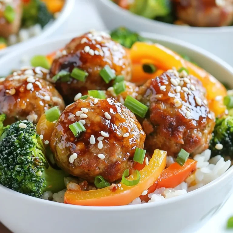 Für die saftigen Fleischbällchen brauchen wir folgende Zutaten: - 450 g gemahlenes Putenfleisch - 60 g Panko-Brösel - 60 g Frühlingszwiebeln, gehackt - 1 Ei, verquirlt - 2 Knoblauchzehen, gehackt - 1 Esslöffel frischer Ingwer, gerieben - 60 ml Teriyaki-Sauce (plus mehr zum Beträufeln) - 1 Esslöffel Sesamöl Diese Zutaten bringen viel Geschmack in die Fleischbällchen. Das Putenfleisch ist mager und gesund. Panko macht die Bällchen schön knusprig. Für das bunte Gemüse benötigen wir: - 480 g gekochter Reis (weiß oder braun) - 150 g Brokkoliröschen - 75 g Paprika, in Streifen geschnitten - 1 Esslöffel Pflanzenöl Das Gemüse bringt Farbe und Nährstoffe. Brokkoli ist reich an Vitaminen, und Paprika sorgt für einen süßen Crunch. Für die perfekte Präsentation brauchst du: - Sesamsamen zur Garnierung - Frühlingszwiebeln zum Bestreuen - Essstäbchen und Limettenviertel für einen frischen Kontrast Diese Extras machen die Bowls ansprechend und lecker. Die Limette bringt frische Aromen, und die Sesamsamen sind knusprig. {{ingredient_image_2}} Heize deinen Ofen auf 200°C vor. Lege ein Backblech mit Backpapier aus. So bleiben die Fleischbällchen nicht kleben. In einer großen Schüssel vermische das gemahlene Putenfleisch mit 60 g Panko-Bröseln. Füge die gehackten Frühlingszwiebeln, das verquirlte Ei, den gehackten Knoblauch und den geriebenen Ingwer hinzu. Gieße 60 ml Teriyaki-Sauce dazu. Mische alles gut, bis eine homogene Masse entsteht. Forme mit deinen Händen kleine Fleischbällchen, etwa 2,5 bis 4 cm groß. Lege sie gleichmäßig auf das Backblech. Backe die Fleischbällchen 20 Minuten im Ofen. Sie sind fertig, wenn sie durchgegart und leicht gebräunt sind. Du kannst sie während des Backens mit mehr Teriyaki-Sauce bestreichen, wenn du willst. Erhitze Pflanzenöl in einer Pfanne bei mittlerer Hitze. Füge 150 g Brokkoliröschen und 75 g Paprika in Streifen hinzu. Brate das Gemüse 5 bis 7 Minuten an, bis es bissfest ist. Nimm große Servierschalen und fülle sie mit 480 g gekochtem Reis. Platziere das sautierte Gemüse und die gebackenen Fleischbällchen oben drauf. Beträufle das Gericht mit zusätzlicher Teriyaki-Sauce. Streue Sesamsamen darüber. Füge nach Wunsch noch mehr Frühlingszwiebeln hinzu. Serviere die Bowls mit Essstäbchen und einem Limettenviertel für einen frischen Geschmack. - Wähle frisches Putenfleisch für besten Geschmack. - Mische die Zutaten gut, aber überarbeite den Teig nicht. - Feuchte deine Hände an, um die Fleischbällchen zu formen. So kleben sie nicht. - Backe die Bällchen bis sie leicht gebräunt sind, etwa 20 Minuten. - Bestreiche sie während des Backens mit mehr Teriyaki-Sauce für zusätzlichen Geschmack. - Verwende helle Schalen, um die Farben hervorzuheben. - Serviere die Bällchen mit Essstäbchen für ein authentisches Gefühl. - Füge einen Limettenviertel hinzu. Der frische Saft ist ein toller Kontrast. - Streue Sesamsamen über die Bowls. Sie geben einen schönen Crunch. - Frische Frühlingszwiebeln sorgen für einen knackigen Biss. - Gekochter Reis ist ideal. Wähle weißen oder braunen Reis. - Füge gedämpften Gemüse wie Karotten oder Zucchini hinzu. - Sauté Pilze oder Spinat für mehr Geschmack. - Ein einfacher grüner Salat ergänzt die Schalen gut. - Serviere eine leichte Sojasauce oder eine scharfe Sauce als Dip. Pro Tipps Fleischbällchen Feuchtigkeit: Um sicherzustellen, dass die Fleischbällchen saftig bleiben, fügen Sie einen Schuss Sojasauce oder etwas Brühe hinzu. Panko-Brösel Variationen: Experimentieren Sie mit verschiedenen Bröseln wie italienischen Semmelbröseln oder sogar nach Würze wie Knoblauch- oder Zwiebelpulver für zusätzlichen Geschmack. Gemüse Variationen: Fühlen Sie sich frei, das Gemüse zu variieren. Zucchini, Karotten oder Erbsen passen ebenfalls hervorragend zu diesen Schalen. Vorbereitung im Voraus: Bereiten Sie die Fleischbällchen und das Gemüse im Voraus vor und lagern Sie sie im Kühlschrank, um Zeit bei der Zubereitung des Abendessens zu sparen. {{image_4}} Wenn Sie eine neue Proteinquelle probieren möchten, können Sie Rinderhack oder Hähnchen verwenden. Diese Optionen bieten einen anderen Geschmack. Auch Tofu ist eine tolle Wahl für Vegetarier. Es hat eine weiche Textur und nimmt die Aromen gut auf. Für eine würzige Note können Sie auch Quorn verwenden. Das Gemüse in Ihren Schalen kann variieren. Sie können Zucchini, Karotten oder Erbsen verwenden. Diese Gemüsesorten sind knackig und gesund. Auch Spinat passt gut und bringt Farbe auf den Teller. Experimentieren Sie mit verschiedenen Sorten, um Ihren Favoriten zu finden. Die Teriyaki-Sauce kann leicht angepasst werden. Für weniger Süße können Sie die Menge an Honig oder Zucker verringern. Fügen Sie mehr Ingwer oder Knoblauch hinzu, um einen kräftigeren Geschmack zu erzielen. Sojasauce kann auch ersetzt werden durch Tamari für eine glutenfreie Option. Machen Sie Ihre Sauce einzigartig und finden Sie Ihre perfekte Mischung. Um die Teriyaki Putenfleischbällchen frisch zu halten, bewahre sie in einem luftdichten Behälter auf. Du kannst sie zusammen mit dem Gemüse lagern oder getrennt halten. Wenn du das Gemüse getrennt lagerst, bleibt es knackiger. Achte darauf, den gekochten Reis ebenfalls gut zu verpacken. So bleibt alles frisch und lecker. Im Kühlschrank halten sich die Fleischbällchen etwa 3 bis 4 Tage. Wenn du sie länger aufbewahren möchtest, friere sie ein. Im Gefrierschrank bleiben sie bis zu 3 Monate gut. Wenn du sie einfrierst, lege sie in einen gefriergeeigneten Behälter und beschrifte diesen. Das hilft dir, den Überblick zu behalten. Um die Fleischbällchen aufzuwärmen, nimm sie aus dem Kühlschrank oder Gefrierschrank und lasse sie etwas ruhen. Du kannst sie in der Mikrowelle erwärmen, aber das Backen im Ofen bringt den besten Geschmack zurück. Heize den Ofen auf 180°C vor und backe sie für etwa 10 bis 15 Minuten. So bleiben sie saftig und lecker. Vergiss nicht, etwas frische Teriyaki-Sauce draufzuträufeln, um den Geschmack aufzufrischen! Das Rezept ergibt vier Portionen. Jedes Gericht ist voll mit Geschmack und Nährstoffen. Die Größe der Portionen kann je nach Hunger variieren. Ja, du kannst die Fleischbällchen im Voraus machen. Bereite die Fleischbällchen und backe sie. Lass sie dann abkühlen und lagere sie im Kühlschrank. Sie halten sich dort bis zu drei Tage. Du kannst sie auch einfrieren. So hast du immer eine schnelle Mahlzeit bereit. Teriyaki-Sauce hat sowohl gute als auch weniger gesunde Aspekte. Sie enthält Zucker und Sojasauce, die viel Salz hat. Achte darauf, eine Sauce mit weniger Zucker zu wählen. Du kannst auch eine hausgemachte Version machen. Das gibt dir mehr Kontrolle über die Zutaten. Zu Teriyaki Putenfleischbällchen passen viele Beilagen gut. Hier sind einige Vorschläge: - Gedämpfter Brokkoli - Gegrillte Paprika - Gebratene Karotten - Salat mit Sesam-Dressing - Quinoa oder brauner Reis Diese Beilagen ergänzen die Aromen und machen das Gericht noch gesünder. Sie haben nun die Hauptzutaten für die Fleischbällchen und das Gemüse kennengelernt. Die Schritt-für-Schritt-Anleitung hilft Ihnen, die Bowls leicht zuzubereiten. Nutzen Sie die Tipps für perfekte Fleischbällchen und ansprechende Präsentation. Variieren Sie die Rezepte ganz nach Ihrem Geschmack. Denken Sie daran, die Reste richtig zu lagern. So bleiben sie frisch und lecker. Genießen Sie die Vielseitigkeit und den Geschmack der Teriyaki Putenfleischbällchen Schalen!