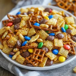 Um einen leckeren Erdnussbutter-Schokoladen-Chex-Mix zu machen, benötigen Sie einige wichtige Zutaten: - 3 Tassen Rice Chex Müsli - 2 Tassen Corn Chex Müsli - 1 Tasse Brezel-Twists - 1 Tasse ungesalzene Erdnüsse - 1 Tasse Schokoladenstückchen (halbherb oder dunkel) - ½ Tasse cremige Erdnussbutter - ¼ Tasse Honig oder Ahornsirup - 1 Teelöffel Vanilleextrakt - ½ Teelöffel Meersalz - Optional: ½ Tasse M&M's oder andere farbenfrohe Süßigkeiten Diese Zutaten sorgen für einen tollen Mix aus Knusprigkeit und Süße. Die Chex-Müslis geben die perfekte Basis. Sie können den Chex-Mix nach Ihren Wünschen anpassen. Fügen Sie verschiedene Nüsse hinzu, wie Mandeln oder Cashews. Sie können auch andere Cerealien verwenden, wenn Sie möchten. Für einen extra Crunch sind Karamellstückchen oder Kokosraspel eine tolle Idee. Wenn Sie den Mix für Kinder machen, können Sie mehr Süßigkeiten hinzufügen. M&M's machen alles bunter und lustiger. Seien Sie kreativ und passen Sie die Zutaten an Ihren Geschmack an! Die Qualität der Zutaten ist wichtig. Verwenden Sie frische Nüsse und hochwertige Schokolade. Bio-Zutaten können auch besser schmecken und sind oft gesünder. Achten Sie darauf, dass die Erdnussbutter cremig und ohne Zuckerzusatz ist. Die richtige Qualität macht einen großen Unterschied im Geschmack Ihres Chex-Mix. Wenn alles frisch ist, wird Ihr Snack einfach köstlich! {{ingredient_image_2}} Zuerst bereite ich die Basis für meinen Erdnussbutter-Schokoladen-Chex-Mix vor. In einer großen Schüssel vermenge ich 3 Tassen Rice Chex, 2 Tassen Corn Chex, 1 Tasse Brezel-Twists und 1 Tasse ungesalzene Erdnüsse. Ich rühre vorsichtig, bis alles gut verteilt ist. So stellen wir sicher, dass jeder Bissen eine tolle Mischung bietet. Jetzt kommt der spannende Teil: die Schokoladenmischung! Ich gebe 1 Tasse Schokoladenstückchen, ½ Tasse cremige Erdnussbutter, ¼ Tasse Honig oder Ahornsirup, 1 Teelöffel Vanilleextrakt und ½ Teelöffel Meersalz in eine mikrowellengeeignete Schüssel. Dann erhitze ich die Mischung in der Mikrowelle in 30-Sekunden-Intervallen. Ich rühre jedes Mal um, bis die Mischung glatt und vollständig geschmolzen ist. So bleibt die Schokolade schön cremig. Nun ist es Zeit, die geschmolzene Schokoladenmischung über die trockenen Zutaten zu gießen. Ich mache das langsam und gleichmäßig. Mit einem Spatel falte ich die Mischung vorsichtig. Mein Ziel ist es, sicherzustellen, dass alle trockenen Zutaten gut bedeckt sind. Das gibt jedem Bissen den perfekten Schokoladengeschmack. Jetzt verteile ich den überzogenen Chex-Mix gleichmäßig auf ein großes Backblech mit Backpapier. Ich lasse ihn bei Raumtemperatur etwa 30-45 Minuten abkühlen. Um es schneller fest werden zu lassen, kann ich ihn auch in den Kühlschrank stellen. Wenn die Mischung fest ist, ist es einfacher, sie zu brechen. Sobald alles fest ist, breche ich die Mischung in Stücke. Ich lagere sie in einem luftdichten Behälter oder serviere sie sofort! Um es schön zu machen, kann ich den Chex-Mix in einer schönen Schüssel anrichten und mit bunten Süßigkeiten garnieren. So wird er zum perfekten Snack für jede Gelegenheit. Um die Schokolade perfekt zu schmelzen, benutze die Mikrowelle. Das funktioniert einfach und schnell. Stelle die Mikrowelle auf niedrige Leistung. Erwärme die Schokoladenstückchen in 30-Sekunden-Intervallen. Rühre die Mischung jedes Mal gut um. So wird die Schokolade gleichmäßig flüssig. Achte darauf, dass die Schokolade nicht anbrennt. Wenn sie glatt ist, ist sie bereit zur Verwendung. Um eine gleichmäßige Beschichtung zu erreichen, mische die geschmolzene Schokolade gut mit den trockenen Zutaten. Gieße die Schokoladenmischung langsam über die Chex und Brezeln. Verwende einen Spatel, um alles vorsichtig zu falten. Achte darauf, dass jede Ecke gut bedeckt ist. So schmeckt jeder Bissen lecker. Du kannst den Chex-Mix nach deinem Geschmack anpassen. Füge verschiedene Nüsse hinzu, wie Mandeln oder Cashews. Auch Trockenfrüchte wie Cranberries oder Aprikosen sind spannend. Für einen extra Crunch, probiere Karamellstückchen oder Popcorn. Möchtest du es schokoladiger? Nutze Schokoladenstückchen in verschiedenen Sorten. So machst du diesen Snack ganz nach deinem Wunsch. Pro Tipps Zusätzliche Textur: Fügen Sie geröstete Mandeln oder Cashewnüsse hinzu, um dem Chex-Mix eine zusätzliche Knusprigkeit und Textur zu verleihen. Schokoladenvariationen: Experimentieren Sie mit verschiedenen Schokoladensorten, wie weißer Schokolade oder Milchschokolade, um unterschiedliche Geschmacksrichtungen zu erzielen. Lagertipps: Bewahren Sie den Chex-Mix in einem luftdichten Behälter auf, um die Frische zu bewahren und ihn länger haltbar zu machen. Personalisierung: Fügen Sie Ihre Lieblingssüßigkeiten oder Trockenfrüchte hinzu, um den Chex-Mix an Ihren persönlichen Geschmack anzupassen. {{image_4}} Erdnussbutter-Schokoladen-Chex-Mix ist flexibel. Sie können verschiedene Nüsse verwenden. Mandeln, Cashews oder Haselnüsse passen gut. Für einen extra Crunch probieren Sie geröstete Sonnenblumenkerne. Auch vorgeschlagene Snacks machen Spaß. Sie können Karamell-Popcorn oder Reiscracker hinzufügen. Diese Variationen machen Ihr Snack-Erlebnis bunter und interessanter. Der Mix lässt sich leicht anpassen. Sie können andere Süßigkeiten hinzufügen. Probieren Sie weiße Schokolade oder Erdnuss-Schokoladenstückchen. Wenn Sie es fruchtig mögen, fügen Sie getrocknete Cranberries oder Rosinen hinzu. Bunte Streusel sind auch eine tolle Idee. Diese Toppings bringen Farbe und Spaß auf den Tisch. Für Allergiker gibt es Lösungen. Verwenden Sie Sonnenblumenschoten anstelle von Erdnüssen. Achten Sie darauf, glutenfreie Chex-Müslis zu wählen. Bei Süßigkeiten können Sie zuckerfreie Optionen verwenden. Auch vegane Schokolade ist eine gute Wahl. So kann jeder mit genießen. Um den Erdnussbutter-Schokoladen-Chex-Mix frisch zu halten, verwenden Sie einen luftdichten Behälter. Dieser Behälter schützt vor Feuchtigkeit und hält den Mix knusprig. Lagern Sie ihn an einem kühlen, trockenen Ort, wie Ihrer Speisekammer oder einem Küchenschrank. Vermeiden Sie direkte Sonneneinstrahlung, da dies die Schokolade schmelzen kann. Um die Haltbarkeit zu verlängern, können Sie einige einfache Tipps befolgen: - Fügen Sie keine frischen Zutaten hinzu, die schnell verderben. - Lagern Sie den Chex-Mix nicht neben stark riechenden Lebensmitteln. - Verwenden Sie frische Zutaten, besonders bei Nüssen und Schokolade. - Wenn Sie den Mix länger aufbewahren möchten, können Sie ihn auch im Gefrierschrank lagern. Stellen Sie sicher, dass er in einem geeigneten Behälter ist. Wenn Sie den Chex-Mix wieder genießen möchten, können Sie ihn leicht aufwärmen. Geben Sie ihn für etwa 5-10 Minuten bei niedriger Temperatur in den Ofen. Dies macht ihn wieder knusprig. Für Serviervorschläge: - Richten Sie den Chex-Mix in einer schönen Schüssel an. - Fügen Sie einen bunten Mix aus M&M's oder anderen Süßigkeiten hinzu. - Servieren Sie ihn als Snack bei Partys oder einfach zum Naschen zwischendurch. Genießen Sie die Vielfalt der Aromen und die knusprige Textur! Erdnussbutter-Schokoladen-Chex-Mix bleibt frisch für etwa eine Woche. Bewahre ihn in einem luftdichten Behälter auf. So bleibt der Mix knusprig und lecker. Vermeide Feuchtigkeit, damit die Textur nicht leidet. Ja, du kannst die Schokolade ersetzen. Nutze weiße Schokolade oder Caramel. Diese Alternativen verleihen deinem Mix einen neuen Geschmack. Probiere verschiedene Sorten aus, um deine Lieblingskombination zu finden. Ja, es gibt glutenfreie Optionen. Suche nach glutenfreien Rice und Corn Chex. Achte auch auf glutenfreie Brezel-Twists. So kannst du den Snack ohne Gluten genießen und trotzdem köstlich naschen. Ja, dieser Snack ist für Kinder geeignet. Erdnussbutter und Schokolade sind beliebte Zutaten. Achte darauf, keine ganzen Nüsse für kleine Kinder zu verwenden. Du kannst die Mischung mit bunten Süßigkeiten noch aufregender gestalten. Ja, du kannst andere Cerealien verwenden. Müsli oder andere knusprige Cerealien passen gut dazu. Experimentiere mit verschiedenen Texturen und Geschmäckern, um deinen eigenen Chex-Mix zu kreieren. Erdnussbutter-Schokoladen-Chex-Mix ist einfach und lecker. Wir haben die Hauptzutaten, Anpassungen, und die Qualität besprochen. Ich habe auch eine Schritt-für-Schritt-Anleitung gegeben, um dir zu helfen. Tipps zum Schmelzen der Schokolade und Variationen für jeden Geschmack sind wichtig. Lagerungshinweise schützen deinen Snack. Deine Fragen zu Haltbarkeit und Allergien wurden beantwortet. Experimentiere mit den Zutaten und finde deinen Favoriten. Viel Spaß beim Zubereiten und Genießen!