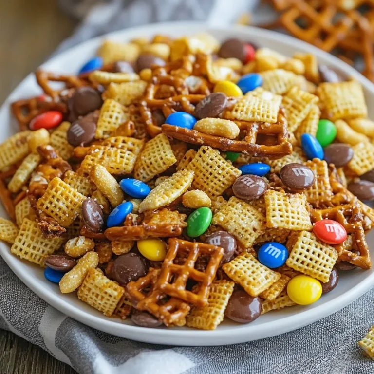 Um einen leckeren Erdnussbutter-Schokoladen-Chex-Mix zu machen, benötigen Sie einige wichtige Zutaten: - 3 Tassen Rice Chex Müsli - 2 Tassen Corn Chex Müsli - 1 Tasse Brezel-Twists - 1 Tasse ungesalzene Erdnüsse - 1 Tasse Schokoladenstückchen (halbherb oder dunkel) - ½ Tasse cremige Erdnussbutter - ¼ Tasse Honig oder Ahornsirup - 1 Teelöffel Vanilleextrakt - ½ Teelöffel Meersalz - Optional: ½ Tasse M&M's oder andere farbenfrohe Süßigkeiten Diese Zutaten sorgen für einen tollen Mix aus Knusprigkeit und Süße. Die Chex-Müslis geben die perfekte Basis. Sie können den Chex-Mix nach Ihren Wünschen anpassen. Fügen Sie verschiedene Nüsse hinzu, wie Mandeln oder Cashews. Sie können auch andere Cerealien verwenden, wenn Sie möchten. Für einen extra Crunch sind Karamellstückchen oder Kokosraspel eine tolle Idee. Wenn Sie den Mix für Kinder machen, können Sie mehr Süßigkeiten hinzufügen. M&M's machen alles bunter und lustiger. Seien Sie kreativ und passen Sie die Zutaten an Ihren Geschmack an! Die Qualität der Zutaten ist wichtig. Verwenden Sie frische Nüsse und hochwertige Schokolade. Bio-Zutaten können auch besser schmecken und sind oft gesünder. Achten Sie darauf, dass die Erdnussbutter cremig und ohne Zuckerzusatz ist. Die richtige Qualität macht einen großen Unterschied im Geschmack Ihres Chex-Mix. Wenn alles frisch ist, wird Ihr Snack einfach köstlich! {{ingredient_image_2}} Zuerst bereite ich die Basis für meinen Erdnussbutter-Schokoladen-Chex-Mix vor. In einer großen Schüssel vermenge ich 3 Tassen Rice Chex, 2 Tassen Corn Chex, 1 Tasse Brezel-Twists und 1 Tasse ungesalzene Erdnüsse. Ich rühre vorsichtig, bis alles gut verteilt ist. So stellen wir sicher, dass jeder Bissen eine tolle Mischung bietet. Jetzt kommt der spannende Teil: die Schokoladenmischung! Ich gebe 1 Tasse Schokoladenstückchen, ½ Tasse cremige Erdnussbutter, ¼ Tasse Honig oder Ahornsirup, 1 Teelöffel Vanilleextrakt und ½ Teelöffel Meersalz in eine mikrowellengeeignete Schüssel. Dann erhitze ich die Mischung in der Mikrowelle in 30-Sekunden-Intervallen. Ich rühre jedes Mal um, bis die Mischung glatt und vollständig geschmolzen ist. So bleibt die Schokolade schön cremig. Nun ist es Zeit, die geschmolzene Schokoladenmischung über die trockenen Zutaten zu gießen. Ich mache das langsam und gleichmäßig. Mit einem Spatel falte ich die Mischung vorsichtig. Mein Ziel ist es, sicherzustellen, dass alle trockenen Zutaten gut bedeckt sind. Das gibt jedem Bissen den perfekten Schokoladengeschmack. Jetzt verteile ich den überzogenen Chex-Mix gleichmäßig auf ein großes Backblech mit Backpapier. Ich lasse ihn bei Raumtemperatur etwa 30-45 Minuten abkühlen. Um es schneller fest werden zu lassen, kann ich ihn auch in den Kühlschrank stellen. Wenn die Mischung fest ist, ist es einfacher, sie zu brechen. Sobald alles fest ist, breche ich die Mischung in Stücke. Ich lagere sie in einem luftdichten Behälter oder serviere sie sofort! Um es schön zu machen, kann ich den Chex-Mix in einer schönen Schüssel anrichten und mit bunten Süßigkeiten garnieren. So wird er zum perfekten Snack für jede Gelegenheit. Um die Schokolade perfekt zu schmelzen, benutze die Mikrowelle. Das funktioniert einfach und schnell. Stelle die Mikrowelle auf niedrige Leistung. Erwärme die Schokoladenstückchen in 30-Sekunden-Intervallen. Rühre die Mischung jedes Mal gut um. So wird die Schokolade gleichmäßig flüssig. Achte darauf, dass die Schokolade nicht anbrennt. Wenn sie glatt ist, ist sie bereit zur Verwendung. Um eine gleichmäßige Beschichtung zu erreichen, mische die geschmolzene Schokolade gut mit den trockenen Zutaten. Gieße die Schokoladenmischung langsam über die Chex und Brezeln. Verwende einen Spatel, um alles vorsichtig zu falten. Achte darauf, dass jede Ecke gut bedeckt ist. So schmeckt jeder Bissen lecker. Du kannst den Chex-Mix nach deinem Geschmack anpassen. Füge verschiedene Nüsse hinzu, wie Mandeln oder Cashews. Auch Trockenfrüchte wie Cranberries oder Aprikosen sind spannend. Für einen extra Crunch, probiere Karamellstückchen oder Popcorn. Möchtest du es schokoladiger? Nutze Schokoladenstückchen in verschiedenen Sorten. So machst du diesen Snack ganz nach deinem Wunsch. Pro Tipps Zusätzliche Textur: Fügen Sie geröstete Mandeln oder Cashewnüsse hinzu, um dem Chex-Mix eine zusätzliche Knusprigkeit und Textur zu verleihen. Schokoladenvariationen: Experimentieren Sie mit verschiedenen Schokoladensorten, wie weißer Schokolade oder Milchschokolade, um unterschiedliche Geschmacksrichtungen zu erzielen. Lagertipps: Bewahren Sie den Chex-Mix in einem luftdichten Behälter auf, um die Frische zu bewahren und ihn länger haltbar zu machen. Personalisierung: Fügen Sie Ihre Lieblingssüßigkeiten oder Trockenfrüchte hinzu, um den Chex-Mix an Ihren persönlichen Geschmack anzupassen. {{image_4}} Erdnussbutter-Schokoladen-Chex-Mix ist flexibel. Sie können verschiedene Nüsse verwenden. Mandeln, Cashews oder Haselnüsse passen gut. Für einen extra Crunch probieren Sie geröstete Sonnenblumenkerne. Auch vorgeschlagene Snacks machen Spaß. Sie können Karamell-Popcorn oder Reiscracker hinzufügen. Diese Variationen machen Ihr Snack-Erlebnis bunter und interessanter. Der Mix lässt sich leicht anpassen. Sie können andere Süßigkeiten hinzufügen. Probieren Sie weiße Schokolade oder Erdnuss-Schokoladenstückchen. Wenn Sie es fruchtig mögen, fügen Sie getrocknete Cranberries oder Rosinen hinzu. Bunte Streusel sind auch eine tolle Idee. Diese Toppings bringen Farbe und Spaß auf den Tisch. Für Allergiker gibt es Lösungen. Verwenden Sie Sonnenblumenschoten anstelle von Erdnüssen. Achten Sie darauf, glutenfreie Chex-Müslis zu wählen. Bei Süßigkeiten können Sie zuckerfreie Optionen verwenden. Auch vegane Schokolade ist eine gute Wahl. So kann jeder mit genießen. Um den Erdnussbutter-Schokoladen-Chex-Mix frisch zu halten, verwenden Sie einen luftdichten Behälter. Dieser Behälter schützt vor Feuchtigkeit und hält den Mix knusprig. Lagern Sie ihn an einem kühlen, trockenen Ort, wie Ihrer Speisekammer oder einem Küchenschrank. Vermeiden Sie direkte Sonneneinstrahlung, da dies die Schokolade schmelzen kann. Um die Haltbarkeit zu verlängern, können Sie einige einfache Tipps befolgen: - Fügen Sie keine frischen Zutaten hinzu, die schnell verderben. - Lagern Sie den Chex-Mix nicht neben stark riechenden Lebensmitteln. - Verwenden Sie frische Zutaten, besonders bei Nüssen und Schokolade. - Wenn Sie den Mix länger aufbewahren möchten, können Sie ihn auch im Gefrierschrank lagern. Stellen Sie sicher, dass er in einem geeigneten Behälter ist. Wenn Sie den Chex-Mix wieder genießen möchten, können Sie ihn leicht aufwärmen. Geben Sie ihn für etwa 5-10 Minuten bei niedriger Temperatur in den Ofen. Dies macht ihn wieder knusprig. Für Serviervorschläge: - Richten Sie den Chex-Mix in einer schönen Schüssel an. - Fügen Sie einen bunten Mix aus M&M's oder anderen Süßigkeiten hinzu. - Servieren Sie ihn als Snack bei Partys oder einfach zum Naschen zwischendurch. Genießen Sie die Vielfalt der Aromen und die knusprige Textur! Erdnussbutter-Schokoladen-Chex-Mix bleibt frisch für etwa eine Woche. Bewahre ihn in einem luftdichten Behälter auf. So bleibt der Mix knusprig und lecker. Vermeide Feuchtigkeit, damit die Textur nicht leidet. Ja, du kannst die Schokolade ersetzen. Nutze weiße Schokolade oder Caramel. Diese Alternativen verleihen deinem Mix einen neuen Geschmack. Probiere verschiedene Sorten aus, um deine Lieblingskombination zu finden. Ja, es gibt glutenfreie Optionen. Suche nach glutenfreien Rice und Corn Chex. Achte auch auf glutenfreie Brezel-Twists. So kannst du den Snack ohne Gluten genießen und trotzdem köstlich naschen. Ja, dieser Snack ist für Kinder geeignet. Erdnussbutter und Schokolade sind beliebte Zutaten. Achte darauf, keine ganzen Nüsse für kleine Kinder zu verwenden. Du kannst die Mischung mit bunten Süßigkeiten noch aufregender gestalten. Ja, du kannst andere Cerealien verwenden. Müsli oder andere knusprige Cerealien passen gut dazu. Experimentiere mit verschiedenen Texturen und Geschmäckern, um deinen eigenen Chex-Mix zu kreieren. Erdnussbutter-Schokoladen-Chex-Mix ist einfach und lecker. Wir haben die Hauptzutaten, Anpassungen, und die Qualität besprochen. Ich habe auch eine Schritt-für-Schritt-Anleitung gegeben, um dir zu helfen. Tipps zum Schmelzen der Schokolade und Variationen für jeden Geschmack sind wichtig. Lagerungshinweise schützen deinen Snack. Deine Fragen zu Haltbarkeit und Allergien wurden beantwortet. Experimentiere mit den Zutaten und finde deinen Favoriten. Viel Spaß beim Zubereiten und Genießen!