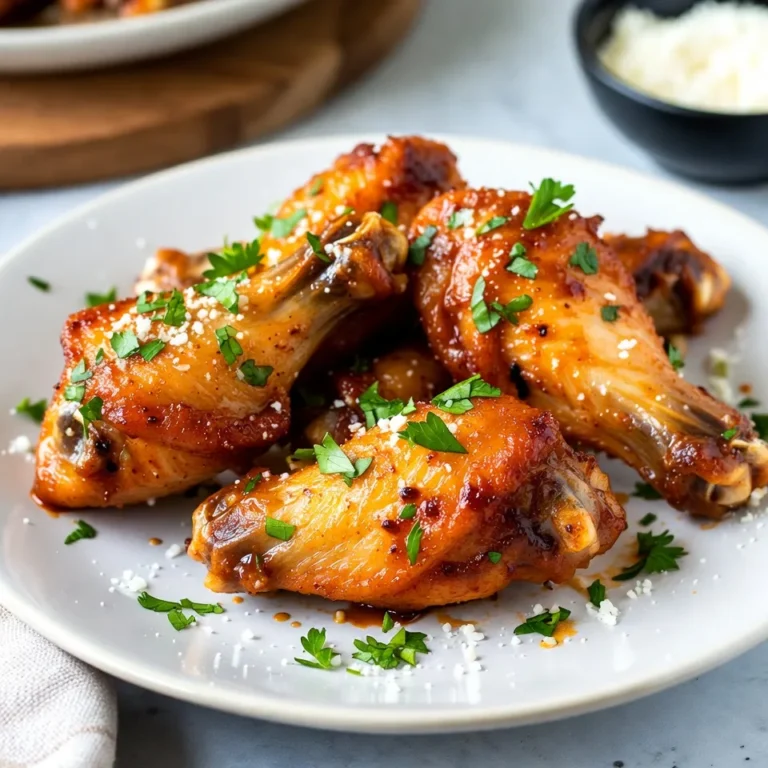 Um die besten Knoblauch Parmesan Hähnchenflügel zu machen, brauchst du: - 900 Gramm Hähnchenflügel - 120 ml ungesalzene Butter, geschmolzen - 6 Knoblauchzehen, fein gehackt - 120 g geriebener Parmesan - 1 Teelöffel getrocknete Petersilie (oder 1 Esslöffel frische Petersilie, gehackt) - 1 Teelöffel Zitronenschale - 1/2 Teelöffel Salz - 1/4 Teelöffel schwarzer Pfeffer - Optional: rote Pfefferflocken für Schärfe Achte darauf, frische Hähnchenflügel zu wählen. Sie sollten rosig und fest sein. Vermeide Flügel mit Verfärbungen oder einem unangenehmen Geruch. Bei Knoblauch wähle feste Zehen ohne Sprösslinge. Frischer Parmesan hat den besten Geschmack. Wenn du frische Petersilie nutzt, greife nach leuchtend grünen Blättern. Wenn du keine ungesalzene Butter hast, verwende gesalzene Butter, aber verringere das Salz im Rezept. Du kannst auch Olivenöl anstelle von Butter verwenden, um ein leichteres Gericht zu erhalten. Bei Parmesan kann Pecorino eine würzige Alternative sein. Für einen anderen Geschmack kannst du auch frischen Knoblauch durch Knoblauchpulver ersetzen, aber die Menge anpassen. {{ingredient_image_2}} Heize deinen Ofen auf 200°C vor. Das ist wichtig für knusprige Flügel. Lege ein Backblech mit Backpapier oder Aluminiumfolie aus. So bleibt das Blech sauber und die Flügel kleben nicht. Nimm 900 Gramm Hähnchenflügel. Tupfe sie mit Papiertüchern trocken. Das entfernt die Feuchtigkeit. So werden sie beim Backen schön knusprig. Gib die Flügel in eine große Schüssel. Jetzt kommt der leckere Teil! Nimm eine separate Schüssel. Mische 120 ml geschmolzene Butter mit 6 fein gehackten Knoblauchzehen. Füge 120 g geriebenen Parmesan, 1 Teelöffel getrocknete Petersilie, 1 Teelöffel Zitronenschale, 1/2 Teelöffel Salz und 1/4 Teelöffel schwarzen Pfeffer hinzu. Rühre alles gut um, bis es gleichmäßig ist. Gieße die Knoblauch-Butter-Mischung über die Hähnchenflügel. Tossiere sie gut, damit alle Flügel bedeckt sind. Wenn du es scharf magst, füge rote Pfefferflocken hinzu. Lege die Flügel in einer einzelnen Schicht auf das Backblech. Backe sie 30-35 Minuten. Wende sie nach 15 Minuten, bis sie goldbraun sind. Nimm die Hähnchenflügel aus dem Ofen. Gib ihnen einen finalen Toss in der restlichen Knoblauch-Butter-Mischung. Lass sie einige Minuten ruhen. Richte die Flügel auf einer Servierplatte an. Streue nach Belieben mehr Parmesan und Petersilie darüber. So sehen sie toll aus und schmecken noch besser! Um deine Hähnchenflügel knusprig zu machen, ist die Vorbereitung entscheidend. Tupfe die Flügel gut trocken. Feuchtigkeit macht sie weich. Ein weiterer Trick ist, die Flügel auf einem Rost zu backen. So kann die Luft zirkulieren. Dadurch wird die Haut gleichmäßiger knusprig. Wenn du noch mehr Crunch willst, bestreue sie vor dem Backen mit etwas Maisstärke. Es gibt viele Wege, diese Flügel zu variieren. Du kannst zum Beispiel verschiedene Gewürze hinzufügen. Paprika gibt ein rauchiges Aroma. Wenn du es schärfer magst, füge mehr rote Pfefferflocken hinzu. Du kannst auch verschiedene Käsesorten verwenden. Feta oder Gouda geben einen neuen Geschmack. Experimentiere mit frischen Kräutern wie Rosmarin oder Thymian für einen frischen Kick. Hähnchenflügel passen gut zu vielen Beilagen. Serviere sie mit einem frischen Salat für einen gesunden Kontrast. Karotten und Sellerie mit Ranch-Dip sind ebenfalls beliebt. Pommes oder Nachos sind tolle Begleiter für einen Snackabend. Du kannst auch Reis oder Quinoa als sättigende Beilage wählen. Pro Tipps Hähnchenflügel trocken tupfen: Das Abtrocknen der Hähnchenflügel sorgt dafür, dass sie beim Backen knusprig werden, da überschüssige Feuchtigkeit verhindert wird. Frischen Knoblauch verwenden: Verwende frischen Knoblauch anstelle von Pulver, um einen intensiveren Geschmack und ein besseres Aroma zu erzielen. Zitronenschale nicht vergessen: Die Zitronenschale bringt eine frische Note in die Mischung und hebt den Geschmack der Hähnchenflügel hervor. Für extra Knusprigkeit: Du kannst die Flügel in den letzten 5 Minuten bei Grillfunktion backen, um eine noch knusprigere Oberfläche zu erhalten. {{image_4}} Du kannst die Knoblauch-Parmesan Hähnchenflügel ganz nach deinem Geschmack anpassen. Experimentiere mit verschiedenen Gewürzen! Hier sind einige Ideen: - Paprika: Fügt eine süße und rauchige Note hinzu. - Cayennepfeffer: Gibt einen extra Kick. - Oregano oder Thymian: Bringt mediterrane Aromen ins Spiel. - Zwiebelpulver: Rundet den Geschmack ab. Mische diese Gewürze einfach in die Knoblauch-Butter-Mischung. So schaffst du eine spannende Geschmacksvielfalt! Parmesan ist großartig, aber du kannst auch andere Käsesorten probieren. Hier sind ein paar leckere Vorschläge: - Pecorino: Hat einen stärkeren, salzigeren Geschmack. - Feta: Gibt einen salzigen, krümeligen Effekt. - Cheddar: Für einen reichhaltigen, cremigen Geschmack. Um die Käsesorte zu ändern, ersetze einfach den Parmesan in der Rezeptur. Du wirst überrascht sein, wie gut die Flügel mit verschiedenen Käsesorten schmecken! Wenn du es gerne scharf magst, füge einfach rote Pfefferflocken hinzu. Hier ist ein einfaches Rezept für scharfe Hähnchenflügel: 1. Bereite die Knoblauch-Butter-Mischung wie im Grundrezept vor. 2. Füge 1-2 Teelöffel rote Pfefferflocken zur Mischung hinzu. 3. Tossiere die Hähnchenflügel gründlich in dieser scharfen Mischung. Diese Variante bringt mehr Hitze und ist perfekt für alle, die es gerne feurig mögen. Lass die Flügel im Ofen knusprig werden und genieße die Schärfe! Wenn du Hähnchenflügel übrig hast, lagere sie richtig. Lass die Flügel zuerst abkühlen. Dann lege sie in einen luftdichten Behälter. Du kannst sie auch in einen Gefrierbeutel legen. So bleiben sie frisch. Stelle sicher, dass die Luft heraus ist, um Gefrierbrand zu vermeiden. Um die Flügel wieder warm zu machen, benutze den Ofen. Heize ihn auf 180°C vor. Lege die Flügel auf ein Backblech und decke sie mit Alufolie ab. So bleiben sie saftig. Nach etwa 10-15 Minuten sind sie wieder heiß. Du kannst die Folie entfernen, um sie knusprig zu machen. Hähnchenflügel halten sich im Kühlschrank etwa 3-4 Tage. Wenn du sie länger aufbewahren willst, friere sie ein. Im Gefrierschrank halten sie bis zu 3 Monate. Achte darauf, das Datum auf dem Behälter zu notieren. So weißt du immer, wie lange sie schon liegen. Die Hähnchenflügel brauchen etwa 30 bis 35 Minuten im Ofen. Du backst sie bei 200°C. Wende die Flügel nach der Hälfte der Zeit. So werden sie gleichmäßig knusprig. Ja, du kannst die Flügel frittieren! Erhitze das Öl auf 180°C. Frittiere die Flügel für etwa 8 bis 10 Minuten. Achte darauf, dass sie goldbraun und knusprig sind. Beliebte Dips sind BBQ-Sauce, Blauschimmelkäse-Dressing und Ranch-Dressing. Diese passen perfekt zu den herzhaften Flügeln und machen sie noch schmackhafter. Ja, du kannst die Hähnchenflügel im Voraus zubereiten. Bereite sie bis zum Backen vor und lege sie in den Kühlschrank. Backe sie dann frisch, wenn du bereit bist zu servieren. In diesem Artikel haben wir die besten Zutaten für Hähnchenflügel besprochen. Ich gab Tipps für die Auswahl und Alternativen. Dann folgten eine Schritt-für-Schritt-Anleitung und wichtige Tipps zur Zubereitung. Variationen für mehr Geschmack und die richtige Lagerung waren ebenso wichtig. Hähnchenflügel sind einfach und lecker. Sie bieten viele Möglichkeiten, kreativ zu sein. Nutze die Tipps und genieße selbstgemachte Flügel mit Familie und Freunden.